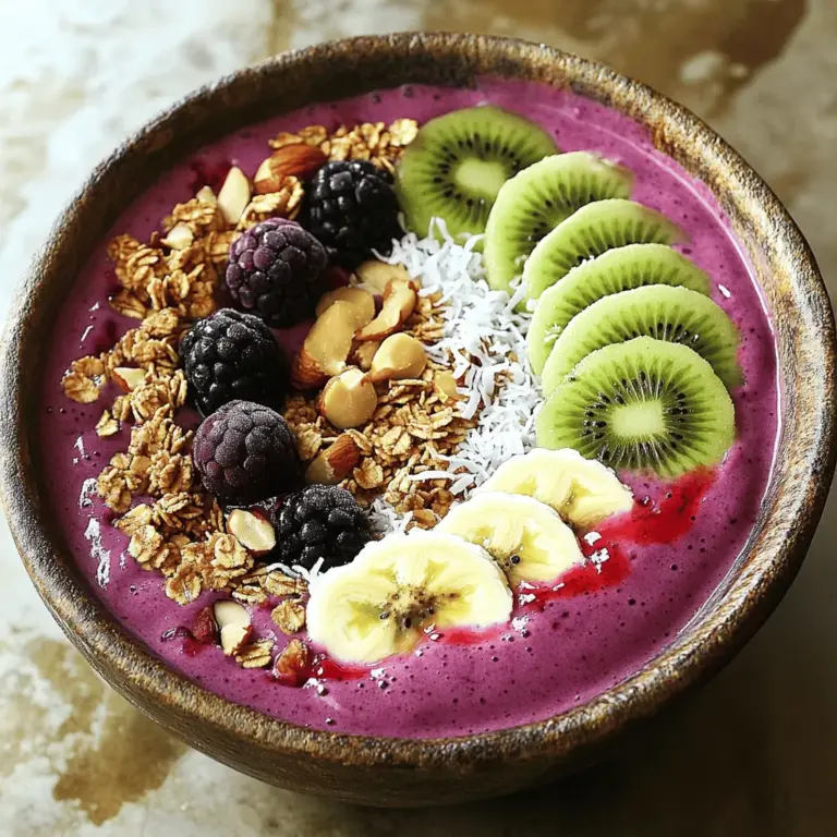 Für einen leckeren Berry Smoothie Bowl brauchst du diese Hauptzutaten: - 1 Tasse gefrorene gemischte Beeren (Erdbeeren, Heidelbeeren, Himbeeren) - 1 Banane, in Scheiben geschnitten und gefroren - 1/2 Tasse griechischer Joghurt (oder pflanzlicher Joghurt für eine vegane Option) - 1/2 Tasse Mandelmilch (oder jede Milch nach Wahl) - 1 Esslöffel Chiasamen - 1 Esslöffel Honig oder Ahornsirup (optional für zusätzliche Süße) Diese Zutaten sorgen für einen cremigen und fruchtigen Geschmack. Die gefrorenen Beeren geben dem Smoothie eine schöne Kälte und die Banane macht ihn süß und dick. Joghurt fügt Protein hinzu, während Chiasamen für Ballaststoffe sorgen. Die Toppings machen deinen Smoothie Bowl besonders. Hier sind meine Favoriten: - Frisch geschnittene Früchte (Kiwi, Banane) - Granola - Kokosraspeln - Nüsse (Mandeln oder Walnüsse) Diese Toppings bringen Textur und zusätzliche Nährstoffe. Du kannst sie kreativ anrichten, um eine schöne Präsentation zu erzielen. Frisches Obst bringt Farbe und den Crunch von Granola macht das Ganze spannend. Es gibt viele Möglichkeiten, deinen Berry Smoothie Bowl zu variieren. Hier einige Ideen: - Spinat oder Grünkohl für einen grünen Smoothie - Proteinpulver für einen Proteinboost - Erdnussbutter oder Mandelbutter für einen nussigen Geschmack Diese Zutaten fügen mehr Nährstoffe hinzu und machen dein Frühstück noch nahrhafter. Experimentiere mit verschiedenen Kombinationen, um deinen perfekten Smoothie Bowl zu finden. Für die vollständige Anleitung empfehle ich, die [Full Recipe] zu besuchen. Zuerst bereite alle Zutaten vor. Du brauchst gefrorene Beeren, eine gefrorene Banane, griechischen Joghurt, Mandelmilch, Chiasamen und etwas Honig oder Ahornsirup. Mische alles in einem Mixer. Achte darauf, dass die Beeren und die Banane gut gefroren sind. So wird dein Smoothie schön kalt und cremig. Mixe alles auf hoher Stufe, bis die Mischung glatt ist. Wenn es zu dick ist, füge mehr Mandelmilch hinzu. Das macht es einfacher, alles zu mixen. Jetzt kommt der kreative Teil! Gieße den Smoothie in eine Schüssel. Dekoriere die Oberfläche mit frischen Früchten wie Kiwi und Banane. Streue etwas Granola darüber für den Crunch. Kokosraspeln und Nüsse sind tolle Toppings. Du kannst auch essbare Blüten verwenden. Sie sehen hübsch aus und schmecken gut. Die perfekte Konsistenz ist wichtig. Sie sollte dick, aber nicht fest sein. Du willst, dass der Smoothie vom Löffel fließt, aber nicht zu schnell. Wenn du mehr Flüssigkeit brauchst, füge etwas Mandelmilch hinzu. Wenn du es dicker magst, benutze weniger Milch oder mehr gefrorene Früchte. Experimentiere, bis du deine ideale Konsistenz gefunden hast. Wähle frische oder gefrorene Beeren. Achte auf leuchtende Farben und festen Druck. Erdbeeren, Himbeeren und Heidelbeeren sind ideal. Du kannst auch gemischte Beeren verwenden. Sie bringen verschiedene Aromen in deinen Smoothie Bowl. Gefrorene Beeren sind perfekt für eine cremige Konsistenz. Sie machen deinen Smoothie frisch und kühl. Ein häufiger Fehler ist, nicht genug Flüssigkeit hinzuzufügen. Wenn du die Mischung zu dick machst, kannst du sie nicht gut mixen. Beginne mit der empfohlenen Menge Mandelmilch. Falls nötig, füge nach und nach mehr hinzu. Achte darauf, dass der Mixer gut funktioniert. Stoppe den Mixer zwischendurch, um die Mischung zu prüfen. So vermeidest du Klumpen. Du kannst die Rezeptur ganz einfach anpassen. Füge weitere Früchte hinzu, wie Kiwi oder Mango. Für mehr Süße kannst du Honig oder Ahornsirup verwenden. Experimentiere mit Nüssen oder Samen für mehr Textur. Jeder kann seinen eigenen Stil finden. So wird der Berry Smoothie Bowl immer lecker und spannend. Schau dir die Full Recipe für alle Details an. {{image_4}} Für eine vegane Variante verwende pflanzlichen Joghurt. Du kannst Kokos- oder Sojajoghurt wählen. Diese Optionen sind cremig und lecker. Der Rest des Rezepts bleibt gleich. Du kannst auch Mandelmilch oder Hafermilch nutzen. So bleibt der Geschmack frisch und fruchtig. Willst du mehr Protein? Füge einen Esslöffel Proteinpulver hinzu. Das passt gut zu den Beeren. Auch Nussbutter ist eine tolle Wahl. Mandel- oder Erdnussbutter setzen einen schönen Akzent. Diese Zutaten machen den Smoothie sättigender und nahrhafter. Sei kreativ mit deinen Früchten! Probiere Mango, Ananas oder sogar Spinat. Diese Zutaten bringen neue Aromen in deinen Smoothie Bowl. Die Kombination aus frischen Früchten macht den Smoothie bunt und einladend. Du kannst auch Zitrusfrüchte hinzufügen für einen frischen Kick. Um deinen Berry Smoothie Bowl frisch zu halten, stelle sicher, dass du ihn in einem luftdichten Behälter aufbewahrst. So bleibt er bis zu zwei Tage im Kühlschrank gut. Achte darauf, die Schüssel gut zu verschließen, um den Geschmack zu bewahren. Wenn du ihn nicht sofort essen kannst, halte die Toppings getrennt. So bleibt alles knusprig und frisch. Beeren und Bananen sind einfach einzufrieren. Lege die Beeren auf ein Backblech und friere sie ein, bis sie fest sind. Danach kannst du sie in einen Beutel geben. Für die Bananen schneide sie in Scheiben und lege sie in einen luftdichten Behälter. So hast du immer frische Zutaten bereit, wenn du einen Smoothie machen möchtest. Diese Methode hilft, den Geschmack und die Nährstoffe zu erhalten. Wenn du Reste von deinem Berry Smoothie Bowl hast, kannst du sie kreativ nutzen. Füge die Reste in Pancake-Teig hinzu oder mixe sie in Joghurt für einen schnellen Snack. Du kannst auch Eiswürfelformen verwenden, um Smoothie-Würfel zu machen. Diese kannst du später in Wasser oder Limonade geben, um einen leckeren Fruchtgeschmack zu erhalten. So verschwenden wir keine Zutaten und nutzen alles optimal aus. Ein Berry Smoothie Bowl hat etwa 250 bis 400 Kalorien pro Portion. Die genauen Kalorien hängen von den Zutaten ab. Wenn du mehr Toppings hinzufügst, steigt die Kalorienzahl. Zum Beispiel, wenn du Nüsse oder Honig verwendest, werden die Kalorien höher. Um die Kalorien zu senken, kannst du weniger Süßungsmittel oder Toppings verwenden. Ja, du kannst gefrorene Beeren statt frischer Beeren verwenden. Gefrorene Beeren sind oft günstiger und haben einen ähnlichen Nährwert. Sie sind auch praktisch, da du sie immer zur Hand hast. Gefrorene Beeren geben dem Smoothie eine cremige Konsistenz und kühlen ihn. Achte darauf, die Beeren ein wenig länger zu mixen, wenn sie gefroren sind. Du kannst deinen Smoothie bis zu zwei Tage im Kühlschrank aufbewahren. Um die Frische zu erhalten, decke die Schüssel gut ab. Der Smoothie kann sich mit der Zeit trennen, aber das ist normal. Rühre ihn einfach gut um, bevor du ihn genießt. Wenn du ihn länger aufbewahren möchtest, friere ihn einfach ein. Der Berry Smoothie Bowl ist einfach und lecker. Er enthält viele gesunde Zutaten, die du nach deinem Geschmack anpassen kannst. Du kannst eine Vielzahl von Beeren und Toppings verwenden, um die Schüssel zu dekorieren. Vergiss nicht, die richtigen Tipps beim Mixen zu beachten. Experimentiere mit verschiedenen Obstsorten für neue Varianten. Denke daran, Reste gut aufzubewahren und richtig einzufrieren. Probiere deine eigene Version aus und genieße die vielen Vorteile eines gesunden Frühstücks oder Snacks.