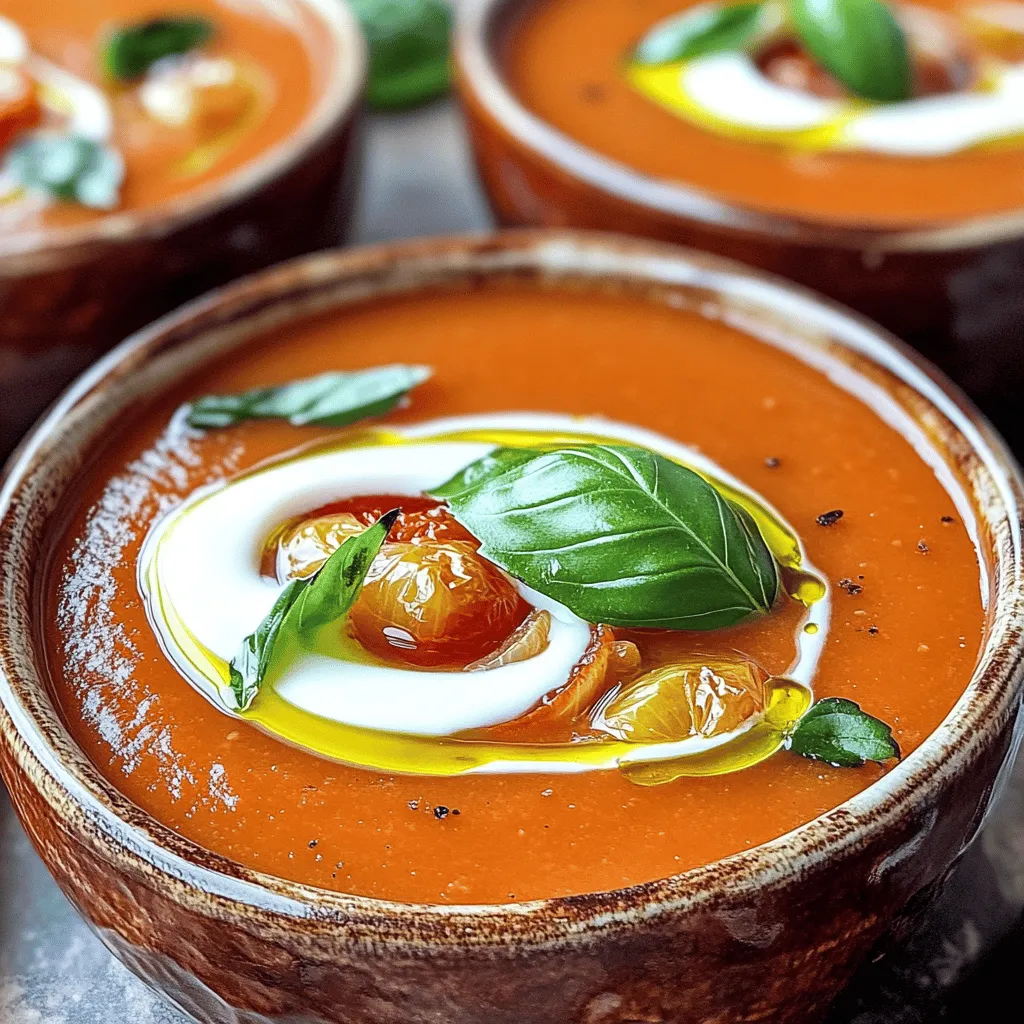 - 900 g reife Tomaten - 1 mittelgroße Zwiebel - 4 Knoblauchzehen Die Hauptzutaten sind einfach und frisch. Reife Tomaten bringen den besten Geschmack. Wähle die Tomaten mit der besten Farbe. Eine gute Zwiebel gibt der Suppe Tiefe. Knoblauch sorgt für ein tolles Aroma. Diese Zutaten sind die Basis für eine großartige Suppe. - 2 Esslöffel Olivenöl - 1 Teelöffel getrocknetes Basilikum - 1 Liter Gemüsebrühe Olivenöl hilft, die Aromen zu vereinen. Es gibt der Suppe einen reichhaltigen Geschmack. Getrocknetes Basilikum verleiht der Suppe Frische. Gemüsebrühe ist wichtig für die Flüssigkeit und den Geschmack. Sie sorgt dafür, dass die Suppe vollmundig wird. - 120 ml Sahne - Frische Basilikumblätter Die Sahne macht die Suppe cremiger. Sie ist nicht notwendig, aber sehr lecker. Frische Basilikumblätter sorgen für eine schöne Garnierung. Diese Zutaten sind optional, aber sie bringen mehr Geschmack und Farbe. Für das vollständige Rezept, schau dir das [Full Recipe] an. Heize deinen Ofen auf 200 °C vor. Das sorgt für eine perfekte Röstung. Nimm nun die Tomaten, Zwiebel und Knoblauch. Halbiere die Tomaten und viertel die Zwiebel. Lege alles gleichmäßig auf ein großes Backblech. Das Gemüse sollte gut Platz haben. Beträufle es dann mit Olivenöl. Streue getrocknetes Basilikum, Oregano, Zucker, Salz und Pfeffer darüber. Vermische alles gut. So verteilen sich die Gewürze gleichmäßig. Schiebe das Backblech in den heißen Ofen. Röste das Gemüse für etwa 25 bis 30 Minuten. Die Tomaten sollten karamellisiert sein und das Gemüse zart. Nimm das Blech aus dem Ofen. Lass die Mischung kurz abkühlen. Das macht das Pürieren einfacher und sicherer. Gib das geröstete Gemüse in einen großen Topf. Füge die Gemüsebrühe hinzu. Jetzt kommt der spannende Teil: Püriere alles mit einem Stabmixer, bis es ganz glatt ist. Alternativ kannst du alles in einem Standmixer pürieren. Wenn du eine cremige Suppe magst, rühre die Sahne ein. Das gibt einen schönen Geschmack! Wärme die Suppe bei niedriger Hitze auf, bis sie warm ist. Kosten nicht vergessen! Passe die Würze mit Salz und Pfeffer an. Serviere die Suppe heiß und garniere sie mit frischen Basilikumblättern. Für mehr Details schaue dir das Full Recipe an. Die Wahl der Tomaten ist wichtig. Ich empfehle, reife, saftige Tomaten zu verwenden. Romatomaten oder San-Marzano-Tomaten sind ideal, da sie süß und aromatisch sind. Sie geben der Suppe einen tollen Geschmack. Setzen Sie die Gewürze richtig ein. Basilikum und Oregano passen gut zu Tomaten. Ein Teelöffel Zucker hilft, die Säure der Tomaten auszugleichen. Salz und Pfeffer sind wichtig für den Geschmack. Experimentieren Sie, um Ihre perfekte Mischung zu finden. Die Suppe schmeckt gut mit knusprigem Brot oder Croutons. Sie können das Brot auch rösten, um mehr Textur zu bekommen. Das macht das Essen noch besser. Kreative Garnierungen geben der Suppe das gewisse Etwas. Frische Basilikumblätter sind ein schöner Farbkontrast. Auch ein Spritzer Olivenöl oder ein Klecks Sahne wirken toll. So wird Ihre Suppe noch ansprechender. Um Zeit zu sparen, bereiten Sie alles im Voraus vor. Schneiden Sie das Gemüse, während der Ofen vorheizt. Wenn Sie die Zutaten schnell rösten, sparen Sie Zeit. Die gesamte Zubereitungszeit beträgt nur 40 Minuten. Dies macht die Suppe perfekt für ein schnelles Abendessen. Wenn Sie alles gut planen, bleibt Ihnen mehr Zeit zum Genießen. Für das vollständige Rezept schauen Sie sich das [Full Recipe] an. {{image_4}} Für eine spannende Tomatensuppe kannst du andere Gemüse hinzufügen. Paprika bringt Süße und Farbe. Karotten fügen eine sanfte Süße hinzu. Du kannst auch Zucchini oder Sellerie verwenden. Diese Gemüse machen die Suppe noch nahrhafter. Für die Gewürze gibt es viele Optionen. Chili kann die Suppe schön scharf machen. Kreuzkümmel gibt einen warmen, erdigen Geschmack. Experimentiere mit verschiedenen Kräutern, um deine perfekte Mischung zu finden. Wenn du eine vegane Option möchtest, lass die Sahne einfach weg. Die Suppe bleibt trotzdem cremig und lecker. Du kannst auch Kokosmilch verwenden, um eine andere Geschmacksrichtung zu erzielen. Low-Carb-Fans sollten die Karotten reduzieren. Stattdessen kannst du mehr Zucchini oder Blumenkohl hinzufügen. Diese Optionen halten die Suppe leicht und gesund. Wenn du eine cremigere Suppe magst, füge mehr Sahne hinzu. Du kannst auch Cashew-Creme verwenden, um es vegan zu halten. Eine andere gute Option ist griechischer Joghurt. Er macht die Suppe reichhaltig und gibt einen tollen Geschmack. Mit diesen Variationen kannst du deine Suppe immer wieder neu entdecken. Probiere die Vorschläge aus und finde deine Lieblingsversion. Für das vollständige Rezept schau dir [Full Recipe] an. Die beste Lagerung der Suppe erfolgt im Kühlschrank. Stellen Sie sicher, dass die Suppe in einem luftdichten Behälter ist. So bleibt sie frisch. Die optimale Temperatur liegt bei etwa 4 °C. Die Suppe bleibt im Kühlschrank bis zu fünf Tage haltbar. Achten Sie darauf, sie gut zu kennzeichnen. So wissen Sie immer, wann sie gekocht wurde. Das Einfrieren der Suppe ist einfach. Lassen Sie die Suppe zunächst auf Raumtemperatur abkühlen. Füllen Sie sie dann in gefriergeeignete Behälter. Lassen Sie dabei etwas Platz zum Ausdehnen. Zum Auftauen legen Sie die gefrorene Suppe über Nacht in den Kühlschrank. Alternativ können Sie sie in der Mikrowelle auftauen. Erwärmen Sie die Suppe langsam auf mittlerer Stufe, um ein Überkochen zu vermeiden. Verwenden Sie Glasbehälter oder robuste Kunststoffbehälter. Diese Materialien sind ideal für die Lagerung. Achten Sie darauf, die Behälter gut zu verschließen. So bleibt der Geschmack der Suppe erhalten. Vermeiden Sie die Verwendung von Metallbehältern zum Einfrieren. Metall kann die Suppe schnell gefrieren, was die Textur beeinträchtigt. Für die beste Qualität genießen Sie die Suppe frisch. Sie können auch das [Full Recipe] ausprobieren. Die Suppe hält sich gut im Kühlschrank. Du kannst sie dort bis zu fünf Tage lagern. Stelle sicher, dass du die Suppe in einem luftdichten Behälter aufbewahrst. Wenn du die Suppe länger aufbewahren möchtest, friere sie ein. Sie bleibt bis zu drei Monate im Gefrierfach frisch. Achte darauf, die Suppe in Portionen einzufrieren, damit du sie leichter auftauen kannst. Ja, frische Tomaten sind eine tolle Wahl! Du kannst sie anstelle von Dosen-Tomaten verwenden. Wähle reife, saftige Tomaten für den besten Geschmack. Du wirst eine große Veränderung in der Frische und dem Aroma bemerken. Achte darauf, die Tomaten gut zu rösten, um die Aromen zu intensivieren. Wenn du eine vegane Option suchst, gibt es viele Alternativen. Du kannst Kokosmilch oder Cashew-Sahne verwenden. Beide geben der Suppe eine cremige Konsistenz. Eine Mischung aus Püree von weißen Bohnen und Gemüsebrühe kann auch gut funktionieren. Diese Optionen machen die Suppe genauso lecker und cremig. Um die Suppe würziger zu machen, füge mehr Gewürze hinzu. Chili-Flocken oder Cayenne-Pfeffer geben einen scharfen Kick. Du kannst auch frische Kräuter wie Thymian oder Schnittlauch verwenden. Experimentiere mit verschiedenen Gewürzen, um deinen eigenen Geschmack zu finden. Ein Spritzer Zitronensaft kann auch helfen, die Aromen zu heben. Die Zubereitung einer köstlichen Tomatensuppe ist einfach und macht Spaß. Wir haben wichtige Zutaten wie reife Tomaten, Zwiebeln und Knoblauch verwendet. Das Rösten führt zu einem tollen Geschmack. Experimentiere mit verschiedenen Gewürzen und optionalen Zutaten wie Sahne für einen besonderen Kick. Lagere die Suppe richtig für langanhaltende Frische. Vertraue auf die Tipps, um deine Suppe zu perfektionieren. Am Ende steht eine gesunde, leckere Mahlzeit, die du leicht anpassen kannst. Werde kreativ und genieße deine tolle Tomatensuppe!