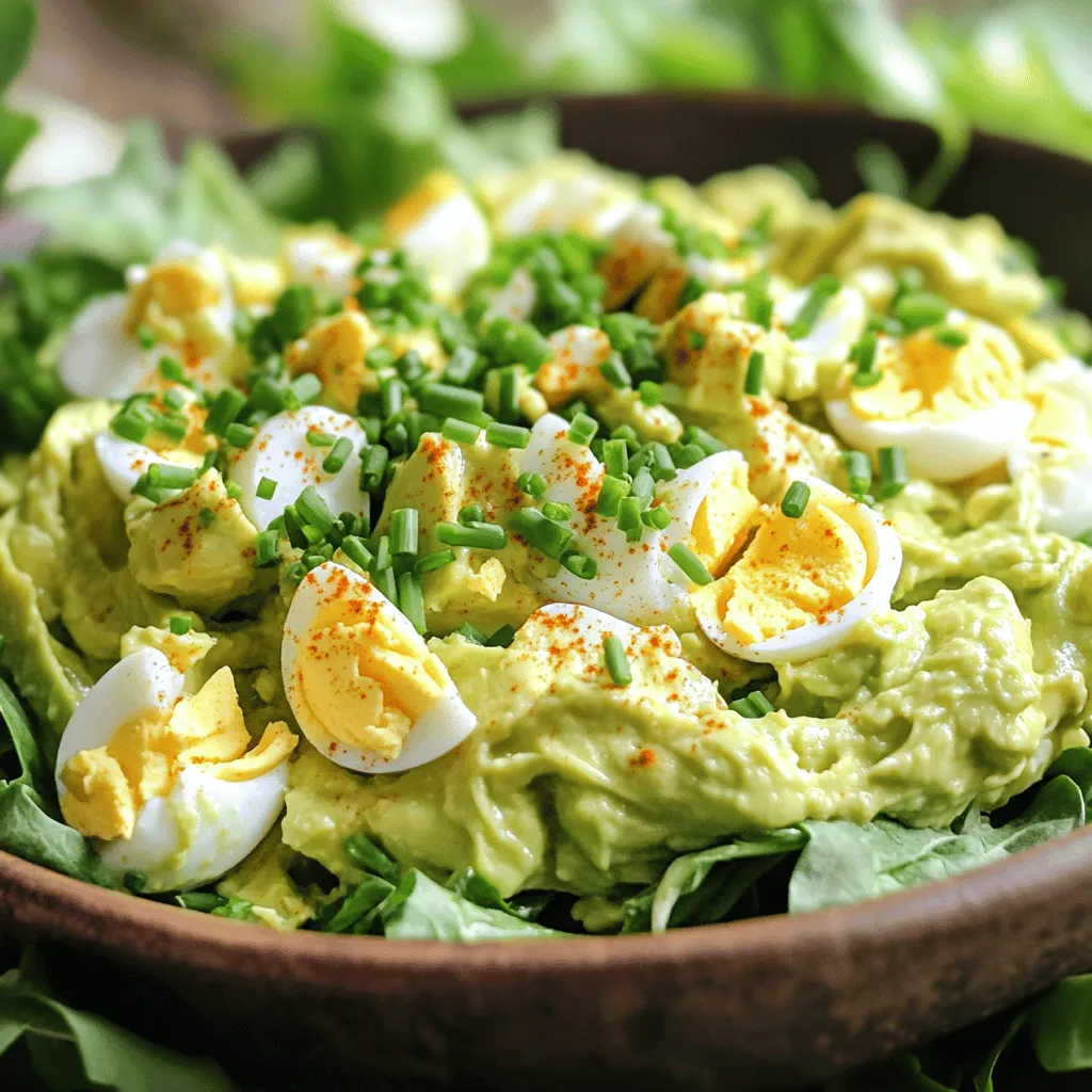 - 4 hartgekochte Eier, grob gehackt - 1 reife Avocado, püriert - 2 Esslöffel griechischer Joghurt Die Hauptzutaten bilden die Basis für den Avocado-Eiersalat. Die hartgekochten Eier sind proteinreich und geben eine schöne Textur. Die reife Avocado sorgt für eine cremige Konsistenz und einen nussigen Geschmack. Griechischer Joghurt fügt Frische hinzu und macht das Gericht leichter. - 1 Esslöffel Dijon-Senf - 1 Esslöffel frischer Zitronensaft - Salz und Pfeffer nach Geschmack Die Würzstoffe bringen den Eiersalat auf das nächste Level. Dijon-Senf gibt eine leichte Schärfe. Frischer Zitronensaft sorgt für eine spritzige Note, die alles aufhellt. Salz und Pfeffer sind wichtig, um die Aromen zu betonen. - 2 Esslöffel frische Schnittlauch, gehackt - 1/4 Teelöffel geräuchertes Paprikapulver Mit den optionalen Zugaben kannst du kreativ werden! Schnittlauch bringt Frische und Farbe in den Salat. Geräuchertes Paprikapulver fügt eine interessante Rauchigkeit hinzu, die das Gericht aufregender macht. Probiere die Full Recipe für alle Details! Um die Eier hart zu kochen, lege sie in einen Topf. Bedecke sie mit Wasser und bringe es zum Kochen. Sobald das Wasser blubbert, decke den Topf ab. Nimm ihn dann vom Herd. Lass die Eier 10 bis 12 Minuten ziehen. Danach gib sie in ein Eisbad für 5 Minuten. Das hilft, die Eier leicht zu schälen. Sobald sie abgekühlt sind, schäle die Eier und hacke sie grob. Nimm die reife Avocado und schneide sie in zwei Hälften. Entferne den Kern und löffle das Fruchtfleisch heraus. In einer Schüssel püriere die Avocado mit einer Gabel. Du kannst sie glatt oder leicht stückig pürieren, je nach deinem Geschmack. Eine stückige Konsistenz macht den Salat interessanter. Füge die grob gehackten Eier zur pürierten Avocado hinzu. Rühre jetzt griechischen Joghurt und Dijon-Senf ein. Press den frischen Zitronensaft hinein und mische alles gut. Achte darauf, die Eier nicht zu zerdrücken. Jetzt kommen die gehackten Schnittlauchringe dazu. Würze die Mischung mit Salz und Pfeffer. Wenn du magst, füge auch geräuchertes Paprikapulver hinzu. Mische vorsichtig, damit die Aromen sich verbinden. Du kannst den Avocado-Eiersalat jetzt in eine schöne Schüssel umfüllen. Für das vollständige Rezept, gehe zu [Full Recipe]. Um die Avocado-Textur optimal zu gestalten, sollten Sie eine reife Avocado wählen. Drücken Sie sanft auf die Schale. Sie sollte leicht nachgeben. Pürieren Sie die Avocado mit einer Gabel, bis sie glatt aber stückig ist. So bleibt die Textur interessant. Vermeiden Sie eine zu starke Zerkleinerung der Eier. Mischen Sie alles sanft, um die Stücke zu erhalten. Für zusätzliche Geschmacksnuancen empfehle ich, frische Kräuter wie Dill oder Petersilie hinzuzufügen. Ein Spritzer Limettensaft bringt Frische. Geräuchertes Paprikapulver gibt einen tollen Kick. Experimentieren Sie mit verschiedenen Senfsorten. Scharfer Senf kann auch gut passen. Diese kleinen Änderungen machen einen großen Unterschied. Präsentation ist wichtig! Servieren Sie den Eiersalat auf einem Feld aus gemischtem Grün. Oder nutzen Sie Avocadohälften als Schalen. Garnieren Sie mit frischem Schnittlauch und einer Prise Paprikapulver. Eine bunte Mischung sieht einladend aus. Verwenden Sie kleine Gläser für eine schicke Option. Dies macht das Essen noch ansprechender. Für das vollständige Rezept, schauen Sie hier: Full Recipe. {{image_4}} Du kannst deinen Avocado-Eiersalat auf viele Arten anpassen. Zum Beispiel, füge kleine gewürfelte Tomaten hinzu. Sie bringen Frische und Farbe. Auch Paprika ist eine gute Wahl. Rote oder gelbe Paprika geben einen süßen Geschmack. Wenn du etwas Schärfe magst, probiere Jalapeños. Diese Zutaten machen den Salat interessanter. Wenn du auf Kohlenhydrate achtest, kannst du die Menge an Joghurt reduzieren. Du kannst auch griechischen Joghurt durch eine vegane Option ersetzen. Ein pflanzlicher Joghurt aus Kokos oder Mandeln passt gut. So bleibt der Salat cremig, aber ohne tierische Produkte. Vegane Essig- oder Senfvarianten sind auch eine gute Idee. Saisonales Gemüse macht den Salat noch besser. Im Frühling kannst du frische Erbsen oder Radieschen verwenden. Im Sommer sind Gurken eine tolle Ergänzung. Sie geben eine knusprige Textur. Im Herbst sind Kürbiswürfel eine interessante Wahl. Für den Winter probiere frische Kräuter wie Petersilie oder Dill. Diese machen den Salat lebendig und schmackhaft. Schau dir auch das Full Recipe an, um mehr Ideen zu bekommen! Richtiges Lagern des Avocado-Eiersalats ist wichtig. Bewahren Sie ihn in einem luftdichten Behälter auf. So bleibt die Frische erhalten. Der Kühlschrank ist der beste Ort. Stellen Sie sicher, dass der Behälter gut verschlossen ist. So verhindern Sie, dass der Salat oxidiert. Wie lange die Reste frisch bleiben, hängt von der Zubereitung ab. Im Kühlschrank bleibt der Avocado-Eiersalat etwa 2 bis 3 Tage frisch. Nach dieser Zeit kann die Avocado braun werden. Die Eier können auch ihren Geschmack verlieren. Prüfen Sie vor dem Essen immer auf Geruch oder Aussehen. Tipps für die optimale Aufbewahrung helfen Ihnen. Teilen Sie den Salat in kleinere Portionen auf. So können Sie immer nur das herausnehmen, was Sie benötigen. Fügen Sie etwas frischen Zitronensaft hinzu, um die Farbe zu bewahren. Dies hilft auch, den Geschmack zu erhalten. Eine gute Methode ist es, den Salat nicht mit anderen Zutaten zu mischen, die schnell verderben. So bleibt alles länger frisch. Der Avocado-Eiersalat bleibt im Kühlschrank 1 bis 2 Tage frisch. Um die Qualität zu bewahren, sollten Sie ihn in einem luftdichten Behälter aufbewahren. Die Avocado kann jedoch schnell braun werden. Fügen Sie etwas Zitronensaft hinzu, um die Farbe zu erhalten. Verbrauchen Sie ihn am besten schnell, um den besten Geschmack zu genießen. Ja, Sie können Eier ersetzen! Für eine vegane Option verwenden Sie Silken-Tofu oder Kichererbsen. Diese Zutaten bieten eine ähnliche Textur. Für Allergiker sind auch geräucherte Mandeln oder Sonnenblumenkerne gute Alternativen. Sie bringen einen nussigen Geschmack und Protein in den Salat. Der Avocado-Eiersalat schmeckt toll auf Toast oder in einem Wrap. Sie können ihn auch auf einem Feld aus frischem Gemüse servieren. Weitere Beilagen sind knuspriges Brot oder knackige Salate. Diese Kombinationen machen die Mahlzeit bunt und lecker. Probieren Sie auch frische Kräuter oder ein paar Scheiben Tomaten dazu! Der Avocado-Eiersalat ist einfach zuzubereiten und voller Geschmack. Wir haben die Hauptzutaten wie Eier und Avocado sowie wichtige Gewürze besprochen. Zubereitungstipps helfen dir, die beste Konsistenz und Aromen zu erzielen. Variationen bringen Abwechslung in das Rezept, während die Lagerung sicherstellt, dass der Salat frisch bleibt. Denke daran, deine eigenen Ideen und Anpassungen hinzuzufügen. So wird dein Avocado-Eiersalat einzigartig und lecker!