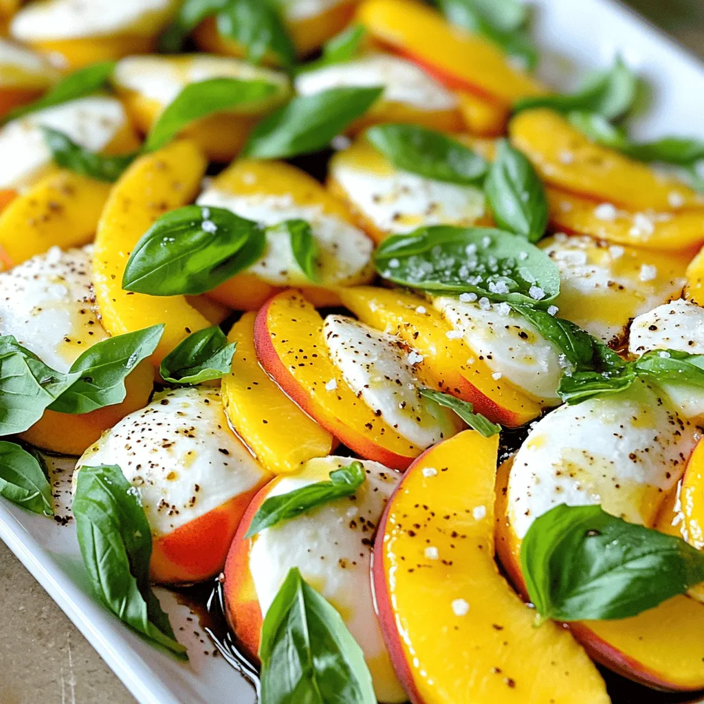 - 3 reife Pfirsiche - 225 g frischer Mozzarella - 1 Tasse frische Basilikumblätter Diese Hauptzutaten sind der Schlüssel für einen leckeren Pfirsich Caprese Salat. Wählen Sie reife Pfirsiche, die süß und saftig sind. Mozzarella sollte frisch sein, um die beste Textur zu haben. Basilikum bringt einen frischen Geschmack, der das Gericht aufhellt. - 2 Esslöffel Balsamico-Essig - 2 Esslöffel extra natives Olivenöl - 1 Esslöffel Honig (optional) Das Dressing ist einfach, aber voller Geschmack. Balsamico-Essig gibt eine süß-säuerliche Note. Olivenöl sorgt für eine glatte Konsistenz. Honig fügt eine zusätzliche Süße hinzu. Mischen Sie alles gut, um die Aromen zu verbinden. - Salz und Pfeffer nach Geschmack Salz und Pfeffer sind wichtig, um das Beste aus den Zutaten herauszuholen. Sie helfen, die Aromen zu verstärken. Fügen Sie sie nach Ihrem Geschmack hinzu. Genießen Sie diesen Salat frisch und leicht. Für die vollständige Anleitung besuchen Sie das [Full Recipe]. - Pfirsiche waschen und schneiden: Nimm drei reife Pfirsiche. Wasche sie gründlich unter fließendem Wasser. Halbiere die Pfirsiche und entferne die Kerne. Schneide jede Hälfte in dünne Spalten. So bleibt der Saft im Pfirsich und macht den Salat lecker. - Mozzarella vorbereiten: Nimm 225 g frischen Mozzarella. Schneide ihn in gleichmäßige Scheiben. Achte darauf, dass die Stücke ähnlich groß wie die Pfirsiche sind. Das sorgt für ein schönes Bild auf dem Teller. - Schichten von Pfirsich und Mozzarella: Nimm einen großen Servierteller oder kleine Teller. Beginne mit einer Scheibe Pfirsich, gefolgt von einer Scheibe Mozzarella. Wechsle die Schichten bis alles aufgebraucht ist. Du kannst sie in einem Kreis oder in einer Linie anordnen. - Basilikumblätter hinzufügen: Nimm eine Tasse frische Basilikumblätter. Stecke die Blätter zwischen die Schichten von Pfirsich und Mozzarella. Das bringt frisches Aroma und eine tolle Farbe in den Salat. - Dressing-Mischung vorbereiten: In einer kleinen Schüssel mischst du 2 Esslöffel Balsamico-Essig, 2 Esslöffel extra natives Olivenöl und einen Esslöffel Honig, wenn du magst. Rühre alles gut um, damit die Aromen sich verbinden. - Den Salat würzen und servieren: Würze den Salat mit Salz und Pfeffer nach Geschmack. Träufle das Dressing gleichmäßig über den Salat. Serviere ihn sofort für den besten Geschmack. Alternativ lasse ihn 5-10 Minuten ruhen, damit die Aromen gut durchziehen. Für das vollständige Rezept schaue dir den [Full Recipe] an. Wählen Sie reife Pfirsiche für den besten Geschmack. Reife Pfirsiche sind leicht weich, wenn man sanft drückt. Ihre Farbe sollte leuchtend sein, meist gelb oder rot. Vermeiden Sie Pfirsiche mit dunklen Flecken oder Druckstellen. Frische Pfirsiche duften angenehm süß. Kaufen Sie sie paar Tage vor der Zubereitung. So haben sie Zeit, um nachzureifen. Es gibt viele Mozzarella-Optionen. Büffelmozzarella hat einen reichen Geschmack und ist cremiger. Kuhmilchmozzarella ist milder und fester. Für einen salzigeren Geschmack wählen Sie geräucherten Mozzarella. Frischer Mozzarella ist ideal für diesen Salat. Achten Sie darauf, ihn in Scheiben zu schneiden, um die Textur zu verbessern. Die Präsentation macht den Salat noch leckerer. Schichten Sie die Pfirsiche und den Mozzarella abwechselnd auf einem großen Teller. Sie können sie auch in einer runden Form anrichten. Fügen Sie frische Basilikumblätter zwischen die Schichten hinzu. Garnieren Sie den Salat mit etwas grobem Meersalz. Dies bringt die Farben und Aromen hervor. Servieren Sie ihn sofort, damit er frisch bleibt. Für mehr Tipps schauen Sie sich das Full Recipe an. {{image_4}} Um den Pfirsich Caprese Salat aufzupeppen, kannst du Nüsse hinzufügen. Walnüsse oder Pinienkerne passen gut. Sie bringen einen knusprigen Biss und einen nussigen Geschmack. Röste die Nüsse leicht in einer Pfanne. Das verstärkt den Geschmack. Streue sie dann über deinen Salat. Dies gibt deinem Gericht mehr Textur und ein tolles Aroma. Das Dressing macht viel aus. Du kannst andere aromatische Dressings ausprobieren. Ein Honig-Senf-Dressing ist eine gute Wahl. Es bringt süße und scharfe Noten zusammen. Auch ein Zitrus-Dressing mit Limette oder Orange kann frisch und spritzig sein. Experimentiere mit Kräutern, wie Minze oder Oregano, um neue Geschmäcker zu entdecken. So bleibt dein Salat lebendig und aufregend. Serviere den Pfirsich Caprese Salat als Teil eines Sommergerichts. Du kannst ihn mit gegrilltem Hähnchen oder Fisch kombinieren. Das gibt dir eine vollwertige Mahlzeit. Ein einfaches Baguette oder Ciabatta passt gut dazu. Diese Brote sind perfekt, um das köstliche Dressing aufzusaugen. Du kannst auch eine leichte Suppe oder einen Couscous-Salat als Beilage wählen. So machst du dein Sommeressen noch bunter und abwechslungsreicher. Um deinen Pfirsich Caprese Salat frisch zu halten, lagere ihn im Kühlschrank. Verwende einen luftdichten Behälter, um die Feuchtigkeit zu bewahren. Achte darauf, den Salat nicht zu lange stehen zu lassen. So bleibt der Geschmack lebendig. Du kannst einige Teile des Salats im Voraus vorbereiten. Schneide die Pfirsiche und den Mozzarella einen Tag vorher. Bewahre sie getrennt in Frischhaltefolie auf. Basilikum solltest du erst kurz vor dem Servieren hinzufügen, damit er frisch bleibt. Das Dressing kannst du ebenfalls vorher machen. Mische den Balsamico-Essig, das Olivenöl und den Honig. Lagere es im Kühlschrank, bis du bereit bist, den Salat zu servieren. Die Haltbarkeit der Zutaten ist wichtig. Pfirsiche halten sich im Kühlschrank etwa 3 bis 5 Tage. Mozzarella sollte innerhalb von 2 bis 3 Tagen verbraucht werden. Das Dressing bleibt etwa eine Woche frisch, wenn es richtig gelagert wird. Beachte diese Zeiten, um den besten Geschmack zu genießen. Um die besten Pfirsiche zu wählen, achte auf die Farbe. Ein schöner, kräftiger Farbton zeigt, dass der Pfirsich reif ist. Drücke leicht auf die Haut. Sie sollte sanft nachgeben. Dies zeigt, dass der Pfirsich saftig und süß ist. Vermeide Pfirsiche mit braunen Flecken oder Druckstellen. Diese sind oft überreif oder beschädigt. Du kannst auch nach der Sorte fragen. Sorten wie „Donut-Pfirsiche“ oder „Gelbe Pfirsiche“ haben unterschiedliche Geschmäcker und Texturen. Ja, du kannst den Pfirsich Caprese Salat im Voraus zubereiten. Schneide die Pfirsiche und den Mozzarella, aber mische sie noch nicht. Halte sie getrennt in luftdichten Behältern im Kühlschrank. So bleiben sie frisch. Mische den Salat erst kurz vor dem Servieren. Das Dressing kann auch im Voraus zubereitet werden. Bewahre es in einem kleinen Behälter auf. Denk daran, den Salat nicht länger als zwei Tage im Kühlschrank zu lassen. Die Aromen bleiben frisch und köstlich. Zu diesem Salat passen leichte Beilagen sehr gut. Probiere knuspriges Baguette oder Focaccia. Diese Brote ergänzen den Salat perfekt. Ein frischer grüner Salat ist ebenfalls eine tolle Wahl. Du kannst auch gegrilltes Hähnchen oder Garnelen servieren. Diese Proteine machen die Mahlzeit sättigender. Als Getränk empfehle ich einen spritzigen Weißwein oder Limonade. Diese Getränke passen gut zu den süßen und salzigen Aromen des Salats. Für das vollständige Rezept schaue dir die [Full Recipe] an. Dieser Artikel hat gezeigt, wie man einen Pfirsich-Caprese-Salat zubereitet. Wir haben die Hauptzutaten wie Pfirsiche und Mozzarella sowie das Dressing diskutiert. Ich habe auch Tipps gegeben, wie man frische Zutaten auswählt. Verschiedene Variationen und Lagerungshinweise helfen dir, diesen Salat bestmöglich zu genießen. Probiere diesen köstlichen Salat aus. Er ist gesund und macht Freude!