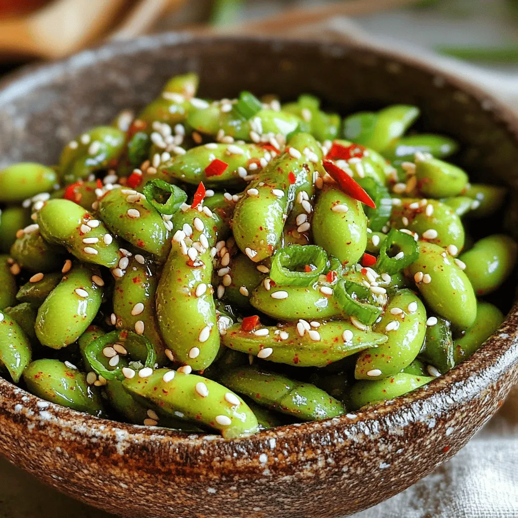 Für scharfe Knoblauch-Edamame benötigst du wenige, aber wichtige Zutaten. Diese Zutaten machen das Gericht besonders lecker: - 2 Tassen Edamame (in Schoten, frisch oder gefroren) - 4 Knoblauchzehen, fein gehackt - 2 Esslöffel Sesamöl - 1 Esslöffel Sojasauce - 1 Esslöffel Chili-Knoblauchsauce (nach Geschmack anpassen) - 1 Teelöffel Reisessig - 1 Esslöffel Sesamsamen (geröstet) - 2 Frühlingszwiebeln, fein geschnitten - Salz nach Geschmack Jede dieser Zutaten trägt zum scharfen und würzigen Geschmack bei. Edamame ist gesund und voller Protein. Knoblauch bringt einen starken, aromatischen Geschmack in das Gericht. Zusätzlich zu den Hauptzutaten kannst du mehr Geschmack hinzufügen. Zum Beispiel: - Chili-Pulver für extra Schärfe - Ingwer für eine frische Note - Limettensaft für einen spritzigen Geschmack Diese Gewürze machen dein Gericht noch spannender. Experimentiere mit verschiedenen Kombinationen, um deinen perfekten Geschmack zu finden. Wenn du frisches Edamame kaufst, achte auf die Schoten. Sie sollten grün und prall sein. Vermeide schrumplige oder gelbe Schoten. - Kaufe Edamame in der Kühltheke oder im Gefrierfach. - Achte auf Bio-Optionen, wenn du nachhaltiger einkaufen möchtest. Frisches Edamame ist die beste Wahl für dieses Rezept. Es hat einen süßen, nussigen Geschmack, der perfekt mit dem scharfen Knoblauch harmoniert. Wenn du die Zutaten für die scharfen Knoblauch-Edamame bereit hast, kannst du mit der Zubereitung beginnen. Du findest das gesamte Rezept im Abschnitt "Vollständiges Rezept". Zuerst musst du die Zutaten bereitstellen. Du brauchst Edamame, frischen Knoblauch, Sesamöl und einige Saucen. Achte darauf, dass der Knoblauch schön fein gehackt ist. Das macht den Geschmack besser. Wenn du frisches Edamame verwendest, wasche es gründlich. Für gefrorenes Edamame ist es nicht nötig. Nimm einen großen Topf und fülle ihn mit Wasser. Bringe das Wasser zum Kochen. Füge dann das Edamame hinzu. Koche es 4 bis 5 Minuten. Wenn es zart ist, gieße es ab. Lass es kurz abkühlen. Stelle es dann beiseite, während du die Soße zubereitest. Erhitze eine große Pfanne bei mittlerer Hitze. Füge das Sesamöl hinzu und warte, bis es heiß ist. Gib dann den gehackten Knoblauch in die Pfanne. Brate den Knoblauch 1 bis 2 Minuten an. Achte darauf, dass er nicht verbrennt. Jetzt kommt der spannende Teil! Rühre die Sojasauce, die Chili-Knoblauchsauce und den Reisessig gut ein. Lass die Mischung zwei Minuten köcheln. Füge dann das gekochte Edamame hinzu. Wirf es vorsichtig in der Soße, damit es gut überzogen ist. Koche es für weitere 2 bis 3 Minuten, bis es warm ist. Nimm die Pfanne vom Herd. Bestreue das Edamame mit gerösteten Sesamsamen und geschnittenen Frühlingszwiebeln. Würze mit etwas Salz nach Geschmack. Serviere die Edamame sofort, damit jeder den scharfen Knoblauchgeschmack genießen kann! Wenn du die volle Anleitung möchtest, schau dir das [Full Recipe] an. Die Konsistenz deiner Edamame ist wichtig. Koche sie nicht zu lange, da sie sonst matschig werden. Wenn du frisches Edamame verwendest, achte darauf, dass die Schoten knusprig bleiben. Sie sollten nach dem Kochen leicht aufpoppen. Die beste Temperatur zum Servieren ist warm, damit der Knoblauchgeschmack gut zur Geltung kommt. Ein häufiger Fehler ist, den Knoblauch zu lange zu braten. Er sollte goldbraun sein, nicht verbrannt. Ein weiterer Fehler ist, das Edamame nicht gründlich genug in der Sauce zu wenden. Stelle sicher, dass jede Schote gut überzogen ist. Zu viel oder zu wenig Salz kann den Geschmack ruinieren. Taste die Mischung also vorher ab. Um den Geschmack zu intensivieren, lasse die Soße etwas länger köcheln. Das lässt die Aromen besser verschmelzen. Du kannst auch frischen Ingwer hinzufügen, um eine zusätzliche Note zu erhalten. Für mehr Schärfe probiere, etwas Sriracha oder frische Chili in die Mischung zu geben. Diese kleinen Anpassungen machen einen großen Unterschied! Für die vollständige Anleitung und weitere Details, schau dir das Full Recipe an. {{image_4}} Du kannst die Schärfe deiner scharfen Knoblauch-Edamame ganz einfach anpassen. Wenn du es milder magst, verwende weniger Chili-Knoblauchsauce. Für mehr Kick, füge einfach etwas mehr hinzu. Du kannst auch frische Chilis oder Chili-Flocken hinzufügen. Diese Optionen geben dem Gericht eine neue Dimension. Um deine Edamame interessanter zu machen, probiere zusätzliche Zutaten. Füge zum Beispiel Ingwer für einen frischen Geschmack hinzu. Auch geröstete Erdnüsse oder Cashewnüsse bringen crunchige Texturen. Du kannst auch etwas Zitronensaft für eine saftige Note hinzufügen. Experimentiere mit verschiedenen Zutaten, um dein eigenes Rezept zu kreieren. Scharfe Knoblauch-Edamame sind von Natur aus vegetarisch und vegan. Du kannst die Sojasauce durch eine glutenfreie Variante ersetzen, wenn du glutenfrei isst. Achte darauf, dass alle Zutaten vegan sind. Dies macht das Gericht für alle zugänglich. Genieße die Vielfalt und passe die Rezepte nach deinem Geschmack an. Um Edamame frisch zu halten, solltest du es an einem kühlen, trockenen Ort lagern. Wenn du frisches Edamame hast, lege es in den Kühlschrank. So bleibt es bis zu einer Woche frisch. Für gefrorenes Edamame ist die Gefriertruhe der beste Ort. Es bleibt viele Monate in guter Qualität. Wenn du Reste von den scharfen Knoblauch-Edamame hast, lass sie zuerst abkühlen. Dann fülle sie in einen luftdichten Behälter. Im Kühlschrank bleiben sie bis zu drei Tage gut. Achte darauf, dass der Behälter fest verschlossen ist. Das hilft, den Geschmack frisch zu halten. Um die Edamame wieder aufzuwärmen, gibt es ein paar einfache Methoden. Du kannst sie in der Mikrowelle erhitzen. Gib sie in eine Schüssel und decke sie mit einem feuchten Tuch ab. So bleiben sie saftig. Alternativ kannst du sie in einer Pfanne bei mittlerer Hitze kurz anbraten. Füge ein wenig Sesamöl hinzu, um den Geschmack zu intensivieren. Dies macht die Edamame wieder lecker und warm. Wenn du die Full Recipe suchst, findest du dort alle Details. Gekochtes Edamame bleibt bis zu drei Tage frisch. Bewahre es in einem luftdichten Behälter im Kühlschrank auf. Achte darauf, dass es gut abgekühlt ist, bevor du es lagerst. So bleibt der Geschmack erhalten. Wenn du es länger aufbewahren möchtest, friere das Edamame ein. Es bleibt bis zu zwei Monate haltbar. Ja, gefrorenes Edamame ist eine tolle Option! Es ist oft bereits blanchiert, was die Zubereitung erleichtert. Koche es einfach in sprudelndem Wasser für etwa 4-5 Minuten. Danach kannst du es wie in der Rezeptanleitung verwenden. Gefrorenes Edamame hat einen ähnlichen Geschmack und die Textur bleibt ebenfalls gut. Scharfe Knoblauch-Edamame passt gut zu vielen Gerichten. Du kannst sie als Snack zu Sushi oder Reisgerichten servieren. Auch als Beilage zu asiatischen Hauptgerichten sind sie perfekt. Wenn du etwas Frisches willst, probiere einen Salat mit Gurken oder Karotten. Das sorgt für einen tollen Kontrast! Diese Anleitung hilft dir, scharfe Knoblauch-Edamame zu machen. Wir schauten uns die Zutaten, die Zubereitung und die besten Tipps an. Du lernst auch, wie du Variationen ausprobieren und Edamame richtig lagern kannst. Denke daran, die Schärfe nach deinem Geschmack anzupassen. Mit diesen Tipps kannst du leckere Snacks kreieren. Viel Spaß beim Kochen und Genießen!