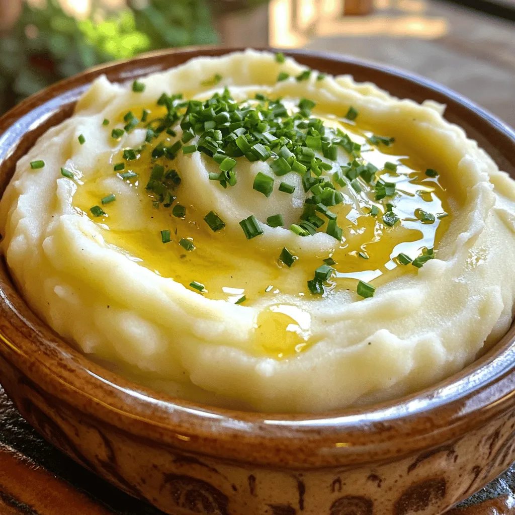 Die Hauptzutaten sind einfach zu finden und machen das Gericht besonders lecker. Hier sind die Zutaten: - 900 g Yukon Gold Kartoffeln, geschält und gewürfelt - 4 Knoblauchzehen, fein gehackt - 115 g ungesalzene Butter - 240 ml Sahne - Salz und Pfeffer nach Geschmack - 60 g Sauerrahm - 2 Esslöffel frische Schnittlauch, gehackt (als Garnitur) Yukon Gold Kartoffeln sind ideal, da sie einen tollen Geschmack haben. Ihr cremiger Inhalt macht sie perfekt zum Pürieren. Die einfachsten Gewürze sind Salz und Pfeffer. Sie helfen, den Geschmack zu heben. Sauerrahm gibt den Kartoffeln eine extra Cremigkeit. Frischer Schnittlauch sorgt für einen frischen Kick und sieht toll aus. Hochwertige Zutaten sind wichtig für den besten Geschmack. Wählen Sie frische Kartoffeln ohne Druckstellen oder Beschädigungen. Der Knoblauch sollte fest und trocken sein. Für die Butter, wählen Sie ungesalzene Butter, um die Kontrolle über den Salzgehalt zu haben. Frische Sahne macht das Püree besonders cremig. Wenn Sie diese Tipps befolgen, wird Ihr Püree einfach großartig! Sie können das vollständige Rezept [hier](#) finden. Beginne mit 900 g Yukon Gold Kartoffeln. Schäle sie und schneide sie in gleich große Würfel. Das hilft beim gleichmäßigen Kochen. Setze die Kartoffeln in einen großen Topf. Bedecke sie mit kaltem Wasser und füge eine Prise Salz hinzu. Bringe das Wasser bei mittlerer bis hoher Hitze zum Kochen. Reduziere die Hitze, wenn das Wasser kocht. Lass die Kartoffeln 15-20 Minuten köcheln, bis sie zart sind. Während die Kartoffeln kochen, nimm 115 g ungesalzene Butter und schmelze sie in einer kleinen Pfanne. Erhitze die Butter bei mittlerer Hitze. Füge 4 fein gehackte Knoblauchzehen hinzu und dünste sie für etwa 2 Minuten. Achte darauf, dass der Knoblauch nicht bräunt, sonst wird er bitter. Die Butter wird so aromatisch und lecker. Wenn die Kartoffeln weich sind, lass sie abtropfen. Gib sie zurück in den Topf. Nimm einen Kartoffelstampfer oder eine Kartoffelpresse und püriere die Kartoffeln, bis sie die gewünschte Konsistenz haben. Gieße die knoblauchige Butter und 240 ml Sahne hinzu. Füge auch 60 g Sauerrahm hinzu und rühre alles gut um. Schmecke mit Salz und Pfeffer ab. Mische alles, bis die Mischung glatt und cremig ist. Serviere die Kartoffeln warm und genieße das Gericht! Du findest das vollständige Rezept unter [Full Recipe]. Um die perfekte Konsistenz für cremige Knoblauch-Püree-Kartoffeln zu erzielen, ist es wichtig, die Kartoffeln gut zu kochen. Sie sollten weich, aber nicht matschig sein. Wenn Sie sie mit einem Kartoffelstampfer pürieren, achten Sie darauf, nicht zu lange zu stampfen. Zu viel Arbeit macht die Kartoffeln gummiartig. Fügen Sie die Sahne und Butter nach dem Pürieren hinzu. So bleibt die Mischung schön cremig. Für den besten Knoblauchgeschmack sollten Sie frischen Knoblauch verwenden. Dünsten Sie ihn in Butter, bis er duftet, aber nicht bräunt. Wenn er bräunt, wird der Geschmack bitter. Sie können auch den Knoblauch vor dem Hinzufügen etwas länger in der Butter lassen, wenn Sie einen stärkeren Geschmack wünschen. Experimentieren Sie mit der Menge, um Ihren Lieblingsgeschmack zu finden. Ein häufiger Fehler ist, die Kartoffeln nicht genug zu kochen. Sie sollten zart sein, bevor Sie sie pürieren. Ein weiterer Fehler ist, zu viel Sahne oder Butter auf einmal hinzuzufügen. Beginnen Sie mit weniger und fügen Sie nach Bedarf mehr hinzu. So können Sie die Konsistenz besser kontrollieren. Halten Sie auch die Gewürze einfach. Salz und Pfeffer reichen oft aus, um die Aromen zu betonen. {{image_4}} Um cremige Knoblauch-Püree-Kartoffeln vegan zu machen, ersetzen Sie die Butter und die Sahne. Verwenden Sie stattdessen pflanzliche Margarine und Kokosmilch. Diese Alternativen geben Ihnen die gleiche Cremigkeit. Achten Sie darauf, dass der Kokosgeschmack nicht zu stark ist, damit der Knoblauch gut zur Geltung kommt. Fügen Sie auch etwas Zitronensaft hinzu, um die Aromen zu heben. Fügen Sie Ihrer Mischung verschiedene Zutaten hinzu, um Variationen zu schaffen. Hier sind einige Ideen: - Käse: Fügen Sie geriebenen Parmesan oder veganen Käse hinzu. - Kräuter: Verwenden Sie frische Kräuter wie Thymian oder Rosmarin für zusätzlichen Geschmack. - Gemüse: Mischen Sie gedünsteten Spinat oder Brokkoli unter, um die Nährstoffe zu erhöhen. Yukon Gold Kartoffeln sind ideal für Püree, aber andere Sorten funktionieren auch. Hier sind einige Alternativen: - Russische Kartoffeln: Diese sind ebenfalls cremig und schmecken gut. - Rote Kartoffeln: Sie haben eine feste Textur und geben einen anderen Geschmack. - Süßkartoffeln: Diese verleihen Ihrer Püree eine süße Note und eine schöne Farbe. Wenn Sie die cremigen Knoblauch-Püree-Kartoffeln aufpeppen wollen, probieren Sie diese Variationen. Jedes Mal wird es ein neues Geschmackserlebnis sein! Für die vollständige Anleitung schauen Sie sich das [Full Recipe] an. Bevor du die übrig gebliebenen Kartoffeln lagerst, lasse sie vollständig abkühlen. Dies hilft, Feuchtigkeit zu vermeiden. Verwende einen luftdichten Behälter, um die Frische zu bewahren. Du kannst auch Frischhaltefolie verwenden. Achte darauf, die Kartoffeln gleichmäßig zu verteilen, um Druckstellen zu vermeiden. Die Reste von cremigen Knoblauch-Püree-Kartoffeln halten sich gut im Kühlschrank. Sie bleiben dort etwa 3 bis 5 Tage frisch. Wenn du die Kartoffeln länger aufbewahren möchtest, friere sie ein. Portioniere sie in kleine Behälter oder Beutel. So kannst du genau die Menge auftauen, die du benötigst. Wenn du die Kartoffeln wieder aufwärmen möchtest, nutze einen Topf oder die Mikrowelle. Füge einen Schuss Sahne oder etwas Butter hinzu, um die Cremigkeit wiederherzustellen. Bei niedriger Hitze im Topf erwärmen, um ein Anbrennen zu vermeiden. In der Mikrowelle kannst du die Kartoffeln in kurzen Intervallen aufwärmen und zwischendurch umrühren. So bleiben sie gleichmäßig warm. Cremige Knoblauch-Püree-Kartoffeln halten sich gut im Kühlschrank. Sie bleiben frisch für etwa 3 bis 5 Tage. Achten Sie darauf, sie in einem luftdichten Behälter zu lagern. Wenn Sie die Püree-Kartoffeln länger aufbewahren, frieren Sie sie am besten ein. So halten sie sich bis zu 3 Monate. Um sie wieder aufzutauen, lassen Sie sie über Nacht im Kühlschrank. Ja, Sie können andere Kartoffelsorten verwenden. Mehlige Kartoffeln wie Russets sind eine gute Wahl. Sie bieten eine flauschige Textur. Wachsartige Kartoffeln wie rote Kartoffeln sind ebenfalls möglich. Sie ergeben ein etwas dickeres Püree. Experimentieren Sie, um Ihre Lieblingssorte zu finden. Das Rezept für cremige Knoblauch-Püree-Kartoffeln ist sehr flexibel. Sie können die Sahne durch Milch ersetzen, um es leichter zu machen. Fügen Sie Käse wie Parmesan oder Cheddar hinzu, um mehr Geschmack zu bekommen. Kräuter wie Rosmarin oder Thymian können frische Aromen bringen. Für eine vegane Option nutzen Sie pflanzliche Butter und Sahne. Sehen Sie sich das [Full Recipe] an, um die Basis zu verstehen und kreativ zu werden! Cremige Knoblauch-Püree-Kartoffeln sind ein Genuss. Wir haben die besten Zutaten und Zubereitungsschritte besprochen. Unsere Tipps helfen dir, die perfekte Konsistenz und den besten Geschmack zu erreichen. Denk an Variationen, um dein Gericht spannend zu gestalten. Lagerinformationen sorgen dafür, dass Reste frisch bleiben. Nutze diese Hinweise, um dein Gericht zu perfektionieren. Du wirst es lieben, selbst zu experimentieren und neue Geschmackserlebnisse zu entdecken. Viel Spaß beim Kochen!