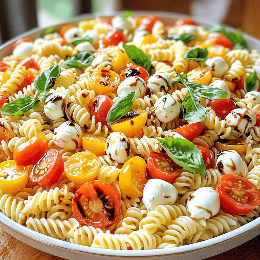 Für einen leckeren Caprese Pasta Salad benötigst du einige einfache Zutaten. Hier ist die Liste: - 225 g Fusilli-Nudeln - 240 ml Kirschtomaten, halbiert - 240 g frische Mozzarellakugeln (Bocconcini) - 1/2 Tasse frische Basilikumblätter, zerrissen - 3 Esslöffel hochwertiges Olivenöl - 2 Esslöffel Balsamico-Glasur - 1 Knoblauchzehe, fein gehackt - Salz und Pfeffer nach Geschmack - 1/4 Teelöffel rote Pfefferflocken (optional für Schärfe) Diese Zutaten sorgen für frische Aromen und eine schöne Farbenpracht im Salat. Du kannst die Zutaten nach deinem Geschmack anpassen. Probiere auch andere frische Zutaten aus. Hier sind einige Ideen: - Avocado für eine cremige Textur - Rucola für etwas Schärfe - Oliven für salzige Noten - Pinienkerne für einen knackigen Biss Solche Zutaten machen dein Gericht noch interessanter und abwechslungsreicher. Falls du eine Zutat nicht hast, gibt es viele Alternativen. Wenn du keine Fusilli-Nudeln hast, kannst du auch Penne oder Farfalle verwenden. Anstelle von Mozzarella kannst du Feta-Käse nehmen. Wenn du ein veganer Koch bist, ersetze den Käse durch eine pflanzliche Alternative. Das Dressing kann mit Zitronensaft anstelle von Balsamico-Glasur verfeinert werden. So bleibt dein Caprese Pasta Salad lecker und frisch. Du findest die vollständige Rezeptanleitung unter Full Recipe. Zuerst nehme ich 225 g Fusilli-Nudeln. Ich koche sie in viel Salzwasser. Folge den Anweisungen auf der Verpackung. Sie sollten al dente sein. Das bedeutet, sie sind weich, aber haben noch Biss. Wenn die Nudeln fertig sind, gieße ich sie ab. Ich spüle sie dann unter kaltem Wasser. Das stoppt den Kochprozess und kühlt die Nudeln ab. Jetzt bereite ich die anderen Zutaten vor. Ich halbiere 240 ml Kirschtomaten. Das gibt einen süßen Geschmack. Dann nehme ich 240 g frische Mozzarellakugeln, auch Bocconcini genannt. Diese sind klein und cremig. Ich zerrisse 1/2 Tasse frische Basilikumblätter. Ihr Duft ist frisch und einladend. Schließlich hacke ich 1 Knoblauchzehe fein. Der Knoblauch bringt eine schöne Tiefe in den Salat. In einer großen Schüssel vermenge ich die abgekühlten Nudeln. Ich füge die halbierten Kirschtomaten und die Mozzarellakugeln hinzu. Dann gebe ich die zerrissenen Basilikumblätter und den gehackten Knoblauch dazu. Ich vermische die Zutaten vorsichtig. In einer kleinen Schüssel mische ich 3 Esslöffel hochwertiges Olivenöl und 2 Esslöffel Balsamico-Glasur. Ich würze mit Salz und Pfeffer. Wenn ich es scharf mag, füge ich 1/4 Teelöffel rote Pfefferflocken hinzu. Dieses Dressing gieße ich über die Pasta-Mischung. Ich vermenge alles gut, bis die Nudeln gleichmäßig mit dem Dressing überzogen sind. Dann lasse ich den Salat für 10-15 Minuten ruhen. So verbinden sich die Aromen. Für das perfekte Ergebnis, probiere ich den Salat und passe die Würze an. Wenn du mehr Details möchtest, schau dir das Full Recipe an. Um die Aromen in deinem Caprese Pasta Salad zu verstärken, nutze frische Zutaten. Frische Basilikumblätter sind ein Muss. Sie geben dem Salat einen tollen Geschmack. Verwende auch reife Kirschtomaten. Diese sind süß und saftig und bringen viel Frische. Ein paar Spritzer Zitronensaft können die Aromen hervorheben. Das bringt eine schöne Säure ins Spiel. Wenn du es würziger magst, füge mehr rote Pfefferflocken hinzu. So wird dein Salat richtig lebendig. Die Präsentation ist wichtig für den Genuss. Serviere den Salat in einer großen, schönen Schüssel. Das zieht die Blicke an. Garniere ihn mit einigen zusätzlichen Basilikumblättern. Das gibt Farbe und sieht frisch aus. Ein Spritzer Balsamico-Glasur oben drauf macht den Salat noch schicker. Du kannst auch einige Kirschtomaten halbiert darauflegen. So wirkt der Salat noch einladender. Du kannst den Salat gut im Voraus zubereiten. Koche die Nudeln und lasse sie abkühlen. Mische dann die anderen Zutaten. Du kannst das Dressing auch vorher machen. Lagere es in einem separaten Behälter. So bleiben die Nudeln schön fest und matschen nicht. Vor dem Servieren, vermische alles frisch. Lass den Salat für 15 Minuten ruhen. So ziehen die Aromen gut ein. Du kannst diese Tipps für deinen Caprese Pasta Salad aus der [Full Recipe] nutzen. {{image_4}} Für eine vegane Version des Caprese Pasta Salats kann ich einige einfache Anpassungen empfehlen. Ersetzen Sie die Mozzarellakugeln durch vegane Käsealternativen. Viele Marken bieten leckere, pflanzliche Käseprodukte an, die gut schmelzen und ähnlich schmecken. Sie können auch Cashew-Creme verwenden, die eine cremige Textur bietet. Verwenden Sie zusätzlich einen hochwertigen Balsamico-Essig, um den Geschmack zu intensivieren. Diese Optionen sorgen für einen frischen und leckeren Salat. Um den Salat mediterran zu gestalten, können Sie Zutaten wie schwarze Oliven, Paprika oder Artischockenherzen hinzufügen. Diese Zutaten bringen einen neuen Geschmack und eine schöne Farbe in den Salat. Fügen Sie auch geröstete Pinienkerne hinzu, um etwas Crunch zu bieten. Diese Variationen machen den Salat noch schmackhafter und abwechslungsreicher. Kalte Pasta-Salate sind perfekt für heiße Tage. Sie sind einfach vorzubereiten und erfrischend. Sie können die Fusilli-Nudeln auch durch andere Sorten wie Penne oder Farfalle ersetzen. Fügen Sie mehr Gemüse wie Gurken oder Zucchini hinzu, um den Salat noch frischer zu machen. Diese kalten Salate sind ideal für Picknicks oder Grillpartys. Für das beste Ergebnis empfehle ich, den Salat einige Stunden im Kühlschrank ruhen zu lassen, damit sich die Aromen gut entfalten können. Für das vollständige Rezept schauen Sie sich die [Full Recipe] an. Um Ihren Caprese Pasta Salad frisch zu halten, brauchen Sie einen guten Behälter. Verwenden Sie einen luftdichten Behälter. Legen Sie den Salat hinein, wenn er abgekühlt ist. So bleibt er länger knackig und lecker. Im Kühlschrank hält sich der Caprese Pasta Salad etwa drei Tage. Achten Sie darauf, den Salat gut abgedeckt zu lagern. Überprüfen Sie immer die Zutaten, bevor Sie ihn essen. Wenn etwas seltsam riecht oder aussieht, werfen Sie es weg. Einfrieren ist nicht die beste Option für diesen Salat. Die frischen Zutaten verlieren beim Auftauen ihre Textur. Wenn Sie jedoch Reste haben, können Sie die Nudeln einfrieren. Machen Sie das in einem luftdichten Beutel. Wenn Sie die Nudeln wieder verwenden, kochen Sie sie kurz auf, um sie warm zu machen. Fügen Sie dann frische Zutaten hinzu, um den Geschmack zu verbessern. Für das gesamte Rezept schauen Sie sich die [Full Recipe] an. Um Caprese Pasta Salad ohne Gluten zu machen, benutze glutenfreie Nudeln. Diese Nudeln sind aus Reis oder Mais. Koche sie wie normale Nudeln. Die restlichen Zutaten bleiben gleich. Du kannst frische Tomaten, Mozzarella und Basilikum verwenden. Das Dressing bleibt auch gleich. So bleibt der Geschmack frisch und lecker. Ja, du kannst das Dressing im Voraus zubereiten. Mische das Olivenöl, die Balsamico-Glasur, Salz, Pfeffer und Knoblauch in einer Schüssel. Bewahre es in einem Glas im Kühlschrank auf. Vor dem Servieren einfach gut schütteln. So sparst du Zeit, wenn du den Salat machst. Ja, Caprese Pasta Salad ist gesund. Er enthält frische Zutaten wie Tomaten und Basilikum. Diese sind reich an Vitaminen und Antioxidantien. Mozzarella liefert Eiweiß und Kalzium. Die gesunden Fette aus dem Olivenöl fördern das Wohlbefinden. Dieser Salat ist eine gute Wahl für eine leichte Mahlzeit. Fühle dich gut, während du ihn genießt! Wir haben die Hauptzutaten für einen köstlichen Caprese Pasta Salad betrachtet und wie man ihn zubereitet. Die Tipps und Tricks helfen, den Geschmack zu maximieren. Auch Variationen sind möglich, selbst für vegane Essensvorlieben. Schließlich haben wir uns mit der besten Lagerung und häufigen Fragen beschäftigt. Caprese Pasta Salad ist einfach und lecker. Probieren Sie verschiedene Zutaten aus und finden Sie Ihre perfekte Mischung!