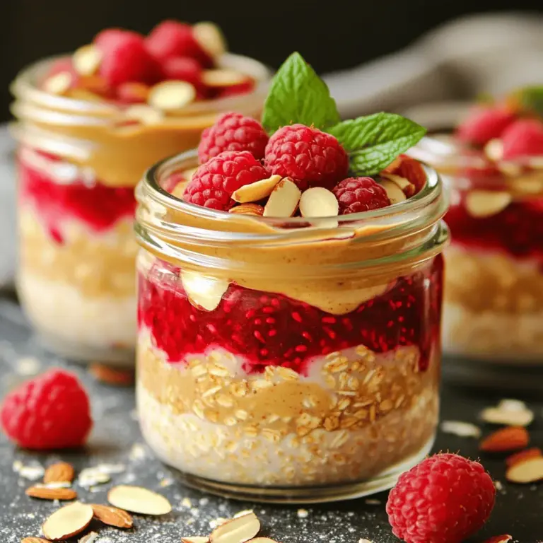 - 1 Tasse Haferflocken - 1 ½ Tassen Mandelmilch - ½ Tasse Himbeeren Die Hauptzutaten sind einfach und gesund. Haferflocken sind eine tolle Quelle für Ballaststoffe. Sie machen deine Overnight Oats nahrhaft und sättigend. Mandelmilch ist eine milchfreie Option. Sie hat einen leichten, nussigen Geschmack. Himbeeren bringen Frische und Süße. Sie sind reich an Vitaminen und Antioxidantien. - 2 Esslöffel Mandelbutter - 1 Esslöffel Honig oder Ahornsirup - 1 Teelöffel Vanilleextrakt Diese zusätzlichen Zutaten machen das Rezept besonders. Mandelbutter gibt einen cremigen Geschmack. Sie fügt gesunde Fette hinzu. Honig oder Ahornsirup bringen natürliche Süße. Du kannst die Süße nach deinem Geschmack anpassen. Vanilleextrakt sorgt für ein tolles Aroma. Er rundet den Geschmack perfekt ab. - 2 Esslöffel gehobelte Mandeln - Frische Minzblätter Garnierungen sind wichtig für das Aussehen. Gehobelte Mandeln geben einen schönen Crunch. Sie machen die Oats noch nahrhafter. Frische Minzblätter bringen Farbe. Sie sorgen auch für einen erfrischenden Geschmack. Du kannst die Overnight Oats hübsch anrichten, um sie noch ansprechender zu machen. Für das komplette Rezept schau dir das [Full Recipe] an. Zuerst nehmen Sie eine Schüssel oder einen Glasbehälter. Fügen Sie die Haferflocken und die Mandelmilch hinzu. Mischen Sie dann die Mandelbutter, den Honig oder Ahornsirup, den Vanilleextrakt und den Zimt. Rühren Sie alles gut um, bis die Mischung gleichmäßig aussieht. Es ist wichtig, dass sich alle Zutaten gut verbinden. Danach geben Sie die Himbeeren vorsichtig dazu. Mischen Sie sie sanft unter, um die Beeren ganz zu lassen. Jetzt füllen Sie die Mischung in einen luftdichten Behälter oder in Gläser. Achten Sie darauf, dass der Behälter gut verschlossen ist. Lassen Sie die Mischung über Nacht im Kühlschrank ziehen. Mindestens vier Stunden sind nötig, damit die Haferflocken die Flüssigkeit aufnehmen. So wird die Konsistenz schön cremig. Am Morgen rühren Sie die Haferflocken gut um. Wenn Sie eine dünnere Konsistenz wollen, fügen Sie einfach einen Schluck mehr Mandelmilch hinzu. Jetzt kommt der Spaß! Dekorieren Sie die Overnight Oats mit gehobelten Mandeln und den restlichen Himbeeren. Wenn Sie möchten, fügen Sie frische Minzblätter hinzu. So sieht Ihr Frühstück nicht nur gut aus, es schmeckt auch fantastisch. Um das volle Rezept zu sehen, schauen Sie sich die vollständige Anleitung an. Um die beste Konsistenz zu erreichen, ist die Flüssigkeitsmenge wichtig. Wenn du eine dickere Textur willst, verwende weniger Mandelmilch. Für eine cremigere Mischung, füge mehr Mandelmilch hinzu. Du kannst auch griechischen Joghurt einrühren, um die Oats samtiger zu machen. Hier sind einige Vorschläge für Texturvariationen: - Füge Chiasamen hinzu, um eine gelartige Konsistenz zu erhalten. - Mische in die Haferflocken Quark für extra Cremigkeit. - Probiere verschiedene Haferarten, wie Stahlhafer, für mehr Biss. Um Zeit zu sparen, bereite die Overnight Oats in großen Mengen vor. Du kannst die Mischung einfach aufteilen und in mehrere Behälter füllen. So hast du für mehrere Tage ein schnelles Frühstück. Verwende Glasbehälter, um die Oats nicht nur praktisch, sondern auch schön zu präsentieren. Klare Gläser zeigen die bunten Schichten von Himbeeren und Haferflocken. Das Hinzufügen von Gewürzen macht deine Oats interessanter. Ein Hauch von Muskatnuss oder Ingwer bringt neue Aromen. Du kannst auch Zimt variieren oder sogar Kakao für einen schokoladigen Touch nutzen. Kombiniere die Himbeeren mit anderen Früchten. Bananen oder Äpfel passen gut dazu und sorgen für neue Geschmäcker. Experimentiere mit saisonalen Früchten, um frische Akzente zu setzen. Du findest das vollständige Rezept für diese köstlichen Overnight Oats in der Rubrik "Full Recipe". {{image_4}} Um die Nährstoffe zu steigern, füge Joghurt oder Proteinpulver hinzu. Joghurt macht die Overnight Oats cremiger und gibt dir Energie. Du kannst griechischen Joghurt verwenden, um mehr Protein zu erhalten. Wenn du Proteinpulver nimmst, wähle einen milden Geschmack. Das sorgt dafür, dass die Himbeeren nicht überdeckt werden. Wenn du eine vegane Option suchst, gibt es viele Alternativen. Statt Honig kannst du Ahornsirup oder Agavendicksaft verwenden. Diese Süßungsmittel sind pflanzlich und lecker. Außerdem kannst du verschiedene pflanzliche Milchsorten nutzen. Mandelmilch ist schön, aber auch Hafer-, Soja- oder Kokosmilch funktionieren gut. Für eine glutenfreie Variante wähle glutenfreie Haferflocken. Diese sind leicht erhältlich und genauso nahrhaft. Suche nach einer Marke, die sicherstellt, dass ihre Haferflocken nicht mit Gluten in Kontakt kommen. So kannst du deine Overnight Oats genießen, ohne Sorgen um Gluten zu haben. Wenn du mehr über die Zubereitung erfahren möchtest, schau dir die vollständige Anleitung in [Full Recipe] an. Die Himbeer-Mandel Overnight Oats bleiben im Kühlschrank frisch. Sie können sie bis zu fünf Tage lagern. Verwenden Sie einen luftdichten Behälter, um den Geschmack zu bewahren. Denken Sie daran, die Mischung vor dem Servieren gut umzurühren. So verteilen sich die Aromen gleichmäßig. Möchten Sie die Overnight Oats für später aufbewahren? Hier ist eine Schritt-für-Schritt-Anleitung zum Einfrieren: 1. Bereiten Sie die Mischung wie im Rezept beschrieben vor. 2. Teilen Sie die Mischung in Portionen auf. 3. Füllen Sie die Portionen in gefriergeeignete Behälter oder Beutel. 4. Beschriften Sie die Behälter mit Datum und Inhalt. 5. Frieren Sie sie ein. So bleiben die Oats bis zu drei Monate frisch. Wenn Sie die Oats essen möchten, lassen Sie sie einfach über Nacht im Kühlschrank auftauen. Es ist wichtig, die Zutaten auf Frische zu überprüfen. Hier sind einige Anzeichen für Verderb: - Schimmel auf der Oberfläche oder am Behälter. - Ein unangenehmer Geruch, der nicht frisch riecht. - Eine veränderte Farbe oder Konsistenz der Mischung. Wenn Sie eines dieser Anzeichen bemerken, werfen Sie die Overnight Oats weg. Ihre Gesundheit ist wichtig! Du kannst die Overnight Oats bis zu 5 Tage im Kühlschrank aufbewahren. Achte darauf, sie in einem luftdichten Behälter zu lagern. So bleiben sie frisch und lecker. Wenn du sie länger aufbewahren möchtest, kannst du sie auch einfrieren. Das ist eine tolle Option für eine schnelle Mahlzeit. Ja, du kannst viele verschiedene Früchte verwenden! Probiere Erdbeeren, Heidelbeeren oder Bananen. Du kannst auch saisonale Früchte verwenden, um Abwechslung zu schaffen. Im Sommer sind frische Pfirsiche oder Melonen eine leckere Wahl. Im Herbst kannst du Äpfel oder Birnen hinzufügen. Sei kreativ und passe das Rezept an deinen Geschmack an. Bereite die Overnight Oats am besten am Abend vorher zu. So sind sie bereit, wenn du morgens aufwächst. Du kannst sie auch am Sonntag für die ganze Woche machen. Das spart Zeit an hektischen Tagen. Wenn du es eilig hast, plane mindestens 4 Stunden ein, damit die Haferflocken weich werden. Um Zeit zu sparen, mache eine große Menge und teile sie in Portionen auf. Für das komplette Rezept schau dir [Full Recipe] an. Zusammenfassend haben wir die besten Zutaten für Overnight Oats erkundet. Du kannst Haferflocken, Mandelmilch und Himbeeren verwenden. Zusätzliche Zutaten wie Mandelbutter und Honig machen alles noch besser. Die Zubereitung ist einfach: Mische alles und lasse es im Kühlschrank ruhen. Teste auch verschiedene Variationen und Tipps, um deine Oats zu verbessern. Letzte Gedanken: Overnight Oats bieten dir eine tolle, gesunde Frühstücksoption. Viel Spaß beim Ausprobieren und Genießen!