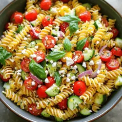 - 230 g Rotini-Nudeln - 240 ml Kirschtomaten, halbiert - 240 ml Gurke, gewürfelt - 120 ml rote Paprika, gewürfelt - 60 ml rote Zwiebel, fein gehackt - 120 ml frische Basilikumblätter, gehackt - 60 ml Feta-Käse, zerbröckelt - 60 ml natives Olivenöl extra - 45 ml frischer Zitronensaft - Abrieb von 1 Zitrone - Salz und Pfeffer nach Geschmack Ich liebe, wie frisch und bunt dieser Salat ist. Die Zutaten sind einfach zu finden. Beginne mit den Rotini-Nudeln. Sie sind perfekt für diesen Salat. Du kannst auch andere Sorten nehmen, aber Rotini hält das Dressing gut. Die Kirschtomaten bringen süße Noten und Farbe. Die Gurke gibt einen knackigen Biss. Sie ist leicht und erfrischend. Rote Paprika bringt eine süße Schärfe mit. Und die Zwiebel fügt einen scharfen, aber tollen Geschmack hinzu. Frisches Basilikum ist das Herzstück des Salats. Es macht alles noch leckerer! Feta-Käse gibt eine salzige und cremige Komponente. Natives Olivenöl extra sorgt für einen feinen Geschmack. Der Zitronensaft und der Abrieb bringen Frische und Säure. Das macht diesen Salat lebendig! Vergiss nicht, Salz und Pfeffer hinzuzufügen. Sie verstärken die Aromen. Diese Zutaten sind wirklich einfach zu nutzen. Für das vollständige Rezept kannst du die Übersicht über die Zubereitung nachlesen. - Schritt 1: Rotini-Nudeln kochen Bringe einen großen Topf mit gesalzenem Wasser zum Kochen. Füge die Rotini-Nudeln hinzu. Koche sie gemäß der Packungsanleitung, bis sie al dente sind. Dann gieße die Nudeln ab und spüle sie unter kaltem Wasser. Das stoppt das Kochen und kühlt sie ab. - Schritt 2: Gemüse vorbereiten In einer großen Rührschüssel mische die halbierten Kirschtomaten, die gewürfelte Gurke, die gewürfelte rote Paprika und die fein gehackte rote Zwiebel. Diese frischen Zutaten machen den Salat bunt und gesund. - Schritt 3: Dressing zubereiten In einer kleinen Schüssel vermenge das Olivenöl, den frischen Zitronensaft und den Zitronenabrieb. Füge Salz und Pfeffer hinzu. Rühre gut um, bis alles gut vermischt ist. - Schritt 4: Salat zusammenstellen Gib die abgekühlten Rotini-Nudeln in die Schüssel mit dem Gemüse. Gieße das Dressing darüber. Rühre vorsichtig um. Achte darauf, dass alles gleichmäßig bedeckt ist. - Schritt 5: Abschmecken und Kühlen Füge die gehackten Basilikumblätter und den zerbröckelten Feta-Käse hinzu. Mische erneut. Probiere den Salat und passe die Würze an. Stelle den Salat für mindestens 30 Minuten in den Kühlschrank. So können die Aromen gut durchziehen. Für das vollständige Rezept, schau dir bitte die [Full Recipe] an. Um die perfekten Nudeln für deinen Salat zu bekommen, achte auf die Kochzeit. Koche die Rotini-Nudeln bis sie al dente sind. Das bedeutet, sie sollen noch einen leichten Biss haben. Wenn die Nudeln zu weich sind, wird der Salat matschig. Nach dem Kochen spüle sie sofort mit kaltem Wasser ab. So stoppst du den Kochprozess und vermeidest eine Übergarung. Um den Geschmack deines Salats zu verbessern, lasse ihn nach dem Mischen ruhen. Stelle den Salat für mindestens 30 Minuten in den Kühlschrank. Dadurch vermischen sich die Aromen besser und der Salat wird noch leckerer. Du kannst auch etwas mehr Zitronensaft oder Olivenöl hinzufügen. Probiere, bevor du servierst, und passe die Würze an. Eine Prise mehr Salz kann Wunder wirken! Wenn du keine frischen Basilikumblätter hast, sind andere Kräuter eine gute Wahl. Petersilie oder Schnittlauch passen gut dazu. Auch Minze kann dem Salat eine frische Note verleihen. Für den Käse kannst du Feta durch Ziegenkäse ersetzen. Das gibt dem Salat einen anderen, aber tollen Geschmack. Du kannst auch ganz auf Käse verzichten, wenn du es vegan magst. Für die vollständige Anleitung und Zutaten, schau dir das [Full Recipe] an! {{image_4}} Du kannst diesen Salat leicht anpassen. Du kannst den Feta-Käse weglassen oder durch einen veganen Käse ersetzen. Auch ein wenig Avocado kann eine tolle, cremige Note geben. Wenn du keinen Käse magst, lass ihn einfach weg. Der Salat bleibt frisch und lecker. Um mehr Geschmack hinzuzufügen, probiere einige andere Zutaten. Gegrillte Zucchini oder Spargel passen gut dazu. Oliven bringen eine salzige Tiefe. Auch Rucola oder Spinat machen den Salat noch gesünder. Du kannst auch Nüsse wie Pinienkerne oder Walnüsse für einen schönen Crunch hinzufügen. Im Sommer sind frische Erbsen oder Bohnen lecker. Im Herbst kannst du gebratene Kürbiswürfel hinzufügen. Im Winter sind getrocknete Tomaten oder Artischockenherzen ein Hit. Die Wahl der Zutaten macht den Salat spannend und bunt. Lass deiner Kreativität freien Lauf und passe den Salat an die Saison an. Für das komplette Rezept schau dir das [Full Recipe] an. Um den Zitronen-Basilikum-Pasta-Salat frisch zu halten, benutze einen luftdichten Behälter. Dieser schützt den Salat vor Luft und Feuchtigkeit. Stelle sicher, dass der Salat gut gekühlt ist, bevor du ihn in den Behälter gibst. Das hilft, die Aromen zu bewahren. Im Kühlschrank hält sich der Pasta-Salat etwa drei bis fünf Tage. Die frischen Zutaten bleiben dann knackig und schmackhaft. Achte darauf, den Salat gut abzudecken, um Gerüche aus dem Kühlschrank zu vermeiden. Wenn du den Salat länger aufbewahren möchtest, ist es besser, das Dressing getrennt zu lagern. Einfrieren ist nicht die beste Option für diesen Salat. Die Texturen der frischen Zutaten verändern sich beim Einfrieren. Wenn du jedoch Reste hast, die du nicht sofort essen kannst, kannst du die Nudeln und das Gemüse separat einfrieren. Mische sie dann frisch mit dem Dressing, wenn du bereit bist, zu essen. So bleibt der Geschmack frisch und lecker. Für die vollständige Anleitung der Zubereitung schau dir das [Full Recipe] an. Du kannst den Zitronen-Basilikum-Pasta-Salat bis zu drei Tage im Kühlschrank aufbewahren. Verwende einen luftdichten Behälter, um die Frische zu erhalten. Nach ein paar Tagen kann der Salat etwas weicher werden. Das liegt an der Feuchtigkeit der Zutaten. Rühre ihn gut um, bevor du ihn servierst. Ja, du kannst andere Nudelsorten verwenden. Penne, Fusilli oder Farfalle passen gut. Achte darauf, die Kochzeit anzupassen, je nach Art der Nudeln. Du kannst auch glutenfreie Nudeln nutzen, wenn du das möchtest. Experimentiere mit verschiedenen Formen, um Abwechslung zu schaffen. Ja, dieser Salat eignet sich hervorragend für Meal Prep. Du kannst ihn für die Woche vorbereiten und portionieren. Er lässt sich gut in Behältern aufbewahren. Der Salat bleibt frisch und lecker, ideal für Mittagessen oder Snacks. Dies macht ihn zu einer praktischen Wahl für hektische Tage. Du kannst ihn auch anpassen, um deinen Geschmack zu treffen. Der Zitronen-Basilikum-Pasta-Salat ist einfach zuzubereiten und frisch im Geschmack. Wir haben alles abgedeckt, von den Zutaten über die Zubereitung bis hin zu Lagerungshinweisen. Du kannst auch Optionen für Vegetarier und Veganer finden. Denke daran, frisch zu bleiben und mit verschiedenen Zutaten zu experimentieren, um deinen Salat zu verbessern. Die Aufbewahrung ist ebenfalls leicht. Probiere diesen Salat für ein schnelles und gesundes Gericht!