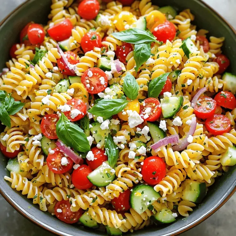 - 230 g Rotini-Nudeln - 240 ml Kirschtomaten, halbiert - 240 ml Gurke, gewürfelt - 120 ml rote Paprika, gewürfelt - 60 ml rote Zwiebel, fein gehackt - 120 ml frische Basilikumblätter, gehackt - 60 ml Feta-Käse, zerbröckelt - 60 ml natives Olivenöl extra - 45 ml frischer Zitronensaft - Abrieb von 1 Zitrone - Salz und Pfeffer nach Geschmack Ich liebe, wie frisch und bunt dieser Salat ist. Die Zutaten sind einfach zu finden. Beginne mit den Rotini-Nudeln. Sie sind perfekt für diesen Salat. Du kannst auch andere Sorten nehmen, aber Rotini hält das Dressing gut. Die Kirschtomaten bringen süße Noten und Farbe. Die Gurke gibt einen knackigen Biss. Sie ist leicht und erfrischend. Rote Paprika bringt eine süße Schärfe mit. Und die Zwiebel fügt einen scharfen, aber tollen Geschmack hinzu. Frisches Basilikum ist das Herzstück des Salats. Es macht alles noch leckerer! Feta-Käse gibt eine salzige und cremige Komponente. Natives Olivenöl extra sorgt für einen feinen Geschmack. Der Zitronensaft und der Abrieb bringen Frische und Säure. Das macht diesen Salat lebendig! Vergiss nicht, Salz und Pfeffer hinzuzufügen. Sie verstärken die Aromen. Diese Zutaten sind wirklich einfach zu nutzen. Für das vollständige Rezept kannst du die Übersicht über die Zubereitung nachlesen. - Schritt 1: Rotini-Nudeln kochen Bringe einen großen Topf mit gesalzenem Wasser zum Kochen. Füge die Rotini-Nudeln hinzu. Koche sie gemäß der Packungsanleitung, bis sie al dente sind. Dann gieße die Nudeln ab und spüle sie unter kaltem Wasser. Das stoppt das Kochen und kühlt sie ab. - Schritt 2: Gemüse vorbereiten In einer großen Rührschüssel mische die halbierten Kirschtomaten, die gewürfelte Gurke, die gewürfelte rote Paprika und die fein gehackte rote Zwiebel. Diese frischen Zutaten machen den Salat bunt und gesund. - Schritt 3: Dressing zubereiten In einer kleinen Schüssel vermenge das Olivenöl, den frischen Zitronensaft und den Zitronenabrieb. Füge Salz und Pfeffer hinzu. Rühre gut um, bis alles gut vermischt ist. - Schritt 4: Salat zusammenstellen Gib die abgekühlten Rotini-Nudeln in die Schüssel mit dem Gemüse. Gieße das Dressing darüber. Rühre vorsichtig um. Achte darauf, dass alles gleichmäßig bedeckt ist. - Schritt 5: Abschmecken und Kühlen Füge die gehackten Basilikumblätter und den zerbröckelten Feta-Käse hinzu. Mische erneut. Probiere den Salat und passe die Würze an. Stelle den Salat für mindestens 30 Minuten in den Kühlschrank. So können die Aromen gut durchziehen. Für das vollständige Rezept, schau dir bitte die [Full Recipe] an. Um die perfekten Nudeln für deinen Salat zu bekommen, achte auf die Kochzeit. Koche die Rotini-Nudeln bis sie al dente sind. Das bedeutet, sie sollen noch einen leichten Biss haben. Wenn die Nudeln zu weich sind, wird der Salat matschig. Nach dem Kochen spüle sie sofort mit kaltem Wasser ab. So stoppst du den Kochprozess und vermeidest eine Übergarung. Um den Geschmack deines Salats zu verbessern, lasse ihn nach dem Mischen ruhen. Stelle den Salat für mindestens 30 Minuten in den Kühlschrank. Dadurch vermischen sich die Aromen besser und der Salat wird noch leckerer. Du kannst auch etwas mehr Zitronensaft oder Olivenöl hinzufügen. Probiere, bevor du servierst, und passe die Würze an. Eine Prise mehr Salz kann Wunder wirken! Wenn du keine frischen Basilikumblätter hast, sind andere Kräuter eine gute Wahl. Petersilie oder Schnittlauch passen gut dazu. Auch Minze kann dem Salat eine frische Note verleihen. Für den Käse kannst du Feta durch Ziegenkäse ersetzen. Das gibt dem Salat einen anderen, aber tollen Geschmack. Du kannst auch ganz auf Käse verzichten, wenn du es vegan magst. Für die vollständige Anleitung und Zutaten, schau dir das [Full Recipe] an! {{image_4}} Du kannst diesen Salat leicht anpassen. Du kannst den Feta-Käse weglassen oder durch einen veganen Käse ersetzen. Auch ein wenig Avocado kann eine tolle, cremige Note geben. Wenn du keinen Käse magst, lass ihn einfach weg. Der Salat bleibt frisch und lecker. Um mehr Geschmack hinzuzufügen, probiere einige andere Zutaten. Gegrillte Zucchini oder Spargel passen gut dazu. Oliven bringen eine salzige Tiefe. Auch Rucola oder Spinat machen den Salat noch gesünder. Du kannst auch Nüsse wie Pinienkerne oder Walnüsse für einen schönen Crunch hinzufügen. Im Sommer sind frische Erbsen oder Bohnen lecker. Im Herbst kannst du gebratene Kürbiswürfel hinzufügen. Im Winter sind getrocknete Tomaten oder Artischockenherzen ein Hit. Die Wahl der Zutaten macht den Salat spannend und bunt. Lass deiner Kreativität freien Lauf und passe den Salat an die Saison an. Für das komplette Rezept schau dir das [Full Recipe] an. Um den Zitronen-Basilikum-Pasta-Salat frisch zu halten, benutze einen luftdichten Behälter. Dieser schützt den Salat vor Luft und Feuchtigkeit. Stelle sicher, dass der Salat gut gekühlt ist, bevor du ihn in den Behälter gibst. Das hilft, die Aromen zu bewahren. Im Kühlschrank hält sich der Pasta-Salat etwa drei bis fünf Tage. Die frischen Zutaten bleiben dann knackig und schmackhaft. Achte darauf, den Salat gut abzudecken, um Gerüche aus dem Kühlschrank zu vermeiden. Wenn du den Salat länger aufbewahren möchtest, ist es besser, das Dressing getrennt zu lagern. Einfrieren ist nicht die beste Option für diesen Salat. Die Texturen der frischen Zutaten verändern sich beim Einfrieren. Wenn du jedoch Reste hast, die du nicht sofort essen kannst, kannst du die Nudeln und das Gemüse separat einfrieren. Mische sie dann frisch mit dem Dressing, wenn du bereit bist, zu essen. So bleibt der Geschmack frisch und lecker. Für die vollständige Anleitung der Zubereitung schau dir das [Full Recipe] an. Du kannst den Zitronen-Basilikum-Pasta-Salat bis zu drei Tage im Kühlschrank aufbewahren. Verwende einen luftdichten Behälter, um die Frische zu erhalten. Nach ein paar Tagen kann der Salat etwas weicher werden. Das liegt an der Feuchtigkeit der Zutaten. Rühre ihn gut um, bevor du ihn servierst. Ja, du kannst andere Nudelsorten verwenden. Penne, Fusilli oder Farfalle passen gut. Achte darauf, die Kochzeit anzupassen, je nach Art der Nudeln. Du kannst auch glutenfreie Nudeln nutzen, wenn du das möchtest. Experimentiere mit verschiedenen Formen, um Abwechslung zu schaffen. Ja, dieser Salat eignet sich hervorragend für Meal Prep. Du kannst ihn für die Woche vorbereiten und portionieren. Er lässt sich gut in Behältern aufbewahren. Der Salat bleibt frisch und lecker, ideal für Mittagessen oder Snacks. Dies macht ihn zu einer praktischen Wahl für hektische Tage. Du kannst ihn auch anpassen, um deinen Geschmack zu treffen. Der Zitronen-Basilikum-Pasta-Salat ist einfach zuzubereiten und frisch im Geschmack. Wir haben alles abgedeckt, von den Zutaten über die Zubereitung bis hin zu Lagerungshinweisen. Du kannst auch Optionen für Vegetarier und Veganer finden. Denke daran, frisch zu bleiben und mit verschiedenen Zutaten zu experimentieren, um deinen Salat zu verbessern. Die Aufbewahrung ist ebenfalls leicht. Probiere diesen Salat für ein schnelles und gesundes Gericht!