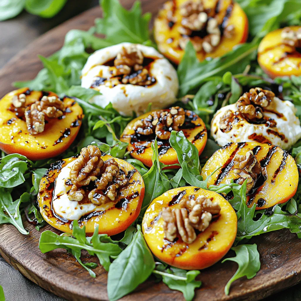 Für den Grilled Peach and Burrata Salad brauchst du: - 2 reife Pfirsiche, halbiert und entsteint - 1 Esslöffel Olivenöl - Salz und Pfeffer nach Geschmack - 4 Tassen gemischte Salatblätter (Rucola, Spinat und Frisée) - 1 Kugel Burrata-Käse - ¼ Tasse Walnüsse, geröstet - 2 Esslöffel Balsamico-Glasur - Frische Basilikumblätter zur Garnitur Wähle beim Einkaufen reife Pfirsiche. Sie sollten leicht weich sein. Drücke sanft auf die Haut. Wenn sie ein wenig nachgeben, sind sie perfekt. Achte auf eine gleichmäßige Farbe ohne dunkle Flecken. Diese Zeichen zeigen, dass der Pfirsich süß ist. Wenn du ihn nicht gleich verwendest, nimm einen festen Pfirsich. Er reift bei Raumtemperatur. Dieser Salat ist nahrhaft. Eine Portion hat etwa: - Kalorien: 220 - Fett: 15 g (hauptsächlich aus Olivenöl und Walnüssen) - Kohlenhydrate: 18 g (aus Pfirsichen und Salat) - Eiweiß: 6 g (aus Burrata) Der Salat bietet Vitamine und gesunde Fette. Er ist eine ausgezeichnete Wahl für ein leichtes Mittagessen oder als Beilage. Das ist der Vorteil des Grilled Peach and Burrata Salads, den du in der [Full Recipe] findest. Die Vorbereitungszeit für diesen Salat ist nur 10 Minuten. Zuerst heize deinen Grill oder eine Grillpfanne auf mittlere Hitze vor. Das ist wichtig, damit die Pfirsiche gleichmäßig gar werden. Wenn der Grill heiß ist, sind wir bereit für den nächsten Schritt. Nimm die reifen Pfirsiche und halbiere sie. Entferne den Kern. Bestreiche die Schnittflächen mit einem Esslöffel Olivenöl. Streue eine Prise Salz und Pfeffer darüber. Lege die Pfirsiche mit der Schnittseite nach unten auf den Grill. Lass sie 3-4 Minuten grillen. Die Grillstreifen sind ein gutes Zeichen, dass sie fertig sind. Die Pfirsiche sollten leicht weich werden. Nimm sie vom Grill und lass sie kurz abkühlen. Jetzt wird es spannend! Nimm eine große Rührschüssel und gib die gemischten Salatblätter hinein. Füge einen Spritzer Olivenöl, Salz und Pfeffer nach Geschmack hinzu. Mische alles gut durch. Arrangiere die Salatblätter auf einem großen Teller oder auf einzelnen Tellern. Reiße die Burrata in der Mitte auseinander und lege sie in die Mitte des Salats. Schneide die gegrillten Pfirsiche in Scheiben. Lege sie um die Burrata. Streue die gerösteten Walnüsse darüber. Träufele die Balsamico-Glasur für den perfekten Geschmack. Garnieren mit frischen Basilikumblättern bringt Farbe und Aroma. Wenn du mehr über die Zubereitung erfahren möchtest, schau dir das [Full Recipe] an, um alle Schritte zu sehen. Um den besten Grillgeschmack zu erreichen, wähle die richtigen Pfirsiche. Sie sollten reif und saftig sein. Halbiere die Pfirsiche und entferne den Kern. Bestreiche sie mit Olivenöl. Das Öl hilft, das Fruchtfleisch zu bräunen. Achte darauf, den Grill gut vorzuheizen. Grill die Pfirsiche für etwa 3-4 Minuten. So erhältst du die perfekten Grillstreifen. Burrata ist die beste Wahl für diesen Salat. Sie hat eine weiche, cremige Textur. Wenn du eine andere Option suchst, probiere Mozzarella oder Feta. Diese Käsesorten bieten einen tollen Kontrast zu den süßen Pfirsichen. Achte darauf, frischen Käse zu wählen. Das macht den Salat noch köstlicher. Beim Anrichten ist weniger oft mehr. Verwende einen großen Teller oder eine Platte. Arrangiere die Salatblätter gleichmäßig. Platziere die Burrata in der Mitte. Schneide die Pfirsiche in schöne Stücke. Lege sie kunstvoll um die Burrata. Streue die gerösteten Walnüsse gleichmäßig darüber. Träufle die Balsamico-Glasur als letzten Schritt. So bleibt der Salat frisch und einladend. Für die vollständige Zubereitung des Gerichts schaue dir das [Full Recipe] an. {{image_4}} Wenn Sie mit diesem Rezept kreativ sein wollen, probieren Sie andere Früchte. Melonen sind eine tolle Wahl. Sie bringen Süße und Frische. Auch Ananas oder Aprikosen sind lecker, wenn sie gegrillt werden. Diese Früchte passen gut zu Burrata. Die Balsamico-Glasur ist klassisch, aber nicht die einzige Option. Ein Honig-Zitronen-Dressing bringt eine süß-saure Note. Sie können auch ein Joghurt-Dressing verwenden, um die Cremigkeit zu verstärken. Ein einfaches Olivenöl-Zitronen-Dressing ist ebenfalls erfrischend. Für eine vegane Variante lassen Sie die Burrata weg. Stattdessen verwenden Sie veganen Käse oder Cashew-Creme. Diese Optionen sind cremig und lecker. Achten Sie darauf, die anderen Zutaten vegan zu wählen, um den Salat vollständig pflanzlich zu halten. Um den Salat frisch zu halten, lagern Sie ihn in einem luftdichten Behälter. Stellen Sie sicher, dass der Behälter gut verschlossen ist, um die Frische zu bewahren. Wenn Sie den Salat nicht sofort essen, trennen Sie die Balsamico-Glasur und die Walnüsse. So bleibt der Salat knusprig und der Geschmack frisch. Die Haltbarkeit des Salats beträgt bis zu zwei Tage, wenn er richtig gelagert wird. Die gegrillten Pfirsiche und der Burrata-Käse sollten innerhalb eines Tages verbraucht werden, da sie schnell verderben können. Achten Sie darauf, die restlichen Zutaten gut zu überprüfen, bevor Sie sie verwenden. Verwenden Sie die Reste kreativ! Mischen Sie die Salatreste mit Quinoa oder Couscous für ein schnelles Mittagessen. Die gegrillten Pfirsiche passen auch hervorragend zu Joghurt oder Haferflocken. So genießen Sie die Aromen erneut und verschwenden weniger Lebensmittel. Um den Salat für Meal Prep zu nutzen, bereiten Sie die Zutaten getrennt vor. Grillen Sie die Pfirsiche und lassen Sie sie abkühlen. Lagern Sie sie in einem luftdichten Behälter. Die Salatblätter sollten frisch bleiben, also bewahren Sie sie separat auf. Mischen Sie alles kurz vor dem Servieren. So bleibt der Salat knackig und lecker. Zu diesem Salat passen viele Beilagen gut. Probieren Sie gegrillte Hähnchenbrust oder Garnelen für mehr Protein. Ein einfaches Baguette ergänzt den Salat perfekt. Auch eine leichte Suppe kann gut harmonieren. Für eine süße Note servieren Sie frisches Obst oder ein Sorbet als Dessert. Ja, der Grilled Peach and Burrata Salad ist glutenfrei. Die Zutaten enthalten kein Gluten. Achten Sie beim Kauf der Balsamico-Glasur darauf, dass sie glutenfrei ist. So genießen Sie den Salat ohne Sorgen. Ja, Sie können den Salat vegan anpassen. Ersetzen Sie die Burrata durch eine pflanzliche Käsealternative. Verwenden Sie ebenfalls ein veganes Dressing. So bleibt der Salat frisch und schmackhaft. Der Salat schmeckt frisch am besten. Sie können die Zutaten jedoch einzeln bis zu drei Tage im Kühlschrank lagern. Mischen Sie sie erst kurz vor dem Servieren. So bleibt der Geschmack erhalten. Anstelle von Walnüssen können Sie auch Mandeln oder Pinienkerne verwenden. Diese Nüsse fügen einen anderen Geschmack hinzu. Sie haben auch eine schöne Textur im Salat. Zusammengefasst haben wir leckere Pfirsiche und frische Zutaten besprochen. Du hast gelernt, wie du sie perfekt grillst und in einen tollen Salat verwandelst. Ich habe dir Tipps gegeben, um den besten Geschmack zu erreichen und das Gericht zu variieren. Denk daran, wie du die Reste aufbewahrst und wiederverwendest. Dieser Salat ist einfach, köstlich und vielseitig. Probiere es aus und genieße deine Kreation!