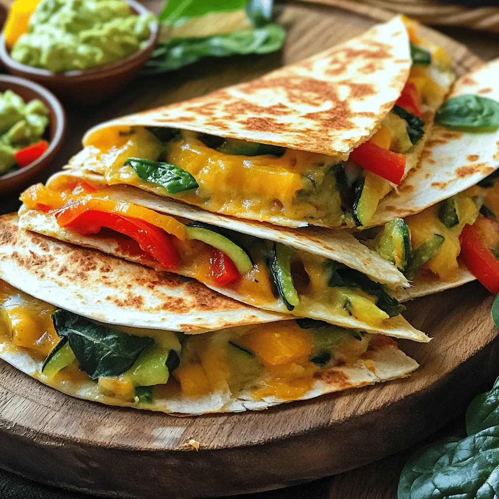 Für leckere Gemüse-Quesadillas brauchen Sie einige Hauptzutaten. Diese machen das Gericht bunt und schmackhaft. Hier sind die Zutaten, die Sie benötigen: - 1 Tasse Paprika (rot, gelb und grün), dünn geschnitten - 1 Tasse Zucchini, dünn geschnitten - 1 Tasse Spinat, grob gehackt - 1 kleine rote Zwiebel, dünn geschnitten - 1 Tasse geriebener Käse (Cheddar, Monterey Jack oder eine vegane Alternative) - 4 große Weizentortillas - 2 Esslöffel Olivenöl - 1 Teelöffel Kreuzkümmel - 1 Teelöffel geräuchertes Paprikapulver - Salz und Pfeffer nach Geschmack Diese Zutaten sind wichtig, um den vollen Geschmack zu erreichen. Der Käse ist das Herzstück der Quesadilla. Wählen Sie einen Käse, der gut schmilzt. Cheddar und Monterey Jack sind perfekte Optionen. Veganer Käse ist auch möglich. Achten Sie darauf, dass er gut schmilzt. Dies sorgt für die richtige Konsistenz. Frisches Gemüse macht den Unterschied. Kaufen Sie bunte Paprika, die fest und glänzend sind. Zucchini sollten klein sein und eine glatte Haut haben. Der Spinat sollte frisch und grün sein. Vermeiden Sie welk oder gelbliches Gemüse. So bleibt der Geschmack lebendig. Schauen Sie auch auf die Saison. Saisonales Gemüse schmeckt besser und ist oft günstiger. Zuerst bereite ich das Gemüse vor. Ich schneide die Paprika, Zucchini und Zwiebel in dünne Stücke. Diese frischen Zutaten geben den Quesadillas viel Geschmack. Ich erhitze 1 Esslöffel Olivenöl in einer großen Pfanne. Dann füge ich das geschnittene Gemüse hinzu. Ich brate es für 5 bis 7 Minuten, bis es weich wird. Danach gebe ich den grob gehackten Spinat dazu. Ich mag den Spinat, weil er gesund ist und gut aussieht. Jetzt stelle ich die Quesadillas zusammen. Ich nehme eine große Tortilla und lege sie in die Pfanne. Dann streue ich die Hälfte des geriebenen Käses auf eine Seite der Tortilla. Darüber kommt eine Portion der Gemüsemischung. Ich streue noch etwas mehr Käse oben drauf. Dann falte ich die Tortilla in der Mitte. Diese Schritte sind einfach und machen viel Spaß. Jetzt ist es Zeit, die Quesadillas zu garen. Ich gebe 1 Esslöffel Olivenöl um die Ränder der Tortilla in die Pfanne. Dann brate ich die Quesadilla für 3 bis 4 Minuten auf jeder Seite. Ich möchte, dass der Käse schmilzt und die Tortilla goldbraun wird. Wenn sie fertig ist, nehme ich die Quesadilla aus der Pfanne und wiederhole den Vorgang mit den anderen Tortillas. Am Ende schneide ich die Quesadillas in Keile. Sie sehen toll aus und sind bereit, serviert zu werden. Für das Rezept, schau dir die Full Recipe an. Um die Tortilla perfekt zu bräunen, verwende eine mittlere Hitze. Zu hohe Hitze verbrennt die Tortilla außen, während der Käse innen nicht schmilzt. Lege die Tortilla in die Pfanne und achte auf eine goldbraune Farbe. Wende sie vorsichtig, um ein Zerreißen zu vermeiden. So bekommst du eine knusprige und leckere Quesadilla. Die Füllung deiner Quesadillas ist flexibel. Du kannst fast jedes Gemüse verwenden. Brokkoli, Pilze oder sogar Süßkartoffeln passen gut. Wenn du mehr Protein brauchst, füge Bohnen oder Tofu hinzu. Experimentiere mit verschiedenen Käsesorten. Probiere Gouda oder Feta für einen anderen Geschmack. Die Möglichkeiten sind endlos! Dips machen deine Quesadillas noch besser. Salsa ist ein Klassiker, aber auch Guacamole ist toll. Sauerrahm oder griechischer Joghurt bringen Frische. Du kannst auch scharfe Sauce hinzufügen, wenn du es würzig magst. Diese Beilagen ergänzen die Aromen der Quesadillas perfekt. {{image_4}} Für eine vegane Option tauschen Sie den Käse gegen eine pflanzliche Alternative aus. Sie können auch Nusskäse oder Cashew-Creme verwenden. Diese Quesadillas sind ebenso lecker und bieten eine tolle Konsistenz. Fügen Sie zusätzlich Avocado oder schwarze Bohnen hinzu. Diese Zutaten machen die Quesadillas noch nahrhafter. Wenn Sie es gerne scharf mögen, fügen Sie frische Jalapeños hinzu. Schneiden Sie sie in dünne Scheiben und mischen Sie sie mit dem Gemüse. Die Jalapeños geben den Quesadillas einen würzigen Kick. Sehen Sie zu, dass Sie die Menge anpassen, je nach Ihrem Schärfegrad. Diese Variante ist perfekt für alle, die es scharf lieben. Die Quesadillas sind sehr anpassungsfähig. Sie können viele andere Gemüsesorten verwenden. Probieren Sie zum Beispiel Pilze, Brokkoli oder Auberginen. Auch Mais oder Karotten passen gut dazu. Das Gemüse sollte immer frisch und knackig sein. Experimentieren Sie mit verschiedenen Kombinationen und finden Sie Ihre perfekte Mischung. Für das vollständige Rezept schauen Sie bitte in die [Full Recipe]. Um Ihre übrig gebliebenen Quesadillas frisch zu halten, packen Sie sie gut ein. Verwenden Sie Frischhaltefolie oder einen luftdichten Behälter. So bleibt die Quesadilla weich und lecker. Lassen Sie sie zuerst auf Raumtemperatur abkühlen. Lagern Sie die Quesadillas dann im Kühlschrank für bis zu drei Tage. Wenn Sie sie länger aufbewahren wollen, frieren Sie sie ein. Wickeln Sie jede Quesadilla einzeln in Frischhaltefolie und dann in Alufolie. So bleibt der Geschmack erhalten. Um die Quesadillas wieder aufzuwärmen, nutzen Sie eine Pfanne. Erhitzen Sie sie bei mittlerer Hitze für etwa drei bis fünf Minuten auf jeder Seite. So wird die Tortilla knusprig und der Käse schmilzt perfekt. Sie können auch einen Toaster verwenden, aber achten Sie darauf, die Temperatur niedrig zu halten. So verbrennen die Quesadillas nicht. Sie können auch die Mikrowelle verwenden, aber das macht die Tortilla weich. Die meisten Zutaten für die Quesadillas halten sich gut. Frisches Gemüse bleibt im Kühlschrank etwa eine Woche frisch. Käse kann bis zu zwei Wochen halten, wenn er gut verpackt ist. Zum Beispiel kann Cheddar oder Monterey Jack nach dem Öffnen noch lange verwendet werden. Achten Sie auf das Haltbarkeitsdatum. Olivenöl bleibt auch lange gut, solange es kühl und dunkel gelagert wird. Überprüfen Sie Ihre Zutaten regelmäßig, um sicherzustellen, dass sie frisch sind. Die Zubereitung von Gemüse-Quesadillas dauert etwa 30 Minuten. Du brauchst 15 Minuten für die Vorbereitung und 15 Minuten zum Garen. Das geht schnell und macht viel Spaß. Du kannst die Schritte leicht nachverfolgen. Ja, du kannst die Quesadillas im Voraus zubereiten. Bereite sie einfach bis zum Garen vor. Lege sie dann in den Kühlschrank. Wenn du bereit bist, erhitze sie in einer Pfanne oder im Ofen. So sparst du Zeit an einem hektischen Tag. Zu Gemüse-Quesadillas passen viele leckere Beilagen. Hier sind einige gute Optionen: - Salsa - Guacamole - Sauerrahm - Frische Kräuter Du kannst auch einen einfachen Salat servieren. Das gibt dem Gericht mehr Frische. Experimentiere mit deinen Lieblingstoppings. Zusammenfassend haben wir die besten Zutaten für Gemüse-Quesadillas erkundet. Wir haben das Gemüse vorbereitet, die Quesadillas zusammengestellt und sie richtig gegart. Ich habe auch Tipps zur perfekten Bräunung der Tortilla und Vorschläge für Dips gegeben. Variationen wie die vegane Option oder die würzige Version können das Gericht noch spannender machen. Vergessen Sie nicht, übrig gebliebene Quesadillas richtig zu lagern und aufzuwärmen. Diese einfachen Schritte führen zu leckeren Ergebnissen. Jetzt sind Sie bereit, Ihre eigenen köstlichen Quesadillas zuzubereiten!