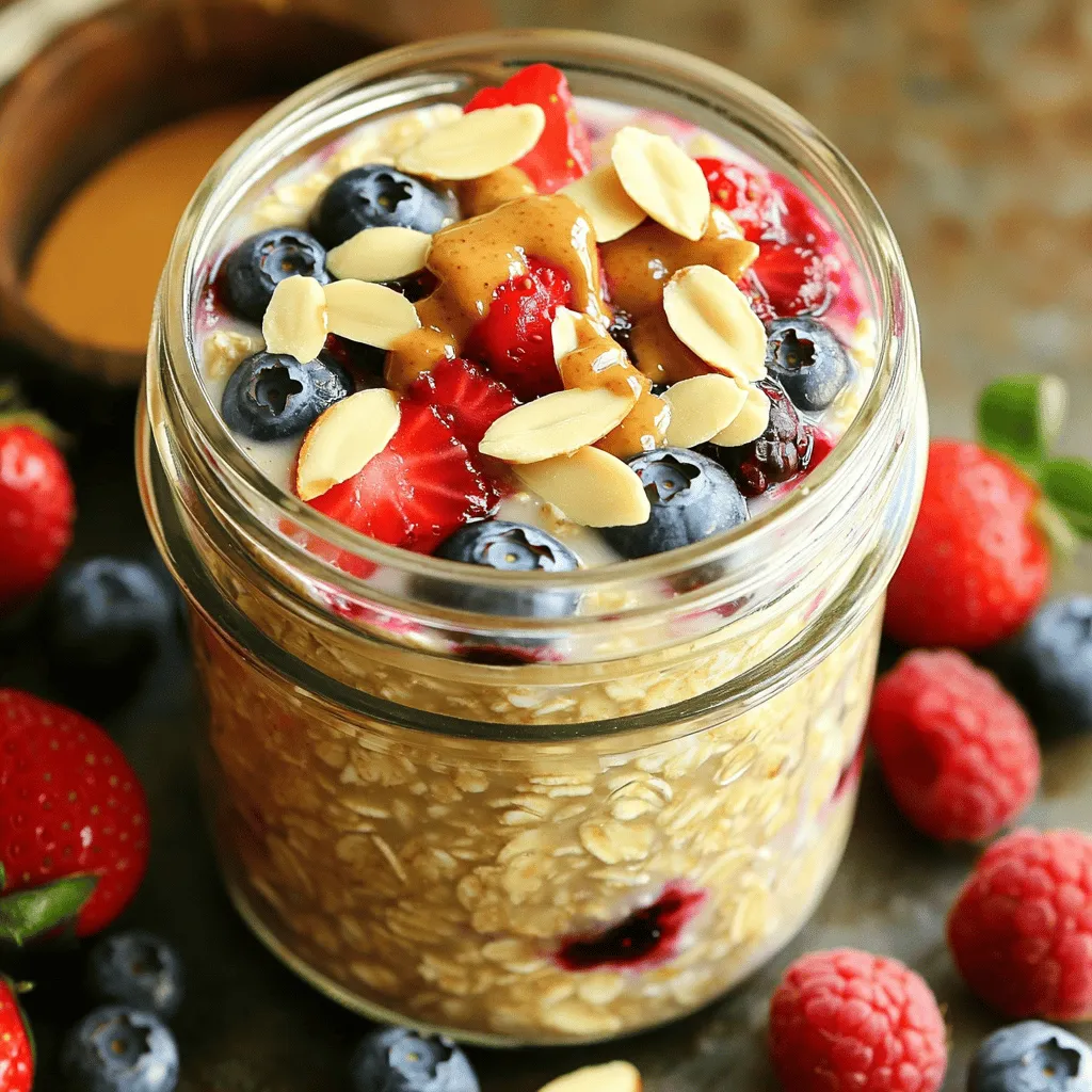 Für die Berry Almond Overnight Oats benötigst du folgende Zutaten: - 1 Tasse Haferflocken (zart) - 1 ½ Tassen Mandelmilch (oder Milch nach Wahl) - ½ Tasse gemischte Beeren (frisch oder gefroren, wie Blaubeeren, Erdbeeren und Himbeeren) - ¼ Tasse Mandelbutter - 2 Esslöffel Chiasamen - 1 Esslöffel Ahornsirup (optional, für zusätzliche Süße) - 1 Teelöffel Vanilleextrakt - Eine Prise Salz - Geschnittene Mandeln und zusätzliche Beeren zum Garnieren Du kannst die Zutaten anpassen, um den Geschmack zu ändern. Statt Mandelmilch kannst du auch Hafermilch oder normale Milch verwenden. Verwende andere Beeren wie Himbeeren oder Erdbeeren, wenn dir das besser gefällt. Anstelle von Mandelbutter kannst du Erdnussbutter oder Cashewbutter nehmen. Wenn du keine Chiasamen hast, kannst du Leinsamen verwenden. Die Haferflocken sind eine großartige Quelle für Ballaststoffe. Sie helfen dir, länger satt zu bleiben. Mandelmilch ist leicht und hat weniger Kalorien als normale Milch. Die Beeren sind reich an Vitaminen und Antioxidantien. Mandelbutter gibt dir gesunde Fette und Protein. Chiasamen sind super für Omega-3-Fettsäuren. Ahornsirup gibt einen natürlichen Süßstoff, ohne raffinierten Zucker. Diese Kombination macht deine Overnight Oats nicht nur lecker, sondern auch nahrhaft. Sie sind perfekt für den Start in den Tag! Du kannst die vollständige Anleitung im Full Recipe finden. Um die Berry Almond Overnight Oats zu machen, beginne mit einer Schüssel. Füge die Haferflocken, Mandelmilch, Chiasamen und Mandelbutter hinzu. Rühre alles gut um. Achte darauf, dass die Haferflocken und Chiasamen in der Flüssigkeit schwimmen. Das sorgt für eine tolle Textur. Jetzt füge eine Prise Salz und den Vanilleextrakt hinzu. Wenn du es süßer magst, gib den Ahornsirup dazu. Mische weiter, bis alles gut verbunden ist. Decke die Schüssel mit Frischhaltefolie ab. Stelle sie dann über Nacht in den Kühlschrank. Mindestens vier Stunden sind nötig, damit die Haferflocken die Flüssigkeit aufnehmen. Wenn du am Morgen die Mischung herausnimmst, rühre sie gut durch. Ist sie zu dick? Füge ein wenig Mandelmilch hinzu, um die perfekte Konsistenz zu erreichen. Gib die Overnight Oats in eine Schüssel oder ein Glas. Garniere sie mit geschnittenen Mandeln und frischen Beeren. Du kannst auch etwas mehr Mandelbutter darauf geben. Das sieht nicht nur gut aus, sondern schmeckt auch lecker. So bringst du Farbe und Geschmack auf den Tisch. Für eine Portion, die gut sättigt, genieße es einfach! Ein häufiger Fehler ist, die Haferflocken nicht genug in der Flüssigkeit einzuweichen. Achte darauf, dass alle Haferflocken und Chiasamen gut in der Mandelmilch schwimmen. Wenn du die Mischung zu kurz im Kühlschrank lässt, wird sie nicht weich genug. Plane immer mindestens vier Stunden ein. Die perfekten Overnight Oats sind cremig und voll von Geschmack. Nutze zarte Haferflocken, sie quellen besser. Die richtige Menge Mandelmilch sorgt für eine tolle Konsistenz. Experimentiere mit der Menge an Mandelbutter, um den gewünschten Nussgeschmack zu finden. Rühre die Mischung gut um, damit sich die Zutaten verbinden. Du kannst die Süße einfach anpassen. Wenn du es süßer magst, füge mehr Ahornsirup hinzu. Für weniger Süße lasse den Sirup einfach weg. Wenn die Oats zu dick sind, füge einen Schuss Mandelmilch hinzu. Probiere auch verschiedene Beeren aus, um den Geschmack zu verändern. Diese Tipps helfen dir, deine Berry Almond Overnight Oats perfekt zu machen. Schau dir das Full Recipe an, um alle Schritte zu entdecken und deine eigene Kreation zu starten! {{image_4}} Beeren bringen Farbe und Geschmack in deine Overnight Oats. Du kannst viele verschiedene Beeren verwenden. Blaubeeren sind süß und saftig. Himbeeren geben einen tollen, leicht säuerlichen Geschmack. Erdbeeren sind frisch und knackig. Mische sie nach deinem Geschmack. Du kannst auch gefrorene Beeren nutzen. Diese sind oft günstiger und halten länger. Lass sie einfach über Nacht im Kühlschrank auftauen. So sparst du Zeit und hast immer Beeren zur Hand. Mandelbutter ist lecker, aber es gibt noch mehr Optionen. Erdnussbutter bringt einen kräftigen Geschmack. Cashewbutter ist mild und cremig. Du kannst auch Sonnenblumenbutter verwenden. Diese ist perfekt für Allergiker. Für das Topping probiere gesunde Samen oder Trockenfrüchte. Geschnittene Mandeln geben einen schönen Crunch. Kokosraspel fügen einen tropischen Touch hinzu. Du kannst auch einen Schuss Honig oder Agavendicksaft für mehr Süße hinzufügen. Wenn du vegan oder glutenfrei essen möchtest, ist das einfach. Verwende Haferflocken ohne Gluten. Sie sind in vielen Läden erhältlich. Statt Mandelmilch kannst du jede pflanzliche Milch verwenden. Soja-, Hafer- oder Reis-Milch sind gute Alternativen. Auch die Nussbutter bleibt gleich, aber achte auf die Zutaten. So stellst du sicher, dass alles vegan bleibt. Diese Anpassungen machen deine Overnight Oats gesund und für jeden geeignet. Erlebe neue Geschmäcker und genieße sie jeden Morgen! Die besten Temperaturen für die Lagerung von Berry Almond Overnight Oats sind kühl und konstant. Bewahre sie im Kühlschrank auf. Das hält die Mischung frisch. Ideal sind Temperaturen zwischen 1 °C und 4 °C. Vermeide es, sie bei Raumtemperatur zu lassen. So bleiben die Beeren und die Haferflocken knackig und lecker. Im Kühlschrank bleiben die Overnight Oats bis zu fünf Tage haltbar. Achte darauf, die Mischung in einem luftdichten Behälter zu lagern. So verhinderst du, dass sie austrocknen oder Gerüche aufnehmen. Wenn du die Oats nach ein paar Tagen isst, überprüfe den Geruch und die Textur. Bei Anzeichen von Veränderungen, entsorge sie lieber. Hast du Reste übrig? Du kannst sie leicht wiederverwenden. Füge frische Beeren oder Nüsse hinzu, um mehr Geschmack zu bekommen. Oder mische sie mit Joghurt für eine neue Textur. Du kannst auch die Oats in Smoothies verwenden. Einfach etwas Mandelmilch und Früchte hinzufügen und gut mixen. So hast du ein schnelles Frühstück oder einen Snack! Overnight Oats sind im Kühlschrank bis zu fünf Tage haltbar. Achte darauf, sie in einem luftdichten Behälter aufzubewahren. So bleiben sie frisch und lecker. Nach ein paar Tagen kann die Textur etwas weich werden, aber der Geschmack bleibt gut. Ich empfehle, sie innerhalb von drei Tagen zu essen, um die beste Erfahrung zu haben. Ja, du kannst die Haferflocken am Morgen zubereiten, aber sie benötigen mindestens vier Stunden zum Quellen. Wenn du es eilig hast, kannst du sie auch warm essen. Dies verändert die Textur, aber das Aroma bleibt. Beachte, dass die Haferflocken nicht so weich sind, wenn du sie sofort isst. Overnight Oats bieten viele gesundheitliche Vorteile. Sie sind reich an Ballaststoffen, was gut für die Verdauung ist. Sie halten dich länger satt und helfen, den Blutzuckerspiegel stabil zu halten. Die Beeren liefern wichtige Vitamine und Mineralien. Mandeln sind eine tolle Quelle für gesunde Fette und Proteine. Diese Kombination macht sie zu einer kraftvollen und gesunden Mahlzeit. Du kannst die Rezeptur mit dem [Full Recipe] anpassen, um es noch nahrhafter zu machen. Über die Zutaten und die Zubereitung haben wir viel gelernt. Wir haben auch Tipps entdeckt, um perfekte Overnight Oats zu machen. Variationen zeigen, wie vielseitig diese Snacks sind. Zudem bieten die Lagerungshinweise nützliche Fakten für die Haltbarkeit. Denke daran, dass du die Zutaten und Zubereitung anpassen kannst. Probiere neue Kombinationen aus, um deinen perfekten Geschmack zu finden. Mit diesen Informationen bist du jetzt gut gerüstet für einen leckeren Start in den Tag!