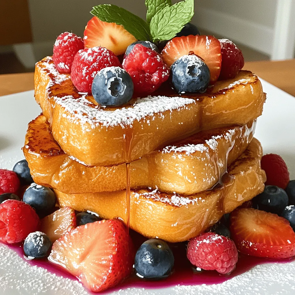 Für den klassischen französischen Toast brauche ich einige einfache Zutaten. Diese Zutaten machen das Gericht lecker und herzhaft. Hier sind die Hauptzutaten: - 4 Scheiben dickes Brot (Challah oder Brioche empfohlen) - 2 große Eier - 120 ml Milch (Vollmilch oder Mandeln) - 1 Teelöffel Vanilleextrakt - 1 Teelöffel gemahlener Zimt - 1 Esslöffel Zucker (optional) - 1 Esslöffel ungesalzene Butter - 200 g gemischte Beeren (Erdbeeren, Blaubeeren, Himbeeren) - Ahornsirup zum Beträufeln - Puderzucker zum Garnieren - Frische Minzblätter zur Garnierung (optional) Mit diesen Zutaten kann jeder einen köstlichen französischen Toast zubereiten. Die Wahl des Brotes ist sehr wichtig. Dickes Brot wie Challah oder Brioche gibt dem Toast eine schöne Textur. Diese Brote sind weich und nehmen die Eimischung gut auf. Wenn du ein anderes Brot verwenden möchtest, teste auch Ciabatta oder ein gutes Landbrot. Wichtig ist, dass das Brot dick genug ist, damit es die Eier-Milch-Mischung aufsaugt, ohne zu matschig zu werden. Frische Beeren sind das Tüpfelchen auf dem i für deinen französischen Toast. Eine Mischung aus Erdbeeren, Blaubeeren und Himbeeren sorgt für Farbe und Geschmack. Du kannst die Beeren nach Saison wählen. Erdbeeren sind süß und saftig, während Himbeeren einen schönen Säurekick geben. Blaubeeren sind ebenfalls sehr lecker und bringen eine tolle Textur. Du kannst auch gefrorene Beeren verwenden, wenn frische nicht verfügbar sind. Achte darauf, sie vorher gut abzuspülen, um den besten Geschmack zu erhalten. Beginne mit der Eimischung. Nimm eine mittelgroße Schüssel. Schlage die zwei großen Eier hinein. Füge 120 ml Milch hinzu. Du kannst Vollmilch oder Mandelmilch wählen. Gib einen Teelöffel Vanilleextrakt dazu. Das gibt Geschmack. Dann füge einen Teelöffel gemahlenen Zimt hinzu. Wenn du es süßer magst, füge einen Esslöffel Zucker hinzu. Verquirle alles gut. Achte darauf, dass sich alle Zutaten gut vermischen. Jetzt ist es Zeit, das Brot vorzubereiten. Du kannst dickes Brot wie Challah oder Brioche verwenden. Tauche jede Brotscheibe in die Eimischung. Stelle sicher, dass beide Seiten gut durchtränkt sind. Aber nicht zu matschig! Erhitze eine antihaftbeschichtete Pfanne bei mittlerer Hitze. Schmelze einen Esslöffel ungesalzene Butter in der Pfanne. Lege die Brotscheiben vorsichtig in die heiße Pfanne. Brate sie für etwa 3-4 Minuten auf jeder Seite. Sie sollten goldbraun und knusprig sein. Während der Toast brät, bereite die Beeren vor. Spüle 200 g gemischte Beeren ab. Du kannst Erdbeeren, Blaubeeren und Himbeeren verwenden. Schneide größere Erdbeeren in Scheiben. Wenn der Toast fertig ist, nimm ihn aus der Pfanne. Lege die Brotscheiben auf die Teller. Belege jede Scheibe mit einer großzügigen Menge Beeren. Träufle Ahornsirup darüber. Bestäube alles mit Puderzucker für einen süßen Touch. Wenn du magst, füge frische Minzblätter hinzu. Sie sehen toll aus und schmecken frisch. Wenn du diese Schritte befolgst, hast du einen köstlichen klassischen French Toast mit Beeren. Für das gesamte Rezept schaue dir die vollständige Anleitung an. Um die perfekte Konsistenz zu erreichen, ist die Eimischung entscheidend. Die Mischung sollte gut geschlagen sein. So verbindet sich die Milch mit den Eiern und Gewürzen. Achte darauf, dass das Brot nicht zu lange in der Mischung bleibt. Es sollte durchtränkt, aber nicht matschig sein. Eine gute Regel ist, jede Scheibe etwa 10 Sekunden pro Seite einzuweichen. So bleibt der Toast außen knusprig und innen weich. Ein häufiger Fehler ist die Temperatur der Pfanne. Ist sie zu heiß, brennt der Toast außen an, bleibt innen aber roh. Die richtige Temperatur ist mittel bis hoch. Verwende eine gute Antihaftpfanne, um das Ankleben zu vermeiden. Zu viel Butter kann auch ein Problem sein. Ein Esslöffel reicht aus, damit der Toast goldbraun wird. Brate die Scheiben in kleinen Mengen, damit die Hitze gleichmäßig bleibt. Die Beeren sind ein klassisches Topping. Du kannst Erdbeeren, Himbeeren und Blaubeeren verwenden. Ahornsirup gibt zusätzlich eine süße Note. Probiere auch Puderzucker für einen Hauch von Eleganz. Für mehr Frische kannst du Minzblätter hinzufügen. Ein Klecks griechischer Joghurt gibt eine cremige Textur und macht das Gericht noch besser. Lass deiner Kreativität freien Lauf und kombiniere verschiedene Toppings! {{image_4}} Manchmal möchte ich etwas anderes als Beeren. Äpfel sind eine tolle Wahl. Wenn Sie sie dünn schneiden und in Butter anbraten, bekommen sie einen süßen Geschmack. Bananen sind ebenfalls eine gute Option. Sie können sie direkt auf den Toast legen oder kurz anbraten. Pfirsiche oder Nektarinen sind auch lecker. Ich empfehle, sie leicht zu karamellisieren, um ihre Süße zu betonen. Die Gewürze und Aromen können den Geschmack stark verändern. Zimt ist klassisch, aber Muskatnuss bringt eine besondere Note. Ein Hauch von Vanille kann den Toast aufpeppen. Wenn Sie es gerne schokoladig mögen, fügen Sie etwas Kakaopulver hinzu. Für vegane Versionen verwenden Sie Pflanzenmilch und einen Ei-Ersatz. Leinsamen oder Chiasamen eignen sich gut dafür. Glutenfreies Brot ist eine gute Wahl für Allergiker. Achten Sie darauf, dass das Brot frisch ist, um die beste Textur zu erhalten. Diese Alternativen machen den französischen Toast für jeden zugänglich. Für das vollständige Rezept schauen Sie in den Abschnitt "Beerenzauber Französischer Toast". Wenn Sie etwas französischen Toast übrig haben, keine Sorge! Sie können ihn für spätere Mahlzeiten nutzen. Schneiden Sie den Rest in kleine Stücke. Fügen Sie ihn einem Frühstücksauflauf hinzu oder verwenden Sie ihn in einem Smoothie. So verschwenden Sie nichts und genießen eine neue, leckere Mahlzeit. Um die Zutaten frisch zu halten, lagern Sie das Brot in einem luftdichten Behälter. Das hält es weich. Eier sollten im Kühlschrank bleiben. So bleiben sie sicher und frisch. Die Beeren bewahren Sie im Kühlschrank in einer offenen Schüssel auf. So bleibt die Luft zirkulieren und die Beeren bleiben länger frisch. Um den französischen Toast wieder aufzuwärmen, nutzen Sie eine Pfanne. Erhitzen Sie etwas Butter bei mittlerer Hitze und legen Sie die Stücke hinein. Braten Sie sie 2-3 Minuten auf jeder Seite. So wird der Toast wieder knusprig. Alternativ können Sie ihn im Toaster aufwärmen. Dies macht ihn ebenfalls knusprig und lecker. Um den klassischen französischen Toast zu verbessern, probiere verschiedene Brotsorten. Brioche oder Challah geben einen tollen Geschmack. Du kannst auch die Eimischung anpassen. Füge ein wenig Orange- oder Zitronenschale hinzu. Das bringt Frische. Experimentiere mit verschiedenen Gewürzen. Muskatnuss oder Kardamom machen den Toast besonders. Du kannst auch Nüsse oder Kokosraspeln für extra Crunch hinzufügen. Wenn du keinen Ahornsirup magst, gibt es viele Alternativen. Honig ist eine süße Option. Agavendicksaft ist auch lecker und flüssig. Für etwas Fruchtgeschmack versuche Erdbeer- oder Himbeermarmelade. Du kannst sogar eine Fruchtsauce aus pürierten Beeren machen. Das schmeckt frisch und fruchtig. Ja, du kannst den französischen Toast im Voraus zubereiten. Bereite die Eimischung und das Brot vor. Tauche die Brotscheiben in die Mischung, aber brate sie nicht sofort. Lege die Brotscheiben in eine Auflaufform und bedecke sie. Stelle sie in den Kühlschrank für bis zu 24 Stunden. Wenn du bereit bist, brate die Brotscheiben einfach in der Pfanne. So sparst du Zeit am Morgen. Für das vollständige Rezept schaue dir die [Full Recipe] an. Klassischer französischer Toast ist einfach zuzubereiten. Wir haben die besten Zutaten und empfehlenswerte Brotsorten besprochen. Die Schritt-für-Schritt-Anleitung hilft dir, perfekten Toast zu braten. Du kannst mit Toppings und Aromen kreativ sein. Achte auf die Lagerung und Resteverwertung, um nichts zu verschwenden. Probiere auch die Variationen, die deinen Geschmack treffen. Mit diesen Tipps machst du jedes Frühstück besonders. Viel Spaß beim Ausprobieren!