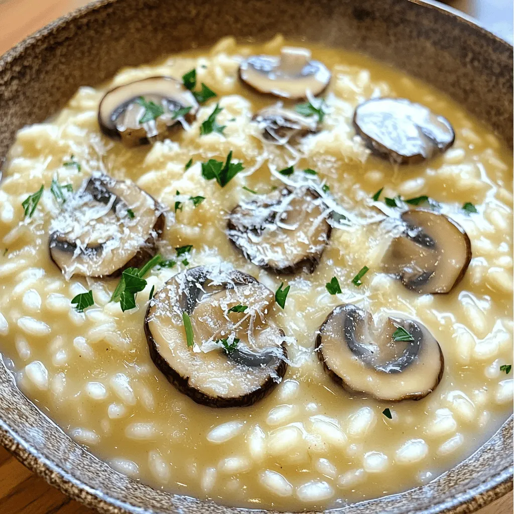 - 1 Tasse Arborio-Reis - 4 Tassen Gemüsebrühe - 2 Tassen gemischte Pilze (Cremini, Shiitake und Champignons), in Scheiben geschnitten Die Hauptzutaten sind wichtig für den Geschmack. Arborio-Reis hat viel Stärke. Das gibt Risotto die cremige Textur. Gemüsebrühe bringt viel Aroma. Sie macht das Gericht herzhaft. Gemischte Pilze sorgen für Tiefe und Vielfalt. Sie geben dem Risotto einen reichhaltigen, erdigen Geschmack. - 1 mittelgroße Zwiebel, fein hacken - 2 Knoblauchzehen, gehackt - 1/2 Tasse Sahne - 1/2 Tasse geriebener Parmesan (plus zusätzlich zum Garnieren) - 2 Esslöffel Olivenöl - 2 Esslöffel ungesalzene Butter Zusätzliche Zutaten bringen mehr Geschmack. Zwiebeln und Knoblauch geben eine tolle Basis. Sie sind aromatisch und frisch. Sahne macht das Risotto extra cremig. Parmesan gibt einen herzhaften, salzigen Kick. Olivenöl und Butter helfen beim Anbraten und sorgen für Glanz. Diese Zutaten machen das Gericht besonders und lecker. Für das vollständige Rezept schau dir bitte die [Full Recipe] an. Erhitze die Gemüsebrühe in einem mittelgroßen Topf. Halte die Brühe bei niedriger Hitze warm. So bleibt der Risotto gleichmäßig cremig. Verwende frische Brühe, wenn möglich. Sie gibt dem Gericht mehr Geschmack. Nimm eine große Pfanne und erhitze das Olivenöl mit 1 Esslöffel Butter. Füge die fein gehackten Zwiebeln hinzu. Dünste sie etwa 3-4 Minuten, bis sie durchsichtig sind. Dann gib den gehackten Knoblauch und die geschnittenen Pilze dazu. Koche alles zusammen für etwa 5-7 Minuten. Die Pilze sollten weich sein und Flüssigkeit abgeben. Würze mit Salz und Pfeffer nach Geschmack. Jetzt kommt der spannende Teil! Füge den Arborio-Reis in die Pfanne hinzu. Rühre für etwa 2 Minuten, bis der Reis leicht durchsichtig ist. Beginne dann, die warme Gemüsebrühe löffelweise hinzuzufügen. Rühre ständig weiter und warte, bis der Reis die Flüssigkeit fast vollständig aufnimmt. Wiederhole dies, bis der Reis cremig und al dente ist. Das dauert etwa 18-20 Minuten. Wenn der Reis fast fertig ist, rühre die Sahne und die restliche Butter ein. Mixe alles gut, bis es cremig ist. Nimm die Pfanne vom Herd und füge den geriebenen Parmesan hinzu. Passen die Würze an und schmecke ab. Lass das Risotto eine Minute ruhen. Dann servierst du es warm und lecker. Für das vollständige Rezept, schau dir die [Full Recipe] an. Um das perfekte Risotto zu machen, ist das ständige Rühren sehr wichtig. Wenn Sie rühren, setzen Sie die Stärke im Reis frei. Dies macht das Risotto schön cremig. Rühren Sie während des Kochens immer wieder. Die richtige Konsistenz ist ein weiterer Schlüssel. Ihr Risotto sollte weich, aber auch leicht bissfest sein. Wenn es zu trocken ist, fügen Sie mehr Brühe hinzu. Wenn es zu flüssig ist, lassen Sie es einfach kurz kochen. Wenn Sie nach veganen Optionen suchen, können Sie die Sahne durch pflanzliche Sahne ersetzen. Verwenden Sie auch veganen Käse anstelle von Parmesan. Für glutenfreie Variationen können Sie spezielle glutenfreie Brühe verwenden. Die meisten Arborio-Reis-Sorten sind bereits glutenfrei. Achten Sie darauf, dass alle anderen Zutaten ebenfalls glutenfrei sind. So bleibt Ihr Gericht gesund und lecker. Für weitere Tipps schauen Sie sich das [Full Recipe] an! {{image_4}} Wenn du ein Fan von Pilzen bist, wirst du die Vielfalt lieben. Du kannst andere Pilzarten verwenden. Hier sind einige beliebte Optionen: - Pfifferlinge - Steinpilze - Morcheln Diese Pilze bringen neue Geschmäcker und Texturen in dein Risotto. Saisonale Pilze sind ebenfalls eine gute Idee. Im Herbst sind zum Beispiel Waldpilze frisch und lecker. Um dein Pilzrisotto noch schmackhafter zu machen, füge Kräuter oder Gewürze hinzu. Frische Kräuter wie Thymian oder Rosmarin passen gut dazu. Auch ein Hauch von Muskatnuss kann das Gericht bereichern. Du kannst auch andere Zutaten hinzufügen. Erbsen bringen einen süßen Geschmack. Spargel sorgt für eine knackige Textur. Beide Zutaten machen dein Risotto bunter und schmackhafter. Wenn du mehr über das Rezept erfahren möchtest, schau dir das [Full Recipe] an. Risotto ist lecker, aber manchmal bleibt etwas übrig. Hier sind Tipps zur Aufbewahrung: - Im Kühlschrank: Stellen Sie sicher, dass das Risotto in einem luftdichten Behälter ist. So bleibt es 3 bis 5 Tage frisch. Lassen Sie das Risotto vor dem Verpacken abkühlen. Das verhindert, dass sich Kondenswasser bildet. - Im Gefrierschrank: Für längere Lagerung können Sie Risotto einfrieren. Nutzen Sie gefriergeeignete Behälter oder Beutel. Risotto hält sich bis zu 3 Monate im Gefrierfach. Denken Sie daran, es vor dem Einfrieren gut abzukühlen. Um Geschmack und Textur zu bewahren, gibt es einige einfache Tipps: - Tipps für die beste Textur: Fügen Sie beim Aufwärmen etwas Brühe oder Wasser hinzu. Dadurch bleibt das Risotto cremig und feucht. Rühren Sie gut um, bevor Sie es erhitzen. - Mikrowelle vs. Herd: Die Mikrowelle ist schnell, kann aber die Textur verändern. Der Herd ist langsamer, sorgt aber für ein besseres Ergebnis. Erhitzen Sie das Risotto bei mittlerer Hitze und rühren Sie häufig um. So wird es gleichmäßig warm. Wenn Sie mehr über Rezepte erfahren möchten, schauen Sie sich das [Full Recipe] für cremiges Pilzrisotto an. Die Zubereitung dauert insgesamt etwa 30 Minuten. Die Vorbereitung benötigt rund 10 Minuten. Das Kochen des Risottos selbst nimmt etwa 20 Minuten in Anspruch. Diese Zeit ermöglicht es Ihnen, alle Aromen perfekt zu vereinen. Ja, Sie können Risotto im Voraus planen. Kochen Sie das Risotto bis fast zur Vollendung. Lassen Sie es dann abkühlen und lagern Sie es im Kühlschrank. Um es zu servieren, erwärmen Sie es mit etwas Brühe oder Wasser. So bleibt die Cremigkeit erhalten und es schmeckt frisch. Risotto sollte immer cremig sein, aber einige Faktoren beeinflussen die Textur. Die Wahl des Reis ist wichtig. Arborio-Reis gibt die beste Cremigkeit. Auch die richtige Menge an Brühe ist entscheidend. Wenn Sie zu wenig Brühe verwenden oder nicht ständig rühren, wird das Risotto nicht cremig. Im Blogpost haben wir die Schlüsselzutaten für köstliches Risotto besprochen. Arborio-Reis und Gemüsebrühe bilden die Basis, während Zwiebeln, Knoblauch, Sahne und Parmesan den Geschmack verstärken. Wir haben die Schritte für die Zubereitung erklärt, von der Vorbereitung der Brühe bis zur Vollendung des Gerichtes. Risotto ist einfach und voller Möglichkeiten. Experimentiere mit Variationen und Aromen, um es zu deinem eigenen Gericht zu machen. Die richtigen Tipps helfen dir, die perfekte Konsistenz zu erreichen. Genieße dein Risotto!