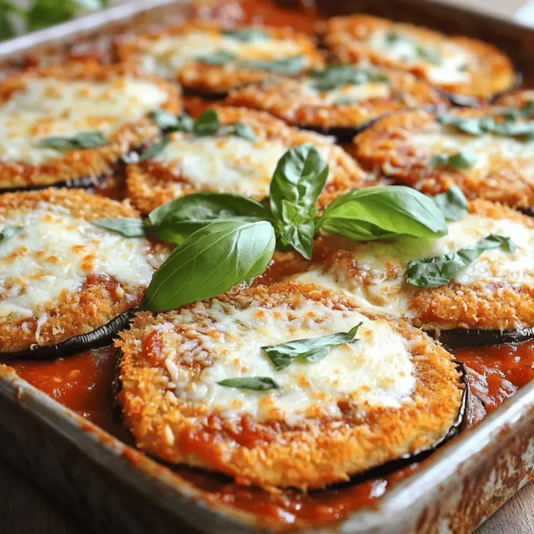 Für einen köstlichen Auberginen-Parmesan-Auflauf brauchst du: - 2 mittelgroße Auberginen, in 0,5 cm dicke Scheiben geschnitten - 2 Teelöffel Salz - 2 Tassen Marinara-Sauce - 2 Tassen frischer Mozzarella-Käse, gerieben - 1 Tasse geriebener Parmesan-Käse - 1 Tasse Weizenmehl - 3 große Eier, verquirlt - 1 Tasse Semmelbrösel (vorzugsweise italienisch gewürzt) Diese Zutaten bilden die Basis für dein Gericht. Die Auberginen bringen einen tollen Geschmack und die Käsesorten sorgen für die Cremigkeit. Um den Auflauf zu verfeinern, benötigst du zusätzlich: - 1 Esslöffel getrockneter Oregano - 1 Esslöffel frisches Basilikum, gehackt (oder 1 Teelöffel getrocknetes Basilikum) - 1/2 Teelöffel schwarzer Pfeffer - Olivenölspray oder 2 Esslöffel Olivenöl Diese Gewürze bringen Aromen ins Spiel, die das Gericht besonders machen. Das Olivenöl sorgt zudem dafür, dass die Auberginen schön knusprig werden. Für die Zubereitung des Auflaufs sind einige Geräte hilfreich: - Eine große Pfanne zum Braten der Auberginen - Eine 23x33 cm große Auflaufform für das Backen - Schüsseln für die Panierstation - Küchenpapier, um überschüssige Feuchtigkeit zu entfernen Mit diesen Geräten bist du gut ausgestattet, um jeden Schritt einfach zu meistern. Lass dich von der Einfachheit des Rezeptes überraschen! Du findest die vollständige Anleitung im Full Recipe. Um die Auberginen perfekt vorzubereiten, beginne ich mit dem Entwässern. Ich schneide die Auberginen in 0,5 cm dicke Scheiben. Dann bestreue ich beide Seiten mit Salz. Das Salz zieht die Feuchtigkeit heraus. Ich lasse die Scheiben etwa 30 Minuten auf Küchenpapier ruhen. Nach dieser Zeit spüle ich die Auberginen unter kaltem Wasser ab. Anschließend tupfe ich sie mit Küchenpapier trocken. Jetzt sind sie bereit für das nächste Schritt. Ich richte eine Panierstation ein, um das Panieren der Auberginen einfach zu machen. In einer Schüssel stelle ich das Weizenmehl bereit. In einer zweiten Schüssel verquirle ich die großen Eier. In einer dritten Schüssel mische ich die Semmelbrösel, den getrockneten Oregano, den schwarzen Pfeffer und die Hälfte des geriebenen Parmesan-Käses. Diese drei Schalen helfen mir, die Auberginen gleichmäßig zu panieren. Jetzt brate ich die Auberginen. Ich erhitze 1 Esslöffel Olivenöl in einer großen Pfanne bei mittlerer Hitze. Ich tauche jede Auberginenscheibe zuerst in das Mehl und klopfe überschüssiges Mehl ab. Danach tauche ich sie in die verquirlten Eier und schließlich in die Semmelbröselmischung. Ich brate die panierten Scheiben portionsweise an, bis sie goldbraun sind. Das dauert etwa 3-4 Minuten pro Seite. Nach dem Braten lege ich die Scheiben auf Küchenpapier, damit das Fett abtropfen kann. Ich nehme eine 23x33 cm große Auflaufform. Zuerst fülle ich die Form mit einer Schicht Marinara-Sauce. Dann schichte ich die Hälfte der gebratenen Auberginen darauf. Darüber kommt eine Schicht Mozzarella und ein wenig Parmesan. Ich wiederhole das Ganze mit der restlichen Marinara und den Käsen. Am Ende decke ich die Form mit Alufolie ab und backe sie im vorgeheizten Ofen für 25 Minuten. Danach entferne ich die Folie und backe weitere 15 Minuten. So wird der Käse sprudelnd und goldgelb. Lass den Auflauf nach dem Backen kurz abkühlen und genieße die leckeren Aromen! Wenn du mehr über die Zutaten und das gesamte Rezept erfahren möchtest, schaue dir das [Full Recipe] an. Um die perfekte Konsistenz der Auberginen zu erzielen, sollten Sie sie zuerst entwässern. Das hilft, die Bitterkeit zu reduzieren und macht die Auberginen zarter. Schneiden Sie die Auberginen in 0,5 cm dicke Scheiben und bestreuen Sie sie mit Salz. Lassen Sie sie etwa 30 Minuten ruhen. Spülen Sie dann die Scheiben ab und tupfen Sie sie trocken. So bleiben die Auberginen beim Backen fest und lecker. Wenn Sie eine Milchallergie haben oder vegan leben, gibt es tolle Alternativen. Verwenden Sie pflanzlichen Käse, der auf Nüssen oder Soja basiert. Einige Marken bieten auch glutenfreien Käse an. Für zusätzlichen Geschmack können Sie Hefeflocken verwenden. Sie geben einen herzhaften, käsigen Geschmack, ohne Milchprodukte zu verwenden. So können alle den Auberginen-Parmesan-Auflauf genießen. Ein häufiger Fehler ist, die Auberginen nicht genug zu entwässern. Dies kann dazu führen, dass der Auflauf matschig wird. Ein weiterer Fehler ist, die richtigen Schichten nicht zu beachten. Beginnen Sie mit Marinara-Sauce, gefolgt von Auberginen und Käse. Achten Sie darauf, die Auflaufform gut abzudecken, damit der Käse nicht verbrennt. So bleibt der Auflauf schön saftig und die Aromen kommen gut zur Geltung. {{image_4}} Du kannst viele Gemüsesorten zu deinem Auberginen-Parmesan-Auflauf hinzufügen. Zucchini, Paprika oder Spinat passen gut. Diese Gemüsesorten bringen mehr Farbe und Geschmack. Sie sind auch gesund und nahrhaft. Einfach in die Schichten einfügen, bevor du die Käseschicht hinzufügst. Wenn du Gluten meiden möchtest, gibt es gute Alternativen. Du kannst glutenfreie Semmelbrösel verwenden. Auch Mandelmehl ist eine tolle Option für die Panade. Achte darauf, dass alle anderen Zutaten glutenfrei sind. Das macht den Auflauf für alle genießbar. Um dem Auflauf etwas Schärfe zu geben, füge Chilis hinzu. Du kannst frische, gehackte Chilis verwenden oder getrocknete Chilipulver. Knoblauch sorgt für einen kräftigen Geschmack. Brate ihn kurz mit den Auberginen an. So wird dein Gericht noch würziger und interessanter. Nach dem Kochen lasse ich meinen Auberginen-Parmesan-Auflauf etwa 10 Minuten abkühlen. Dann decke ich die Auflaufform ab und stelle sie in den Kühlschrank. Der Auflauf bleibt so bis zu fünf Tage frisch. Wenn ich ihn aufwärme, schneide ich ihn in Stücke. Ich lege die Stücke auf ein Backblech und heize den Ofen auf 180 °C vor. Nach etwa 20 Minuten ist der Auflauf wieder warm und der Käse schmilzt. Ich friere oft Reste des Auflaufs ein. Dazu schneide ich den Auflauf in Portionen. Ich lege jede Portion in einen luftdichten Behälter oder einen Gefrierbeutel. So bleibt der Auflauf bis zu drei Monate haltbar. Wenn ich ihn essen möchte, lasse ich ihn über Nacht im Kühlschrank auftauen. Dann wärme ich ihn wie oben beschrieben auf. Der Auberginen-Parmesan-Auflauf hält sich im Kühlschrank bis zu fünf Tage. Achte darauf, dass der Auflauf gut abgedeckt ist. Beim Einfrieren mache ich es auch so. So vermeiden wir Gefrierbrand. Wenn ich die Reste im Kühlschrank oder Gefrierfach lagere, bleibt der Geschmack frisch. Das Kochen des Auberginen-Parmesan-Auflaufs dauert insgesamt etwa 1 Stunde und 15 Minuten. Dazu gehören die Vorbereitungszeit von 30 Minuten und die Backzeit von 45 Minuten. Die ersten Schritte sind das Entwässern der Auberginen und das Panieren. Danach schichten Sie die Zutaten in die Form und backen alles im Ofen. Ja, Sie können den Auflauf im Voraus zubereiten. Bereiten Sie ihn einfach bis zur letzten Backstufe vor. Decken Sie die Form dann gut ab und stellen Sie sie in den Kühlschrank. Wenn Sie bereit sind, ihn zu backen, heizen Sie den Ofen vor und backen Sie den Auflauf wie gewohnt. Dies spart Zeit und macht das Kochen einfacher. Ja, dieser Auflauf ist perfekt für Vegetarier. Er enthält keine tierischen Produkte außer Käse und Eiern. Sie können die Eier auch durch pflanzliche Alternativen ersetzen, wenn Sie vegan leben. So bleibt der Geschmack großartig, und der Auflauf bleibt für alle geeignet. Du hast gelernt, wie man einen leckeren Auberginen-Parmesan-Auflauf zubereitet. Wir haben die Zutaten, Schritte und nützliche Tipps besprochen. Du kannst auch Variationen ausprobieren, um das Gericht zu verändern. Denke daran, die Reste richtig aufzubewahren, damit du länger etwas davon hast. Probiere verschiedene Gewürze und Gemüse in deinem Auflauf aus. So macht das Kochen noch mehr Spaß! Lass deiner Kreativität freien Lauf und genieße dein Gericht.