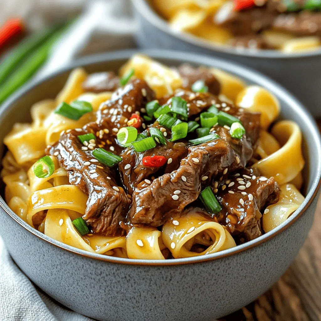 - 225 g breite Reisnudeln - 450 g Flanksteak - 60 ml Sojasauce - 30 ml Hoisinsauce - 15 g brauner Zucker - 5 ml Sesamöl - 3 Frühlingszwiebeln - 3 Knoblauchzehen - 2,5 cm Ingwer Die Zutaten sind einfach zu finden. Beginnen wir mit den Hauptzutaten. Du brauchst 225 g breite Reisnudeln. Diese Nudeln sind perfekt, da sie viel Sauce aufnehmen. Dann kommt das Flanksteak, 450 g. Es ist zart und voller Geschmack. Die Sojasauce, 60 ml, bringt eine salzige Tiefe in das Gericht. Für die Gewürze und Saucen sind 30 ml Hoisinsauce wichtig. Sie fügt eine süße Note hinzu. Der braune Zucker, 15 g, verstärkt den Geschmack der Sojasauce. Ein Spritzer Sesamöl, 5 ml, rundet alles ab und gibt nussige Aromen. Frische Zutaten sind ebenso wichtig. Nutze 3 Frühlingszwiebeln, um die Nudeln zu garnieren. Hacke die weißen und grünen Teile getrennt. Du brauchst auch 3 Knoblauchzehen, die du fein hackst. Schließlich kommt 2,5 cm geriebener Ingwer dazu. Dieser gibt dem Gericht einen frischen Kick. Für das vollständige Rezept schau dir die [Full Recipe] an. - Kochen Sie die Reisnudeln gemäß der Packungsanweisung bis sie al dente sind. - Abgießen und beiseite stellen. Dies sorgt dafür, dass die Nudeln nicht zu weich werden. - In einer Schüssel das Flanksteak mit Sojasauce, Speisestärke, braunem Zucker, Salz und Pfeffer vermengen. - Gut durchmischen, sodass das Fleisch gleichmäßig mariniert ist. Lassen Sie es etwa 15 Minuten ziehen, damit die Aromen einziehen. - In einer großen Pfanne oder einem Wok das Pflanzenöl bei mittlerer bis hoher Hitze erhitzen. - Das marinierte Rindfleisch in einer einzigen Schicht hinzufügen. Braten Sie es 2-3 Minuten an, bis es braun ist. Wenden und weitere 1-2 Minuten braten, bis das Fleisch durchgegart ist. - In derselben Pfanne bei Bedarf etwas mehr Öl hinzufügen. - Fügen Sie den gehackten Knoblauch, den geriebenen Ingwer und die weißen Teile der Frühlingszwiebeln hinzu. Braten Sie alles etwa 1 Minute an, bis die Mischung aromatisch ist. - Geben Sie das gebratene Rindfleisch wieder in die Pfanne. - Fügen Sie die Hoisinsauce und die vorbereiteten Reisnudeln hinzu. Alles gut vermengen und weitere 2-3 Minuten erhitzen, bis es durchgewärmt ist. - Nehmen Sie die Pfanne vom Herd. - Richten Sie die Rindfleisch-Nudelmischung auf tiefen Tellern an. Garnieren Sie mit den grünen Teilen der Frühlingszwiebeln und Sesamsamen. Genießen Sie dieses köstliche Gericht! Für das vollständige Rezept, schauen Sie sich die [Full Recipe] an. - Kochen Sie die Reisnudeln gemäß der Packungsanweisung, bis sie al dente sind. - Um ein Verkleben der Nudeln zu vermeiden, spülen Sie sie nach dem Kochen mit kaltem Wasser ab. - Ein Trick für zarte Ergebnisse ist, das Flanksteak vor dem Kochen zu marinieren. - Alternativen zu Flanksteak sind Rinderfilet oder Hüftsteak. Diese Stücke sind ebenfalls zart und lecker. - Passen Sie die Gewürze nach Ihrem Geschmack an. Mehr Sojasauce bringt einen intensiveren Geschmack. - Verwenden Sie frische Kräuter wie Koriander oder Basilikum für mehr Frische und Aroma. Für das vollständige Rezept schauen Sie sich die [Full Recipe] an. {{image_4}} Für eine vegetarische Version der Mongolian Beef Noodles, können Sie das Rindfleisch durch Tofu ersetzen. Tofu nimmt gut Aromen auf und hat eine tolle Textur. Schneiden Sie den Tofu in kleine Würfel und marinieren Sie ihn wie das Rindfleisch. Fügen Sie auch mehr Gemüse hinzu. Paprika, Brokkoli oder Karotten passen hervorragend. Diese Gemüse bringen mehr Farbe und Nährstoffe ins Gericht. Das gibt dem Gericht einen frischen Geschmack und macht es noch gesünder. Wenn Sie es scharf mögen, fügen Sie Chili oder Sriracha hinzu. Ein Teelöffel Sriracha kann das Gericht wunderbar würzen. Dies gibt den Nudeln einen tollen Kick. Probieren Sie auch andere Gewürze aus. Chilipulver oder frische Chilis sind gute Optionen. Diese Gewürze verleihen dem Gericht zusätzliche Hitze und Geschmack. Sie können verschiedene Nudelsorten verwenden. Anstelle von Reisnudeln probieren Sie Udon oder Eiernudeln. Diese Nudeln haben eine andere Textur und können das Gericht abwechslungsreicher machen. Für eine glutenfreie Variante nutzen Sie Reisnudeln oder glutenfreie Pasta. Diese Optionen sind leicht erhältlich und schmecken auch sehr gut. So bleibt das Rezept für jeden zugänglich. Um Mongolian Beef Noodles frisch zu halten, lagere sie gut abgedeckt im Kühlschrank. Verwende einen luftdichten Behälter, um den Geschmack zu bewahren. Du kannst auch Frischhaltefolie verwenden, um die Nudeln zu schützen. Diese Methoden halten die Nudeln feucht und verhindern, dass sie austrocknen. Im Kühlschrank bleiben die Mongolian Beef Noodles bis zu drei Tage frisch. Achte darauf, sie rechtzeitig zu essen, um den besten Geschmack zu genießen. Für das Aufwärmen in der Mikrowelle, gib die Nudeln in eine Schüssel und füge etwas Wasser hinzu. Decke sie mit einem Deckel oder einem feuchten Tuch ab. Erwärme sie dann für 1-2 Minuten, bis sie heiß sind. Um das Gericht einzufrieren, lasse es zuerst abkühlen. Teile die Nudeln in Portionen und lege sie in Gefrierbeutel. Drücke die Luft heraus, bevor du sie verschließt. So bleibt die Qualität erhalten. Zum Auftauen, lege die Beutel über Nacht in den Kühlschrank. Erhitze sie in der Mikrowelle oder in einer Pfanne mit etwas Wasser, um sie wieder weich zu machen. Um Mongolian Beef Noodles zu machen, kochen Sie zuerst die Reisnudeln. Dann marinieren Sie das Flanksteak mit Sojasauce, Speisestärke und Zucker. Braten Sie das Fleisch in einer Pfanne, bis es braun ist. Fügen Sie dann Knoblauch, Ingwer und Frühlingszwiebeln hinzu. Mischen Sie alles mit den Nudeln und der Hoisinsauce. Einfache Schritte ergeben ein leckeres Gericht. Ja, Sie können Rindfleisch durch Hähnchen oder Tofu ersetzen. Hähnchen sollte in kleine Stücke geschnitten werden und wie das Rindfleisch mariniert werden. Tofu kann gewürfelt und vor dem Braten leicht gepresst werden. Beide Optionen sind lecker und passen gut zu den Nudeln. Zu Mongolian Beef Noodles passen frische Salate oder gedämpftes Gemüse. Ein leichter Gurkensalat bringt Frische. Getränke wie grüner Tee oder ein leichtes Bier runden das Essen ab und machen es angenehm. Die Zubereitungszeit für Mongolian Beef Noodles beträgt etwa 15 Minuten. Die Kochzeit liegt bei 30 Minuten. Insgesamt benötigen Sie also etwa 45 Minuten, um das Gericht fertigzustellen. Die besten Mongolian Beef Noodles finden Sie in speziellen asiatischen Restaurants oder Food-Trucks. Suchen Sie nach Orten, die authentische asiatische Küche anbieten. Diese Orte verwenden oft frische Zutaten und traditionelle Rezepte. Mongolian Beef Noodles ist ein einfaches und köstliches Gericht. Wir haben die Zutaten, eine Schritt-für-Schritt-Anleitung und Tipps besprochen. Denke daran, dass frische Zutaten und das richtige Marinieren entscheidend sind. Variationen wie vegetarische Optionen helfen dir, das Gericht anzupassen. Achte auf die Lagerung, damit die Reste frisch bleiben. Probiere es aus und entdecke deine eigene Lieblingsversion. Du wirst überrascht sein, wie viel Spaß das Kochen macht!