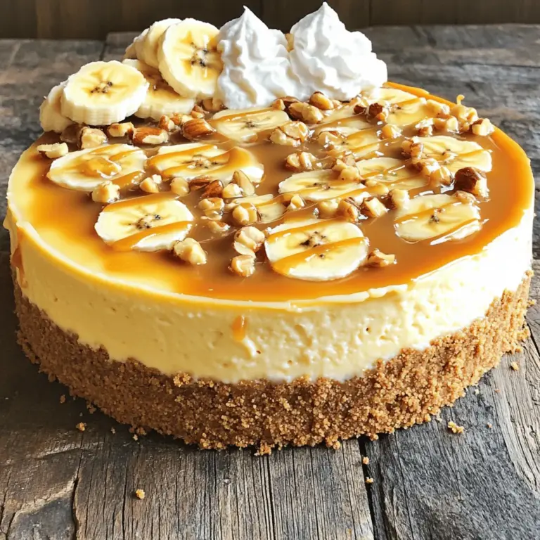 - 1 ½ Tassen Graham-Cracker-Brösel - ½ Tasse ungesalzene Butter, geschmolzen - 450 g Frischkäse, weich (Zimmertemperatur) - 4 reife Bananen, zerdrückt - 1 Tasse brauner Zucker - 1 Teelöffel Vanilleextrakt - 3 große Eier - ½ Tasse saure Sahne - ½ Tasse Karamellsauce - Gehackte gemischte Nüsse - Optional: Schlagsahne und Bananenscheiben Die Zutaten sind der Schlüssel zu einem großartigen Käsekuchen. Die Hauptzutaten bilden die Basis. Die Graham-Cracker-Brösel geben der Kruste einen leckeren, knusprigen Biss. Die geschmolzene Butter bindet alles. Frischkäse sorgt für die cremige Textur, während die Bananen einen süßen, fruchtigen Geschmack hinzufügen. Zusätzlich kommt der braune Zucker ins Spiel. Er gibt der Füllung eine reichhaltige Süße. Der Vanilleextrakt rundet den Geschmack ab. Die Eier helfen, die Füllung zu binden, und die saure Sahne macht sie besonders cremig. Für die Dekoration verwenden Sie Karamellsauce. Sie bringt einen tollen, süßen Glanz. Gehackte Nüsse sorgen für einen crunchy Effekt. Wenn Sie Lust haben, können Sie auch Schlagsahne und frische Bananenscheiben hinzufügen. Diese Zutaten machen Ihren Käsekuchen besonders einladend und lecker. Für das vollständige Rezept folgen Sie bitte dem Link zur [Full Recipe]. Heize deinen Ofen auf 163°C vor. Mische in einer Schüssel die Graham-Cracker-Brösel, geschmolzene Butter und Zucker. Vermenge alles gut, bis die Masse feucht ist. Drücke die Mischung fest auf den Boden einer 23 cm Springform. Backe die Kruste für 10 Minuten. Lass sie dann abkühlen. In einer großen Schüssel verrühre den weichen Frischkäse mit dem braunen Zucker. Die Mischung sollte glatt und cremig sein. Füge die zerdrückten Bananen und den Vanilleextrakt hinzu. Vermenge alles, bis es gut kombiniert ist. Gib die Eier einzeln in die Mischung und rühre nach jeder Zugabe gut um. Hebe die saure Sahne vorsichtig unter die Masse. Achte darauf, dass sie gut eingearbeitet ist. Füge nun die gehackten Nüsse hinzu und hebe sie unter. Gieße die Käsekuchenfüllung gleichmäßig auf die abgekühlte Kruste. Träufle die Karamellsauce darüber. Verwende ein Messer, um einen marmorierten Effekt zu erzielen, indem du leicht durch die Füllung ziehst. Backe den Käsekuchen für 50-60 Minuten. Die Ränder sollten fest, die Mitte jedoch leicht wackelig sein. Schalte den Ofen aus und lasse den Käsekuchen eine Stunde darin abkühlen. Nimm ihn dann raus und lasse ihn auf Zimmertemperatur abkühlen. Decke ihn ab und stelle ihn für mindestens 4 Stunden oder über Nacht in den Kühlschrank. Um einen perfekten Käsekuchen zu machen, achte auf die Zutaten. Verwende frischen Frischkäse. Er sollte weich und bei Zimmertemperatur sein. Auch die Bananen müssen reif und süß sein. Die Kruste ist wichtig. Mische die Graham-Cracker-Brösel gut mit der Butter. Drücke die Mischung fest in die Springform. Backe die Kruste nicht zu lange, nur 10 Minuten. Die Kühlzeit ist entscheidend für deinen Käsekuchen. Lass ihn mindestens vier Stunden im Kühlschrank. So wird die Füllung fest und die Aromen ziehen gut durch. Überspringe diese Zeit nicht, sonst wird dein Käsekuchen matschig. Ein häufiger Fehler beim Backen ist die falsche Temperatur. Backe den Käsekuchen nicht zu heiß. Die Ränder sollen fest sein, während die Mitte leicht wackelt. Nach dem Backen lass ihn im Ofen auskühlen. So bleibt er schön saftig. Achte auch auf die Konsistenz der Füllung. Sie sollte cremig, aber nicht zu flüssig sein. Rühre die Zutaten gut, aber übermix nicht. Zu viel Luft kann die Füllung auflockern. Die Präsentation macht viel aus. Garniere den Käsekuchen mit Bananenscheiben und Schlagsahne. Ein wenig Karamellsauce darüber sorgt für den letzten Schliff. Stelle den Käsekuchen auf einen schönen Teller, um ihn zu zeigen. Für die passenden Getränke empfehle ich eine Tasse Kaffee oder einen milchigen Smoothie. Beide passen gut zu dem süßen Käsekuchen und heben den Geschmack hervor. {{image_4}} Für die Kruste können Sie die Graham-Cracker-Brösel durch glutenfreie Kekse ersetzen. Diese Option ist ideal für alle, die Gluten meiden müssen. Auch die Füllung lässt sich anpassen. Nutzen Sie pflanzlichen Frischkäse und vegane Butter, um eine vegane Variante zu kreieren. So bleibt der Käsekuchen cremig und lecker. Welche Nüsse sind am besten für die Füllung? Ich empfehle Walnüsse, Pekannüsse oder Mandeln. Walnüsse geben einen tollen Geschmack. Pekannüsse bringen eine süße Note. Mandeln fügen einen leichten Crunch hinzu. Sie können auch gemischte Nüsse verwenden, um verschiedene Geschmäcker zu kombinieren. Zusätzlich können Sie den Käsekuchen mit Aromen wie Schokolade oder Zimt verfeinern. Schokoladenstückchen in die Füllung geben, sorgt für einen süßen Kick. Zimt kann eine warme Note hinzufügen und passt gut zu Bananen. Experimentieren Sie mit verschiedenen Kombinationen, um Ihre perfekte Geschmacksrichtung zu finden. Für das vollständige Rezept schauen Sie sich das [Full Recipe] an. Der Bananen-Karamell-Nuss-Käsekuchen bleibt im Kühlschrank frisch, bis zu fünf Tage. Achte darauf, ihn gut abzudecken. So bleibt die Feuchtigkeit erhalten, und der Käsekuchen trocknet nicht aus. Wenn du ihn in Stücke schneidest, nutze Frischhaltefolie oder einen luftdichten Behälter. Um den Käsekuchen einzufrieren, lasse ihn zuerst ganz abkühlen. Wickel ihn dann fest in Frischhaltefolie und lege ihn in einen gefriergeeigneten Behälter. So bleibt er bis zu drei Monate haltbar. Zum Auftauen, lege ihn einfach über Nacht in den Kühlschrank. So bleibt die Textur schön. Um die optimale Textur beim Aufwärmen zu erhalten, nimm ein Stück Käsekuchen und lege es auf einen Teller. Erwärme es für etwa 10 bis 15 Sekunden in der Mikrowelle. Achte darauf, dass du nicht zu lange erhitzt, damit es nicht austrocknet. So schmeckt der Käsekuchen fast wie frisch gebacken. Wenn du mehr über die Zubereitung erfahren möchtest, schau dir das [Full Recipe](#) an. Du kannst den Käsekuchen bis zu drei Tage im Voraus machen. Das gibt dir Zeit, ihn gut zu kühlen. Plane jedoch, die Dekoration kurz vor dem Servieren hinzuzufügen. So bleibt die Schlagsahne frisch und die Bananenscheiben sehen toll aus. Wenn du also Gäste hast, ist dies eine großartige Möglichkeit, Stress zu vermeiden. Wenn deine Füllung zu flüssig ist, gibt es einige Lösungen. Du kannst mehr Frischkäse hinzufügen, um es dicker zu machen. Eine andere Möglichkeit ist, die Füllung etwas länger zu backen. Achte darauf, die Füllung nicht zu überbacken, da sie sonst zu trocken wird. Wenn du mehr Textur möchtest, füge einfach etwas mehr saure Sahne hinzu. So wird die Füllung cremig und fest. Ja, du kannst die Nüsse weglassen. Für viele Allergiker ist das wichtig. Du kannst die Nüsse einfach durch mehr Bananen oder sogar Schokoladenstückchen ersetzen. So bleibt der Käsekuchen lecker und sicher für alle. Wenn du die Nüsse nicht weglassen möchtest, achte darauf, sie gut zu hacken, damit sie gleichmäßig verteilt sind. Zusammengefasst haben wir erfahren, wie man einen köstlichen Käsekuchen mit Bananen zubereitet. Die Hauptzutaten sind einfach und leicht zu finden. Wir haben die Schritte von der Kruste bis zur Füllung besprochen. Zudem gibt es nützliche Tipps, Variationen und Lagerhinweise. Denken Sie daran, sich Zeit für das Kühlen zu nehmen. Ein perfekt zubereiteter Käsekuchen erfreut jeden. Viel Spaß beim Ausprobieren und Genießen!