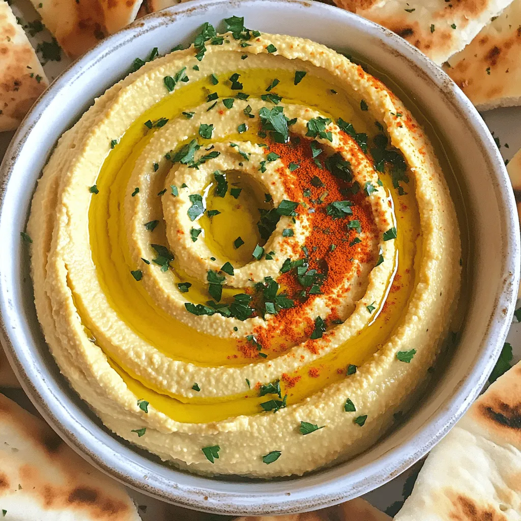 Die Hauptzutaten für Hummus sind einfach und lecker. Hier sind die wichtigsten: - Kichererbsen: Sie sind die Basis des Hummus. Sie geben dem Dip die cremige Textur. - Tahini: Diese Sesampaste fügt einen nussigen Geschmack hinzu. Sie ist wichtig für die Authentizität. - Olivenöl: Es macht den Hummus reichhaltig und glatt. Verwenden Sie gutes, extra natives Olivenöl. Zusätzlich zu den Hauptzutaten brauchen wir ein paar andere Dinge: - Knoblauch: Er bringt einen tollen, würzigen Geschmack. Frisch gehackt ist er am besten. - Zitronensaft: Der Saft sorgt für Frische und eine angenehme Säure. Er macht den Hummus lebendig. - Kreuzkümmel: Dieses Gewürz gibt dem Hummus eine warme Note. Es ist ein Muss für den Geschmack. Die Garnierungen machen den Hummus noch schöner: - Paprika: Ein wenig Paprika obenauf sieht toll aus und bringt Farbe. - Petersilie: Frisch gehackte Petersilie sorgt für einen schönen Kontrast. Sie gibt auch einen frischen Geschmack. Für das gesamte Rezept schauen Sie sich das [Full Recipe] an! Zuerst spüle die Kichererbsen gut ab und lass sie abtropfen. Das entfernt die Konservierungsstoffe. Dann hacke eine Knoblauchzehe fein. Das gibt dem Hummus einen tollen Geschmack. Gib die abgetropften Kichererbsen, Tahini, Olivenöl, Zitronensaft, den gehackten Knoblauch, Kreuzkümmel und etwas Salz in die Küchenmaschine. Mixe die Zutaten, bis sie komplett glatt sind. Überprüfe die Mischung und kratze die Seiten der Schüssel ab, damit alles gut vermischt ist. Füge nach Bedarf 30 bis 45 ml Wasser hinzu. So erreichst du die gewünschte cremige Konsistenz. Probiere den Hummus und passe die Gewürze nach deinem Geschmack an. Überführe den Hummus in eine Servierschüssel. Verwende die Rückseite eines Löffels, um eine schöne Spiralform auf der Oberfläche zu machen. Träufle etwas Olivenöl darüber und bestreue ihn mit Paprika und frischer Petersilie. Das sieht nicht nur gut aus, sondern schmeckt auch super. Serviere deinen Hummus mit frischem Pita-Brot oder knackigem Gemüse. Dies ist eine tolle Ergänzung zu jedem Snack. Um Hummus richtig cremig zu machen, achte auf die Menge Wasser. Beginne mit 30 ml und füge mehr hinzu, wenn nötig. Wasser hilft, die Kichererbsen zu lockern. Wenn du zu viel Wasser hinzufügst, wird der Hummus dünn. Füge die Zutaten in der richtigen Reihenfolge hinzu. Beginne mit Kichererbsen, gefolgt von Tahini und Olivenöl. So vermischen sich die Aromen besser. Mixe alles gut, bis die Mischung glatt ist. Stoppe ab und zu, um die Seiten der Schüssel abzuschaben. Du kannst mit weiteren Gewürzen experimentieren. Zum Beispiel, füge etwas Paprika oder Cayennepfeffer hinzu. Das gibt deinem Hummus eine schöne Farbe und zusätzlichen Kick. Zusätzliche Zutaten machen dein Hummus einzigartig. Probiere es mit geröstetem Knoblauch oder frischen Kräutern. Auch Avocado oder Rote Bete sind tolle Ergänzungen. Diese Zutaten bringen neue Geschmäcker und Farben in dein Gericht. Serviere deinen Hummus mit Beilagen wie Pita-Brot oder Gemüsesticks. Karotten und Sellerie passen gut dazu. Sie sind frisch und knusprig und sorgen für einen tollen Snack. Vermeide häufige Servierfehler. Achte darauf, den Hummus nicht zu dick zu machen. Ein cremiger Hummus lässt sich besser dippen. Vergiss nicht, ihn schön zu garnieren. Ein Spritzer Olivenöl und etwas Paprika machen viel aus. So sieht das Gericht nicht nur gut aus, es schmeckt auch besser! {{image_4}} - Zutaten für Rote-Bete-Hummus - 1 kleine Rote Bete, gekocht und gewürfelt - 1 Dose (425 g) Kichererbsen, abgetropft und abgespült - 60 ml Tahini - 30 ml Olivenöl - 30 ml frischer Zitronensaft - 1 Knoblauchzehe, fein gehackt - Salz nach Geschmack - Zubereitung 1. Geben Sie die Rote Bete, Kichererbsen, Tahini, Olivenöl, Zitronensaft und Knoblauch in die Küchenmaschine. 2. Mixen Sie alles, bis es schön glatt ist. 3. Fügen Sie nach Bedarf etwas Wasser hinzu, um die Konsistenz anzupassen. 4. Schmecken Sie den Hummus ab und fügen Sie Salz hinzu. - Zutaten für Avocado-Hummus - 1 reife Avocado - 1 Dose (425 g) Kichererbsen, abgetropft und abgespült - 60 ml Tahini - 30 ml Olivenöl - 30 ml frischer Zitronensaft - 1 Knoblauchzehe, fein gehackt - Salz nach Geschmack - Zubereitung 1. Geben Sie die Avocado, Kichererbsen, Tahini, Olivenöl, Zitronensaft und Knoblauch in die Küchenmaschine. 2. Mixen Sie alles, bis die Mischung cremig ist. 3. Passen Sie die Konsistenz an, indem Sie Wasser hinzufügen. 4. Schmecken Sie den Hummus ab und fügen Sie Salz hinzu. - Chili-Hummus Fügen Sie 1 Teelöffel Chili-Pulver oder frische Chilischoten hinzu, um etwas Schärfe zu geben. - Kräuterhummus Mischen Sie frisch gehackte Kräuter wie Petersilie oder Koriander unter den Hummus, um einen frischen Geschmack zu erzielen. Um Hummus frisch zu halten, verpacken Sie ihn luftdicht. Nutzen Sie ein Glas oder eine Kunststoffbox mit Deckel. So bleibt der Hummus länger schmackhaft. Stellen Sie ihn dann in den Kühlschrank. Die kalte Umgebung hält die Zutaten frisch und lecker. Wie lange ist Hummus haltbar? Im Kühlschrank bleibt er bis zu einer Woche gut. Achten Sie darauf, ihn vor dem Verzehr zu prüfen. Wenn der Hummus einen seltsamen Geruch oder eine andere Farbe hat, sollten Sie ihn wegwerfen. Hinweise zur Qualität: Frischer Hummus hat eine cremige Textur und einen nussigen Geschmack. Wenn er trocken oder krümelig aussieht, ist es Zeit, ihn zu entsorgen. Tipps zur Wiederverwendung: Wenn Sie Hummus übrig haben, können Sie ihn aufpeppen. Fügen Sie frische Kräuter oder Gewürze hinzu. So erhalten Sie einen neuen Geschmack. Neues Rezept ausprobieren: Verwenden Sie den Hummus als Basis für Dips oder Aufstriche. Mischen Sie ihn mit Joghurt für einen leckeren Dip. Oder verwenden Sie ihn als Brotaufstrich in Sandwiches oder Wraps. Um Hummus selbst zu machen, folgen Sie diesen Schritten: 1. Nehmen Sie eine Küchenmaschine. 2. Geben Sie 1 Dose Kichererbsen, 60 ml Tahini, 30 ml Olivenöl, 30 ml Zitronensaft und 1 fein gehackte Knoblauchzehe hinein. 3. Fügen Sie 1/2 Teelöffel gemahlenen Kreuzkümmel und etwas Salz hinzu. 4. Mixen Sie alles, bis die Mischung ganz glatt ist. Stoppen Sie, um die Seiten abzuschaben. 5. Fügen Sie 30-45 ml Wasser hinzu, um die Konsistenz zu verbessern. 6. Schmecken Sie den Hummus ab und passen Sie die Gewürze nach Ihrem Geschmack an. 7. Servieren Sie den Hummus in einer Schüssel. Machen Sie mit einem Löffel eine schöne Spirale obenauf. Häufige Fehler sind: - Zu wenig Wasser: Fügen Sie schrittweise mehr Wasser hinzu. - Kichererbsen nicht gut püriert: Mixen Sie länger, um eine glatte Textur zu erreichen. - Tahini von schlechter Qualität: Hochwertige Tahini sorgt für einen besseren Geschmack und eine bessere Textur. Ja, Sie können Hummus im Voraus machen. Bewahren Sie ihn in einem luftdichten Behälter im Kühlschrank auf. Er bleibt bis zu einer Woche frisch. Vor dem Servieren einfach umrühren und gegebenenfalls etwas Wasser oder Olivenöl hinzufügen. Hummus passt gut zu: - Frischem Pita-Brot - Gemüsesticks wie Karotten, Gurken und Paprika - Crackern oder Chips - Gegrilltem Fleisch oder Fisch als Dip Diese Snacks machen Ihr Hummus-Erlebnis noch besser! Wenn Sie mehr über verschiedene Hummus-Varianten erfahren möchten, schauen Sie sich das Full Recipe an. Zusammenfassend haben wir besprochen, wie Hummus entsteht und was benötigt wird. Wir starteten mit den Hauptzutaten wie Kichererbsen, Tahini und Olivenöl. Anschließend folgten die Schritte zur Zubereitung, von der Vorbereitung bis zum Servieren. Außerdem gab ich Tipps für cremigen Hummus und verschiedene Varianten wie Rote-Bete- oder Avocado-Hummus. Jetzt liegt es an dir, deine eigene Hummus-Kreation zu starten! Experimentiere mit Aromen und genieße das Ergebnis.