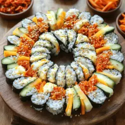 Für Korean Cheese Kimchi Kimbap brauchst du einige wichtige Zutaten: - 2 Tassen gekochter Rundkornreis - 2 Esslöffel Sesamöl - 1 Esslöffel Sojasauce - 1 Teelöffel Salz - 4 Blätter Nori (Seetang) - 1/2 Tasse Kimchi, gehackt - 1 Tasse Mozzarella-Käse, gerieben - 1 Karotte, in Julienne geschnitten - 1 Gurke, in Julienne geschnitten - 2 Eier, verquirlt und dünn ausgebacken, dann in Scheiben geschnitten - 1 Esslöffel Sesamsamen zum Garnieren Diese Zutaten bilden die Basis für ein leckeres und einfaches Gericht. Das Gemüse spielt eine große Rolle in Kimbap. Ich benutze Karotten und Gurken. - Karotten: Diese sind süß und knusprig. Schneide sie in feine Streifen. - Gurken: Sie geben Frische. Auch sie werden in Julienne geschnitten. Beide Gemüsesorten sorgen für gute Textur und Farbe. Der Käse macht das Gericht besonders. Ich empfehle Mozzarella. - Mozzarella: Er schmilzt gut und hat einen milden Geschmack. Er fügt eine cremige Note hinzu, die gut mit dem Kimchi harmoniert. Verwende den Käse großzügig, um das Kimbap perfekt zu machen. Du kannst die komplette Anleitung im Full Recipe finden. Um den perfekten Reis für dein Kimbap zu machen, beginne mit 2 Tassen Rundkornreis. Koche den Reis nach Anleitung und lasse ihn abkühlen. In einer großen Schüssel vermenge den Reis mit 2 Esslöffeln Sesamöl, 1 Esslöffel Sojasauce und 1 Teelöffel Salz. Rühre gut um. Der Reis sollte leicht klebrig sein und gut gewürzt schmecken. Das ist die Basis für dein Kimbap. Nimm ein Blatt Nori mit der glänzenden Seite nach unten. Lege es auf eine Bambusmatte oder ein sauberes Schneidebrett. Verwende nasse Hände, um etwa 1/2 Tasse des gewürzten Reises gleichmäßig auf dem Nori zu verteilen. Lasse oben etwa 2,5 cm frei. Das hilft beim Rollen. In der Mitte legst du das gehackte Kimchi, den geriebenen Mozzarella-Käse, die julienned Karotte, die julienned Gurke und einige Scheiben Omelett. Hebe die Bambusmatte an und beginne, das Kimbap straff zu rollen. Drücke sanft, um die Füllungen zu sichern. Rolle weiter, bis du das freie Ende erreichst. Befeuchte deinen Finger mit Wasser und versiegel die Kante. Wiederhole das mit den anderen Nori-Blättern. Nach dem Rollen schneide jede Kimbap-Rolle in Stücke von etwa 2,5 cm. Streue Sesamsamen über die Stücke für extra Crunch. - Vollständiges Rezept: Korean Cheese Kimchi Kimbap 🥬 Um den Reis für Kimbap perfekt zu machen, wähle Rundkornreis. Dieser Reis hat den besten Geschmack und die richtige Konsistenz. Koche den Reis in einem Reiskocher oder einem Topf mit Wasser. Wenn der Reis fertig ist, lass ihn kurz dampfen. Mische dann das Sesamöl, die Sojasauce und das Salz unter. So wird der Reis aromatisch und klebrig. Kimbap ist vielseitig. Du kannst verschiedene Füllungen verwenden, um jeden Geschmack zu treffen. Probiere Avocado für Cremigkeit oder eingelegte Radieschen für einen knackigen Biss. Du kannst auch gebratene Tofu-Streifen oder Spinat hinzufügen. Die Möglichkeiten sind endlos, und das macht Kimbap spannend. Das Schneiden der Kimbap-Rollen kann knifflig sein. Benutze ein scharfes Messer, das du vorher anfeuchtest. Dies hilft, die Rollen besser zu schneiden. Schneide die Rollen in gleichmäßige Stücke von etwa 2,5 cm. So sehen die Stücke schön aus und sind leicht zu essen. Stelle sicher, dass du die Kimbap nach dem Schneiden anrichtest, um sie ansprechend zu präsentieren. {{image_4}} Wenn du Kimbap ohne Fleisch magst, gibt es viele leckere Optionen. Du kannst Tofu oder gebratene Pilze verwenden. Diese Zutaten geben deinem Kimbap einen tollen Geschmack. Füge frisches Gemüse wie Spinat oder Paprika hinzu. Sie bringen Farbe und Crunch. Eine Kombination aus Kimchi und Avocado funktioniert auch prima. So bleibt dein Kimbap herzhaft und gesund. Käse ist der Star in diesem Rezept! Mozzarella gibt dir eine milde, cremige Note. Doch du kannst auch andere Käsesorten ausprobieren. Cheddar bringt eine würzige Tiefe. Gouda gibt ein süßliches Aroma. Frischkäse sorgt für eine besondere Cremigkeit. Denke daran, den Käse gut zu reiben oder zu schneiden, damit er schmilzt. So macht jeder Biss Freude. Wenn du es scharf magst, gibt es viele Wege, dein Kimbap aufzupeppen. Füge scharfe Soßen oder Gewürze zu deinem Kimchi hinzu. Du kannst auch eingelegte Jalapeños oder Sriracha verwenden. Diese Zutaten bringen einen tollen Kick ins Gericht. Eine Mischung aus scharfem und mildem Käse gibt eine spannende Balance. Probiere verschiedene Kombinationen aus, um deinen perfekten Biss zu finden. Um Kimbap frisch zu halten, verpacke es gut. Nutze Frischhaltefolie oder einen luftdichten Behälter. So bleibt der Reis weich und das Gemüse knackig. Kimbap schmeckt am besten, wenn es frisch ist. Wenn du es jedoch aufbewahren musst, achte darauf, die Stücke nicht zu lange offen zu lassen. Im Kühlschrank bleibt Kimbap für etwa 1 bis 2 Tage gut. Lege es in einen luftdichten Behälter. Vor dem Servieren kann es hilfreich sein, das Kimbap kurz auf Zimmertemperatur zu bringen. So entfaltet sich der Geschmack besser. Achte darauf, das Kimbap nicht zu lange zu lagern, da der Reis trocken werden kann. Du kannst Kimbap auch einfrieren. Schneide es in Stücke und wickle jedes Stück einzeln in Frischhaltefolie. Lege die Stücke dann in einen gefrierfesten Behälter oder einen Gefrierbeutel. So bleibt es bis zu 3 Monate haltbar. Zum Auftauen legst du die Stücke einfach in den Kühlschrank. Warte, bis sie vollständig aufgetaut sind, bevor du sie isst. Für Kimbap empfehle ich, reifes, leicht säuerliches Kimchi zu verwenden. Es gibt viele Sorten. Ein klassisches Napa-Kimchi passt perfekt. Es gibt einen tollen Geschmack, der gut mit Käse harmoniert. Achte darauf, dass das Kimchi gut abgetropft ist. So bleibt der Reis nicht matschig. Kimbap hält sich im Kühlschrank etwa zwei bis drei Tage. Du musst ihn gut verpacken. Verwende Frischhaltefolie oder eine luftdichte Box. So bleibt der Reis frisch und der Nori knusprig. Nach ein paar Tagen wird die Textur weicher. Daher ist es am besten, frisch zubereitet zu essen. Ja, du kannst Kimbap im Voraus machen. Bereite die Füllungen einen Tag vorher vor. Du kannst sie dann am Tag des Servierens rollen. So bleibt der Reis frisch und der Nori knusprig. Wenn du das Kimbap ganz machst, lagere es kühl. Schneide es erst kurz vor dem Servieren. Kimbap kann sehr gesund sein. Er enthält Reis, Gemüse, und Protein aus Eiern oder Käse. Gemüse liefert viele Vitamine. Du kannst die Füllungen anpassen, um mehr Nährstoffe hinzuzufügen. Achte darauf, nicht zu viel Öl oder Salz zu verwenden. So bleibt dein Kimbap leicht und nahrhaft. Korean Cheese Kimchi Kimbap ist ein leckeres und vielseitiges Gericht. In diesem Blogpost haben wir die Hauptzutaten, wichtige Schritte und praktische Tipps behandelt. Du kannst mit verschiedenen Füllungen und Käsesorten experimentieren, um deinen Geschmack zu treffen. Die Aufbewahrung ist einfach, sodass du die Reste gut nutzen kannst. Kimbap ist nicht nur gesund, sondern auch ein Genuss, den du leicht selbst zubereiten kannst. Probiere es aus und entdecke neue Variationen für dein nächstes Essen!