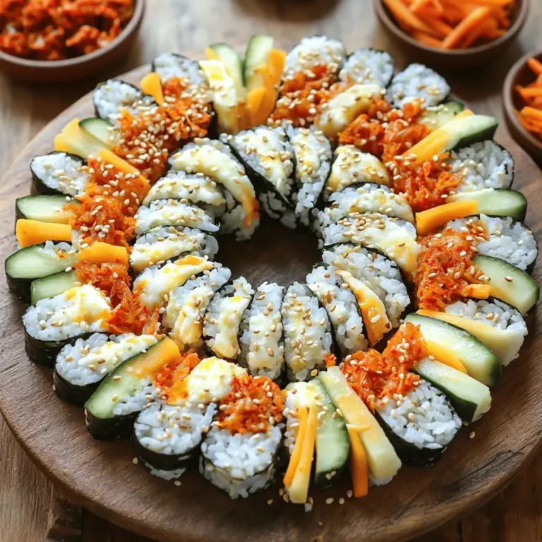 Für Korean Cheese Kimchi Kimbap brauchst du einige wichtige Zutaten: - 2 Tassen gekochter Rundkornreis - 2 Esslöffel Sesamöl - 1 Esslöffel Sojasauce - 1 Teelöffel Salz - 4 Blätter Nori (Seetang) - 1/2 Tasse Kimchi, gehackt - 1 Tasse Mozzarella-Käse, gerieben - 1 Karotte, in Julienne geschnitten - 1 Gurke, in Julienne geschnitten - 2 Eier, verquirlt und dünn ausgebacken, dann in Scheiben geschnitten - 1 Esslöffel Sesamsamen zum Garnieren Diese Zutaten bilden die Basis für ein leckeres und einfaches Gericht. Das Gemüse spielt eine große Rolle in Kimbap. Ich benutze Karotten und Gurken. - Karotten: Diese sind süß und knusprig. Schneide sie in feine Streifen. - Gurken: Sie geben Frische. Auch sie werden in Julienne geschnitten. Beide Gemüsesorten sorgen für gute Textur und Farbe. Der Käse macht das Gericht besonders. Ich empfehle Mozzarella. - Mozzarella: Er schmilzt gut und hat einen milden Geschmack. Er fügt eine cremige Note hinzu, die gut mit dem Kimchi harmoniert. Verwende den Käse großzügig, um das Kimbap perfekt zu machen. Du kannst die komplette Anleitung im Full Recipe finden. Um den perfekten Reis für dein Kimbap zu machen, beginne mit 2 Tassen Rundkornreis. Koche den Reis nach Anleitung und lasse ihn abkühlen. In einer großen Schüssel vermenge den Reis mit 2 Esslöffeln Sesamöl, 1 Esslöffel Sojasauce und 1 Teelöffel Salz. Rühre gut um. Der Reis sollte leicht klebrig sein und gut gewürzt schmecken. Das ist die Basis für dein Kimbap. Nimm ein Blatt Nori mit der glänzenden Seite nach unten. Lege es auf eine Bambusmatte oder ein sauberes Schneidebrett. Verwende nasse Hände, um etwa 1/2 Tasse des gewürzten Reises gleichmäßig auf dem Nori zu verteilen. Lasse oben etwa 2,5 cm frei. Das hilft beim Rollen. In der Mitte legst du das gehackte Kimchi, den geriebenen Mozzarella-Käse, die julienned Karotte, die julienned Gurke und einige Scheiben Omelett. Hebe die Bambusmatte an und beginne, das Kimbap straff zu rollen. Drücke sanft, um die Füllungen zu sichern. Rolle weiter, bis du das freie Ende erreichst. Befeuchte deinen Finger mit Wasser und versiegel die Kante. Wiederhole das mit den anderen Nori-Blättern. Nach dem Rollen schneide jede Kimbap-Rolle in Stücke von etwa 2,5 cm. Streue Sesamsamen über die Stücke für extra Crunch. - Vollständiges Rezept: Korean Cheese Kimchi Kimbap 🥬 Um den Reis für Kimbap perfekt zu machen, wähle Rundkornreis. Dieser Reis hat den besten Geschmack und die richtige Konsistenz. Koche den Reis in einem Reiskocher oder einem Topf mit Wasser. Wenn der Reis fertig ist, lass ihn kurz dampfen. Mische dann das Sesamöl, die Sojasauce und das Salz unter. So wird der Reis aromatisch und klebrig. Kimbap ist vielseitig. Du kannst verschiedene Füllungen verwenden, um jeden Geschmack zu treffen. Probiere Avocado für Cremigkeit oder eingelegte Radieschen für einen knackigen Biss. Du kannst auch gebratene Tofu-Streifen oder Spinat hinzufügen. Die Möglichkeiten sind endlos, und das macht Kimbap spannend. Das Schneiden der Kimbap-Rollen kann knifflig sein. Benutze ein scharfes Messer, das du vorher anfeuchtest. Dies hilft, die Rollen besser zu schneiden. Schneide die Rollen in gleichmäßige Stücke von etwa 2,5 cm. So sehen die Stücke schön aus und sind leicht zu essen. Stelle sicher, dass du die Kimbap nach dem Schneiden anrichtest, um sie ansprechend zu präsentieren. {{image_4}} Wenn du Kimbap ohne Fleisch magst, gibt es viele leckere Optionen. Du kannst Tofu oder gebratene Pilze verwenden. Diese Zutaten geben deinem Kimbap einen tollen Geschmack. Füge frisches Gemüse wie Spinat oder Paprika hinzu. Sie bringen Farbe und Crunch. Eine Kombination aus Kimchi und Avocado funktioniert auch prima. So bleibt dein Kimbap herzhaft und gesund. Käse ist der Star in diesem Rezept! Mozzarella gibt dir eine milde, cremige Note. Doch du kannst auch andere Käsesorten ausprobieren. Cheddar bringt eine würzige Tiefe. Gouda gibt ein süßliches Aroma. Frischkäse sorgt für eine besondere Cremigkeit. Denke daran, den Käse gut zu reiben oder zu schneiden, damit er schmilzt. So macht jeder Biss Freude. Wenn du es scharf magst, gibt es viele Wege, dein Kimbap aufzupeppen. Füge scharfe Soßen oder Gewürze zu deinem Kimchi hinzu. Du kannst auch eingelegte Jalapeños oder Sriracha verwenden. Diese Zutaten bringen einen tollen Kick ins Gericht. Eine Mischung aus scharfem und mildem Käse gibt eine spannende Balance. Probiere verschiedene Kombinationen aus, um deinen perfekten Biss zu finden. Um Kimbap frisch zu halten, verpacke es gut. Nutze Frischhaltefolie oder einen luftdichten Behälter. So bleibt der Reis weich und das Gemüse knackig. Kimbap schmeckt am besten, wenn es frisch ist. Wenn du es jedoch aufbewahren musst, achte darauf, die Stücke nicht zu lange offen zu lassen. Im Kühlschrank bleibt Kimbap für etwa 1 bis 2 Tage gut. Lege es in einen luftdichten Behälter. Vor dem Servieren kann es hilfreich sein, das Kimbap kurz auf Zimmertemperatur zu bringen. So entfaltet sich der Geschmack besser. Achte darauf, das Kimbap nicht zu lange zu lagern, da der Reis trocken werden kann. Du kannst Kimbap auch einfrieren. Schneide es in Stücke und wickle jedes Stück einzeln in Frischhaltefolie. Lege die Stücke dann in einen gefrierfesten Behälter oder einen Gefrierbeutel. So bleibt es bis zu 3 Monate haltbar. Zum Auftauen legst du die Stücke einfach in den Kühlschrank. Warte, bis sie vollständig aufgetaut sind, bevor du sie isst. Für Kimbap empfehle ich, reifes, leicht säuerliches Kimchi zu verwenden. Es gibt viele Sorten. Ein klassisches Napa-Kimchi passt perfekt. Es gibt einen tollen Geschmack, der gut mit Käse harmoniert. Achte darauf, dass das Kimchi gut abgetropft ist. So bleibt der Reis nicht matschig. Kimbap hält sich im Kühlschrank etwa zwei bis drei Tage. Du musst ihn gut verpacken. Verwende Frischhaltefolie oder eine luftdichte Box. So bleibt der Reis frisch und der Nori knusprig. Nach ein paar Tagen wird die Textur weicher. Daher ist es am besten, frisch zubereitet zu essen. Ja, du kannst Kimbap im Voraus machen. Bereite die Füllungen einen Tag vorher vor. Du kannst sie dann am Tag des Servierens rollen. So bleibt der Reis frisch und der Nori knusprig. Wenn du das Kimbap ganz machst, lagere es kühl. Schneide es erst kurz vor dem Servieren. Kimbap kann sehr gesund sein. Er enthält Reis, Gemüse, und Protein aus Eiern oder Käse. Gemüse liefert viele Vitamine. Du kannst die Füllungen anpassen, um mehr Nährstoffe hinzuzufügen. Achte darauf, nicht zu viel Öl oder Salz zu verwenden. So bleibt dein Kimbap leicht und nahrhaft. Korean Cheese Kimchi Kimbap ist ein leckeres und vielseitiges Gericht. In diesem Blogpost haben wir die Hauptzutaten, wichtige Schritte und praktische Tipps behandelt. Du kannst mit verschiedenen Füllungen und Käsesorten experimentieren, um deinen Geschmack zu treffen. Die Aufbewahrung ist einfach, sodass du die Reste gut nutzen kannst. Kimbap ist nicht nur gesund, sondern auch ein Genuss, den du leicht selbst zubereiten kannst. Probiere es aus und entdecke neue Variationen für dein nächstes Essen!