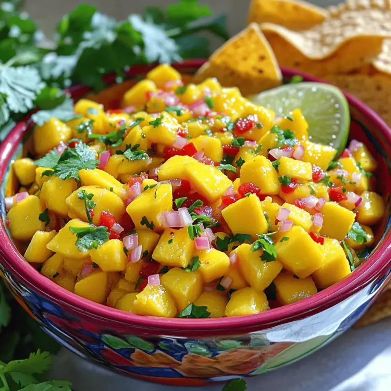 Die Hauptzutaten sind einfach und frisch. Du benötigst: - 2 reife Mangos, gewürfelt - 1 rote Paprika, fein gehackt - 1 kleine rote Zwiebel, fein gehackt - 1 Jalapeño, entkernt und fein gehackt - 1/4 Tasse frischer Koriander, gehackt - Saft von 2 Limetten - Salz und Pfeffer nach Geschmack Diese Zutaten bringen Farbe und Geschmack in dein Gericht. Die Süße der Mangos passt perfekt zur Schärfe der Jalapeño. Um die Salsa noch leckerer zu machen, kannst du einige optionale Zutaten hinzufügen: - 1 Esslöffel Honig (für eine süßere Note) - 1/2 Tasse gewürfelte Tomaten (für zusätzliche Frische) - 1/4 Tasse gewürfelte Avocado (für Cremigkeit) Diese Zutaten bringen Vielfalt in den Geschmack. Probiere sie aus, um deine eigene Version zu kreieren. Hast du keine Jalapeños? Kein Problem! Du kannst sie durch milde Paprika ersetzen. Magst du keinen Koriander? Petersilie ist ein guter Ersatz. Für Limettensaft kannst du auch Zitronensaft verwenden. Diese Substitutionen helfen, die Salsa nach deinem Geschmack anzupassen. Für das vollständige Rezept schaue dir die Mango Tango Salsa an. Zuerst wählen Sie zwei reife Mangos aus. Achten Sie darauf, dass sie weich sind, aber nicht matschig. Schälen Sie die Mangos und schneiden Sie sie in kleine Würfel. Diese Würfel legen Sie in eine große Schüssel. Dann nehmen Sie eine rote Paprika und schneiden sie in feine Stücke. Die Paprika bringt Farbe und Crunch in die Salsa. Als Nächstes benötigen Sie eine kleine rote Zwiebel. Schneiden Sie diese ebenfalls klein. Die Zwiebel gibt der Salsa einen tollen Geschmack. Wenn Sie etwas Schärfe mögen, nehmen Sie eine Jalapeño. Entfernen Sie die Samen und schneiden Sie sie fein. Jetzt haben Sie alle frischen Zutaten bereit. Beginnen Sie mit den Mangowürfeln in der Schüssel. Fügen Sie die gehackte Paprika, die Zwiebel und die Jalapeño hinzu. Geben Sie dann 1/4 Tasse frischen Koriander dazu. Der Koriander bringt ein frisches Aroma. Pressen Sie den Saft von zwei Limetten über die Mischung. Der Limettensaft sorgt für Frische und einen schönen Kontrast zur Süße der Mangos. Falls Sie es süßer mögen, fügen Sie 1 Esslöffel Honig hinzu. Mischen Sie alles vorsichtig, damit die Mangostücke intakt bleiben. Jetzt schmecken Sie die Salsa mit Salz und Pfeffer ab. Passen Sie die Gewürze nach Ihrem Geschmack an. Um den besten Geschmack zu erzielen, lassen Sie die Salsa mindestens 30 Minuten im Kühlschrank ziehen. So verbinden sich die Aromen gut. Wenn Sie die Salsa servieren, verwenden Sie eine bunte Schüssel. Garnieren Sie die Salsa mit zusätzlichen Korianderblättern. Diese kleinen Tipps helfen, die Salsa noch besser zu machen. Genießen Sie Ihre Mango Salsa frisch und geschmackvoll! Für das vollständige Rezept, schauen Sie sich die Mango Tango Salsa an. Ein häufiger Fehler ist die Wahl unreifer Mangos. Sie sind oft hart und geschmacklos. Achte darauf, dass die Mangos reif sind. Sie sollten weich, aber nicht matschig sein. Ein weiterer Fehler ist, die Salsa nicht lange genug ziehen zu lassen. Lass sie mindestens 30 Minuten im Kühlschrank. So verbinden sich die Aromen besser. Die Schärfe kannst du leicht anpassen. Wenn du es scharf magst, füge mehr Jalapeño hinzu. Entferne die Samen für weniger Schärfe. Eine kleine Menge kann den Geschmack stark verändern. Probiere die Salsa nach dem Mischen. So kannst du die Schärfe nach deinem Geschmack anpassen. Um den besten Geschmack zu erzielen, verwende frische Zutaten. Frische Limetten und Koriander machen einen großen Unterschied. Mische die Salsa gut, aber zerdrücke die Mangos nicht. Eine gute Präsentation hilft auch. Serviere die Salsa in einer bunten Schüssel. So sieht alles einladend aus. Wenn du diese Tipps befolgst, wird deine Mango Salsa frisch und geschmackvoll sein. Für das vollständige Rezept schau dir das Rezept für Mango Tango Salsa an. {{image_4}} Mango Salsa ist vielseitig und lässt sich leicht anpassen. Fügen Sie frische Ananas hinzu, um eine tropische Note zu erzielen. Die süße Ananas ergänzt die Mango perfekt. Sie können auch Pfirsiche oder Kiwi verwenden. Diese Früchte bringen zusätzliche Süße und Farbe. Probieren Sie auch Granatapfelkerne. Sie fügen einen tollen Crunch hinzu und sehen hübsch aus. Kräuter machen Ihre Salsa frisch und aromatisch. Neben Koriander können Sie Minze verwenden. Minze gibt der Salsa eine kühlende Note. Petersilie ist eine weitere gute Wahl für einen milden Geschmack. Wenn Sie es würziger mögen, fügen Sie frischen Basilikum hinzu. Jedes Kraut bringt seinen eigenen Charakter in die Salsa. Ein bisschen Süße und Säure bringt Ihre Mango Salsa zum Leben. Fügen Sie Limette oder Zitronensaft hinzu, um mehr Frische zu erreichen. Wenn Sie es süßer mögen, experimentieren Sie mit Honig oder agavendicksaft. Diese Zutaten balancieren den Geschmack und machen die Salsa noch schmackhafter. Probieren Sie auch einen Spritzer Essig für eine zusätzliche süß-saure Note. Um die frische der Mango Salsa zu erhalten, lagern Sie sie im Kühlschrank. Verwenden Sie einen luftdichten Behälter. So bleibt die Salsa länger haltbar. Stellen Sie sicher, dass der Behälter gut verschlossen ist. Platzieren Sie ihn im Hauptteil des Kühlschranks, nicht in der Tür. Dort bleibt die Temperatur stabiler. Frisch zubereitete Mango Salsa hält sich gut im Kühlschrank. Normalerweise bleibt sie 3 bis 5 Tage frisch. Nach dieser Zeit kann der Geschmack nachlassen. Achten Sie darauf, die Salsa immer gut zu verschließen. So bleibt sie länger lecker. Wenn die Salsa nicht mehr frisch ist, gibt es einige Anzeichen. Die Farben können fahl werden. Auch ein unangenehmer Geruch ist ein Warnzeichen. Wenn die Salsa schleimig oder wässrig aussieht, ist sie nicht mehr gut. In diesem Fall sollten Sie sie entsorgen. Vertrauen Sie Ihrem Gefühl. Frische Salsa ist immer am besten. Mango Salsa bleibt bis zu fünf Tage im Kühlschrank frisch. Bewahren Sie sie in einem luftdichten Behälter auf. So bleibt der Geschmack gut erhalten. Nach einigen Tagen kann die Salsa etwas wässrig werden. Rühren Sie sie vor dem Servieren gut durch. Ja, Sie können Mango Salsa einfrieren. Füllen Sie sie in einen gefrierfesten Behälter oder Beutel. Lassen Sie etwas Platz, damit die Salsa beim Gefrieren expandieren kann. Die Salsa hält sich bis zu drei Monate im Gefrierfach. Denken Sie daran, die Salsa vor dem Servieren im Kühlschrank auftauen zu lassen. Mango Salsa passt gut zu vielen Gerichten. Sie können sie mit Tortilla-Chips genießen. Auch als Topping für gegrillten Fisch oder Hähnchen ist sie hervorragend. Versuchen Sie, sie auf Tacos oder Burritos zu geben. Sie verleiht jedem Gericht einen frischen, fruchtigen Geschmack. Ein einfaches und leckeres Rezept finden Sie in der [Full Recipe]. Diese Anleitung zu Mango Salsa zeigt, wie Sie köstliche Zutaten und Zubereitungstechniken nutzen. Wir haben die Hauptzutaten behandelt und Schritte für eine perfekte Mischung gegeben. Sie wissen jetzt, wie man häufige Fehler vermeidet und die Schärfe anpasst. Vergessen Sie nicht, Ihre Salsa richtig zu lagern, um frischen Geschmack zu bewahren. Experimentieren Sie mit Variationen und genießen Sie kreative Kombinationen. Nutzen Sie diese Tipps, um Ihre Mango Salsa zu perfektionieren und Ihre Gäste zu beeindrucken. Viel Spaß beim Kochen!