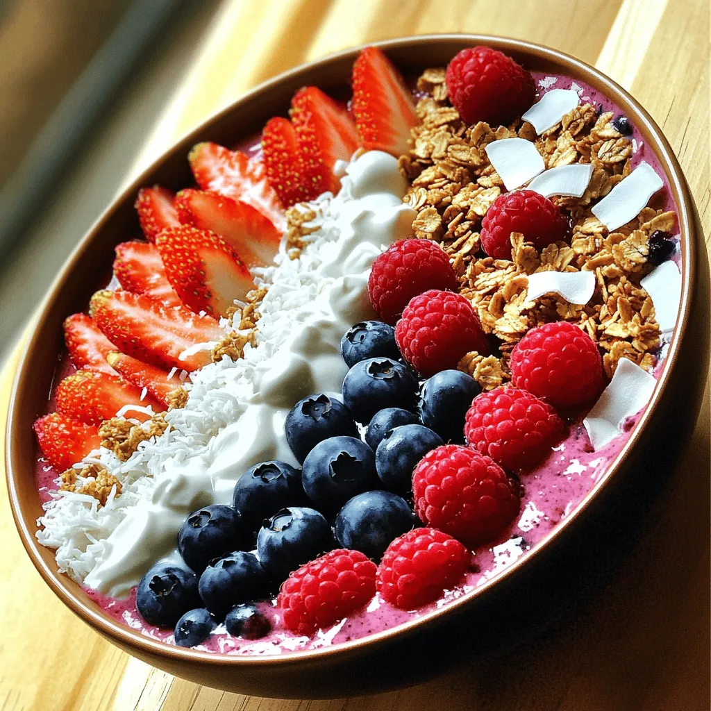 Für die perfekte berry smoothie bowl benötigen Sie: - 1 Tasse gemischte Beeren (Erdbeeren, Heidelbeeren, Himbeeren) - 1 reife Banane - 1 Tasse Mandelmilch (oder eine andere Milch Ihrer Wahl) - 2 Esslöffel Honig oder Ahornsirup (optional) - 1/4 Tasse griechischer Joghurt (für Cremigkeit) - 1/2 Teelöffel Vanilleextrakt - 1/4 Tasse Granola (nach Wahl) - Frische Beeren und Kokosraspeln zur Garnitur Es gibt viele Alternativen, die Sie verwenden können. Wenn Sie lactoseintolerant sind, kann Sojamilch oder Hafermilch eine gute Wahl sein. Für vegane Optionen lassen Sie den griechischen Joghurt weg oder ersetzen Sie ihn durch pflanzlichen Joghurt. Sie könnten auch den Honig durch Agavendicksaft ersetzen. Die Zutaten in dieser smoothie bowl sind nicht nur lecker, sondern auch gesund. Beeren sind reich an Vitaminen und Antioxidantien. Eine Tasse gemischte Beeren hat etwa: - 70 Kalorien - 1 Gramm Protein - 0,5 Gramm Fett - 17 Gramm Kohlenhydrate Die Banane fügt zusätzliche 105 Kalorien hinzu und liefert Kalium. Mandelmilch ist kalorienarm und hat gesunde Fette. Granola bringt Ballaststoffe und etwas Süße. Wenn Sie mehr Informationen suchen, schauen Sie sich das [Full Recipe] an. Um eine leckere Berry Smoothie Bowl zu machen, fangen wir mit den Zutaten an. Du benötigst: - 1 Tasse gemischte Beeren (Erdbeeren, Heidelbeeren, Himbeeren) - 1 Banane, reif - 1 Tasse Mandelmilch (oder eine andere Milch deiner Wahl) - 2 Esslöffel Honig oder Ahornsirup (optional) - 1/4 Tasse griechischer Joghurt (für Cremigkeit) - 1/2 Teelöffel Vanilleextrakt - 1/4 Tasse Granola (nach Wahl) - Frische Beeren und Kokosraspeln zur Garnitur Gib alle Zutaten in den Mixer. Mixe sie gut, bis die Mischung glatt und cremig ist. Wenn du es kalt magst, füge ein paar Eiswürfel hinzu und mixe erneut. Gieße die Mischung in eine Schüssel und dekoriere sie mit Granola, frischen Beeren und Kokosraspeln. Achte darauf, die richtigen Einstellungen im Mixer zu wählen. Beginne mit niedriger Geschwindigkeit und erhöhe sie langsam. So vermischt sich alles gut, und du vermeidest Klumpen. Wenn du einen leistungsstarken Mixer hast, kannst du die Zutaten auch schnell mixen. Wenn du eine dickere Konsistenz möchtest, füge weniger Flüssigkeit hinzu. Die ideale Smoothie Bowl hat eine dicke, cremige Textur. Wenn deine Mischung zu flüssig ist, kannst du mehr gefrorene Beeren oder eine zusätzliche Banane hinzufügen. Um die Bowl perfekt zu machen, achte darauf, dass die Mischung nicht zu dünnflüssig ist, damit das Granola oben bleibt. Experimentiere mit der Menge an Joghurt für mehr Cremigkeit oder weniger, wenn du es leichter magst. Für das vollständige Rezept schau dir die Details an. Die Präsentation ist wichtig für ein gutes Essen. Eine schöne Schüssel macht den Unterschied. Verwende eine flache Schüssel für die Smoothie-Bowl. Das sieht toll aus. Du kannst die Smoothie-Mischung in der Mitte anrichten. Lass etwas Platz für die Toppings. Ein bunter Farbkontrast macht alles ansprechender. Verwende frische Beeren, Kokosraspeln und Granola. Das sieht nicht nur gut aus, sondern schmeckt auch besser. Die Toppings sind der Schlüssel zum Geschmack deiner Smoothie-Bowl. Hier sind einige tolle Ideen: - Chiasamen: Sie geben einen zusätzlichen Crunch und sind gesund. - Nüsse: Mandeln oder Walnüsse bringen mehr Textur. - Honig oder Ahornsirup: Ein Spritzer sorgt für extra Süße. - Kokosflocken: Sie geben einen tropischen Geschmack. - Joghurt: Ein Klecks griechischer Joghurt macht es cremiger. Fühle dich frei, kreativ zu sein! Mixe verschiedene Toppings für mehr Abwechslung. Ein paar Fehler können das Erlebnis ruinieren. Hier sind häufige Probleme und ihre Lösungen: - Zu viel Flüssigkeit: Füge weniger Milch hinzu, um die richtige Konsistenz zu erreichen. - Nicht gut gemischt: Mische die Zutaten gründlich, damit die Textur cremig wird. - Eintöniger Geschmack: Verwende verschiedene Beeren für mehr Tiefe im Geschmack. - Falsche Toppings: Verwende frische und knusprige Toppings, um die Bowl nicht matschig zu machen. Mit diesen Tipps kannst du deine Berry Smoothie Bowl noch besser machen! Verwende das [Full Recipe] für mehr Details. {{image_4}} Für eine vegane Smoothie-Schüssel ersetze den griechischen Joghurt durch Kokosjoghurt. Das gibt eine cremige Textur und einen tollen Geschmack. Du kannst auch den Honig durch Agavendicksaft oder Dattelsirup ersetzen. Diese süßen Optionen sind perfekt für vegane Ernährung. Die Wahl der Beeren kann deinen Smoothie stark verändern. Im Sommer sind frische Erdbeeren und Himbeeren großartig. Im Winter nutze gefrorene Beeren, die oft süßer sind. Heidelbeeren sind das ganze Jahr über verfügbar und bieten einen tollen Geschmack. Experimentiere mit verschiedenen Beeren, um neue Aromen zu entdecken. Toppings machen deine Smoothie-Schüssel besonders. Probiere Nüsse für einen Crunch. Chiasamen oder Leinsamen fügen gesunde Fette hinzu. Für eine süßere Note kannst du Honig oder Erdnussbutter verwenden. Diese Mix-Ins schaffen Abwechslung und passen zu deinem persönlichen Geschmack. Du kannst sogar ein paar Stücke dunkler Schokolade hinzufügen, wenn du Lust auf etwas Süßes hast. Die Smoothie-Mischung bleibt frisch, wenn Sie sie richtig aufbewahren. Lagern Sie die Mischung in einem luftdichten Behälter. Stellen Sie sicher, dass der Deckel fest sitzt. So bleibt die Mischung länger frisch und behält ihren Geschmack. Im Kühlschrank hält die Smoothie-Mischung etwa 1 bis 2 Tage. Achten Sie darauf, dass der Behälter gut verschlossen ist. Wenn Sie die Mischung länger aufbewahren möchten, ist das Einfrieren eine gute Option. Um Beeren einzufrieren, waschen Sie sie zuerst gut. Entfernen Sie die Stiele und legen Sie die Beeren auf ein Backblech. Frieren Sie sie für ein paar Stunden ein, bis sie fest sind. Danach können Sie die Beeren in einen Beutel legen und wieder einfrieren. So bleiben die Beeren frisch und lecker für Ihre nächste Smoothie-Bowl. Um die beste Smoothie-Schüssel zu machen, wähle frische Zutaten. Eine gute Mischung aus Beeren und einer Banane sorgt für einen tollen Geschmack. Verwende auch Mandelmilch für eine cremige Basis. Mixe alles gut, bis die Mischung glatt ist. Du kannst die Smoothie-Schüssel mit Granola und frischen Beeren dekorieren. Das gibt eine schöne Textur und Farbe. Ja, du kannst viele andere Früchte verwenden. Mango, Ananas oder Spinat sind tolle Optionen. Jede Frucht bringt ihren eigenen Geschmack. Verwende deine Lieblingsfrüchte oder das, was du gerade zu Hause hast. Das macht das Rezept flexibel und spannend. Ja, eine Smoothie-Schüssel kann sehr gesund sein. Sie enthält viele Vitamine und Ballaststoffe. Die Beeren sind reich an Antioxidantien, die gut für die Gesundheit sind. Griechischer Joghurt liefert Protein. Iss sie als Frühstück oder Snack. Sie sind nahrhaft und lecker. Für das vollständige Rezept schaue dir die Anleitung oben an. In diesem Artikel haben wir alles über Smoothie-Schüsseln besprochen. Wir haben die Zutaten, Rezepte und viele nützliche Tipps behandelt. Du hast gelernt, wie du Zutaten anpassen und deine Schüssel dekorieren kannst. Wir haben auch über die Aufbewahrung und die häufigsten Fehler gesprochen. Smoothie-Schüsseln sind nicht nur lecker, sie sind auch gesund. Probiere deine eigenen Varianten und genieße jede Verbindung von Geschmack und Nährstoffen.