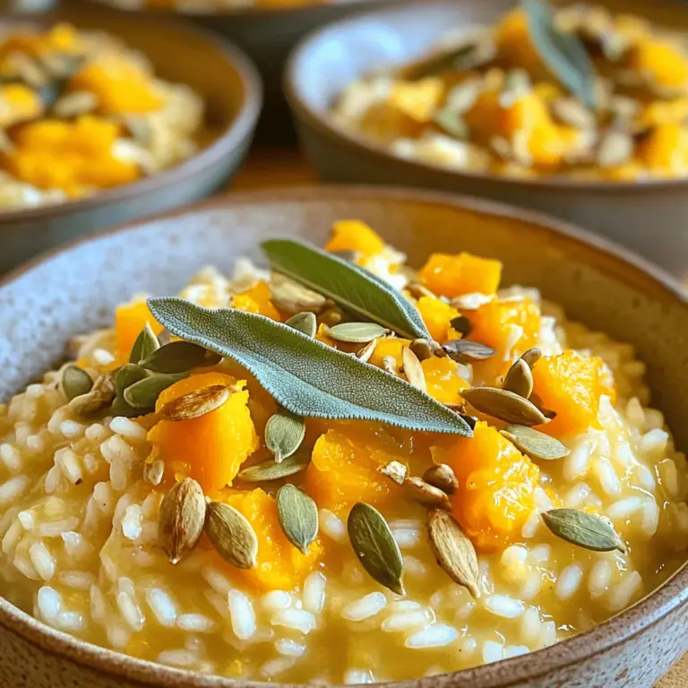 Um einen köstlichen Risotto zu machen, brauchen wir einige Hauptzutaten. Diese sind: - 1 mittelgroßer Butternusskürbis, geschält und gewürfelt - 1 Tasse Arborio-Reis - 4 Tassen Gemüsebrühe (warm halten) - 1 mittelgroße Zwiebel, fein gehackt - 2 Knoblauchzehen, gehackt - 1/2 Tasse geriebener Parmesan (oder Nährhefe für eine vegane Option) Diese Zutaten geben dem Risotto seine schöne Textur und den guten Geschmack. Für den extra Geschmack verwenden wir auch einige Gewürze und Öle. Diese sind wichtig für das Aroma: - 2 Esslöffel Olivenöl - 1 Esslöffel frischer Salbei, gehackt (oder 1 Teelöffel getrockneter Salbei) - Salz und Pfeffer nach Geschmack Das Olivenöl hilft, die Zutaten gut zu braten. Der Salbei bringt eine frische Note, die super passt. Wenn Sie möchten, können Sie Ihr Risotto auch verfeinern. Hier sind einige optionale Zutaten: - 1/4 Tasse Schlagsahne (für zusätzliche Cremigkeit) - Geröstete Kürbiskerne zur Garnitur Die Schlagsahne macht das Risotto noch cremiger. Die gerösteten Kürbiskerne geben einen tollen Crunch. Für das vollständige Rezept schauen Sie sich das [Full Recipe] an. Zuerst bereiten wir alle Zutaten vor. Du brauchst: - 1 mittelgroßen Butternusskürbis, geschält und gewürfelt - 1 Tasse Arborio-Reis - 4 Tassen Gemüsebrühe (warm halten) - 1 mittelgroße Zwiebel, fein gehackt - 2 Knoblauchzehen, gehackt - 1/2 Tasse geriebener Parmesan - 2 Esslöffel Olivenöl - 1 Esslöffel frischer Salbei, gehackt - Salz und Pfeffer nach Geschmack - 1/4 Tasse Schlagsahne (optional) - Geröstete Kürbiskerne zur Garnitur Sammle alles und stelle sicher, dass du genug Platz hast. Erhitze das Olivenöl in einem großen Topf bei mittlerer Hitze. Füge die Kürbiswürfel hinzu und brate sie 5-7 Minuten an, bis sie weich sind. Nimm den Kürbis aus dem Topf und stelle ihn zur Seite. Gib die gehackte Zwiebel in den Topf. Dünste sie für 4-5 Minuten, bis sie durchsichtig ist. Füge dann den Knoblauch hinzu und dünste ihn eine weitere Minute. Jetzt kommt der Arborio-Reis. Gib ihn in den Topf und röste ihn für 2 Minuten. Rühre gut um, damit die Körner gleichmäßig rösten. Füge nach und nach die warme Gemüsebrühe hinzu. Nimm jeweils eine Schöpfkelle und rühre ständig. Lass den Reis die Brühe fast vollständig aufnehmen, bevor du mehr hinzufügst. Dieser Schritt dauert etwa 18-20 Minuten. Der Reis sollte cremig und al dente sein. Sobald der Reis gar ist, rühre den sautierten Butternusskürbis, den Salbei und den Parmesan ein. Falls du magst, füge die Schlagsahne für mehr Cremigkeit hinzu. Schmecke mit Salz und Pfeffer ab. Nimm den Topf vom Herd und lass das Risotto ein paar Minuten ruhen. Serviere das Risotto in flachen Schalen. Garniere es mit gerösteten Kürbiskernen und frisch gehacktem Salbei. So sieht es nicht nur gut aus, sondern schmeckt auch lecker. Du findest die vollständige Anleitung unter dem Titel "Herzhafter Kürbis-Risotto". Um cremiges Risotto zu machen, ist die richtige Technik wichtig. Verwende Arborio-Reis, denn er hat viel Stärke. Rühre den Reis gut um, während du die Brühe hinzufügst. So entsteht eine schöne Cremigkeit. Achte darauf, die Brühe warm zu halten, damit der Kochprozess gleichmäßig bleibt. Ein häufiger Fehler ist, zu viel Brühe auf einmal hinzuzufügen. Füge die Brühe langsam hinzu, eine Schöpfkelle nach der anderen. Ein weiterer Fehler ist, den Reis zu lange zu kochen. Risotto sollte al dente sein, also noch einen kleinen Biss haben. Um dein Risotto zu verfeinern, kannst du verschiedene Toppings nutzen. Geröstete Kürbiskerne geben einen tollen Crunch und Geschmack. Frischer Salbei oder Parmesan sorgen für zusätzlichen Geschmack. Lass deiner Kreativität freien Lauf und probiere auch andere Kräuter oder Nüsse! Für das Full Recipe klicke hier. {{image_4}} Für eine vegetarische Version verwenden Sie einfach Parmesan. Für Veganer nutzen Sie Nährhefe. Diese gibt einen tollen, käsigen Geschmack. Wenn Sie es noch gesünder möchten, probieren Sie pflanzliche Butter oder Olivenöl. Achten Sie darauf, die Schlagsahne wegzulassen, um das Risotto vegan zu halten. Sie können das Risotto mit anderen Gemüsesorten aufpeppen. Kürbis ist großartig, aber auch Spinat, Erbsen oder Pilze passen gut. Mögen Sie es schärfer? Fügen Sie rote Paprika oder Chili hinzu. Für zusätzliche Frische verwenden Sie Zitrone oder Limette. Diese Aromen bringen das Gericht auf ein neues Level. Wenn Sie glutenfrei essen, stellen Sie sicher, dass die Brühe glutenfrei ist. Für eine kohlenhydratarme Diät können Sie den Reis durch Blumenkohlreis ersetzen. Dies macht das Gericht leichter. Achten Sie beim Kochen auf Ihre Diät. So können Sie das Risotto nach Ihren Bedürfnissen anpassen. Für das vollständige Rezept, schauen Sie sich die Anleitung oben an. Um Risotto richtig zu lagern, lassen Sie es zuerst abkühlen. Füllen Sie es dann in einen luftdichten Behälter. Lagern Sie den Behälter im Kühlschrank. So bleibt das Gericht frisch und lecker. Risotto hält sich im Kühlschrank etwa 3 Tage. Achten Sie darauf, dass es gut verpackt ist. Überprüfen Sie es vor dem Verzehr auf Geruch oder Veränderungen. Wenn alles gut aussieht, können Sie es sicher essen. Risotto kann auch eingefroren werden. Teilen Sie es in Portionen auf und legen Sie diese in Gefrierbeutel. So können Sie es bis zu 2 Monate aufbewahren. Um es aufzutauen, lassen Sie es über Nacht im Kühlschrank. Erhitzen Sie es dann langsam in einem Topf. Fügen Sie etwas Brühe oder Wasser hinzu, um die Cremigkeit zu verbessern. Für das Rezept und die Zubereitung, schauen Sie sich das Full Recipe an. Um den besten Risotto zu machen, brauche ich frische Zutaten und Zeit. Ich beginne mit Arborio-Reis. Dieser Reis hat viel Stärke und gibt dem Risotto eine cremige Textur. Ich röste den Reis zuerst. Das bringt den Geschmack hervor. Dann füge ich nach und nach warme Brühe hinzu. So kann der Reis die Flüssigkeit gut aufnehmen. Rühren ist wichtig, damit der Risotto gleichmäßig kocht. Am Ende gebe ich Käse und Gewürze hinzu. Das macht den Risotto besonders lecker. Ja, frischer Butternusskürbis ist perfekt für Risotto. Er gibt einen tollen süßen Geschmack. Ich schäle und würfle den Kürbis. Dann brate ich ihn an, bis er weich ist. Dies passiert in etwa 5-7 Minuten. So bleibt der Kürbis in Stücke und hat mehr Textur. Wenn ich ihn am Ende unterrühre, wird der Risotto noch schmackhafter. Die gesamte Kochzeit für Risotto beträgt etwa 35 Minuten. Die Vorbereitungszeit ist etwa 15 Minuten. Dann koche ich den Risotto für 18-20 Minuten. Ich füge die Brühe schrittweise hinzu und rühre ständig. Wenn der Reis gar ist, ist es Zeit, den Kürbis und Käse hinzuzufügen. Diese Schritte sorgen dafür, dass der Risotto perfekt wird. Wenn Sie mehr Details suchen, schauen Sie sich das Rezept [Full Recipe] an. Risotto ist ein einfaches Gericht mit vielen Möglichkeiten. Wir haben die Hauptzutaten, Gewürze und optionale Zutaten besprochen. Ich habe Schritt für Schritt erklärt, wie du Risotto zubereitest. Außerdem gab es Tipps, um es cremig zu machen und Fehler zu vermeiden. Variationen helfen, das Gericht für jeden Geschmack anzupassen. Schließlich hast du gelernt, wie man Risotto richtig lagert. Genieße dein Risotto und experimentiere mit neuen Zutaten!