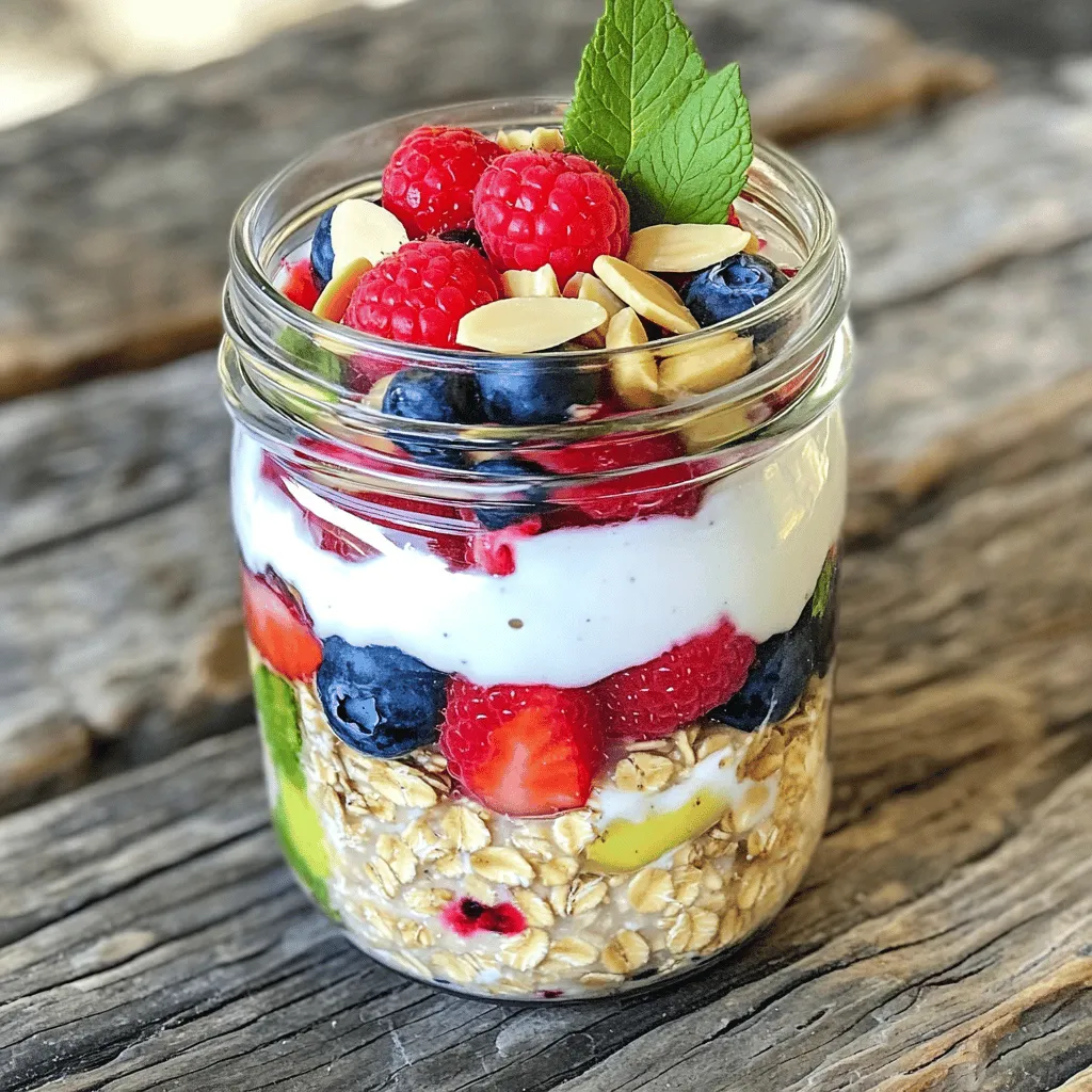 Für die Beeren-Überraschung Übernacht Haferflocken brauche ich folgende Hauptzutaten: - 1 Tasse zarte Haferflocken - 1 Tasse Mandelmilch (oder Milch nach Wahl) - 1/2 Tasse griechischer Joghurt - 1 Esslöffel Honig oder Ahornsirup (nach Geschmack) - 1/2 Teelöffel Vanilleextrakt - 1/2 Tasse gemischte Beeren (Erdbeeren, Blaubeeren, Himbeeren) - 1 Esslöffel Chiasamen - 1 Esslöffel Mandelblättchen (optional) - Frische Minzblätter zur Dekoration Diese Zutaten sorgen für einen frischen und nahrhaften Start in den Tag. Die Haferflocken liefern Ballaststoffe. Sie helfen, den Hunger zu stillen. Der griechische Joghurt gibt eine cremige Textur. Zudem bringt er Protein in die Mahlzeit. Die Beeren fügen natürliche Süße und Vitamine hinzu. Ich liebe, mit den Zutaten zu spielen. Hier sind einige Alternativen: - Verwende Kokosmilch für einen anderen Geschmack. - Nutze pflanzlichen Joghurt für eine vegane Option. - Ersetze Honig durch Agavendicksaft für eine süße Note. - Füge Nüsse oder Samen für mehr Crunch hinzu. Jeder kann die Rezepte an den eigenen Geschmack anpassen. Das macht das Kochen spannend und kreativ. Hier sind die Nährwerte der Hauptzutaten: - Haferflocken: reich an Ballaststoffen, gut für die Verdauung. - Mandelmilch: kalorienarm, laktosefrei, enthält gesunde Fette. - Griechischer Joghurt: hoher Proteingehalt, gut für Muskeln. - Beeren: voller Vitamine, Antioxidantien und natürlicher Süße. Diese Zutaten machen die Beeren-Überraschung Übernacht Haferflocken zu einer gesunden Wahl. Sie sind nicht nur lecker, sondern auch nahrhaft. Du hast die volle Kontrolle über die Zutaten. So kannst du sicherstellen, dass du eine gesunde Mahlzeit genießt. Wenn du mehr über das Rezept erfahren möchtest, schau dir das [Full Recipe] an. Zuerst sammelst du alle Zutaten. Das macht den Prozess schneller und einfacher. Für die Beeren-Überraschung Übernacht Haferflocken brauchst du: - 1 Tasse zarte Haferflocken - 1 Tasse Mandelmilch - 1/2 Tasse griechischer Joghurt - 1 Esslöffel Honig oder Ahornsirup - 1/2 Teelöffel Vanilleextrakt - 1/2 Tasse gemischte Beeren - 1 Esslöffel Chiasamen - 1 Esslöffel Mandelblättchen (optional) - Frische Minzblätter zur Dekoration Lege alles bereit. So kannst du gleich anfangen. Nimm eine mittelgroße Rührschüssel. Gib die zarten Haferflocken, die Mandelmilch und den griechischen Joghurt hinein. Füge Honig oder Ahornsirup und Vanilleextrakt hinzu. Mische alles gut. Jetzt kommen die Chiasamen dazu. Rühre sie gleichmäßig unter die Mischung. Jetzt ist es Zeit für die Beeren. Hebe die gemischten Beeren vorsichtig unter. Achte darauf, dass sie gut verteilt sind. Danach verteilst du die Haferflocken-Mischung auf zwei Einmachgläser oder luftdichte Behälter. Schließe die Behälter fest. Stelle sie dann in den Kühlschrank. Über Nacht können die Haferflocken quellen. Die Chiasamen werden auch weich. Am Morgen, rühre die Haferflocken gut um. Falls sie zu dick sind, füge einen Schuss Milch hinzu. Garnieren kannst du das Ganze mit zusätzlichen Beeren, Mandelblättchen und frischen Minzblättern. So sieht es nicht nur toll aus, sondern schmeckt auch frisch und lecker! Einer der häufigsten Fehler ist, die Haferflocken nicht richtig zu mischen. Wenn die Zutaten ungleichmäßig sind, kann das zu trockenen Stellen führen. Achte darauf, alles gut zu vermengen. Ein weiterer Fehler ist, die Beeren zu früh hinzuzufügen. Wenn du sie zu früh untermischst, können sie matschig werden. Füge sie erst zum Schluss hinzu, um die Frische zu erhalten. Manchmal sind die Haferflocken zu dick, wenn du sie am Morgen servierst. Das passiert, wenn die Haferflocken zu viel Flüssigkeit aufnehmen. Um dies zu verhindern, füge einfach einen Schuss Milch hinzu. Rühre gut um, bis die Mischung die gewünschte Konsistenz hat. Wenn du die Haferflocken cremiger magst, erhöhe den Joghurtanteil. Das macht die Mischung reichhaltiger. Batch-Cooking ist eine tolle Möglichkeit, Zeit zu sparen. Du kannst gleich mehrere Portionen der Beeren-Überraschung Übernacht Haferflocken zubereiten. Bereite einfach mehrere Gläser auf einmal vor. So hast du frühstücksfreundliche Snacks für die ganze Woche. Bewahre die Gläser im Kühlschrank auf. So sind sie immer griffbereit. Außerdem bleibt die Frische der Zutaten erhalten. {{image_4}} Ich liebe es, mit verschiedenen Beeren zu experimentieren. Jede Beere bringt ihren eigenen Geschmack mit. Du kannst Erdbeeren, Himbeeren oder Blaubeeren verwenden. Misch sie nach deinem Wunsch! Probiere auch exotischere Beeren wie Acai oder Goji. Diese Beeren bieten dir nicht nur neuen Geschmack, sondern auch viele Nährstoffe. Zusätzliche Geschmäcker machen deine Overnight Oats noch spannender. Füge einen Esslöffel Kakaopulver hinzu, wenn du Schokolade magst. Zimt gibt einen warmen, süßen Geschmack. Du kannst auch Nüsse oder Kokosflocken hinzufügen. Diese Zutaten machen dein Frühstück reichhaltiger und leckerer. Für Veganer gibt es tolle Alternativen. Nutze pflanzliche Joghurts und Milch. Du kannst auch Haferflocken suchen, die glutenfrei sind. Viele Marken bieten glutenfreie Optionen an. So kannst du die Beeren-Überraschung Übernacht Haferflocken für jeden anpassen. Lass deiner Kreativität freien Lauf! Bewahre deine Berry Burst Overnight Oats im Kühlschrank auf. Nutze dafür luftdichte Behälter oder Einmachgläser. So bleiben sie frisch und lecker. Achte darauf, die Behälter gut zu verschließen. Das verhindert das Eindringen von Gerüchen aus dem Kühlschrank. Die Overnight Oats halten sich bis zu fünf Tage im Kühlschrank. Aber die frischesten sind die, die du innerhalb von drei Tagen isst. Die Beeren können nach ein paar Tagen matschig werden. Das ist normal, aber sie schmecken am besten frisch. Griechischer Joghurt bleibt gut, solange der Behälter ungeöffnet ist. Kontrolliere das Haltbarkeitsdatum, wenn du Zweifel hast. Wenn du mehrere Portionen vorbereiten willst, ist das ganz einfach. Du kannst die Zutaten einfach vervielfachen. Berechne dafür die Gesamtmenge der Zutaten. Die Zubereitungszeit bleibt gleich. In nur zehn Minuten kannst du für die ganze Woche planen. Teile die Mischung gleichmäßig in Behälter auf. So hast du immer ein schnelles, gesundes Frühstück bereit. Die Übernacht Haferflocken bleiben gut bis zu fünf Tage im Kühlschrank. Ich empfehle, sie in luftdichten Behältern zu lagern. So bleiben sie frisch und lecker. Achte darauf, die Haferflocken vor dem Essen gut umzurühren. Wenn du sie länger aufbewahren möchtest, kannst du sie auch in kleineren Portionen machen. So hast du immer eine schnelle Mahlzeit bereit. Ja, du kannst die Haferflocken gefrieren! Portioniere sie in kleinen Behältern. Diese Methode hilft, die Frische zu bewahren. Zum Auftauen lege sie einfach über Nacht in den Kühlschrank. Du kannst sie auch direkt in der Mikrowelle aufwärmen. Achte darauf, etwas Milch hinzuzufügen, wenn sie zu dick sind. Es gibt viele Alternativen zu Joghurt. Du kannst zum Beispiel pflanzliche Joghurtalternativen nutzen. Diese sind oft auf Soja oder Kokosbasis. Auch Quark oder Skyr funktionieren gut. Für eine vegane Option kannst du auch pürierte Banane oder Apfelmus verwenden. Das gibt den Haferflocken eine tolle Cremigkeit. Diese Anleitung zu Beeren-Überraschung Übernacht Haferflocken hilft dir, einfache, leckere Snacks zu machen. Du kennst jetzt die Hauptzutaten, ihre Nährwerte und Tipps für die Zubereitung. Denk daran, beim Experimentieren mit Beeren kreativ zu sein. Bewahre die Haferflocken richtig auf, damit sie frisch bleiben. Mit diesen Tipps bereitest du sie schnell und einfach vor. Genieße die verschiedenen Varianten und finde deinen Lieblingsgeschmack. Viel Spaß beim Ausprobieren und Genießen!