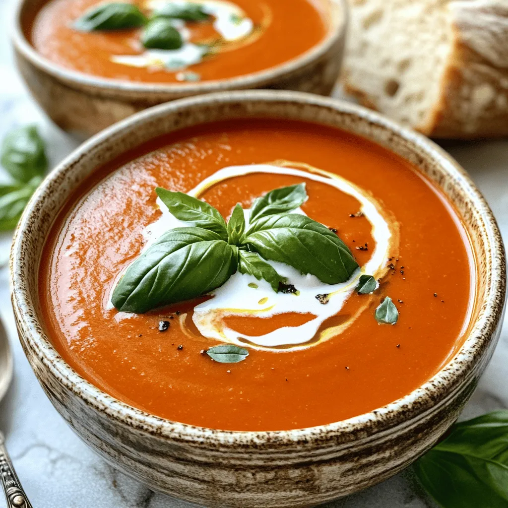 Für die cremige Tomaten-Basilikum-Suppe brauchen Sie einige wichtige Zutaten. Diese geben der Suppe ihren tollen Geschmack. Hier sind die Hauptzutaten: - 2 Esslöffel Olivenöl - 1 mittlere Zwiebel, gehackt - 3 Knoblauchzehen, fein gehackt - 2 Dosen (je 410 g) gewürfelte Tomaten - 500 ml Gemüsebrühe - 1 Teelöffel Zucker - 1 Teelöffel getrockneter Oregano - Salz und Pfeffer nach Geschmack - 240 ml Schlagrahm oder Kokosnusscreme für eine milchfreie Option - 120 g frische Basilikumblätter, gehackt (plus mehr zur Garnitur) Diese Zutaten sind leicht zu finden und machen die Suppe lecker und nahrhaft. Neben den Hauptzutaten können Sie die Suppe mit einigen optionalen Zutaten anpassen. So verleihen Sie der Suppe eine persönliche Note: - Karotten für mehr Süße - Sellerie für zusätzlichen Crunch - Chili für etwas Schärfe - Parmesan für einen cremigen Geschmack Diese Zutaten helfen, die Suppe nach Ihrem Geschmack zu gestalten. Experimentieren Sie, um die beste Kombination zu finden! Frische Kräuter machen einen großen Unterschied. Ich empfehle, frisches Basilikum zu verwenden. Es hat einen tollen Duft und Geschmack. Achten Sie darauf, die Blätter gut zu waschen. Sie sollten frisch und grün sein. Vermeiden Sie welke Blätter, da sie den Geschmack beeinträchtigen können. Wenn Sie mögen, können Sie auch frische Petersilie oder Thymian hinzufügen. Sie bringen zusätzliche Aromen in die Suppe. Mit diesen Kräutern wird Ihre cremige Tomaten-Basilikum-Suppe noch besser. Für die vollständige Zubereitung schauen Sie sich das Full Recipe an. Beginne mit der Vorbereitung der Zwiebeln und des Knoblauchs. Nimm eine mittlere Zwiebel und hacke sie fein. Du möchtest sie gleichmäßig schneiden, damit sie gleichmäßig garen. Nimm dann drei Knoblauchzehen und hacke sie ebenfalls. Erhitze in einem großen Topf zwei Esslöffel Olivenöl bei mittlerer Hitze. Füge die Zwiebel hinzu, wenn das Öl heiß ist. Sauté die Zwiebeln für etwa fünf Minuten, bis sie weich und durchsichtig sind. Jetzt kommt der Knoblauch ins Spiel. Brate ihn für ein bis zwei Minuten an, bis er duftet. Achte darauf, dass er nicht verbrennt. Jetzt bereitest du die Tomatenbasis vor. Füge zwei Dosen gewürfelte Tomaten, 500 ml Gemüsebrühe, einen Teelöffel Zucker und einen Teelöffel getrockneten Oregano hinzu. Rühre alles gut um. Lass die Mischung sanft köcheln. Koche sie etwa 15 Minuten lang, damit sich die Aromen gut verbinden. Vergiss nicht, regelmäßig umzurühren, damit nichts anbrennt. Nach dem Köcheln kommt der spaßige Teil. Nimm einen Stabmixer und püriere die Suppe bis zur gewünschten Geschmeidigkeit. Du kannst auch einen Standmixer verwenden, aber arbeite in kleinen Chargen. Gib die pürierte Suppe zurück in den Topf. Rühre 240 ml Schlagrahm oder für eine milchfreie Option 240 ml Kokosnusscreme ein. Lass die Suppe erneut sanft köcheln. Schmecke sie mit Salz und Pfeffer ab. Nimm den Topf vom Herd und füge 120 g gehackte frische Basilikumblätter hinzu. Lass die Suppe kurz ruhen und serviere sie heiß. Siehe die [Full Recipe] für alle Details! Um die perfekte Konsistenz zu erreichen, pürieren Sie die Suppe gründlich. Ich empfehle, einen Stabmixer zu verwenden. Dieser Mixer macht es einfach, die Suppe direkt im Topf zu pürieren. So vermeiden Sie Spritzer und das Abfüllen in einen Standmixer. Achten Sie darauf, die Suppe nicht zu lange zu pürieren. Sie sollte cremig, aber nicht zu flüssig sein. Um den Geschmack Ihrer Suppe zu verbessern, fügen Sie weitere Gewürze hinzu. Ein Hauch von roten Pfefferflocken kann der Suppe etwas Schärfe geben. Fenchelsamen oder Paprika verleihen einen neuen Geschmack. Frische Kräuter wie Thymian oder Petersilie passen ebenfalls gut. Experimentieren Sie mit diesen Zutaten, um Ihre eigene Note zu finden. Ein häufiger Fehler ist, die Suppe nicht genug zu würzen. Probieren Sie die Suppe während des Kochens oft. Fügen Sie nach und nach Salz und Pfeffer hinzu, um den besten Geschmack zu erreichen. Ein weiterer Fehler ist das Überkochen der Zwiebeln und des Knoblauchs. Achten Sie darauf, sie nur leicht anzubraten, damit sie aromatisch bleiben. Vermeiden Sie auch zu viel Sahne auf einmal hinzuzufügen. Dies kann den Geschmack der Tomaten überdecken. {{image_4}} Für eine milchfreie Variante der cremigen Tomaten-Basilikum-Suppe können Sie Kokosnusscreme verwenden. Diese gibt der Suppe eine leichte Süße und eine tolle Cremigkeit. Um die beste Konsistenz zu erreichen, wählen Sie eine dicke Kokosnusscreme. Fügen Sie sie am Ende des Kochvorgangs hinzu, damit der Geschmack frisch bleibt. Um den Geschmack Ihrer Suppe zu verbessern, können Sie einige leckere Toppings hinzufügen. Croutons sind eine beliebte Wahl. Sie bringen einen tollen Crunch und machen die Suppe noch schmackhafter. Geriebener Käse, wie Parmesan oder Mozzarella, passt ebenfalls gut dazu. Streuen Sie ihn über die heiße Suppe, damit er schmilzt und eine köstliche Schicht bildet. Die cremige Tomaten-Basilikum-Suppe lässt sich leicht an verschiedene Diäten anpassen. Für Veganer ersetzen Sie die Sahne durch Kokosnusscreme. Achten Sie darauf, dass die Brühe auch vegan ist. Für glutenfreie Optionen verwenden Sie glutenfreies Brot für die Croutons. So können alle die Suppe genießen, ganz gleich, welche Ernährungsweise sie bevorzugen. Für das vollständige Rezept schauen Sie sich die [Full Recipe] an. Nach dem Kochen ist es wichtig, die Suppe gut zu lagern. Lassen Sie die Suppe zuerst auf Raumtemperatur abkühlen. Gießen Sie dann die Suppe in einen luftdichten Behälter. So bleibt der Geschmack frisch. Stellen Sie sicher, dass der Behälter sauber ist, um Bakterien zu vermeiden. Die Suppe bleibt im Kühlschrank etwa 3 bis 5 Tage haltbar. Achten Sie darauf, sie in den ersten 2 Stunden nach dem Kochen zu kühlen. Wenn Sie die Suppe länger aufbewahren möchten, denken Sie an das Einfrieren. Das Einfrieren ist eine großartige Möglichkeit, um die Suppe länger zu lagern. Verwenden Sie gefriergeeignete Behälter oder spezielle Gefrierbeutel. Lassen Sie dabei etwas Platz, da die Suppe beim Einfrieren expandiert. Sie können die Suppe bis zu 3 Monate einfrieren. Um die Suppe später zu genießen, tauen Sie sie über Nacht im Kühlschrank auf. Erwärmen Sie sie dann langsam auf dem Herd. So bleibt die Konsistenz cremig. Für die besten Ergebnisse, verwenden Sie die Full Recipe. Sie können die Suppe bis zu fünf Tage im Kühlschrank aufbewahren. Lagern Sie sie in einem luftdichten Behälter. Achten Sie darauf, die Suppe abkühlen zu lassen, bevor Sie sie in den Kühlschrank stellen. So bleibt der Geschmack frisch. Wenn Sie die Suppe länger aufbewahren möchten, können Sie sie auch einfrieren. In einem gefrierfesten Behälter hält sie sich bis zu drei Monate. Ja, frische Tomaten sind eine tolle Wahl! Verwenden Sie etwa 1 kg reife Tomaten. Blanchieren Sie sie, um die Haut leicht zu entfernen. Zerkleinern Sie die Tomaten und kochen Sie sie dann wie in der Anleitung beschrieben. Frische Tomaten bringen einen großartigen Geschmack. Sie können die Konsistenz der Suppe jedoch anpassen müssen, da frische Tomaten mehr Flüssigkeit enthalten. Zu dieser Suppe passen viele Beilagen. Knuspriges Brot ist ein Favorit. Es eignet sich perfekt zum Eintunken. Auch ein frischer Salat ist eine gute Wahl. Sie können die Suppe mit gerösteten Croutons oder geriebenem Käse garnieren, um zusätzliche Textur und Geschmack zu bieten. Für eine besondere Note fügen Sie frische Basilikumblätter als Garnitur hinzu. Finden Sie mehr über die besten Beilagen im [Full Recipe]. In dieser Anleitung haben wir die besten Zutaten für eine cremige Tomaten-Basilikum-Suppe erkundet. Sie haben gelernt, wie man die Suppe zubereitet und welche Variationen möglich sind. Zudem habe ich hilfreiche Tipps gegeben, um häufige Fehler zu vermeiden. Egal, ob für den Alltag oder besondere Anlässe, diese Suppe bietet Geschmack und Flexibilität. Ich hoffe, dass Sie die Suppe bald selbst machen und genießen.