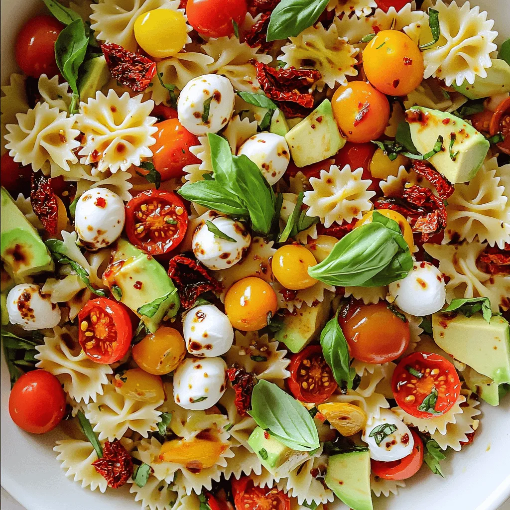 - 225 g Farfalle (Schmetterlingsnudeln) - 1 Tasse Kirschtomaten, halbiert - 1 Tasse frische Mozzarellabällchen - 1 reife Avocado, gewürfelt - ½ Tasse frische Basilikumblätter - ¼ Tasse getrocknete Tomaten - 3 Esslöffel extra natives Olivenöl - 2 Esslöffel Balsamico-Essig - Gewürze (Salz, Pfeffer, Knoblauchpulver, rote Pfefferflocken) Die Zutaten für den Caprese Pasta Salad sind einfach und frisch. Die Hauptzutaten sind Farfalle, Kirschtomaten und Mozzarellabällchen. Diese Nudeln bringen eine schöne Form in den Salat. Die Kirschtomaten fügen Süße hinzu. Die Mozzarella sorgt für eine cremige Textur. Zusätzlich kommen Avocado, Basilikum und getrocknete Tomaten ins Spiel. Die Avocado macht den Salat reichhaltig. Die Basilikumblätter bringen Frische. Die getrockneten Tomaten geben einen kräftigen Geschmack. Für das Dressing brauchen wir Olivenöl und Balsamico-Essig. Diese Zutaten sorgen für eine ausgewogene Mischung. Die Gewürze wie Salz, Pfeffer, Knoblauchpulver und rote Pfefferflocken bringen den letzten Schliff. Das Dressing verbindet alle Zutaten und macht den Salat lecker. Die Auswahl dieser Zutaten ist wichtig. Sie machen den Salat bunt und appetitlich. Wenn du die Zutaten gut auswählst, wird dein Caprese Pasta Salad frisch und schmackhaft. Du kannst das vollständige Rezept [hier finden](#) und dir alle Details anschauen. Kochen Sie die Farfalle für etwa 10 Minuten. Sie sollten al dente sein, also noch leicht fest. Gießen Sie die Nudeln ab und spülen Sie sie sofort mit kaltem Wasser ab. So stoppen Sie den Garprozess und halten die Nudeln frisch. Stellen Sie sie dann beiseite. In einer großen Schüssel vermengen Sie die folgenden Zutaten: - 1 Tasse Kirschtomaten, halbiert - 1 Tasse frische Mozzarellabällchen - 1 reife Avocado, gewürfelt - ½ Tasse frische Basilikumblätter, grob zerrissen - ¼ Tasse getrocknete Tomaten, fein gehackt Mischen Sie alles gut, damit sich die Aromen verbinden. Diese Mischung bringt den frischen Geschmack in den Salat. Für das Dressing nehmen Sie: - 3 Esslöffel extra natives Olivenöl - 2 Esslöffel Balsamico-Essig - Salz und Pfeffer nach Geschmack - 1 Teelöffel Knoblauchpulver (optional) - ¼ Teelöffel rote Pfefferflocken (optional, für eine scharfe Note) Vermischen Sie alle Zutaten in einer kleinen Schüssel. Gießen Sie das Dressing dann über die Salatzutaten. Werfen Sie alles vorsichtig zusammen. Lassen Sie den Salat für 30 Minuten im Kühlschrank ziehen, damit sich die Aromen entfalten können. Für das vollständige Rezept, schauen Sie sich das "Full Recipe" an. Um die Nudeln perfekt zu kochen, achte auf die Zeit. Koche die Farfalle genau nach der Anleitung auf der Verpackung. Probiere sie nach der angegebenen Zeit. Sie sollten al dente sein, also noch einen leichten Biss haben. Nach dem Kochen spüle die Nudeln sofort mit kaltem Wasser ab. So stoppst du den Garprozess und verhinderst, dass sie matschig werden. Um den Geschmack zu verbessern, passe die Gewürze nach deinem persönlichen Geschmack an. Beginne mit einer Prise Salz und Pfeffer. Du kannst auch mehr oder weniger Balsamico-Essig verwenden. Wenn du es schärfer magst, füge mehr rote Pfefferflocken hinzu. Knoblauchpulver gibt einen tollen Geschmack. Probiere und teste, bis du die perfekte Mischung findest. Für eine schöne Präsentation serviere den Salat in einer großen Schüssel. Garniere ihn mit frischen Basilikumblättern. Ein Spritzer Balsamico-Glasur macht das Gericht noch ansprechender. Alternativ kannst du den Salat in kleinen Schalen anrichten. Das sieht elegant aus und ist perfekt für eine formelle Feier. Für das vollständige Rezept, siehe den Abschnitt mit dem Titel "Full Recipe". {{image_4}} Für eine leckere vegetarische Abwandlung können Sie mehr Gemüse hinzufügen. Zucchini, Paprika und Spinat passen gut. Diese geben Farbe und Geschmack. Sie könnten auch Kichererbsen oder schwarze Bohnen hinzufügen. Diese sorgen für eine gute Proteinquelle und machen den Salat noch nahrhafter. Wenn Sie glutenfrei essen, verwenden Sie glutenfreie Nudeln. Heute gibt es viele Marken, die einen großartigen Geschmack und eine gute Textur bieten. Sie können auch Zucchini-Nudeln oder Blumenkohlreis verwenden. Diese Optionen sind leicht und gesund, perfekt für warme Tage. Nutzen Sie frische, saisonale Zutaten für einen noch besseren Geschmack. Im Sommer sind reife Tomaten und frischer Basilikum in Saison. Im Herbst könnten Sie Kürbis oder Rucola hinzufügen. Diese Zutaten bringen Abwechslung und neue Aromen in den Salat. Experimentieren Sie mit dem, was gerade verfügbar ist, um den besten Genuss zu erleben. Um den Caprese Pasta Salad frisch zu halten, lagere ihn in einem luftdichten Behälter. Das verhindert das Austrocknen. Achte darauf, dass der Salat kühl ist, wenn du ihn in den Kühlschrank stellst. So bleiben die Aromen frisch. Der Salat bleibt im Kühlschrank etwa drei Tage frisch. Nach dieser Zeit kann die Textur der Zutaten sich ändern. Auch der Geschmack kann nachlassen. Wenn du ihn länger aufbewahren möchtest, friere die Pasta nicht ein. Das verändert die Konsistenz. Für die Vorbereitung im Voraus ist dieser Salat ideal. Du kannst alle Zutaten am Sonntag schneiden und in Behältern aufbewahren. So hast du schnelle, gesunde Mahlzeiten für die Woche. Mische die Zutaten erst kurz vor dem Essen, um die Frische zu bewahren. Das Dressing kannst du separat aufbewahren, damit der Salat knackig bleibt. Zu Caprese Pasta Salad passen viele Beilagen und Getränke gut. Du kannst frisches Brot oder knusprige Brötchen servieren. Ein einfacher grüner Salat ergänzt den Pasta-Salat perfekt. Für Getränke sind Sprudelwasser oder ein leichter Weißwein ideal. Diese Kombinationen heben den Geschmack des Salats hervor und sorgen für ein ausgewogenes Essen. Ja, du kannst die Zutaten nach deinem Geschmack anpassen. Füge zum Beispiel Oliven oder Paprika hinzu. Statt Avocado kannst du auch Gurken verwenden. Experimentiere mit verschiedenen Käsesorten wie Feta oder Parmesan. So machst du das Rezept einzigartig und ganz nach deinem Wunsch. Der Salat bleibt im Kühlschrank bis zu drei Tage frisch. Achte darauf, ihn in einem luftdichten Behälter zu lagern. Vor dem Servieren kannst du ihn kurz durchmischen. So bleiben die Zutaten knackig und die Aromen erhalten sich gut. Für das vollständige Rezept, das dir zeigt, wie du Caprese Pasta Salad mit einem Twist zubereitest, klicke auf diesen Link: [Full Recipe]. Dort findest du alle Schritte und Tipps für ein köstliches Ergebnis. Dieser Artikel hat Ihnen gezeigt, wie Sie einen leckeren Caprese Pasta Salad zubereiten können. Wir haben die Hauptzutaten, wie Farfalle und Kirschtomaten, besprochen. Auch die Zubereitung und Tipps für eine ansprechende Präsentation wurden erwähnt. Denken Sie daran, Ihre Zutaten je nach Geschmack anzupassen und mit frischen Komponenten zu variieren. Mit diesen Tipps wird Ihr Salat frisch und köstlich. Genießen Sie die Vielfalt und Kreation in Ihrer Küche!