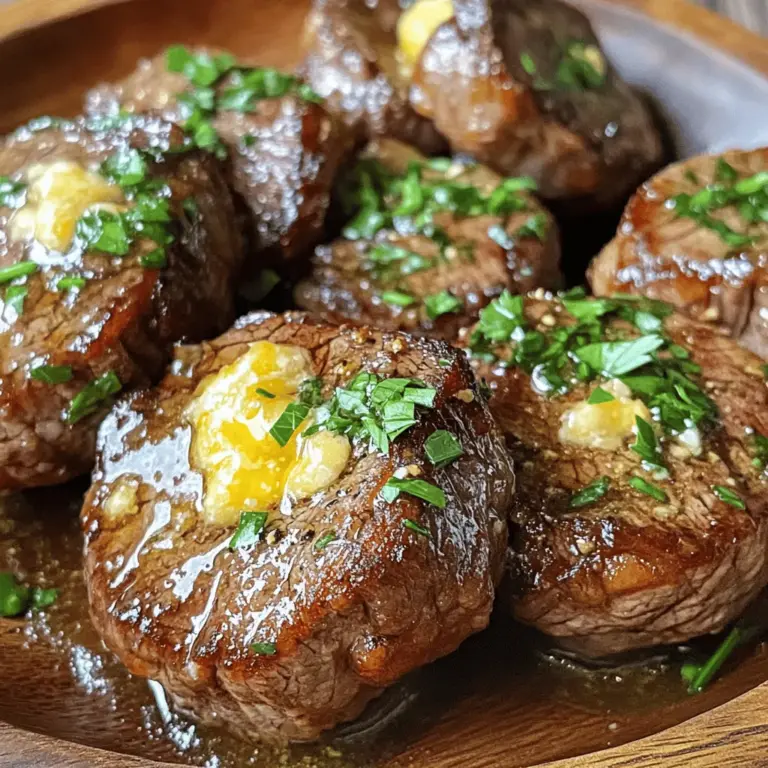 Für dieses köstliche Gericht benötigen Sie: - 450 g Sirloin-Steak, in mundgerechte Stücke geschnitten - 4 Esslöffel ungesalzene Butter - 5 Zehen Knoblauch, fein gehackt - 1 Teelöffel frischer Rosmarin, gehackt - 1 Teelöffel frischer Thymian, gehackt - Salz und Pfeffer nach Geschmack Diese Zutaten machen die Steakbites zart und voll im Geschmack. Das Sirloin-Steak hat die perfekte Textur für dieses Rezept. Die Gewürze und Kräuter sind wichtig für den Geschmack. Sie bringen die Aromen zum Leben. Ich empfehle, frische Kräuter zu verwenden. Sie schmecken viel besser als getrocknete. - Rosmarin und Thymian passen gut zu Steak. Sie ergänzen den Knoblauch perfekt. - Salz und Pfeffer sind Grundgewürze. Sie bringen alles zusammen und heben den Geschmack hervor. Um Ihre Steakbites noch schmackhafter zu machen, können Sie frische Petersilie zum Garnieren verwenden. Die grüne Farbe sieht toll aus und bringt Frische. Zusätzlich empfehle ich, 1 Esslöffel Balsamico-Essig hinzuzufügen. Es gibt der Knoblauchbuttersauce eine würzige Note. Dies ist optional, aber sehr lecker. Für die vollständige Zubereitung und alle Details schauen Sie sich das [Full Recipe] an. Zuerst nehmen Sie das Sirloin-Steak. Schneiden Sie es in mundgerechte Stücke. Würzen Sie die Stücke großzügig mit Salz und Pfeffer. Dies gibt dem Fleisch einen tollen Geschmack. Lassen Sie das gewürzte Steak für einige Minuten ruhen. So kann das Fleisch die Gewürze aufnehmen. Erhitzen Sie eine große Pfanne bei mittlerer bis hoher Temperatur. Geben Sie 2 Esslöffel Butter in die Pfanne. Warten Sie, bis die Butter schäumt. Dann fügen Sie die Steakstücke in einer einzigen Schicht hinzu. Braten Sie sie für 2-3 Minuten auf jeder Seite an. Achten Sie darauf, dass sie eine schöne Kruste bilden. Für ein medium-rare Steak sollte die Innentemperatur 54-57°C betragen. Nehmen Sie das Steak aus der Pfanne und legen Sie es auf einen Teller. Reduzieren Sie die Hitze in der Pfanne auf mittlere Stufe. Geben Sie die restlichen 2 Esslöffel Butter hinzu. Fügen Sie den gehackten Knoblauch, Rosmarin und Thymian hinzu. Sautieren Sie alles für 1-2 Minuten. Der Knoblauch sollte duften und leicht goldbraun werden. Wenn Sie möchten, geben Sie den Balsamico-Essig hinzu. Rühren Sie alles gut um, um die Aromen zu verbinden. Legen Sie die Steakbites zurück in die Pfanne. Wenden Sie sie in der Knoblauchbutter-Mischung. So sind sie gut überzogen. Erhitzen Sie die Steakbites für eine weitere Minute. Nehmen Sie die Pfanne vom Herd. Garnieren Sie die Steakbites mit frischer Petersilie. Servieren Sie sie auf einem schönen Teller. So machen Sie Knoblauchbutter Steak Bites, die jeder liebt! Für weitere Details, schauen Sie sich das [Full Recipe] an. Für Steak Bites sind Sirloin und Ribeye die besten Optionen. Diese Steaks sind zart und saftig. Sie bieten viel Geschmack und eine angenehme Textur. Wenn Sie etwas Mageres möchten, wählen Sie Filet Mignon. Es ist weich, aber hat weniger Fett. Achten Sie darauf, das Steak in gleichmäßige Stücke zu schneiden. So garen sie gleichmäßig und schnell. Die Garstufen sind wichtig für den Geschmack. Für medium-rare sollte die Innentemperatur zwischen 54-57°C liegen. Dies gibt Ihnen zarte, saftige Stücke. Medium liegt bei 60-65°C, während medium-well bei 65-70°C ist. Verwenden Sie ein Fleischthermometer, um sicherzugehen. So vermeiden Sie überkochtes Fleisch. Jedes Stück sollte nach dem Garen ruhen, damit die Säfte gleichmäßig verteilt werden. Ein häufiger Fehler ist, die Pfanne nicht heiß genug zu erhitzen. Wenn die Pfanne kalt ist, klebt das Steak. Verwenden Sie auch genug Butter oder Öl. Zu wenig Fett lässt das Steak austrocknen. Ein weiterer Fehler ist, das Steak zu früh zu wenden. Lassen Sie es in der Pfanne, bis sich eine schöne Kruste bildet. Halten Sie sich an diese Tipps, und Ihre Steak Bites werden köstlich! {{image_4}} Sie können den Geschmack der Knoblauchbutter Steak Bites mit Balsamico aufpeppen. Fügen Sie einfach einen Esslöffel Balsamico-Essig in die Pfanne hinzu, während Sie die Knoblauchbutter-Sauce zubereiten. Der Balsamico gibt den Bissen eine süße, würzige Note. Diese Kombination hebt das Gericht auf ein neues Level. Es ist eine einfache Art, mehr Tiefe in den Geschmack zu bringen. Experimentieren Sie mit verschiedenen Kräutern und Gewürzen. Frischer Schnittlauch, Oregano oder Basilikum können interessante Aromen hinzufügen. Sie können auch etwas Paprika für einen leichten Kick verwenden. Diese Variationen machen das Gericht vielseitig und spannend. Fühlen Sie sich frei, kreativ zu sein und Ihre eigenen Lieblingsgewürze zu verwenden. Zu Knoblauchbutter Steak Bites passen viele Beilagen gut. Servieren Sie sie mit knusprigen Pommes oder einem frischen Salat. Auch geröstetes Gemüse ist eine gute Wahl. Für Dips können Sie eine scharfe Sauce oder eine klassische Aioli anbieten. Diese Beilagen und Dips ergänzen den Geschmack der Steakbites perfekt. Sie machen Ihr Gericht noch schmackhafter und runder. Um deine Knoblauchbutter Steak Bites frisch zu halten, lege sie in einen luftdichten Behälter. Du kannst auch Frischhaltefolie verwenden. So vermeidest du, dass die Bites austrocknen. Stelle sicher, dass sie vor dem Lagern auf Raumtemperatur abgekühlt sind. Wenn du sie heiß verpackst, kann sich Kondenswasser bilden. Um die Steak Bites wieder aufzuwärmen, benutze eine Pfanne. Erhitze sie bei mittlerer Hitze. Füge ein wenig Butter oder Öl hinzu, um sie saftig zu halten. Du kannst auch die Mikrowelle verwenden, aber die Pfanne gibt einen besseren Geschmack. Erhitze sie in kurzen Intervallen, um ein Überkochen zu vermeiden. Im Kühlschrank halten sich die Steak Bites etwa 3-4 Tage. Achte darauf, sie gut abzudecken. Im Gefrierschrank kannst du sie bis zu 3 Monate lagern. Stelle sicher, dass du sie in einem gefrierfesten Behälter oder Beutel aufbewahrst. So bleiben sie frisch und lecker. Wenn du bereit bist, sie zu essen, taue sie im Kühlschrank auf und wärme sie wie oben beschrieben auf. Für das vollständige Rezept und weitere Tipps, siehe die [Full Recipe]. Um Knoblauchbutter Steak Bites perfekt zu machen, achte auf die richtige Temperatur. Erhitze die Pfanne gut, bevor du das Steak hinzufügst. So bekommst du eine schöne Kruste. Würze das Fleisch großzügig mit Salz und Pfeffer. Brate es nicht zu lange, damit es saftig bleibt. Die Innentemperatur sollte für medium-rare etwa 54-57°C betragen. Nach dem Braten, wende die Steakbites in der Knoblauchbutter-Mischung. Das gibt ihnen den besten Geschmack. Ja, du kannst das Rezept anpassen! Verwende verschiedene Steaks wie Filet oder Ribeye. Du kannst auch die Kräuter wechseln. Frischer Oregano oder Basilikum passt gut dazu. Wenn du es würziger magst, füge etwas Chili-Flocken hinzu. Für eine süßere Note kann Balsamico-Essig verwendet werden. Sei kreativ und finde deinen eigenen Stil! Die Zubereitung dauert insgesamt etwa 15 Minuten. Du brauchst 10 Minuten für die Vorbereitung und 5 Minuten zum Kochen. Das geht schnell und einfach! Mit frischen Zutaten hast du in kurzer Zeit ein tolles Gericht. Für das vollständige Rezept, sieh dir die [Full Recipe] an. In diesem Artikel habe ich die Zutaten und Zubereitung von Knoblauchbutter Steak Bites detailliert beschrieben. Du hast gelernt, welche Hauptzutaten nötig sind, wie du die Steakbites perfekt anbrätst und sie mit einer köstlichen Knoblauchbutter-Sauce verfeinerst. Die Tipps helfen dir, Fehler zu vermeiden. Variationen bieten spannende neue Geschmäcker. Denk daran, Reste richtig zu lagern, damit nichts verschwendet wird. Probiere dieses Rezept aus und genieße die leckeren Steakbites. Es lohnt sich!