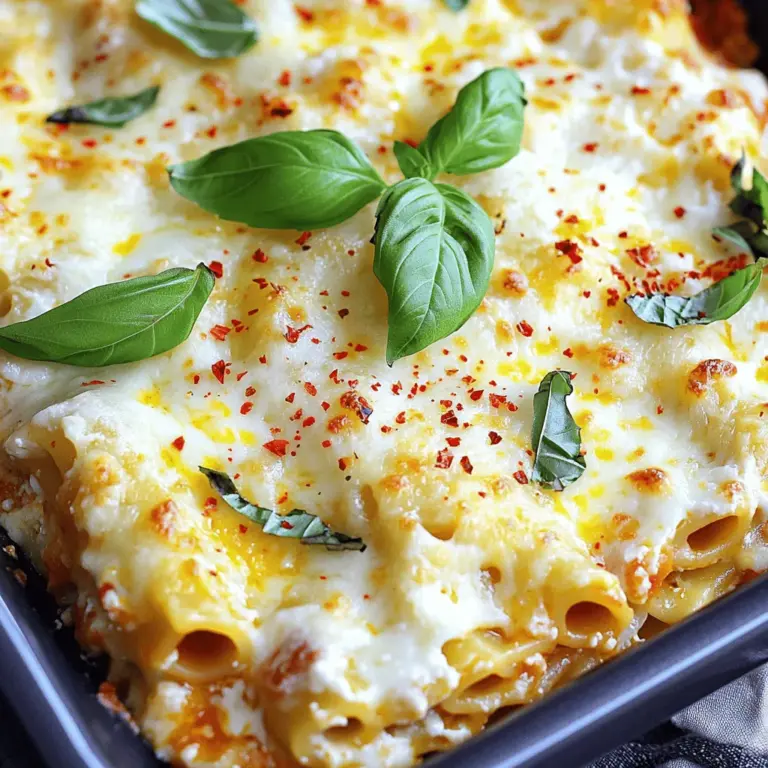 Für dieses leckere Gericht benötigst du folgende Hauptzutaten: - 340 g Ziti-Pasta - 2 Esslöffel Olivenöl - 1 Zwiebel, fein gehackt - 3 Knoblauchzehen, gehackt - 800 g passierte Tomaten - 1 Teelöffel getrockneter Oregano - 1 Teelöffel getrockneter Basilikum - 1/2 Teelöffel rote Pfefferflocken (optional) - Salz und Pfeffer nach Geschmack - 250 g Ricotta-Käse - 150 g geriebener Mozzarella-Käse - 100 g geriebener Parmesan-Käse - Frische Basilikumblätter zum Garnieren Zusätzlich zur Hauptzutatenliste brauchst du folgende Dinge: - Wasser zum Kochen der Pasta - Aluminiumfolie zum Abdecken der Auflaufform - Eine große Auflaufform (ca. 23 x 33 cm) - Eine große Pfanne zum Kochen der Soße Qualität macht oft einen großen Unterschied. Hier sind einige Tipps: - Wähle frische Kräuter, wenn möglich. Sie bringen mehr Geschmack. - Verwende hochwertigen Olivenöl. Es verbessert die Soße und das Aroma. - Achte auf frischen Ricotta und echten Parmesankäse. Frische Käse haben besseren Geschmack. - Wenn du kannst, kaufe Bio-Pasta. Sie ist oft geschmackvoller und gesünder. Für die vollständige Zubereitung schau dir das [Full Recipe] an. Heize deinen Ofen auf 190°C vor. Nimm einen großen Topf und fülle ihn mit Wasser. Füge eine Prise Salz hinzu und bringe das Wasser zum Kochen. Gib die Ziti-Pasta ins Wasser. Koche sie al dente, wie auf der Packung steht. Wenn die Pasta fertig ist, gieße sie ab und stelle sie beiseite. Erhitze in einer großen Pfanne das Olivenöl bei mittlerer Hitze. Füge die fein gehackte Zwiebel hinzu. Brate sie etwa 4-5 Minuten, bis sie weich und durchsichtig ist. Jetzt kommt der gehackte Knoblauch dazu. Brate ihn für eine weitere Minute, bis er gut riecht. Rühre die passierten Tomaten und die Kräuter ein. Lass die Soße 10 Minuten köcheln. So verbinden sich die Aromen gut. Nimm eine große Auflaufform und gib die gekochte Ziti-Pasta hinein. Mische die Pasta mit der Soße, Ricotta, 100 g Mozzarella und 50 g Parmesan. Verteile alles gleichmäßig in der Form. Streue den restlichen Mozzarella und Parmesan oben drauf. Decke die Form mit Aluminiumfolie ab und backe sie für 25 Minuten. Danach nimm die Folie ab und backe sie für weitere 15-20 Minuten. Der Käse sollte sprudeln und goldbraun sein. Lass das Ziti etwa 10 Minuten abkühlen, bevor du es servierst. Für das vollständige Rezept kannst du die [Full Recipe] ansehen. Um die beste Konsistenz für dein Drei-Käse Überbackenes Ziti zu erreichen, koche die Ziti-Pasta al dente. Das bedeutet, dass sie noch einen kleinen Biss haben sollte. So bleibt die Pasta beim Backen nicht zu weich. Wenn du die Pasta zu lange kochst, wird sie matschig. Die Wahl der Käsesorten ist wichtig. Ich empfehle eine Mischung aus Ricotta, Mozzarella und Parmesan. Ricotta sorgt für Cremigkeit. Mozzarella schmilzt schön und gibt einen tollen Käsegeschmack. Parmesan fügt eine nussige Note hinzu. Du kannst auch andere Käsesorten probieren, aber achte darauf, dass sie gut schmelzen. Für das beste Ergebnis backe dein Ziti bei 190°C. Decke es zuerst mit Folie ab, damit es gleichmäßig gart. Nach 25 Minuten entferne die Folie, damit der Käse schön bräunt. Backe es dann für weitere 15-20 Minuten. So bekommst du eine goldene Kruste und eine leckere, saftige Füllung. {{image_4}} Drei-Käse Überbackenes Ziti kann einfach vegetarisch gemacht werden. Ersetze das Fleisch in der Soße durch frisches Gemüse. Zucchini, Paprika und Spinat passen gut. Du kannst auch Auberginen oder Pilze hinzufügen. Das gibt dem Gericht Farbe und Geschmack. Diese Gemüse sind leicht zu finden und sehr lecker. Für mehr Geschmack kannst du einige Zutaten hinzufügen. Füge frische Kräuter wie Petersilie oder Thymian hinzu. Auch schwarze Oliven oder Artischockenherzen bringen eine neue Note. Wenn du es würziger magst, probiere Chorizo oder italienische Wurst. Diese Zutaten machen dein Ziti noch interessanter und schmackhafter. Wenn du glutenfrei essen musst, gibt es viele Alternativen. Suche nach glutenfreier Ziti-Pasta aus Reis oder Mais. Diese Pasta ist leicht zu finden und schmeckt gut. Achte darauf, dass auch die Soße glutenfrei ist. Damit kannst du das Gericht genießen, ohne auf den guten Geschmack zu verzichten. Für das vollständige Rezept, siehe [Full Recipe]. Um das Ziti richtig zu lagern, lass es zuerst abkühlen. Packe es dann in einen luftdichten Behälter. Alternativ kannst du die Auflaufform abdecken. Stelle das Ziti in den Kühlschrank. Es bleibt frisch und lecker. Um das Ziti wieder aufzuwärmen, heize den Ofen auf 175°C vor. Decke das Ziti mit Aluminiumfolie ab. So bleibt der Käse geschmolzen und das Gericht saftig. Backe es etwa 20 Minuten lang. Du kannst auch die Mikrowelle nutzen, aber der Ofen gibt das beste Ergebnis. Im Kühlschrank hält sich das Ziti etwa 3-5 Tage. Du kannst es auch einfrieren. Es bleibt bis zu 3 Monate im Gefrierschrank gut. Achte darauf, es in einem gefriersicheren Behälter zu lagern. So bleibt der Geschmack und die Textur erhalten. Die Zubereitung dauert etwa 15 Minuten. Das Backen braucht zusätzlich 40 bis 45 Minuten. Gesamt sind das rund 1 Stunde. Diese Zeit ist schnell, wenn du Gäste hast oder eine Familie füttern möchtest. Du kannst also in kurzer Zeit ein köstliches Gericht zaubern. Ja, du kannst das Rezept im Voraus zubereiten. Bereite die Ziti-Mischung wie beschrieben vor. Fülle sie in eine Auflaufform und decke sie ab. Du kannst es bis zu 24 Stunden im Kühlschrank lagern. Backe das Ziti einfach vor dem Servieren. So bleibt es frisch und lecker. Zu Überbackenem Ziti passen verschiedene Beilagen sehr gut. Hier einige Vorschläge: - Ein frischer grüner Salat mit Vinaigrette - Knoblauchbrot oder Bruschetta - Gedünstetes Gemüse wie Brokkoli oder Zucchini - Eine cremige Minestrone-Suppe Diese Beilagen ergänzen die Aromen gut und machen das Essen noch besser. Drei-Käse Überbackenes Ziti ist ein leckeres Gericht, das einfach zuzubereiten ist. Wir haben die wichtigen Zutaten und die Schritt-für-Schritt-Anleitung durchgenommen. Außerdem gab es nützliche Tipps für die perfekte Konsistenz und Käseauswahl. Variationen und Lagerinformationen helfen dir, das Gericht noch besser zu genießen. Jetzt bist du bereit, deine eigene köstliche Version zu machen. Folge diesen Schritten, und du wirst ein Hit in deiner Küche sein!