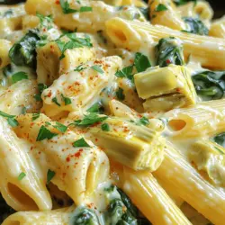 Für die Käse-Spinat-Artischocken-Pasta brauchst du einige einfache, aber leckere Zutaten. Hier sind die Hauptbestandteile: - 225 g Pasta (Penne oder Rotini) - 240 ml frischer Spinat, grob gehackt - 240 ml Artischockenherzen, abgetropft und grob gehackt - 240 g Frischkäse, weich gemacht - 240 g griechischer Joghurt - 240 g geriebener Mozzarella-Käse - 60 g geriebener Parmesan-Käse - 2 Knoblauchzehen, fein gehackt - 1/2 Teelöffel rote Pfefferflocken (optional) - Salz und Pfeffer nach Geschmack - 2 Esslöffel Olivenöl - Frische Petersilie zur Garnierung Diese Zutaten machen das Gericht reichhaltig und cremig. Du wirst den Geschmack lieben! Einige Gewürze und Öle bringen dein Gericht auf die nächste Stufe. Hier sind die wichtigsten: - 2 Esslöffel Olivenöl für das Anbraten - Salz für den Geschmack - Pfeffer, um das Gericht zu würzen - Rote Pfefferflocken, wenn du etwas Schärfe magst Diese Gewürze helfen, die Aromen zu verstärken. So schmeckt deine Pasta noch besser. Käse ist der Star in diesem Rezept. Er sorgt für die cremige Konsistenz und den besten Geschmack. Verwende diese Käsesorten: - 240 g geriebener Mozzarella-Käse für die Schmelzqualität - 60 g geriebener Parmesan-Käse für die würzige Note Die Kombination dieser Käsesorten macht dein Essen besonders köstlich. Wenn du mehr Käse magst, fühl dich frei, etwas mehr hinzuzufügen! Du findest das gesamte Rezept in der [Full Recipe]. Pasta richtig kochen Bringe einen großen Topf mit gesalzenem Wasser zum Kochen. Füge die Pasta hinzu und koche sie nach den Anweisungen auf der Verpackung al dente. Das dauert in der Regel etwa 8-10 Minuten. Gieße die Pasta danach ab und stelle sie beiseite. Knoblauch und Spinat perfekt anbraten Erhitze in demselben Topf das Olivenöl bei mittlerer Hitze. Füge die fein gehackten Knoblauchzehen hinzu und brate sie für etwa 1 Minute, bis sie duften. Gib den grob gehackten Spinat dazu und koche ihn, bis er verwelkt. Das dauert nur wenige Minuten. Zutaten in der richtigen Reihenfolge kombinieren Reduziere die Hitze und füge die abgetropften Artischockenherzen, den Frischkäse und den griechischen Joghurt in den Topf. Rühre alles gut um, bis der Frischkäse geschmolzen ist. Die Mischung sollte jetzt schön cremig sein. Käse zur cremigen Mischung hinzufügen Gib nach und nach den geriebenen Mozzarella und den Parmesan-Käse in die Mischung. Rühre weiter, bis alles gut vermischt ist. Wenn die Sauce zu dick wird, kannst du etwas Nudelwasser hinzufügen, um sie zu lockern. Pasta gleichmäßig mit der Sauce vermischen Gib die gekochte Pasta zurück in den Topf. Mische sie vorsichtig mit der Käse-Spinat-Artischocken-Sauce, bis sie gleichmäßig bedeckt ist. Schmecke die Mischung mit roten Pfefferflocken, Salz und Pfeffer ab. Anrichten und servieren Nehme den Topf vom Herd und löffle die Pasta auf Servierteller. Garniere das Gericht mit frischer Petersilie. Das sorgt für einen schönen Farbkontrast und frischen Geschmack. Für das gesamte Rezept, sieh dir die Full Recipe an. Um die perfekte Sauce zu machen, fang mit frischen Zutaten an. Frischkäse macht die Sauce cremiger. Erhitze das Olivenöl und brate den Knoblauch an. Er darf nicht verbrennen, sonst wird er bitter. Füge dann den Spinat hinzu. Lass ihn nur kurz garen, bis er welkt. Danach sind die Artischocken an der Reihe. Sie bringen einen tollen Geschmack. Rühre alles gut um und lass die Aromen sich verbinden. Füge die Käsesorten nach und nach hinzu. So wird die Sauce schön cremig. Wenn sie zu dick ist, kannst du etwas Nudelwasser hinzufügen. So bleibt die Sauce geschmeidig und lecker. Wenn du eine fettärmere Sauce willst, gibt es viele Alternativen. Ersetze den Frischkäse durch griechischen Joghurt. Er hat weniger Fett, aber viel Geschmack. Du kannst auch fettarmen Käse wählen. Mozzarella gibt es in leichterer Form. Das macht die Sauce immer noch cremig. Auch die Menge an Käse kannst du reduzieren. So sparst du Kalorien, ohne den Geschmack zu verlieren. Achte darauf, die anderen Zutaten gut zu würzen. So bleibt der volle Geschmack erhalten. Frische Zutaten sind oft geschmackvoller, aber gefrorene sind praktisch. Bei Spinat kannst du frischen oder gefrorenen verwenden. Wenn du gefrorenen Spinat nimmst, tau ihn vorher auf. Drücke das Wasser heraus, damit die Sauce nicht wässrig wird. Bei den Artischocken kannst du Dosen oder gefrorene nehmen. Beide sind lecker. Dosen sind oft schon gewürzt und bereit zum Kochen. Frische Artischocken sind toll, wenn du Zeit hast, sie zuzubereiten. In jedem Fall gilt: Verwende die Zutaten, die dir am besten schmecken. {{image_4}} Wenn du glutenfrei essen möchtest, gibt es viele Optionen. Du kannst Reisnudeln oder Linsenpasta verwenden. Diese Alternativen sind lecker und halten gut. Achte darauf, die Kochzeit anzupassen. Probiere verschiedene Sorten aus, um deinen Favoriten zu finden. Um das Gericht vegetarisch zu machen, kannst du einfach die Käsesorten verwenden. Für eine vegane Version ersetze den Frischkäse und Joghurt durch pflanzliche Alternativen. Kichererbsen oder Cashew-Creme bieten eine tolle cremige Textur. Füge noch mehr Gemüse hinzu, wie Paprika oder Zucchini, um den Geschmack zu erweitern. Möchtest du das Gericht aufpeppen? Füge gebratenes Hühnchen oder Pilze hinzu. Diese Zutaten bringen mehr Tiefe. Du kannst sie zusammen mit dem Knoblauch anbraten. Auch getrocknete Tomaten oder Oliven passen gut. Experimentiere mit Gewürzen, um das Aroma zu verstärken. Um Reste von Käse-Spinat-Artischocken-Pasta sicher zu lagern, nutze einen luftdichten Behälter. Stelle sicher, dass die Pasta abgekühlt ist, bevor du sie verpackst. So bleibt sie frisch und lecker. Bewahre die Reste im Kühlschrank auf. Sie sind dort bis zu drei Tage haltbar. Beim Aufwärmen der Pasta gibt es ein paar Tipps zu beachten. Nutze eine Pfanne oder die Mikrowelle. Falls die Sauce zu dick ist, füge etwas Nudelwasser oder Milch hinzu. So bleibt die Konsistenz cremig und geschmeidig. Erhitze die Pasta bei niedriger Hitze und rühre häufig um. Du kannst auch Käse-Spinat-Artischocken-Pasta einfrieren. Teile die Portionen in geeignete Behälter auf. Achte darauf, dass die Behälter gefriersicher sind. Die Pasta kann bis zu drei Monate im Gefrierfach bleiben. Zum Auftauen stelle die Behälter über Nacht in den Kühlschrank. Erwärme die Pasta dann wie oben beschrieben. Diese Pasta hält sich gut. Sie bleibt im Kühlschrank etwa 3 bis 4 Tage frisch. Achte darauf, sie in einem luftdichten Behälter zu lagern. So bleibt der Geschmack erhalten. Ja, das ist möglich. Du kannst die Pasta bis zu zwei Tage im Voraus machen. Lasse sie nach dem Kochen abkühlen, bevor du sie in den Kühlschrank stellst. Erwärme sie zum Servieren in der Mikrowelle oder auf dem Herd. Zu dieser Pasta passen verschiedene Beilagen. Ein frischer grüner Salat ist eine tolle Wahl. Auch knuspriges Brot oder ein Gemüsegericht ergänzen das Hauptgericht gut. Möchtest du es schärfer? Füge mehr rote Pfefferflocken hinzu. Wenn du es milder magst, lasse sie einfach weg. Du kannst auch frischen Pfeffer verwenden, um die Schärfe zu variieren. Auf jeden Fall! Die Käse-Spinat-Artischocken-Pasta eignet sich hervorragend für Meal Prep. Bereite eine große Portion vor und teile sie in einzelne Behälter auf. So hast du gesunde Mahlzeiten für die Woche. Für das vollständige Rezept, schau dir den Abschnitt "Käse-Spinat-Artischocken-Pasta" an. Diese Käse-Spinat-Artischocken-Pasta ist einfach zuzubereiten und köstlich. Wir haben die Hauptzutaten, Gewürze und Käsesorten besprochen. Die Schritt-für-Schritt-Anleitung hilft Ihnen beim Kochen. Tipps zur Sauce, Varianten und Aufbewahrung machen das Rezept noch besser. Nutzen Sie die vielen Optionen, um Ihre Pasta anzupassen. Kochen macht Spaß, und diese Pasta wird Sie begeistern. Probieren Sie es aus und genießen Sie jede Bissen!