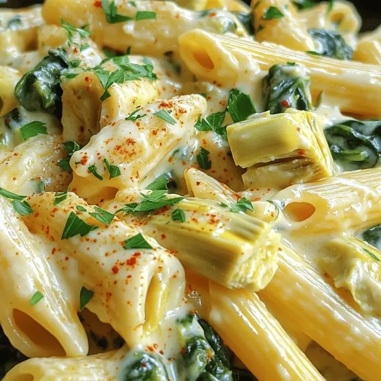 Für die Käse-Spinat-Artischocken-Pasta brauchst du einige einfache, aber leckere Zutaten. Hier sind die Hauptbestandteile: - 225 g Pasta (Penne oder Rotini) - 240 ml frischer Spinat, grob gehackt - 240 ml Artischockenherzen, abgetropft und grob gehackt - 240 g Frischkäse, weich gemacht - 240 g griechischer Joghurt - 240 g geriebener Mozzarella-Käse - 60 g geriebener Parmesan-Käse - 2 Knoblauchzehen, fein gehackt - 1/2 Teelöffel rote Pfefferflocken (optional) - Salz und Pfeffer nach Geschmack - 2 Esslöffel Olivenöl - Frische Petersilie zur Garnierung Diese Zutaten machen das Gericht reichhaltig und cremig. Du wirst den Geschmack lieben! Einige Gewürze und Öle bringen dein Gericht auf die nächste Stufe. Hier sind die wichtigsten: - 2 Esslöffel Olivenöl für das Anbraten - Salz für den Geschmack - Pfeffer, um das Gericht zu würzen - Rote Pfefferflocken, wenn du etwas Schärfe magst Diese Gewürze helfen, die Aromen zu verstärken. So schmeckt deine Pasta noch besser. Käse ist der Star in diesem Rezept. Er sorgt für die cremige Konsistenz und den besten Geschmack. Verwende diese Käsesorten: - 240 g geriebener Mozzarella-Käse für die Schmelzqualität - 60 g geriebener Parmesan-Käse für die würzige Note Die Kombination dieser Käsesorten macht dein Essen besonders köstlich. Wenn du mehr Käse magst, fühl dich frei, etwas mehr hinzuzufügen! Du findest das gesamte Rezept in der [Full Recipe]. Pasta richtig kochen Bringe einen großen Topf mit gesalzenem Wasser zum Kochen. Füge die Pasta hinzu und koche sie nach den Anweisungen auf der Verpackung al dente. Das dauert in der Regel etwa 8-10 Minuten. Gieße die Pasta danach ab und stelle sie beiseite. Knoblauch und Spinat perfekt anbraten Erhitze in demselben Topf das Olivenöl bei mittlerer Hitze. Füge die fein gehackten Knoblauchzehen hinzu und brate sie für etwa 1 Minute, bis sie duften. Gib den grob gehackten Spinat dazu und koche ihn, bis er verwelkt. Das dauert nur wenige Minuten. Zutaten in der richtigen Reihenfolge kombinieren Reduziere die Hitze und füge die abgetropften Artischockenherzen, den Frischkäse und den griechischen Joghurt in den Topf. Rühre alles gut um, bis der Frischkäse geschmolzen ist. Die Mischung sollte jetzt schön cremig sein. Käse zur cremigen Mischung hinzufügen Gib nach und nach den geriebenen Mozzarella und den Parmesan-Käse in die Mischung. Rühre weiter, bis alles gut vermischt ist. Wenn die Sauce zu dick wird, kannst du etwas Nudelwasser hinzufügen, um sie zu lockern. Pasta gleichmäßig mit der Sauce vermischen Gib die gekochte Pasta zurück in den Topf. Mische sie vorsichtig mit der Käse-Spinat-Artischocken-Sauce, bis sie gleichmäßig bedeckt ist. Schmecke die Mischung mit roten Pfefferflocken, Salz und Pfeffer ab. Anrichten und servieren Nehme den Topf vom Herd und löffle die Pasta auf Servierteller. Garniere das Gericht mit frischer Petersilie. Das sorgt für einen schönen Farbkontrast und frischen Geschmack. Für das gesamte Rezept, sieh dir die Full Recipe an. Um die perfekte Sauce zu machen, fang mit frischen Zutaten an. Frischkäse macht die Sauce cremiger. Erhitze das Olivenöl und brate den Knoblauch an. Er darf nicht verbrennen, sonst wird er bitter. Füge dann den Spinat hinzu. Lass ihn nur kurz garen, bis er welkt. Danach sind die Artischocken an der Reihe. Sie bringen einen tollen Geschmack. Rühre alles gut um und lass die Aromen sich verbinden. Füge die Käsesorten nach und nach hinzu. So wird die Sauce schön cremig. Wenn sie zu dick ist, kannst du etwas Nudelwasser hinzufügen. So bleibt die Sauce geschmeidig und lecker. Wenn du eine fettärmere Sauce willst, gibt es viele Alternativen. Ersetze den Frischkäse durch griechischen Joghurt. Er hat weniger Fett, aber viel Geschmack. Du kannst auch fettarmen Käse wählen. Mozzarella gibt es in leichterer Form. Das macht die Sauce immer noch cremig. Auch die Menge an Käse kannst du reduzieren. So sparst du Kalorien, ohne den Geschmack zu verlieren. Achte darauf, die anderen Zutaten gut zu würzen. So bleibt der volle Geschmack erhalten. Frische Zutaten sind oft geschmackvoller, aber gefrorene sind praktisch. Bei Spinat kannst du frischen oder gefrorenen verwenden. Wenn du gefrorenen Spinat nimmst, tau ihn vorher auf. Drücke das Wasser heraus, damit die Sauce nicht wässrig wird. Bei den Artischocken kannst du Dosen oder gefrorene nehmen. Beide sind lecker. Dosen sind oft schon gewürzt und bereit zum Kochen. Frische Artischocken sind toll, wenn du Zeit hast, sie zuzubereiten. In jedem Fall gilt: Verwende die Zutaten, die dir am besten schmecken. {{image_4}} Wenn du glutenfrei essen möchtest, gibt es viele Optionen. Du kannst Reisnudeln oder Linsenpasta verwenden. Diese Alternativen sind lecker und halten gut. Achte darauf, die Kochzeit anzupassen. Probiere verschiedene Sorten aus, um deinen Favoriten zu finden. Um das Gericht vegetarisch zu machen, kannst du einfach die Käsesorten verwenden. Für eine vegane Version ersetze den Frischkäse und Joghurt durch pflanzliche Alternativen. Kichererbsen oder Cashew-Creme bieten eine tolle cremige Textur. Füge noch mehr Gemüse hinzu, wie Paprika oder Zucchini, um den Geschmack zu erweitern. Möchtest du das Gericht aufpeppen? Füge gebratenes Hühnchen oder Pilze hinzu. Diese Zutaten bringen mehr Tiefe. Du kannst sie zusammen mit dem Knoblauch anbraten. Auch getrocknete Tomaten oder Oliven passen gut. Experimentiere mit Gewürzen, um das Aroma zu verstärken. Um Reste von Käse-Spinat-Artischocken-Pasta sicher zu lagern, nutze einen luftdichten Behälter. Stelle sicher, dass die Pasta abgekühlt ist, bevor du sie verpackst. So bleibt sie frisch und lecker. Bewahre die Reste im Kühlschrank auf. Sie sind dort bis zu drei Tage haltbar. Beim Aufwärmen der Pasta gibt es ein paar Tipps zu beachten. Nutze eine Pfanne oder die Mikrowelle. Falls die Sauce zu dick ist, füge etwas Nudelwasser oder Milch hinzu. So bleibt die Konsistenz cremig und geschmeidig. Erhitze die Pasta bei niedriger Hitze und rühre häufig um. Du kannst auch Käse-Spinat-Artischocken-Pasta einfrieren. Teile die Portionen in geeignete Behälter auf. Achte darauf, dass die Behälter gefriersicher sind. Die Pasta kann bis zu drei Monate im Gefrierfach bleiben. Zum Auftauen stelle die Behälter über Nacht in den Kühlschrank. Erwärme die Pasta dann wie oben beschrieben. Diese Pasta hält sich gut. Sie bleibt im Kühlschrank etwa 3 bis 4 Tage frisch. Achte darauf, sie in einem luftdichten Behälter zu lagern. So bleibt der Geschmack erhalten. Ja, das ist möglich. Du kannst die Pasta bis zu zwei Tage im Voraus machen. Lasse sie nach dem Kochen abkühlen, bevor du sie in den Kühlschrank stellst. Erwärme sie zum Servieren in der Mikrowelle oder auf dem Herd. Zu dieser Pasta passen verschiedene Beilagen. Ein frischer grüner Salat ist eine tolle Wahl. Auch knuspriges Brot oder ein Gemüsegericht ergänzen das Hauptgericht gut. Möchtest du es schärfer? Füge mehr rote Pfefferflocken hinzu. Wenn du es milder magst, lasse sie einfach weg. Du kannst auch frischen Pfeffer verwenden, um die Schärfe zu variieren. Auf jeden Fall! Die Käse-Spinat-Artischocken-Pasta eignet sich hervorragend für Meal Prep. Bereite eine große Portion vor und teile sie in einzelne Behälter auf. So hast du gesunde Mahlzeiten für die Woche. Für das vollständige Rezept, schau dir den Abschnitt "Käse-Spinat-Artischocken-Pasta" an. Diese Käse-Spinat-Artischocken-Pasta ist einfach zuzubereiten und köstlich. Wir haben die Hauptzutaten, Gewürze und Käsesorten besprochen. Die Schritt-für-Schritt-Anleitung hilft Ihnen beim Kochen. Tipps zur Sauce, Varianten und Aufbewahrung machen das Rezept noch besser. Nutzen Sie die vielen Optionen, um Ihre Pasta anzupassen. Kochen macht Spaß, und diese Pasta wird Sie begeistern. Probieren Sie es aus und genießen Sie jede Bissen!