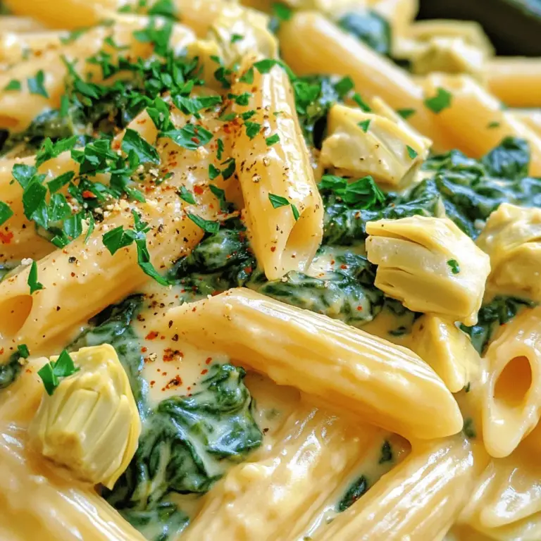 - 225 g Pasta (Penne oder Fettuccine) - 250 g frischer Spinat, grob gehackt - 240 g eingelegte Artischockenherzen, abgetropft und grob gehackt Die Hauptzutaten sind einfach und frisch. Die Pasta wie Penne oder Fettuccine nimmt die Sauce gut auf. Frischer Spinat bringt eine schöne Farbe und viel Geschmack. Eingelegte Artischockenherzen fügen eine leckere, herzhafte Note hinzu. Diese Zutaten machen das Gericht besonders. - 240 ml Schlagsahne - 120 g Frischkäse, weich - 50 g geriebener Parmesan-Käse - 2 Knoblauchzehen, fein gehackt - 1 Esslöffel Olivenöl - 1/2 Teelöffel rote Pfefferflocken (nach Belieben anpassen) - Salz und Pfeffer nach Geschmack Die weiteren Zutaten sind entscheidend für die cremige Sauce. Schlagsahne und Frischkäse sorgen für eine reichhaltige Textur. Parmesan-Käse gibt zusätzlichen Geschmack. Knoblauch und Olivenöl sind die Basis für ein tolles Aroma. Rote Pfefferflocken bringen eine leichte Schärfe. Mit Salz und Pfeffer schmeckst du alles ab. Diese Kombination macht die Pasta zu einem besonderen Genuss. Für das vollständige Rezept schau dir die vollständige Rezeptur an. Zuerst bringst du in einem großen Topf reichlich Wasser zum Kochen. Du solltest das Wasser gut salzen. Das hilft, den Geschmack der Pasta zu verbessern. Dann gibst du die Pasta in das kochende Wasser. Koche sie al dente, wie auf der Verpackung angegeben. Das dauert in der Regel etwa 8 bis 10 Minuten. Bevor du die Pasta abgießt, bewahre 120 ml des Kochwassers auf. Das hilft später, die Sauce zu binden. Nachdem du die Pasta abgetropft hast, stelle sie beiseite. Jetzt kommst du zum Knoblauch. Erhitze in einer großen Pfanne 1 Esslöffel Olivenöl bei mittlerer Hitze. Wenn das Öl warm ist, füge 2 fein gehackte Knoblauchzehen hinzu. Brate den Knoblauch etwa 1 Minute an. Er sollte duften, aber nicht braun werden. Achte darauf, dass der Knoblauch nicht verbrennt, da er sonst bitter schmeckt. Füge nun 250 g grob gehackten frischen Spinat und 240 g abgetropfte, grob gehackte Artischockenherzen in die Pfanne hinzu. Rühre alles gut um und koche es 3 bis 4 Minuten lang, bis der Spinat zusammenfällt. Jetzt reduziere die Hitze und gib 240 ml Schlagsahne, 120 g weichen Frischkäse und 50 g geriebenen Parmesan-Käse in die Pfanne. Rühre alles gut um, bis der Käse schmilzt und die Sauce cremig wird. Wenn die Sauce zu dick ist, füge etwas von dem reservierten Pasta-Wasser hinzu. Jetzt ist es Zeit, die Pasta hinzuzufügen. Gib die abgetropfte Pasta in die Pfanne mit der Sauce. Mische alles gut durch, sodass die Pasta gleichmäßig mit der cremigen Sauce überzogen ist. Schmecke die Mischung mit roten Pfefferflocken, Salz und Pfeffer ab. Serviere die Pasta auf Tellern oder einer großen Servierplatte. Garnieren kannst du die Pasta mit frischer, gehackter Petersilie. Das gibt einen schönen Farbkontrast und frischen Geschmack. Jetzt kannst du die cremige Spinat und Artischocken Pasta genießen! Um die perfekte Sauce zu erhalten, ist Pasta-Wasser ein echter Geheimtipp. Es hat Stärke, die hilft, die Sauce zu binden. Wenn die Sauce zu dick wird, fügen Sie einfach einen Schuss des warmen Nudelwassers hinzu. Rühren Sie gut um. Nach Bedarf können Sie die Dicke anpassen. Ein wenig Wasser kann viel ausmachen! Um den Geschmack zu intensivieren, können Sie verschiedene Gewürze und Kräuter hinzufügen. Basilikum oder Thymian passen gut zu diesem Gericht. Auch frischer Zitronensaft kann die Aromen aufhellen. Käsevariationen machen das Gericht besonders. Probieren Sie Mozzarella oder Gouda für einen neuen Geschmack. Verändern Sie die Käsearten nach Ihrem Geschmack. Die Sauce lässt sich gut im Voraus zubereiten. Kochen Sie sie einfach und lagern Sie sie im Kühlschrank. So sparen Sie Zeit, wenn Sie das Gericht servieren. Erwärmen Sie die Sauce langsam. Fügen Sie frische Pasta hinzu, wenn Sie bereit sind. Dies hilft, die Aromen frisch zu halten. So können Sie jederzeit schnell eine leckere Mahlzeit zubereiten. {{image_4}} Möchtest du mehr Gemüse? Füge Pilze oder Zucchini hinzu. Diese Optionen bringen zusätzliche Textur und Geschmack. Pilze haben einen tiefen, erdigen Geschmack. Zucchini bleibt zart und frisch. Du kannst auch vegane Käsealternativen ausprobieren. Sie machen die Pasta cremig, ohne Milchprodukte zu nutzen. Für eine herzhaftere Mahlzeit füge Hähnchen oder Garnelen hinzu. Beides passt gut zu den Aromen der Sauce. Gekochtes Hähnchen macht die Pasta sättigender. Garnelen bringen einen leichten, maritimen Geschmack. Es gibt viele Möglichkeiten für Fleischliebhaber. Probiere Würstchen oder Speck für einen rauchigen Akzent. Nutze frisches Gemüse der Saison für mehr Geschmack. Im Frühling sind Spargel und Erbsen toll. Im Sommer kannst du Tomaten oder Paprika verwenden. Diese Zutaten bringen frische Aromen. Du kannst die Aromen auch je nach Jahreszeit anpassen. Im Winter passen geröstete Kürbisse oder Süßkartoffeln gut dazu. Experimentiere und finde deine Lieblingskombinationen. Frische Pasta bleibt bis zu drei Tage im Kühlschrank frisch. Packen Sie die Pasta in luftdichte Behälter. So bleibt der Geschmack und die Textur erhalten. Achten Sie darauf, die Pasta gut abzukühlen, bevor Sie sie lagern. Wenn Sie die Pasta mit der cremigen Sauce aufbewahren, sollte sie innerhalb von zwei Tagen verzehrt werden. Sie können die Pasta auch einfrieren. Legen Sie die abgekühlte Pasta in einen gefrierfesten Behälter oder Beutel. Achten Sie darauf, die Luft so gut wie möglich zu entfernen. So vermeiden Sie Gefrierbrand. Um die Pasta wieder aufzuwärmen, tauen Sie sie im Kühlschrank auf. Erhitzen Sie sie dann vorsichtig in einer Pfanne. Fügen Sie etwas Wasser oder Sahne hinzu, um die Konsistenz zu verbessern. Dies hilft, Texturverlust zu vermeiden. Die Zubereitung dauert etwa 30 Minuten. Die Vorbereitungszeit beträgt 10 Minuten. Die Kochzeit ist 20 Minuten. In dieser Zeit kochen Sie die Pasta und machen die Sauce. Ja, Sie können diese Pasta vegan zubereiten. Tauschen Sie die Schlagsahne gegen eine pflanzliche Sahne aus. Verwenden Sie veganen Frischkäse und Parmesan. So bleibt der cremige Geschmack erhalten. Zu dieser Pasta passen frische Salate sehr gut. Ein knackiger grüner Salat ergänzt die Aromen. Auch geröstetes Gemüse oder Knoblauchbrot sind tolle Beilagen. Sie bringen zusätzliche Textur und Geschmack. Ja, Sie können auch andere Gemüse verwenden. Zucchini oder Pilze sind gute Optionen. Sie bringen einen anderen Geschmack und eine andere Textur in das Gericht. Experimentieren Sie mit dem Gemüse, das Sie mögen. Sie können die vollständige Rezeptur für cremige Spinat-Artischocken-Pasta in meinem Rezeptbereich finden. Es ist einfach und macht viel Spaß zu kochen! Du hast nun alles Wichtige über die cremige Spinat-Artischocken-Pasta. Wir haben die Hauptzutaten und die einfache Schritt-für-Schritt-Anleitung besprochen. Diese Pasta lässt sich leicht anpassen und lagern. Außerdem hast du Tipps für Variationen und häufige Fragen erhalten. Meiner Meinung nach ist dieses Gericht perfekt für jeden Anlass. Probiere deine eigenen Ideen aus und genieße die Ergebnisse!