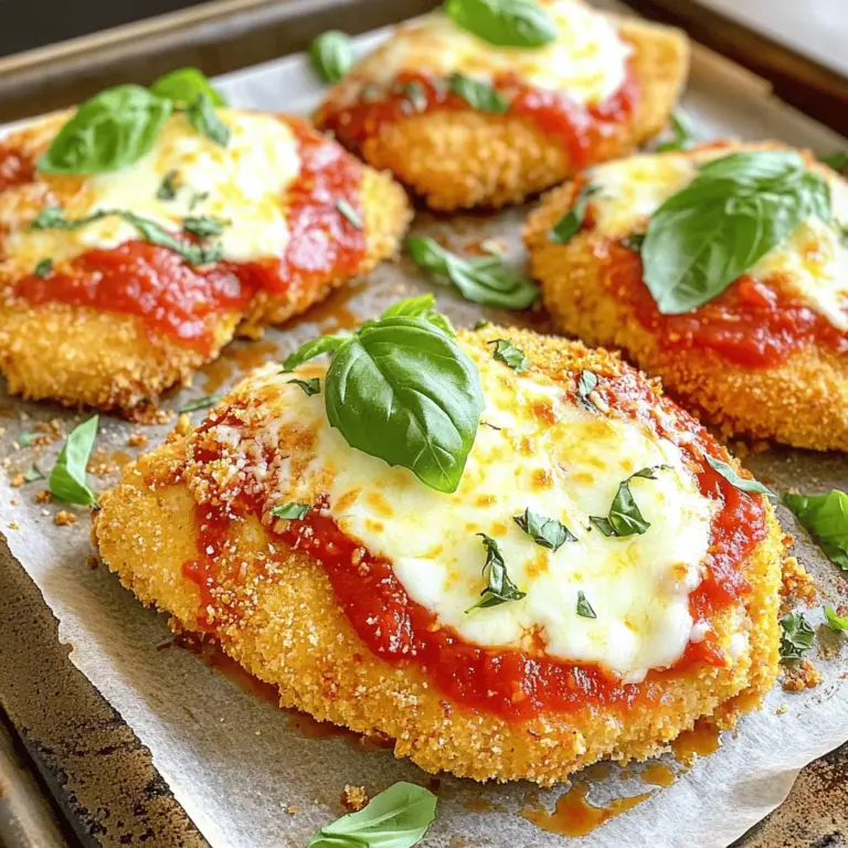 Für dieses Rezept benötigst du einige wichtige Zutaten: - 2 große Hühnerbrustfilets, gleichmäßig plattiert - 1 Tasse Weizenmehl - 2 große Eier, leicht verquirlt - 1 Tasse Semmelbrösel (vorzugsweise italienischer Art) - 1/2 Tasse geriebener Parmesan-Käse - 2 Tassen Marinara-Sauce (hausgemacht oder aus dem Geschäft) - 1 1/2 Tassen geriebener Mozzarella-Käse Diese Zutaten sorgen für einen tollen Geschmack und eine schöne Textur. Um deinem Gericht mehr Tiefe zu geben, fügen wir ein paar Gewürze hinzu: - 1 Teelöffel getrockneter Oregano - 1 Teelöffel Knoblauchpulver - 1 Teelöffel Zwiebelpulver - Salz und Pfeffer nach Geschmack Diese Aromen helfen, das Hühnchen geschmackvoller zu machen. Sie harmonieren gut mit der Marinara-Sauce und dem Käse. Du brauchst auch einige Küchenutensilien, um das Rezept einfach zu machen: - 3 flache Schüsseln für die Panierstation - Ein Backblech mit Backpapier - Eine Sprühflasche oder einen Löffel für das Olivenöl - Ein Fleischklopfer, um die Hühnerbrust zu plattieren Mit diesem Zubehör wird die Zubereitung leicht und macht Spaß. Wenn du alle Zutaten und Utensilien bereit hast, bist du bereit, das köstliche Krosse Backofen-Hühnchen Parmesan zuzubereiten. Schau dir die Full Recipe für genaue Schritte an! Zuerst nehmen Sie die Hühnerbrustfilets. Plattieren Sie sie gleichmäßig, damit sie gleichmäßig garen. Ein Fleischklopfer hilft dabei, die Filets gleichmäßig dünn zu machen. Achten Sie darauf, die Haut zu entfernen, falls noch vorhanden. Dies macht das Hähnchen zarter und leichter. Legen Sie die vorbereiteten Filets beiseite, während Sie die Panierstation aufbauen. Jetzt ist es Zeit, die Panierstation einzurichten. Sie brauchen drei flache Schüsseln. Geben Sie das Mehl in die erste Schüssel. In der zweiten Schüssel verquirlen Sie die Eier leicht. Mischen Sie in der dritten Schüssel die Semmelbrösel, den geriebenen Parmesan, Oregano, Knoblauchpulver, Zwiebelpulver, Salz und Pfeffer. Diese Mischung gibt dem Hähnchen seinen tollen Geschmack. Stellen Sie sicher, dass alles bereit ist, bevor Sie beginnen. Legen Sie die panierten Hühnerbrustfilets auf ein Backblech mit Backpapier. Besprühen Sie die Oberseite leicht mit Olivenöl. Dies sorgt für eine knusprige Textur. Backen Sie das Hähnchen im vorgeheizten Ofen bei 200°C für 20 bis 25 Minuten. Achten Sie darauf, dass die Innentemperatur 74°C erreicht. Nach dem Backen gießen Sie die Marinara-Sauce über das Hähnchen. Streuen Sie dann den Mozzarella darüber. Backen Sie es weitere 10 bis 15 Minuten, bis der Käse sprudelt und schön goldbraun ist. Lassen Sie das Hähnchen kurz ruhen, bevor Sie servieren. Jetzt sind Sie bereit, das krosse Backofen-Hühnchen Parmesan zu genießen! [Full Recipe] Um das Hähnchen besonders knusprig zu machen, gibt es einige einfache Tricks. Erstens, verwenden Sie frische Semmelbrösel. Diese sorgen für mehr Textur. Sie können die Brösel auch selbst aus alten Brötchen machen. Zweitens, besprühen Sie das Hähnchen mit Olivenöl. Ein leichter Ölfilm hilft, die Knusprigkeit zu steigern. Die Backzeit ist ebenfalls wichtig. Backen Sie das Hähnchen zuerst ohne Sauce, um eine goldbraune Kruste zu erreichen. Zu krossem Backofen-Hühnchen Parmesan passen viele Beilagen gut. Hier sind einige meiner Favoriten: - Spaghetti oder andere Pasta - Frischer grüner Salat - Knoblauchbrot - Gegrilltes Gemüse Jede dieser Beilagen ergänzt das Gericht und macht es noch besser. Ein paar häufige Fehler können das Ergebnis beeinträchtigen. Achten Sie darauf, die Hühnerbrust nicht zu dick zu lassen. Plattieren Sie sie gleichmäßig, damit sie gleichmäßig gart. Verwenden Sie auch ein Backblech mit Backpapier. Dies verhindert, dass das Hähnchen anbackt. Stellen Sie sicher, dass der Ofen gut vorgeheizt ist. Ein kalter Ofen kann die Knusprigkeit verringern. Vermeiden Sie es, das Hähnchen zu oft zu bewegen. Lassen Sie es in Ruhe, damit die Kruste fest wird. {{image_4}} Für eine leckere vegetarische Version von Krosses Backofen-Hühnchen Parmesan können Sie Auberginen oder Zucchini verwenden. Schneiden Sie das Gemüse in dicke Scheiben. Panieren Sie es gleich wie das Hähnchen. Backen Sie die Scheiben ebenfalls im Ofen. Diese Alternativen sind herzhaft und sättigend. Die Marinara-Sauce ist klassisch, aber Sie können auch andere Soßen nutzen. Probieren Sie Pesto oder eine cremige Alfredo-Soße. Für eine scharfe Note fügen Sie Chili oder Paprika hinzu. So passen Sie das Gericht an Ihren Geschmack an und bringen Abwechslung in die Küche. Käse ist der Star in diesem Gericht. Neben Mozzarella können Sie auch Gouda oder Provolone verwenden. Diese Käsearten schmelzen gut und verleihen Geschmack. Mischen Sie verschiedene Käsesorten, um eine spannende Käsemischung zu kreieren. Das gibt dem Gericht eine besondere Note und macht es noch köstlicher. Um übrig gebliebenes Hühnerparmesan zu lagern, lassen Sie es zuerst abkühlen. Wickeln Sie die Portionen in Frischhaltefolie oder legen Sie sie in einen luftdichten Behälter. So bleibt das Hühnchen frisch und lecker. Sie können auch die Marinara-Sauce getrennt aufbewahren, um die Knusprigkeit zu erhalten. Wenn Sie das Hühnerparmesan aufwärmen, nutzen Sie am besten den Ofen. Stellen Sie den Ofen auf 180°C ein. Legen Sie das Hühnchen auf ein Backblech und bedecken Sie es leicht mit Aluminiumfolie. So bleibt das Hühnchen feucht, während es warm wird. Backen Sie es etwa 15 bis 20 Minuten, bis es durchgehend heiß ist. Im Kühlschrank hält sich der Hühnerparmesan etwa 3 bis 4 Tage. Wenn Sie ihn länger aufbewahren möchten, können Sie ihn einfrieren. Frieren Sie die Portionen in einem luftdichten Behälter oder einem Gefrierbeutel ein. So bleibt das Gericht bis zu 3 Monate frisch. Denken Sie daran, das Hühnchen vor dem Servieren im Kühlschrank aufzutauen. Ich backe das Hähnchen für 20-25 Minuten. Es sollte goldbraun und durchgegart sein. Die Innentemperatur muss 74°C oder 165°F erreichen. Wenn du das Hähnchen aus dem Ofen nimmst, achte darauf, dass es knackig ist. So erhältst du die perfekte Textur. Ja, du kannst andere Käsesorten verwenden. Mozzarella ist klassisch, aber probiere auch Cheddar oder Gouda. Diese Käsesorten geben dem Gericht einen anderen Geschmack. Du kannst auch eine Mischung aus verschiedenen Käsesorten verwenden. Das sorgt für eine spannende Abwechslung. Ja, du kannst dieses Rezept glutenfrei machen. Verwende einfach glutenfreies Mehl und glutenfreie Semmelbrösel. Es gibt viele gute Marken im Handel. Achte darauf, die anderen Zutaten ebenfalls glutenfrei zu wählen. So bleibt der Geschmack lecker und das Gericht bleibt gesund. Für das vollständige Rezept sieh dir das Rezept für Krosses Backofen-Hühnchen Parmesan an. Das Rezept für krosses Backofen-Hühnchen Parmesan ist einfach und lecker. Wir haben über die wichtigen Zutaten gesprochen, vom Hähnchen bis zu den Gewürzen. Ich gab eine Schritt-für-Schritt-Anleitung, um dir zu helfen, das Hähnchen perfekt zuzubereiten. Tipps zeigten dir, wie du ein besonders knuspriges Ergebnis erzielst. Variationen und Lagerungshinweise erweitern deine Möglichkeiten. Abschließend kann ich sagen, dass dieses Gericht vielseitig und einfach ist. Probiere verschiedene Soßen und Käsesorten aus, um neue Geschmäcker zu entdecken. Viel Spaß beim Kochen!