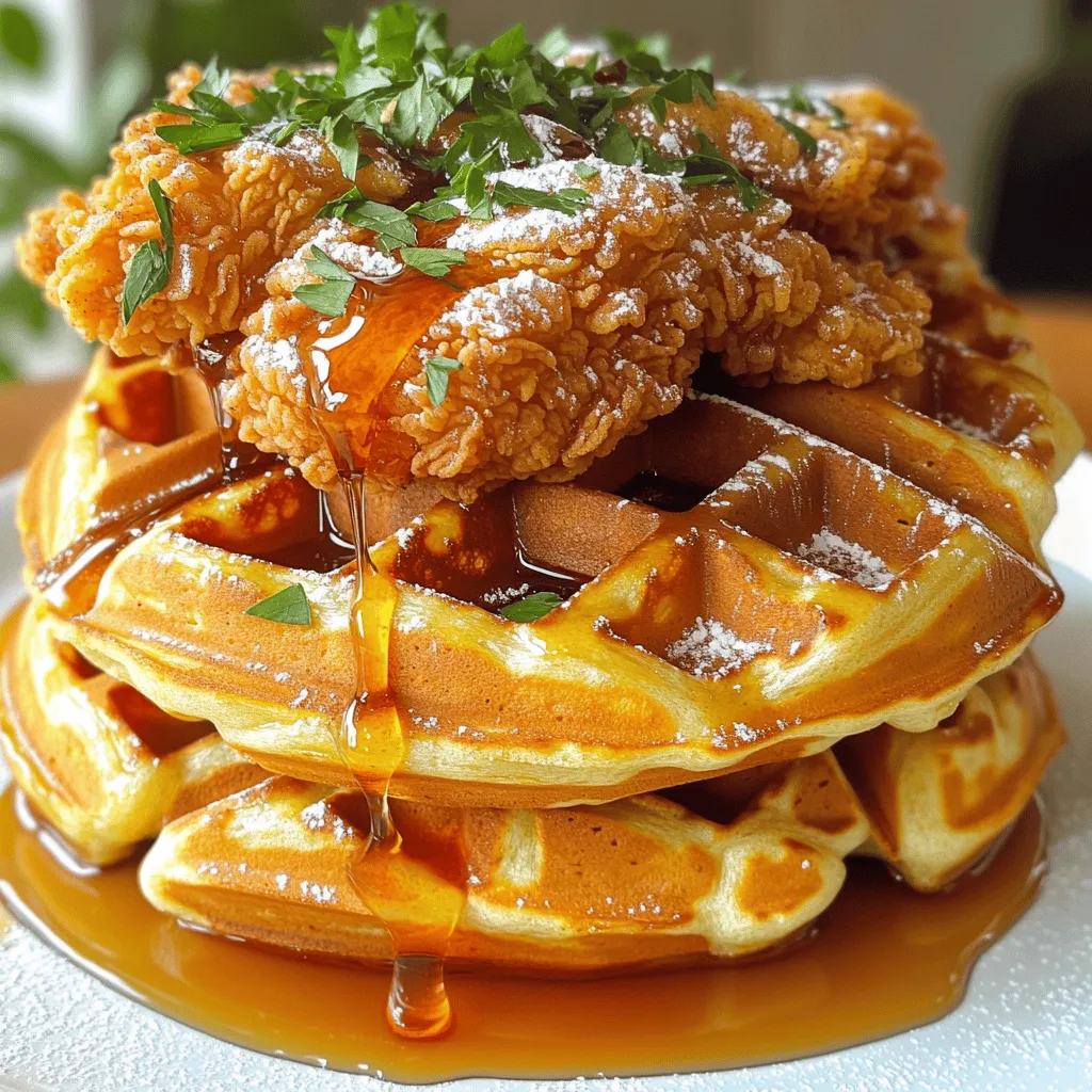 Um damit zu beginnen, sammeln Sie diese Zutaten für das Rezept. Sie benötigen: - 2 Tassen Weizenmehl - 1 Esslöffel Backpulver - 1 Teelöffel Natron - 1 Teelöffel Salz - 1 Tasse Buttermilch (oder 1 Tasse Milch mit 1 Esslöffel Essig) - 2 große Eier - 1/4 Tasse geschmolzene Butter - 2 große Hähnchenbrustfilets ohne Haut und Knochen Diese Zutaten sind die Basis für die Waffeln und das Hühnchen. Das Mehl sorgt für die Struktur, während die Buttermilch für den Geschmack wichtig ist. Die richtige Marinade macht das Hühnchen besonders lecker. Hier sind die Gewürze, die Sie brauchen: - 1 Teelöffel Knoblauchpulver - 1 Teelöffel geräuchertes Paprikapulver - 1/2 Teelöffel schwarzer Pfeffer - 1 Tasse Buttermilch (für die Marinade) - 1/2 Tasse scharfe Soße (nach Wahl) Diese Gewürze verleihen dem Hühnchen einen tollen Geschmack. Marinieren Sie das Hühnchen in der Buttermilch und der scharfen Soße. Lassen Sie es mindestens eine Stunde im Kühlschrank. So wird das Hühnchen zart und saftig. Für das perfekte Finish brauchen Sie noch einige Ergänzungen: - Ahornsirup (zum Beträufeln) - Frische Petersilie (zum Garnieren) Die Kombination aus süßem Ahornsirup und frischer Petersilie bringt das Gericht zum Strahlen. Servieren Sie die Waffel mit Hühnchen und träufeln Sie den Sirup darüber. Garnieren Sie alles mit Petersilie. So sieht Ihr Gericht nicht nur gut aus, sondern schmeckt auch fantastisch! Für die vollständige Zubereitung besuchen Sie das [Full Recipe]. Um das Hühnchen zart und voller Geschmack zu machen, marinieren wir es zuerst. Nimm eine große Schüssel und vermenge 1 Tasse Buttermilch mit 1/2 Tasse scharfer Soße. Die Mischung sorgt für einen tollen Kick. Lege die Hähnchenbrustfilets in die Marinade. Achte darauf, dass sie ganz eingetaucht sind. Decke die Schüssel ab und stelle sie für mindestens 1 Stunde in den Kühlschrank. Für mehr Geschmack kannst du es auch über Nacht marinieren. Jetzt machen wir den Waffelteig! Nimm eine große Schüssel und mische 2 Tassen Weizenmehl, 1 Esslöffel Backpulver, 1 Teelöffel Natron und 1 Teelöffel Salz. In einer anderen Schüssel vermenge 1 Tasse Buttermilch, 2 große Eier und 1/4 Tasse geschmolzene Butter. Gieße die feuchten Zutaten in die trockenen Zutaten. Rühre vorsichtig, bis alles gerade so vermischt ist. Kleine Klumpen sind in Ordnung. Zu viel Rühren macht die Waffeln zäh. Jetzt kommt der spannende Teil! Erhitze eine große Pfanne bei mittlerer Hitze. Nimm das Hühnchen aus der Marinade und lasse die überschüssige Marinade abtropfen. Würze das Hühnchen mit 1 Teelöffel Knoblauchpulver, 1 Teelöffel geräuchertem Paprikapulver und 1/2 Teelöffel schwarzem Pfeffer. Brate die Hähnchenbrustfilets etwa 6-7 Minuten pro Seite, bis sie goldbraun sind und eine Innentemperatur von 75°C erreicht haben. Während das Hühnchen brät, erhitze das Waffeleisen. Wenn es bereit ist, gib die richtige Menge Teig darauf. Schließe den Deckel und backe die Waffeln für 4-5 Minuten, bis sie knusprig sind. Jetzt kannst du alles anrichten. Lege eine Waffel auf einen Teller, lege das Hühnchen oben drauf und träufle etwas Ahornsirup darüber. Garnier mit frischer Petersilie für einen schönen Farbkontrast. Serviere das Gericht sofort für den besten Geschmack! Für das vollständige Rezept, siehe die Full Recipe. Um perfekte Waffeln zu backen, achte darauf, frische Zutaten zu verwenden. Das Mehl sollte locker und klumpenfrei sein. Mische die trockenen Zutaten gut. Wenn du die feuchten Zutaten hinzufügst, rühre nur kurz. Kleine Klumpen im Teig sind in Ordnung. Lass das Waffeleisen gut heiß werden. So werden die Waffeln knusprig und goldbraun. Für knuspriges Hühnchen ist die Marinade wichtig. Lass das Hühnchen lang genug in der Buttermilch. Das macht es zart. Würze das Hühnchen gut mit Knoblauchpulver und Paprika. Brate es in einer heißen Pfanne. Verwende genug Öl, damit es brutzelt. So erhält es eine schöne Kruste. Ein Fleischthermometer hilft, die richtige Temperatur zu erreichen. Serviere das Gericht kreativ. Staple die Waffeln und das Hühnchen übereinander. Beträufle alles mit Ahornsirup. Eine Prise Puderzucker macht es hübsch. Frische Früchte wie Beeren bringen Frische. Sie ergänzen die Süße des Sirups. Du kannst auch einen Salat dazu reichen. Das gibt einen tollen Kontrast zu den warmen Waffeln und dem Hühnchen. Such dir deine Lieblingsbeilagen aus! {{image_4}} Um eine vegane Version von herzhaften Hühnchen und Waffeln zu machen, können Sie Tofu oder Tempeh verwenden. Diese sind proteinreich und nehmen die Aromen gut auf. Marinieren Sie den Tofu genauso wie das Hühnchen. Verwenden Sie die gleiche Mischung aus Buttermilch und scharfer Soße, aber wählen Sie eine pflanzliche Milch. Für die Waffeln können Sie die Eier durch einen Mix aus Leinsamen und Wasser ersetzen. Dies gibt der Mischung die nötige Bindung. Um glutenfreie Waffeln zu machen, ersetzen Sie das Weizenmehl durch eine glutenfreie Mehlmischung. Achten Sie darauf, dass das Backpulver und Natron glutenfrei sind. Die Marinade bleibt gleich, da sie keine glutenhaltigen Zutaten enthält. Verwenden Sie auch hier pflanzliche Milch für eine glutenfreie und vegane Option. Servieren Sie die Waffeln und das Hühnchen mit verschiedenen Beilagen. Einige beliebte Optionen sind: - Frische Avocado - Gebratene Süßkartoffeln - Eingelegte Gurken Zusätzlich sind Soßen eine gute Ergänzung. Probieren Sie: - BBQ-Sauce für einen rauchigen Geschmack - Chili-Soße für etwas Schärfe - Eine cremige Ranch-Dressing für eine milde Note Diese Variationen machen Ihr Gericht spannend und anpassungsfähig für jeden Geschmack. Für das vollständige Rezept, schauen Sie sich die Anleitung zu herzhaften Hühnchen und Waffeln an. Um übrig gebliebene Waffeln frisch zu halten, lege sie in einen luftdichten Behälter. Du kannst sie auch in einzelne Portionen einwickeln. Stelle sicher, dass sie vollständig abgekühlt sind, bevor du sie in den Behälter gibst. So vermeidest du Feuchtigkeit und das Aufweichen der Waffeln. Im Kühlschrank halten sie sich gut bis zu drei Tage. Wenn du sie länger aufbewahren möchtest, friere sie ein. Lege sie zwischen Backpapier, damit sie nicht zusammenkleben. Für das marinierte Hühnchen ist es wichtig, es richtig zu lagern. Bewahre das Hühnchen in einem luftdichten Behälter im Kühlschrank auf. Achte darauf, dass die Marinade es vollständig umhüllt, damit es saftig bleibt. Das Hühnchen kann bis zu zwei Tage im Kühlschrank bleiben. Wenn du es länger aufbewahren möchtest, friere es ein. Vergiss nicht, das Hühnchen vor dem Einfrieren gut zu verpacken, um Gefrierbrand zu vermeiden. Um die Waffeln wieder aufzuwärmen, lege sie in den Toaster oder in den Ofen. Bei 180 Grad Celsius etwa fünf Minuten backen, bis sie knusprig sind. Für das Hühnchen empfehle ich, es in einer Pfanne bei mittlerer Hitze zu erwärmen. So bleibt es zart und saftig. Du kannst auch einen Ofen nutzen, um das Hühnchen gleichmäßig aufzuwärmen. Achte darauf, dass die Innentemperatur wieder 75 Grad Celsius erreicht, um sicherzugehen, dass es sicher zu essen ist. Mariniertes Hühnchen hält sich gut im Kühlschrank für etwa 2 bis 3 Tage. Achte darauf, dass es in einem luftdichten Behälter ist. Je länger es mariniert, desto besser wird der Geschmack. Wenn du mehr Zeit brauchst, kannst du das Hühnchen auch einfrieren. So bleibt es bis zu 6 Monate frisch. Ja, du kannst gefrorenes Hühnchen verwenden. Achte darauf, es über Nacht im Kühlschrank aufzutauen. Das gewährleistet, dass das Hühnchen gleichmäßig aufgetaut ist. Marinieren ist auch möglich, wenn das Hühnchen gefroren ist. Gib einfach mehr Zeit für die Marinade, da das gefrorene Fleisch länger braucht, um den Geschmack aufzunehmen. Der beste Sirup für Herzhafte Hühnchen und Waffeln ist Ahornsirup. Sein süßer Geschmack passt perfekt zum salzigen Hühnchen. Du kannst auch andere Sirupe ausprobieren, wie z.B. Honig oder Karamellsirup, um neue Aromen zu entdecken. Ahornsirup hat eine besondere Tiefe, die das Gericht noch besser macht. Versuche, ihn warm zu servieren, damit er schön über die Waffeln fließt. In diesem Artikel haben wir die Grundlagen für herzhafte Hühnchen und Waffeln behandelt. Wir haben die Hauptzutaten sowie die Marinade besprochen. Die Schritt-für-Schritt-Anleitung macht die Zubereitung einfach und klar. Tipps helfen Ihnen, perfekte Waffeln und knuspriges Hühnchen zu kreieren. Variationen bieten für jeden etwas, und wir klärten wichtige Lagerungshinweise. Essen soll Freude bringen, und damit gelingt es leicht. Probieren Sie es aus und genießen Sie die Aromen!