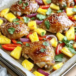 Um das perfekte tropische Blechpfannen-Hühnchen zu machen, brauchen Sie: - 4 Hautlose, knochenlose Hähnchenschenkel - 1 Tasse frische Ananas, gewürfelt - 1 rote Paprika, in Scheiben geschnitten - 1 gelbe Paprika, in Scheiben geschnitten - 1 rote Zwiebel, in Spalten geschnitten Diese Zutaten bringen frische Aromen und Farben auf den Tisch. Hähnchen ist eine großartige Proteinquelle. Ananas fügt Süße hinzu, während die Paprika für Crunch sorgt. Das Gemüse spielt eine wichtige Rolle in diesem Gericht. - Paprika: Sie bringen Süße und eine schöne Farbe. - Zwiebeln: Diese geben einen tollen Geschmack und Aroma. - Ananas: Die Ananas fügt nicht nur Süße hinzu, sondern auch Saftigkeit. Das Gemüse sorgt dafür, dass das Gericht gesund und schmackhaft bleibt. Es ergänzt das Hähnchen perfekt. Die Marinade macht das Hähnchen saftig und voller Geschmack. Sie besteht aus: - 3 Esslöffel Sojasauce - 2 Esslöffel Honig - 1 Esslöffel Sesamöl - 2 Knoblauchzehen, fein gehackt - 1 Teelöffel frischer Ingwer, gerieben - Salz und Pfeffer nach Geschmack Die Sojasauce bringt Umami. Der Honig fügt Süße hinzu. Sesamöl gibt einen nussigen Geschmack. Knoblauch und Ingwer machen die Marinade aromatisch und frisch. Für das vollständige Rezept, schauen Sie sich das [Full Recipe] an. Zuerst heizen Sie den Ofen auf 200 °C vor. Das Backblech sollte groß sein und einen Rand haben. Legen Sie es mit Backpapier aus. So wird die Reinigung einfach. Ein gutes Blech sorgt für gleichmäßiges Garen. In einer großen Rührschüssel mischen Sie die Sojasauce, den Honig und das Sesamöl. Fügen Sie den gehackten Knoblauch und den geriebenen Ingwer hinzu. Schmecken Sie die Marinade mit Salz und Pfeffer ab. Rühren Sie alles gut um. Diese Marinade gibt dem Hähnchen viel Geschmack. Legen Sie die Hähnchenschenkel auf das vorbereitete Blech. Gießen Sie die Hälfte der Marinade darüber. Verbreiten Sie die gewürfelte Ananas, die Paprika und die Zwiebelspalten um das Hähnchen. Träufeln Sie die restliche Marinade über das Gemüse und das Hähnchen. So wird alles gut gewürzt. Schieben Sie das Backblech in den Ofen. Rösten Sie das Gericht für etwa 25-30 Minuten. Das Hähnchen ist fertig, wenn es eine Innentemperatur von 75 °C erreicht. Das Gemüse sollte zart sein. Nehmen Sie das Blech aus dem Ofen, wenn alles gut aussieht. Garnieren Sie es mit Sesamsamen und frischem Koriander. Servieren Sie das Gericht heiß. Für das vollständige Rezept, schauen Sie sich das [Full Recipe] an. Um das Hähnchen saftig zu halten, ist die Marinade wichtig. Die Mischung aus Sojasauce, Honig und Sesamöl gibt dem Fleisch Geschmack und Feuchtigkeit. Lassen Sie das Hähnchen mindestens 30 Minuten in der Marinade ziehen. So wird es zart und aromatisch. Auch das richtige Garen hilft. Überbacken Sie das Hähnchen nicht zu lange. Die perfekte Innentemperatur liegt bei 75 °C. Verwenden Sie ein Fleischthermometer für beste Ergebnisse. Für das tropische Blechpfannen-Hühnchen passen Reis oder Quinoa gut. Diese Beilagen nehmen die köstlichen Säfte auf. Auch ein einfacher grüner Salat bringt Frische. Sie können auch gedämpftes Gemüse wie Brokkoli oder grüne Bohnen dazu servieren. Diese Optionen sorgen für Farbe und zusätzliche Nährstoffe. Wenn Sie mehr Geschmack wollen, fügen Sie etwas Limettensaft hinzu. Servieren Sie das Gericht direkt vom Blech. So sieht es rustikal und einladend aus. Garnieren Sie es mit frischem Koriander und Sesamsamen. Diese Zutaten geben das letzte Finish und einen tollen Look. Jeder kann sich eine Portion nehmen. Für eine festliche Note können Sie auch kleine Schalen mit zusätzlichen Beilagen bereitstellen. So wird das Essen zu einem geselligen Erlebnis. {{image_4}} Wenn Sie keine frische Ananas haben, gibt es tolle Alternativen. Dosenananas funktionieren gut. Sie sind süß und saftig. Sie können auch Mango verwenden. Mango gibt einen fruchtigen Twist. Papaya ist eine weitere Option. Sie bringt eine neue Textur und Geschmack. Alle diese Früchte passen gut zu Hähnchen. Denken Sie daran, die Früchte in Stücke zu schneiden. Um das Rezept vegetarisch zu machen, ersetzen Sie das Hähnchen durch Tofu. Tofu nimmt die Marinade gut auf. Schneiden Sie ihn in gleichmäßige Würfel. Sie können auch Tempeh verwenden. Tempeh hat einen nussigen Geschmack, der gut passt. Vegane Optionen sind einfach und lecker. Fügen Sie mehr Gemüse wie Brokkoli oder Zucchini hinzu. Diese Gemüse setzen schöne Farben und Texturen. Die Marinade ist leicht anpassbar. Fügen Sie mehr Ingwer für einen schärferen Geschmack hinzu. Oder probieren Sie rote Pfefferflocken für mehr Würze. Sie können auch Ananassaft verwenden. Das macht die Marinade noch fruchtiger. Wenn Sie es süßer mögen, erhöhen Sie den Honig. Für einen herzhaften Geschmack, geben Sie mehr Sojasauce. So haben Sie viele Möglichkeiten, das Gericht nach Ihrem Geschmack zu gestalten. Um Reste richtig zu lagern, lassen Sie das Hühnchen zuerst abkühlen. Legen Sie die Reste in einen luftdichten Behälter. Fügen Sie das Gemüse hinzu und verschließen Sie den Behälter gut. So bleiben die Aromen frisch. Ich empfehle, die Reste innerhalb von drei Tagen zu verzehren. Zum Aufwärmen nehmen Sie das Hühnchen und das Gemüse aus dem Behälter. Heizen Sie den Ofen auf 180 °C vor. Legen Sie das Essen auf ein Blech und decken Sie es mit Folie ab. So bleibt es saftig. Erwärmen Sie es für 15 bis 20 Minuten. Eine Mikrowelle ist auch möglich, aber das Hühnchen kann dadurch trocken werden. Im Kühlschrank bleibt das Hühnchen bis zu drei Tage frisch. Im Gefrierschrank kann es bis zu drei Monate halten. Achten Sie darauf, es gut zu verpacken. Verwenden Sie einen Gefrierbeutel oder einen luftdichten Behälter. So vermeiden Sie Gefrierbrand. Wenn Sie es wieder aufwärmen, lassen Sie es im Kühlschrank auftauen. Die Zubereitung dauert etwa 15 Minuten. Danach braucht das Gericht 25 bis 30 Minuten im Ofen. Insgesamt sind das rund 45 Minuten von Anfang bis Ende. Das ist schnell und einfach! Ja, du kannst die Marinade einen Tag vorher machen. Dann kannst du das Hähnchen und das Gemüse gleich marinieren. Das spart Zeit am Tag, an dem du es servieren möchtest. Reis oder Quinoa passen sehr gut dazu. Sie nehmen die leckeren Säfte auf. Du kannst auch einen frischen grünen Salat servieren. Das bringt mehr Farbe auf den Teller. Ja, dieses Rezept eignet sich prima für Meal Prepping. Du kannst Reste in luftdichten Behältern aufbewahren. So hast du für die Woche gesunde Mahlzeiten bereit. Die Zutaten für das Tropische Blechpfannen-Hühnchen sind wichtig für den Geschmack. Die Schritt-für-Schritt-Anleitung macht die Zubereitung einfach. Tipps helfen, das Hühnchen saftig zu halten. Es gibt auch tolle Variationen, je nach Vorlieben. So kannst du die Reste gut lagern und aufwärmen. Ich hoffe, du fühlst dich bereit, dieses Gericht auszuprobieren. Du wirst sicher einen großen Genuss aus deinen kulinarischen Bemühungen ziehen.