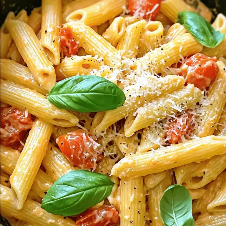 Für cremige Tomatennudeln brauchen Sie einige Hauptzutaten. Diese Zutaten geben Ihrem Gericht den tollen Geschmack. - 340g Pasta (Penne oder Fusilli) - 1 Dose (800g) gehackte Tomaten - 1 mittelgroße Zwiebel, fein gehackt - 3 Knoblauchzehen, gehackt - 240ml Gemüsebrühe - 240ml Sahne oder Kokosnusscreme Wählen Sie die Pasta, die Sie mögen. Penne oder Fusilli sind perfekt. Sie halten die Sauce gut. Für die Brühe nutzen Sie Gemüsebrühe. Diese Brühe gibt dem Gericht mehr Geschmack. Wenn Sie eine fleischige Note wollen, können Sie auch Hühnerbrühe verwenden. Um das Gericht noch besser zu machen, fügen Sie einige zusätzliche Zutaten hinzu: - 1 Teelöffel getrocknetes Basilikum - 1 Teelöffel getrockneter Oregano - 1/2 Teelöffel rote Pfefferflocken (optional, für etwas Schärfe) - 2 Esslöffel Olivenöl - Salz und Pfeffer nach Geschmack - Frische Basilikumblätter zum Garnieren - Geriebener Parmesan (optional, zum Servieren) Diese Zutaten machen Ihre cremigen Tomatennudeln besonders lecker. Sie können die Gewürze nach Ihrem Geschmack anpassen. Fühlen Sie sich frei, kreativ zu sein! Für das vollständige Rezept schauen Sie bitte in die [Full Recipe]. Erhitze zuerst das Olivenöl in einer großen Pfanne bei mittlerer Hitze. Füge die fein gehackte Zwiebel hinzu. Brate sie 3 bis 4 Minuten lang, bis sie weich und glasig ist. Dann kommt der gehackte Knoblauch dazu. Du kannst auch die roten Pfefferflocken hinzufügen, wenn du etwas Schärfe magst. Brate alles 1 bis 2 Minuten, bis es gut riecht. Gieße dann die gehackten Tomaten und die Gemüsebrühe in die Pfanne. Füge das getrocknete Basilikum, Oregano, Salz und Pfeffer hinzu. Rühre gut um. Lass die Mischung sanft köcheln. Jetzt ist die Pasta dran! Gib die trockene Pasta in die Pfanne mit der Sauce. Rühre um, sodass die Pasta gut mit der Sauce bedeckt ist. Decke die Pfanne ab und reduziere die Hitze auf niedrig. Koche die Pasta nach den Anweisungen auf der Verpackung. Rühre gelegentlich um, damit nichts anklebt. Das dauert normalerweise 10 bis 12 Minuten, bis die Pasta al dente ist. Wenn die Pasta fertig gekocht ist, gieße die Sahne oder Kokosnusscreme dazu. Rühre gut um, bis alles schön cremig ist. Lass es noch 2 bis 3 Minuten kochen, damit es heiß wird. Schmecke das Gericht ab und passe die Gewürze nach deinem Geschmack an. Serviere die Pasta heiß. Garniere sie mit frischen Basilikumblättern und optional mit geriebenem Parmesan. Das sieht nicht nur gut aus, sondern schmeckt auch fantastisch! Für das vollständige Rezept, schau dir die [Full Recipe] an. Um die Sauce perfekt cremig zu machen, achte auf die Menge der Sahne. Zu viel Flüssigkeit macht die Sauce dünn. Beginne mit 240 ml und teste die Konsistenz. Füge bei Bedarf mehr hinzu. Die Kombination aus gehackten Tomaten und Sahne sorgt für eine schöne Balance. Rühre die Sauce gut um, damit sie gleichmäßig cremig ist. Um die Kochzeit zu verkürzen, bereite alle Zutaten vorher vor. Hacke die Zwiebel und den Knoblauch, bevor du mit dem Kochen beginnst. Während die Pasta kocht, kannst du die Sauce zubereiten. So sparst du Zeit und hast alles bereit, wenn die Pasta fertig ist. Plane etwa 25 Minuten für das gesamte Gericht ein. Für dieses Rezept brauchst du nur wenige Utensilien. Eine große Pfanne ist ideal, um alles zu kochen. Ein Holzlöffel hilft beim Umrühren. Außerdem benötigst du ein scharfes Messer für das Gemüse und ein Schneidebrett. Diese einfachen Utensilien machen die Zubereitung schnell und leicht. Für weitere Tipps und eine ausführliche Schritt-für-Schritt-Anleitung, schau dir das Full Recipe an. {{image_4}} Wenn Sie auf der Suche nach einer vegetarischen oder veganen Option sind, machen Sie einfach einige Anpassungen. Statt Sahne verwenden Sie Kokosnusscreme oder pflanzliche Sahne. Diese cremigen Alternativen bringen den gleichen tollen Geschmack. Fügen Sie zusätzlich frisches Gemüse wie Spinat oder Zucchini hinzu. Diese Zutaten sorgen für Farbe und Nährstoffe. Sie können auch Hefeflocken für einen käsigen Geschmack hinzufügen. So bleibt das Gericht lecker und dennoch pflanzenbasiert. Möchten Sie mehr Protein in Ihr Gericht bringen? Fügen Sie einfach Hühnchen oder Tofu hinzu. Wenn Sie Hühnchen verwenden, schneiden Sie es in kleine Stücke und braten Sie es zuerst in der Pfanne an. Das gibt dem Gericht eine herzliche Note. Für die vegane Option können Sie Tofu verwenden. Schneiden Sie den Tofu in Würfel und braten Sie ihn leicht an. Dann geben Sie ihn zusammen mit der Pasta in die Pfanne. So wird Ihr Gericht noch nahrhafter und sättigender. Seien Sie kreativ mit Gewürzen und Kräutern! Basilikum und Oregano sind klasse, aber versuchen Sie auch andere. Rosmarin oder Thymian passen gut zu Tomatensauce. Mögen Sie es scharf? Fügen Sie mehr rote Pfefferflocken hinzu. Eine Prise Zimt kann die Süße der Tomaten hervorheben. Experimentieren macht Spaß und bringt neue Geschmäcker in Ihr Gericht. Probieren Sie verschiedene Kombinationen aus und finden Sie Ihre Lieblingsmischung! Um cremige Tomatennudeln frisch zu halten, fülle sie in einen luftdichten Behälter. Achte darauf, dass die Pasta gut abgekühlt ist, bevor du sie verpackst. So vermeidest du, dass sich Feuchtigkeit bildet. Die Nudeln halten sich im Kühlschrank bis zu drei Tage. Wenn du die Nudeln länger aufbewahren möchtest, kannst du sie einfrieren. Teile die Portionen in geeignete Behälter oder Gefrierbeutel auf. Vergiss nicht, das Datum aufzuschreiben. So weißt du, wie lange sie im Gefrierfach sind. Zum Wiedererwärmen, tau die Nudeln über Nacht im Kühlschrank auf. Dann erhitze sie in einer Pfanne bei mittlerer Hitze. Füge etwas Wasser oder Brühe hinzu, um die Sauce cremig zu halten. Die Haltbarkeit von cremigen Tomatennudeln im Kühlschrank beträgt etwa drei Tage. Wenn du sie einfrierst, sind sie bis zu drei Monate haltbar. Achte darauf, die Nudeln vor dem Verzehr gut durchzuerhitzen. Dies stellt sicher, dass sie sicher und lecker sind. Die Zubereitung von cremigen Tomatennudeln dauert insgesamt etwa 25 Minuten. Die Vorbereitungszeit beträgt etwa 10 Minuten. Das Kochen der Pasta in der Sauce dauert etwa 10 bis 12 Minuten. Diese schnelle Zeit ist perfekt für ein schnelles Abendessen nach einem langen Tag. Ja, du kannst frische Tomaten verwenden. Du musst ungefähr 1,5 kg frische Tomaten schälen und hacken. Du solltest auch etwas mehr Brühe hinzufügen, damit die Sauce gut wird. Frische Tomaten bringen einen tollen Geschmack, aber die Zubereitungszeit kann länger sein, da du die Tomaten zuerst zubereiten musst. Ja, du kannst diese Pasta glutenfrei machen. Verwende einfach glutenfreie Nudeln. Viele Marken bieten glutenfreie Optionen an, die gut funktionieren. Achte darauf, die Kochzeit auf der Verpackung zu beachten, da sie sich von normalen Nudeln unterscheiden kann. So kannst du das Gericht genießen, ohne Gluten zu verwenden. Cremige Tomatennudeln sind einfach und lecker. Zuerst haben wir die Hauptzutaten besprochen. Dann hat die Schritt-für-Schritt-Anleitung gezeigt, wie man die Sauce zubereitet und die Pasta kocht. Die Tipps und Tricks helfen dir, die perfekte Konsistenz zu erreichen und Zeit zu sparen. Du kannst auch Variationen ausprobieren, um neue Geschmäcker zu finden. Achte auf die Lagerhinweise, um deine Nudeln frisch zu halten. Mit diesen Tipps kannst du das Gericht genießen und Freunde beeindrucken. Viel Spaß beim Kochen!