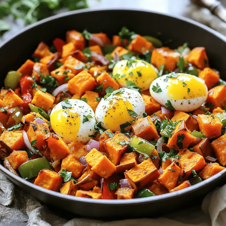 Für einen schmackhaften Süßkartoffel-Hash brauchst du: - 3 mittlere Süßkartoffeln, gewürfelt - 1 rote Paprika, gehackt - 1 grüne Paprika, gehackt - 1 kleine rote Zwiebel, gewürfelt - 2 Knoblauchzehen, fein gehackt Diese Zutaten bringen dir die süßen und herzhaften Aromen, die du liebst. Die richtigen Gewürze machen den Unterschied. Du solltest verwenden: - 1 Teelöffel geräucherter Paprika - 1/2 Teelöffel gemahlener Kreuzkümmel - 1/2 Teelöffel Chili-Pulver - Salz und Pfeffer nach Geschmack Diese Gewürze geben dem Gericht Tiefe und Wärme. Du kannst den Hash noch besser machen mit: - 4 Eiern (optional, zum Servieren) - Frischer Petersilie oder Koriander zur Garnitur Die Eier fügen Protein hinzu und machen das Gericht noch herzhafter. Frische Kräuter bringen Farbe und Geschmack. Wenn du mehr Details haben möchtest, schau dir das [Full Recipe] an. Beginne, indem du die Süßkartoffeln wäscht und schälst. Schneide sie in kleine Würfel. Diese Würfel sind wichtig, damit sie gleichmäßig garen. Erhitze dann das Olivenöl in einer großen Pfanne bei mittlerer Hitze. Gib die gewürfelten Süßkartoffeln in die Pfanne. Würze sie mit Salz, Pfeffer, geräuchertem Paprika, Kreuzkümmel und Chili-Pulver. Rühre alles gut um. Decke die Pfanne ab und lasse die Süßkartoffeln 10 Minuten garen. Rühre zwischendurch um, damit sie nicht anbrennen. Wenn die Süßkartoffeln weich sind, füge die gehackte rote und grüne Paprika sowie die gewürfelte rote Zwiebel hinzu. Koche die Mischung ohne Deckel für 10 bis 15 Minuten. Rühre regelmäßig um, bis das Gemüse zart und leicht karamellisiert ist. Jetzt ist der Moment, um den fein gehackten Knoblauch hinzuzufügen. Koche alles für weitere 2 Minuten, bis der Knoblauch aromatisch ist. Falls du Eier magst, forme kleine Vertiefungen im Hash. Schlage jeweils ein Ei in jede Vertiefung. Decke die Pfanne ab und koche sie etwa 5 Minuten lang, bis die Eiweiße fest sind und die Eigelbe noch flüssig sind. Du kannst die Garzeit anpassen, um die Eier nach deinem Geschmack zu machen. Nimm die Pfanne dann vom Herd und garniere das Gericht mit frischer Petersilie oder Koriander. Das bringt Farbe und Geschmack in dein Gericht. Um die perfekte Konsistenz für deinen Süßkartoffel-Hash zu erzielen, achte darauf, die Süßkartoffeln gleichmäßig zu schneiden. Würfel sie in etwa gleich große Stücke, damit sie gleichmäßig garen. Beginne mit dem Kochen bei mittlerer Hitze und decke die Pfanne ab. Dadurch bleiben die Kartoffeln saftig und weich. Rühre die Mischung regelmäßig um, damit nichts anbrennt. Experimentiere mit verschiedenen Gemüsesorten und Gewürzen. Füge Zucchini, Spinat oder Pilze hinzu, um den Geschmack zu verändern. Du kannst auch frische Kräuter wie Thymian oder Oregano verwenden. Wenn du es schärfer magst, probiere frische Jalapeños oder Cayennepfeffer. Diese Variationen machen das Gericht aufregend und neu bei jedem Kochen. Serviere den Hash in tiefen Schalen und garniere ihn mit frischer Petersilie oder Koriander. Ein paar Avocadoscheiben passen hervorragend dazu und bringen eine cremige Textur. Du kannst auch einen Esslöffel Sauerrahm oder griechischen Joghurt darüber geben. Die Kombination aus den warmen Aromen und den frischen Toppings macht jedes Essen besonders und einladend. {{image_4}} Du kannst diesen herzhaften Süßkartoffel-Hash leicht vegan machen. Lass einfach die Eier weg. Der Hash bleibt lecker und nahrhaft. Stattdessen füge mehr Gemüse hinzu. Zum Beispiel kannst du Spinat oder Zucchini verwenden. Diese geben dem Gericht zusätzlichen Geschmack und Farbe. Das Schöne an diesem Hash ist, dass er von Natur aus glutenfrei ist. Achte darauf, dass alle Gewürze und Zutaten glutenfrei sind. So kannst du sicher sein, dass dein Gericht für alle geeignet ist. Du kannst auch Quinoa oder Reis als Beilage verwenden. Diese Optionen passen gut zu dem Hash. Nutze das, was die Saison bietet! Im Frühling sind Spargel und Erbsen großartig. Im Sommer kannst du Zucchini und Tomaten hinzufügen. Im Herbst passen Kürbis und Rosenkohl wunderbar. Im Winter sind Wurzelgemüse wie Karotten und Rüben perfekt. Diese Alternativen bringen Vielfalt und frische Aromen in deinen Hash. Für mehr Details über die Zubereitung, schau dir das vollständige Rezept für den herzhaften Süßkartoffel-Hash an. Du kannst den herzhafter Süßkartoffel-Hash einfach im Kühlschrank aufbewahren. Fülle ihn in einen luftdichten Behälter. So bleibt er frisch. Der Hash hält sich etwa 3 bis 5 Tage. Achte darauf, ihn gut abzukühlen, bevor du ihn in den Kühlschrank stellst. Wenn du mehr Zeit sparen möchtest, friere den Hash ein. Verwende einen gefrierfesten Behälter oder Beutel. So bleibt der Geschmack erhalten. Der Hash kann bis zu 3 Monate im Gefrierfach bleiben. Lass ihn vor dem Einfrieren vollständig abkühlen. Um den Hash wieder aufzuwärmen, gibt es verschiedene Methoden. Du kannst ihn in der Mikrowelle aufwärmen. Stelle die Temperatur auf mittel und erhitze ihn in Intervallen von 1 Minute. Alternativ kannst du ihn in einer Pfanne bei mittlerer Hitze aufwärmen. Füge etwas Öl hinzu, um den Geschmack zu verbessern. Rühre regelmäßig um, bis er gleichmäßig heiß ist. So bleibt der Hash lecker und appetitlich. Der Süßkartoffel-Hash bleibt im Kühlschrank etwa 3 bis 5 Tage frisch. Bewahre ihn in einem luftdichten Behälter auf. So bleibt der Geschmack und die Textur gut erhalten. Wenn du den Hash länger aufbewahren möchtest, friere ihn ein. Dann hält er bis zu 3 Monate. Achte darauf, ihn in Portionen einzufrieren. So kannst du ihn leichter aufwärmen. Ja, du kannst viele verschiedene Gemüsearten verwenden. Zucchini, Spinat oder Karotten passen gut. Je nach Saison kannst du frisches Gemüse hinzufügen. Das bringt neue Aromen in den Hash. Denk an das, was du magst oder was du zu Hause hast. Experimentiere mit den Farben und Texturen. Das macht das Gericht noch interessanter. Um den Hash zu verbessern, füge frische Kräuter hinzu. Petersilie, Koriander oder Schnittlauch geben einen tollen Geschmack. Du kannst auch Käse darüber streuen. Feta oder Cheddar sind gute Optionen. Für etwas Schärfe, probiere frische Chili oder scharfe Soße. Das sorgt für mehr Tiefe im Geschmack. Und nicht vergessen, die Präsentation zählt! Serviere den Hash schön angerichtet mit frischen Kräutern. Für das vollständige Rezept schaue in den Abschnitt oben. Der herzhafte Süßkartoffel-Hash ist ein vielseitiges und nahrhaftes Gericht. Wir haben die wichtigsten Zutaten, die Zubereitung und praktische Tipps behandelt. Zuletzt besprachen wir Variationen und Aufbewahrungsmethoden. Experimentiere mit neuen Zutaten und genieße den Hash auf deine Art. Diese einfache Methode bringt Farbe und Geschmack auf deinen Tisch. Bleibe kreativ und entdecke, was dir am besten schmeckt!