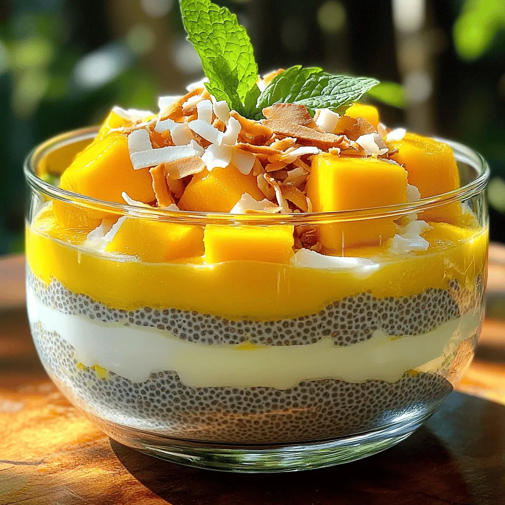 Für den Mango Kokos-Chia-Pudding brauchst du: - 1 Tasse Kokosmilch - 1/2 Tasse Mandelmilch - 1/4 Tasse Chiasamen - 2 Esslöffel Ahornsirup - 1 reife Mango - 1 Teelöffel Vanilleextrakt - Eine Prise Salz Diese Zutaten sind einfach zu finden. Kokosmilch gibt einen reichen, cremigen Geschmack. Chiasamen sind kleine Kraftpakete. Sie geben dem Pudding seine besondere Textur. Wenn du keine Mandelmilch magst, gibt es viele Alternativen. Du kannst auch Hafermilch oder Sojamilch verwenden. Diese bieten einen ähnlichen Geschmack und eine gute Konsistenz. Die Wahl der Milch beeinflusst den Geschmack des Puddings. Probiere es aus! Um den Pudding zu verfeinern, füge Toppings hinzu. Hier sind einige Ideen: - Geröstete Kokosraspel - Frische Minzblätter - Früchte wie Beeren oder Kiwi - Eine Prise Zimt Toppings bringen Farbe und zusätzliche Aromen. Du kannst kreativ sein und deine Lieblingstoppings verwenden. Jeder Bissen wird so noch besser! Um den Mango Kokos-Chia-Pudding zu machen, fangen wir mit der Mischung an. Nehmen Sie eine große Schüssel und geben Sie die Kokosmilch, die Mandelmilch, den Ahornsirup, das Vanilleextrakt, die Chiasamen und das Salz hinein. Rühren Sie alles gut um. Es ist wichtig, die Chiasamen gleichmäßig zu verteilen. So können sie später die Flüssigkeit gut aufnehmen und eine tolle Konsistenz entwickeln. Sobald die Mischung gut vermischt ist, decken Sie die Schüssel ab. Stellen Sie die Schüssel für mindestens vier Stunden oder über Nacht in den Kühlschrank. Diese Zeit ist entscheidend. Die Chiasamen werden die Flüssigkeit aufnehmen und eine puddingartige Textur bilden. Wenn Sie möchten, rühren Sie die Mischung einmal während der Kühlzeit um. So stellen Sie sicher, dass alles gleichmäßig bleibt. Nach der Kühlzeit nehmen Sie die Schüssel aus dem Kühlschrank. Rühren Sie den Pudding erneut gut durch, um eine glatte Textur zu erreichen. Jetzt kommt der Spaß! Beginnen Sie mit einer Schicht des Chia-Puddings in ein Glas. Fügen Sie dann eine Schicht von den gewürfelten Mangos hinzu. Wiederholen Sie dies, bis die Zutaten aufgebraucht sind. Zum Schluss garnieren Sie den Pudding mit gerösteten Kokosraspeln und frischen Minzblättern. So wird Ihr Snack nicht nur lecker, sondern auch schön anzusehen! Ein häufiger Fehler ist, die Chiasamen nicht lange genug einweichen zu lassen. Wenn du die Mischung nicht über Nacht kühlst, wird der Pudding nicht fest. Zu wenig Flüssigkeit führt dazu, dass die Chiasamen nicht richtig quellen. Achte darauf, die genauen Mengen zu verwenden, um ein gutes Ergebnis zu erzielen. Um die perfekte Konsistenz zu erreichen, rühre die Mischung gründlich um, bevor du sie kühlst. Die Chiasamen sollten gleichmäßig verteilt sein. Wenn du einen glatteren Pudding magst, püriere die Mischung vor dem Kühlen kurz. Das sorgt für eine feine Textur. Denke daran, nach der Kühlzeit gut umzurühren, um Klumpen zu vermeiden. Serviere den Pudding in klaren Gläsern. So kannst du die schönen Schichten gut sehen. Beginne mit einer Schicht Chia-Pudding, gefolgt von einer Schicht Mango. Wiederhole dies, bis alle Zutaten aufgebraucht sind. Garniere das Dessert mit gerösteten Kokosraspeln und frischen Minzblättern. Diese geben nicht nur Geschmack, sondern auch eine tolle Optik. Für die vollständige Anleitung, sieh dir das Full Recipe an. {{image_4}} Für eine vegane Version von Mango Kokos-Chia-Pudding nutzen Sie pflanzliche Milch. Kokosmilch und Mandelmilch sind ideal. Sie geben dem Pudding einen cremigen Geschmack. Statt Honig verwenden Sie Ahornsirup oder Agavendicksaft. Diese Süßungsmittel sind pflanzlich und lecker. Dieser Pudding ist von Natur aus glutenfrei. Achten Sie jedoch darauf, dass die verwendeten Zutaten auch glutenfrei sind. Überprüfen Sie die Milch und die Chiasamen. So stellen Sie sicher, dass alles sicher ist. Fügen Sie andere Früchte hinzu, um neue Geschmäcker zu entdecken. Beeren wie Himbeeren oder Heidelbeeren passen gut. Auch eine Banane kann eine süße Note bringen. Gewürze wie Zimt oder Muskatnuss geben dem Pudding mehr Tiefe. Kombinieren Sie Mango mit Ananas für einen tropischen Twist. Ich habe viele dieser Variationen ausprobiert und sie sind alle köstlich. Sehen Sie sich das gesamte Rezept für Mango Kokos-Chia-Pudding an, um die Basis zu lernen, und experimentieren Sie mit Ihren Lieblingszutaten! Lagern Sie den Mango Kokos-Chia-Pudding im Kühlschrank. Stellen Sie sicher, dass er in einem luftdichten Behälter ist. So bleibt der Pudding frisch und lecker. Vermeiden Sie es, ihn bei Raumtemperatur stehen zu lassen. Wärme kann die Qualität beeinträchtigen. Im Kühlschrank hält sich der Pudding bis zu fünf Tage. Überprüfen Sie ihn jedoch regelmäßig. Wenn er unangenehm riecht oder die Textur sich ändert, werfen Sie ihn weg. Frische Zutaten sind wichtig für den Geschmack und die Gesundheit. Für eine längere Lagerung können Sie den Pudding auch einfrieren. Füllen Sie ihn in gefrierfreundliche Behälter. So bleibt er bis zu drei Monate haltbar. Denken Sie daran, ihn langsam im Kühlschrank aufzutauen, bevor Sie ihn genießen. Dies bewahrt die Textur und den Geschmack. Du kannst den Chia-Pudding bis zu fünf Tage im Kühlschrank aufbewahren. Achte darauf, ihn in einem luftdichten Behälter zu lagern. So bleibt er frisch und lecker. Die Chiasamen halten ihre Textur, und der Geschmack bleibt erhalten. Wenn du nach ein paar Tagen einen leichten Wasserverlust bemerkst, rühre einfach gut um. Das macht den Pudding wieder cremig. Ja, du kannst viele andere Früchte verwenden! Beeren, Kiwi oder Ananas passen gut. Achte darauf, die Früchte in kleine Stücke zu schneiden. So mischen sie sich gut mit dem Pudding. Du kannst auch saisonale Früchte probieren, um neue Geschmäcker zu entdecken. Denke daran, dass der Saft der Früchte die Farbe und den Geschmack deines Puddings verändert. Das macht es spannend und abwechslungsreich. Ja, Mango Kokos-Chia-Pudding ist sehr gesund! Chiasamen sind reich an Ballaststoffen und Omega-3-Fettsäuren. Sie unterstützen die Verdauung und geben dir Energie. Kokosmilch bringt gesunde Fette und einen tollen Geschmack. Mango liefert viele Vitamine, besonders Vitamin C. Diese Kombination macht deinen Snack nicht nur lecker, sondern auch nahrhaft. Du kannst ihn als Frühstück oder Snack genießen. Für das [Full Recipe] schau einfach nach! Der Mango Kokos-Chia-Pudding ist einfach zuzubereiten und lecker. Wir haben die Hauptzutaten, die besten Milchalternativen und tolle Topping-Ideen betrachtet. Die Schritt-für-Schritt-Anleitung macht es leicht, den Pudding zuzubereiten und die optimale Konsistenz zu erreichen. Es ist wichtig, häufige Fehler zu vermeiden und die richtigen Lagerbedingungen zu beachten. Denk auch an die Variationen für jeden Geschmack. Mit diesen Tipps kannst du sicher sein, dass dein Pudding toll schmeckt. Viel Spaß beim Ausprobieren!