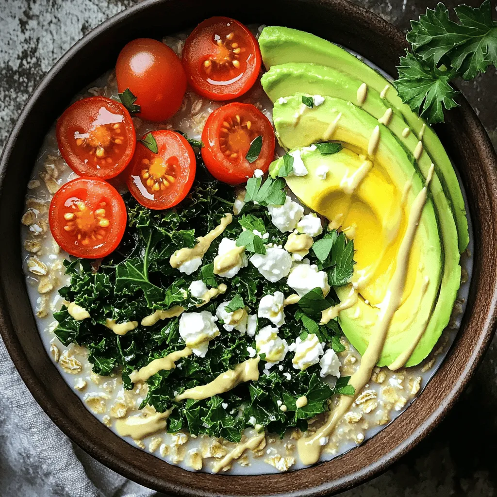 Für eine herzhafte Haferbrei-Bowl brauchst du frische und gesunde Zutaten. Hier sind die wichtigsten: - 1 Tasse zarte Haferflocken - 2 Tassen Gemüsebrühe oder Wasser - 1 Tasse Grünkohl, grob gehackt - 1/2 Tasse Cherrytomaten, halbiert - 1/4 Tasse Feta-Käse, zerbröselt - 1 Avocado, in Scheiben geschnitten - 2 Esslöffel Tahini - 1 Esslöffel Olivenöl - 1 Teelöffel Knoblauchpulver - Salz und Pfeffer nach Geschmack - Frische Kräuter (wie Petersilie oder Koriander) zur Garnitur Die Haferflocken sind die Basis und geben dir eine gute Portion Energie. Grünkohl bringt viele Nährstoffe mit. Die Cherrytomaten und die Avocado fügen frische Aromen hinzu. Feta-Käse sorgt für einen tollen Geschmack. Die Gewürze und Öle sind sehr wichtig für den Geschmack. Hier sind die besten: - Olivenöl: Es macht das Gericht reichhaltiger und schmackhafter. - Knoblauchpulver: Es gibt einen starken Geschmack und passt gut zu den anderen Zutaten. - Salz und Pfeffer: Diese geben den letzten Schliff. Du kannst sie nach deinem Geschmack anpassen. Mit diesen Gewürzen wird deine Bowl lebendig und köstlich. Frische Zutaten machen einen großen Unterschied. Hier sind meine Tipps: - Suche nach leuchtenden Farben, besonders bei Gemüse. Das zeigt Frische. - Achte darauf, dass der Grünkohl knackig ist. Er sollte nicht welk oder vergilbt sein. - Wähle reife Avocados, die leicht nachgeben, wenn du sie drückst. So sind sie perfekt zum Essen. - Kaufe Feta-Käse, der in einer Lake eingelegt ist. So bleibt er frisch und cremig. Wenn du frische Zutaten wählst, wird deine herzhafte Haferbrei-Bowl noch besser. Probiere es aus! Du findest das vollständige Rezept in der [Full Recipe]. Um die Haferflocken perfekt zuzubereiten, beginne mit einer Tasse zarter Haferflocken. Verwende zwei Tassen Gemüsebrühe oder Wasser. Bring die Brühe in einem mittelgroßen Topf zum Kochen. Dieser Schritt ist wichtig, um die Haferflocken gleichmäßig zu garen. Rühre die Haferflocken ein, wenn die Brühe kocht. Reduziere die Hitze auf niedrig und koche sie für etwa 5-7 Minuten. Rühre gelegentlich um, bis die Mischung cremig ist. Während die Haferflocken garen, erhitze einen Esslöffel Olivenöl in einer Pfanne bei mittlerer Hitze. Füge eine Tasse grob gehackten Grünkohl hinzu. Sautiere den Grünkohl für 3-4 Minuten. Achte darauf, dass er zusammenfällt und weich wird. Würze den Grünkohl mit Salz, Pfeffer und einem Teelöffel Knoblauchpulver. Diese Gewürze bringen den Geschmack hervor und machen das Gericht noch schmackhafter. Sobald die Haferflocken fertig sind, verteile sie gleichmäßig in zwei Schalen. Belege jede Schale mit dem sautierten Grünkohl. Füge dann die halbierten Cherrytomaten und 1/4 Tasse zerbröselten Feta-Käse hinzu. Die Avocado-Scheiben kommen als nächstes. Diese sorgen für eine cremige Textur. Träufle zwei Esslöffel Tahini über die Schalen. Zum Schluss garnierst du mit frischen Kräutern. Diese verleihen dem Gericht Farbe und Aroma. Für das vollständige Rezept, schau dir den Abschnitt "Zutaten" an. Ein häufiger Fehler ist, die Haferflocken zu lange zu kochen. Das macht sie matschig. Achte darauf, dass du die Hitze rechtzeitig reduzierst. Ein weiterer Fehler ist, zu wenig Flüssigkeit zu verwenden. Haferflocken brauchen genug Flüssigkeit, um cremig zu werden. Verwende immer die richtige Menge Gemüsebrühe oder Wasser. Um die perfekte Konsistenz zu bekommen, achte auf das Verhältnis von Haferflocken und Flüssigkeit. Für eine cremige Bowl verwende 1 Tasse Haferflocken auf 2 Tassen Flüssigkeit. Rühre die Haferflocken regelmäßig um, während sie kochen. So verhindern wir Klumpen und sie werden gleichmäßig weich. Wenn du einen dickeren Brei magst, koche die Mischung einfach etwas länger. Die herzhafte Haferbrei-Bowl ist perfekt für Meal Prepping. Du kannst die Haferflocken im Voraus kochen und in Portionen aufteilen. So hast du immer ein schnelles, gesundes Gericht zur Hand. Lagere die Schalen im Kühlschrank. Sie bleiben bis zu drei Tage frisch. Zum Aufwärmen einfach in der Mikrowelle oder auf dem Herd erhitzen. Du kannst auch frische Toppings hinzufügen, um den Geschmack zu variieren. Für das vollständige Rezept schaue hier nach: [Full Recipe]. {{image_4}} Du kannst deine herzhafte Haferbrei-Bowl ganz leicht aufpeppen. Hier sind einige tolle Ideen: - Röstgemüse: Karotten, Paprika oder Zucchini schmecken lecker. - Nüsse: Walnüsse oder Mandeln geben einen knackigen Biss. - Spiegelei: Ein Spiegelei oben drauf sorgt für extra Protein. - Pikante Salsa: Eine scharfe Salsa bringt Schwung in dein Gericht. Experimentiere mit diesen Toppings und finde deine Lieblingskombination. Die Haferbrei-Bowl ist super anpassbar. Du kannst sie leicht vegetarisch oder vegan machen: - Käse: Lass den Feta weg oder verwende veganen Käse. - Tahini: Dieses Sesam-Dressing ist pflanzlich und gibt tollen Geschmack. - Gemüse: Nutze mehr Gemüse wie Brokkoli oder Spinat für mehr Nährstoffe. So kannst du die Bowl nach deinem Bedarf gestalten und trotzdem gut essen. Wenn du mit verschiedenen Geschmäckern spielst, mach deine Bowl noch besser. Hier sind einige Vorschläge: - Süß: Füge etwas Honig oder frisches Obst hinzu. - Würzig: Verwende Chili-Flocken oder scharfe Soße für mehr Schärfe. - Kräuter: Frische Kräuter wie Basilikum oder Schnittlauch bringen Aroma. Jeder kann seine perfekte Bowl kreieren. Lass deiner Kreativität freien Lauf! Für das vollständige Rezept schau dir die Full Recipe an. Um die Frische deiner herzhaften Haferbrei-Bowl zu bewahren, lagere sie in einem luftdichten Behälter. Dies hilft, Feuchtigkeit und Gerüche fernzuhalten. Es ist wichtig, die Bowl auskühlen zu lassen, bevor du sie ins Kühlschrank stellst. So bleibt die Textur der Haferflocken optimal. Die Haferbrei-Bowl hält sich im Kühlschrank etwa 3 bis 5 Tage. Achte darauf, sie gut abzudecken. Nach ein paar Tagen kann die Bowl etwas trockener werden. Du kannst dann einfach etwas Brühe oder Wasser hinzufügen, um sie wieder cremig zu machen. Um die Bowl aufzuwärmen, kannst du sie in der Mikrowelle oder auf dem Herd erhitzen. In der Mikrowelle dauert es nur 1-2 Minuten. Rühre zwischendurch um, damit alles gleichmäßig warm wird. Auf dem Herd kannst du die Bowl in einem kleinen Topf bei niedriger Hitze erwärmen. Füge etwas Brühe hinzu, wenn nötig. So bleibt die Konsistenz angenehm. Wenn du mehr Ideen zur Zubereitung haben möchtest, schau dir das [Full Recipe] an. Ja, du kannst andere Getreidearten verwenden. Quinoa, Buchweizen oder sogar Reis passen gut. Diese Alternativen bieten verschiedene Geschmäcker und Texturen. Probiere sie aus, um deinen Haferbrei einzigartig zu machen. Achte darauf, die Kochzeiten anzupassen. Quinoa braucht etwa 15 Minuten, während Buchweizen schneller gart. Um die Bowl gesünder zu machen, füge mehr Gemüse hinzu. Paprika, Zucchini oder Spinat sind großartige Optionen. Du kannst auch Nüsse oder Samen für gesunde Fette und Proteine hinzufügen. Chia- oder Leinsamen geben eine extra Portion Ballaststoffe. Verwende weniger Salz und mehr frische Kräuter, um den Geschmack zu verbessern. Ja, dieser Haferbrei ist perfekt für das Frühstück. Er gibt dir die notwendige Energie für den Tag. Die Kombination aus Hafer und Gemüse ist nahrhaft und sättigend. Du kannst ihn auch im Voraus zubereiten. So hast du ein schnelles Frühstück bereit, wenn du es eilig hast. Probiere das Rezept für deine nächste Frühstücksoption. [Full Recipe] In diesem Artikel haben wir die Zutaten für die herzhafte Haferbrei-Bowl besprochen. Wir haben die Hauptzutaten, Gewürze und Tipps zur Auswahl frischer Zutaten behandelt. Die Schritt-für-Schritt-Anleitung hilft dir, perfekte Haferflocken zuzubereiten und die Bowl richtig anzurichten. Auch nützliche Tipps zur Vermeidung von Fehlern und zur Konsistenzverbesserung sind enthalten. Variationen ermöglichen es dir, deiner Kreativität freien Lauf zu lassen. Achte auf die richtige Lagerung und Haltbarkeit, um deinen Haferbrei frisch zu halten. Mit diesen Kenntnissen machst du jede Bowl lecker und gesund.