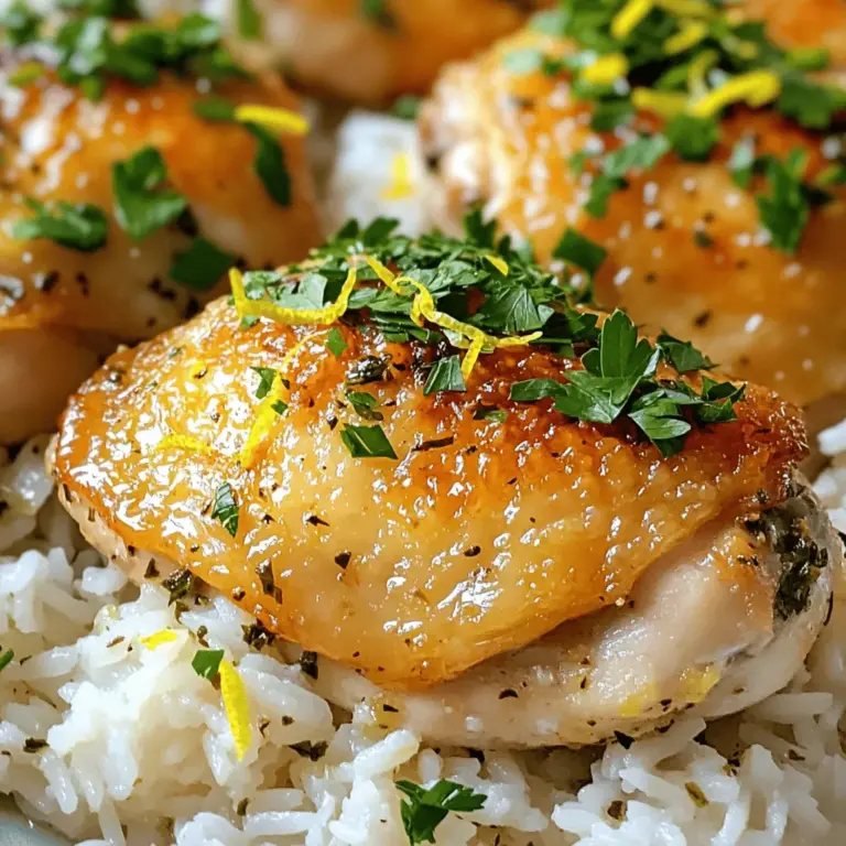 - 4 Hähnchenschenkel (ohne Knochen und Haut) - 1 Tasse Basmati-Reis - 2 Tassen Hühnerbrühe Die Hauptzutaten sind wichtig für den Geschmack. Hähnchenschenkel sind saftig und aromatisch. Basmati-Reis hat einen feinen Duft und passt gut dazu. Hühnerbrühe sorgt für mehr Tiefe im Gericht. - 1 Zitrone (abgerieben und ausgepresst) - 3 Knoblauchzehen, fein gehackt - 1 Teelöffel getrockneter Oregano - 1 Teelöffel getrockneter Thymian Die aromatischen Zutaten bringen Frische. Die Zitrone verleiht dem Gericht einen spritzigen Geschmack. Knoblauch macht es würzig. Oregano und Thymian fügen Kräuternoten hinzu. Diese Mischung macht das Essen besonders lecker. - 2 Esslöffel Olivenöl - Salz und Pfeffer nach Geschmack - Frische Petersilie, gehackt (zum Garnieren) Olivenöl gibt dem Gericht eine schöne Textur. Salz und Pfeffer sind Grundgewürze, die den Geschmack heben. Frische Petersilie ist perfekt zum Garnieren. Sie bringt Farbe und Frische auf den Teller. Für das gesamte Rezept können Sie die Zutaten im [Full Recipe] finden. - Marinade vorbereiten: Mische Olivenöl, Zitronensaft, Zitronenschale, gehackten Knoblauch, Oregano, Thymian, Salz und Pfeffer in einer Schüssel. - Hähnchen hinzufügen und ziehen lassen: Lege die Hähnchenschenkel in die Marinade. Bedecke sie gut und lass sie mindestens 30 Minuten im Kühlschrank ziehen. - Erhitzen der Pfanne: Stelle eine große Pfanne bei mittlerer Hitze auf. - Hähnchen braten und beiseitelegen: Gib die marinierten Hähnchenschenkel in die Pfanne. Brate sie 5-7 Minuten pro Seite, bis sie goldbraun sind. Nimm sie dann aus der Pfanne und lege sie beiseite. - Reis rösten: Füge den Basmati-Reis in die gleiche Pfanne. Röste ihn 1-2 Minuten, damit er den Geschmack aufnimmt. - Kochflüssigkeit hinzufügen und köcheln: Gieße die Hühnerbrühe in die Pfanne. Bringe sie zum Kochen und reduziere dann die Hitze. Decke die Pfanne ab und lasse den Reis 15 Minuten köcheln. - Anrichten in der Pfanne: Lege die angebratenen Hähnchenschenkel auf den gekochten Reis. - Aromen vermischen lassen: Decke die Pfanne wieder ab und lasse alles 5 Minuten ruhen, damit die Aromen sich verbinden. - Mit Petersilie garnieren: Streue frisch gehackte Petersilie über das Gericht, um Farbe und Frische hinzuzufügen. - Portionierung und Präsentation: Teile das Gericht auf Teller auf und serviere es warm. Für das vollständige Rezept schau dir die [Full Recipe] an. Ideale Marinierzeiten Um das Hähnchen richtig zu marinieren, sollten Sie es mindestens 30 Minuten einlegen. Für mehr Geschmack empfehle ich, das Hähnchen sogar über Nacht im Kühlschrank zu lassen. So ziehen die Aromen tiefer ein. Einweichen für mehr Geschmack Wenn Sie mehr Geschmack suchen, probieren Sie eine längere Marinierzeit. Ein gutes Marinieren macht den Unterschied. Es sorgt für saftiges Hähnchen mit viel Aroma. Pfannentechniken Erhitzen Sie die Pfanne gut, bevor Sie das Hähnchen hineingeben. Eine heiße Pfanne hilft, die Haut knusprig zu machen. Achten Sie darauf, das Hähnchen nicht zu überladen. So brät es besser und gleichmäßiger. Hitzeanpassungen Beginnen Sie bei mittlerer Hitze. Nach ein paar Minuten können Sie die Hitze leicht reduzieren. So wird das Hähnchen gleichmäßig durchgegart, ohne trocken zu werden. Ideen für ansprechende Präsentation Servieren Sie das Hähnchen auf dem Reis. Das sieht toll aus! Fügen Sie frische Kräuter wie Petersilie hinzu. So wird das Gericht lebendig und einladend. Weitere Kräuter und Gewürze Neben Petersilie können Sie auch frischen Thymian oder Basilikum verwenden. Diese Kräuter bringen neue Geschmäcker. Experimentieren Sie mit Gewürzen, um jedem Biss eine Überraschung zu geben. {{image_4}} Zusätzliche Gemüsesorten machen das Gericht bunter und nahrhafter. Du kannst zum Beispiel Paprika, Zucchini oder grüne Bohnen hinzufügen. Diese Gemüsesorten bringen frische Aromen und tolle Farben auf den Teller. Wenn du gesunde Optionen suchst, verwende Brokkoli oder Spinat. Diese Gemüsesorten sind reich an Vitaminen und fördern die Gesundheit. Sie passen gut zu Zitronen-Kräuter-Hähnchen. Du kannst auch andere Reissorten verwenden. Vollkornreis ist eine großartige Wahl für mehr Ballaststoffe. Jasminreis sorgt für einen duftenden Geschmack. Wenn du eine glutenfreie Option möchtest, probiere Quinoa oder Couscous. Quinoa hat einen nussigen Geschmack und ist sehr nahrhaft. Couscous kocht schnell und ist einfach zuzubereiten. Um asiatische Varianten zu erstellen, verwende Sojasauce und Ingwer. Diese Zutaten geben dem Gericht einen neuen Twist. Für mediterrane Geschmäcker kannst du Feta-Käse und Oliven hinzufügen. Diese Zutaten bringen einen salzigen und herzhaften Geschmack. Experimentiere auch mit verschiedenen Gewürzen. Paprika, Kreuzkümmel oder sogar Curry können den Geschmack verändern. So entsteht immer wieder eine neue Version des Gerichts. Für mehr Details und eine vollständige Anleitung, siehe das [Full Recipe]. Bewahren Sie die Reste im Kühlschrank auf. Verwenden Sie einen luftdichten Behälter. So bleibt das Gericht frisch. Es bleibt bis zu 3 Tage genießbar. Achten Sie darauf, das Hähnchen gut zu kühlen. Sie können das Gericht auch einfrieren. Teilen Sie es in Portionen auf. Verwenden Sie gefriergeeignete Behälter oder Beutel. Das Gericht bleibt bis zu 3 Monate im Gefrierfach haltbar. Zum Auftauen legen Sie es einfach in den Kühlschrank. Erhitzen Sie es dann in einer Pfanne oder Mikrowelle. Haben Sie Reste? Machen Sie daraus neue Gerichte! Nutzen Sie den Reis für einen Salat. Mischen Sie das Hähnchen in eine Suppe. Sie können auch ein Wrap mit frischem Gemüse machen. Lassen Sie Ihrer Kreativität freien Lauf! Ich empfehle, das Hähnchen mindestens 30 Minuten zu marinieren. So nimmt es die Aromen besser auf. Wenn du mehr Zeit hast, mariniere es bis zu 2 Stunden. Das macht das Hähnchen noch saftiger und geschmackvoller. Wenn du es über Nacht marinierst, wird der Geschmack intensiv und köstlich. Ja, du kannst das Rezept leicht anpassen. Verdopple einfach die Zutaten für mehr Portionen. Achte darauf, die Marinierzeit für das Hähnchen nicht zu ändern. Auch die Kochzeit bleibt gleich, solange du die Pfanne nicht überfüllst. Bei mehr Hähnchen kann die Garzeit leicht variieren. Prüfe die Kerntemperatur, um sicherzustellen, dass es durchgegart ist. Zu Zitronen-Kräuter-Hähnchen passt Basmati-Reis perfekt. Du kannst auch gedünstetes Gemüse oder einen frischen Salat anbieten. Kartoffeln sind eine weitere gute Wahl. Probiere einen Kartoffelsalat oder Ofenkartoffeln für mehr Abwechslung. Diese Beilagen ergänzen die Aromen des Hähnchens gut. Ja, das Rezept kann leicht angepasst werden. Wenn du auf Gluten achtest, ist Basmati-Reis die richtige Wahl. Du kannst die Marinade auch ohne Knoblauch zubereiten, falls du allergisch bist. Verwende frische Kräuter, wenn du getrocknete vermeiden möchtest. Achte darauf, frische Zutaten zu wählen, um das Gericht gesund zu halten. Um das Gericht schärfer zu machen, füge rote Pfefferflocken zur Marinade hinzu. Du kannst auch frischen Chili oder scharfen Senf verwenden. Diese Zutaten bringen mehr Hitze ins Spiel. Probiere es aus und finde die perfekte Balance zwischen Schärfe und Geschmack. So wird dein Zitronen-Kräuter-Hähnchen aufregend und lecker. Dieser Artikel bietet eine einfache Anleitung zur Zubereitung eines köstlichen Hähnchen-Reis-Gerichts. Du hast die Hauptzutaten sowie die aromatischen Zutaten kennengelernt. Die Schritt-für-Schritt-Anleitung hilft dir, alles perfekt zuzubereiten. Denk an die Tipps, um das Beste aus deinem Gericht herauszuholen, und experimentiere mit Variationen. Egal, ob mit Gemüse oder anderen Reisarten – du kannst kreativ werden. Zum Schluss bewahre Reste clever auf und nutze sie für neue Gerichte. Viel Spaß beim Kochen und Genießen!