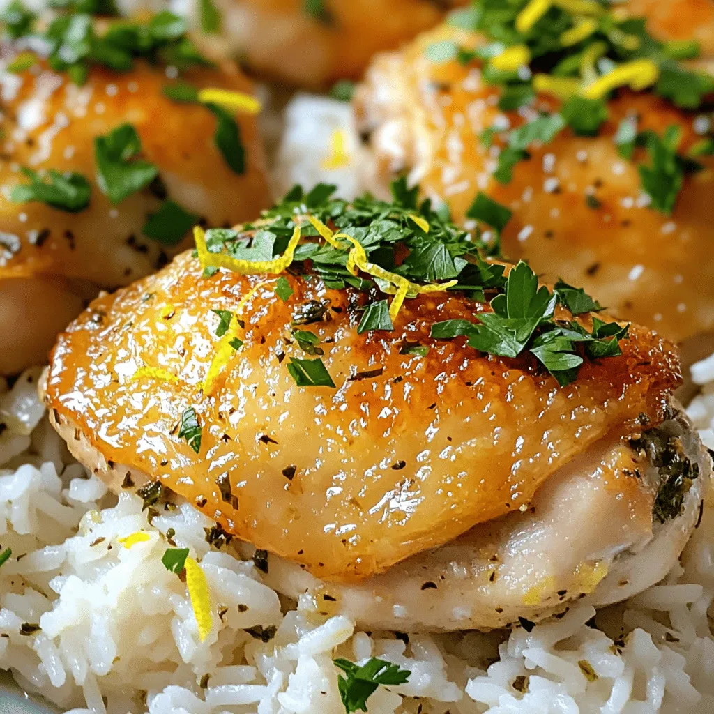 - 4 Hähnchenschenkel (ohne Knochen und Haut) - 1 Tasse Basmati-Reis - 2 Tassen Hühnerbrühe Die Hauptzutaten sind wichtig für den Geschmack. Hähnchenschenkel sind saftig und aromatisch. Basmati-Reis hat einen feinen Duft und passt gut dazu. Hühnerbrühe sorgt für mehr Tiefe im Gericht. - 1 Zitrone (abgerieben und ausgepresst) - 3 Knoblauchzehen, fein gehackt - 1 Teelöffel getrockneter Oregano - 1 Teelöffel getrockneter Thymian Die aromatischen Zutaten bringen Frische. Die Zitrone verleiht dem Gericht einen spritzigen Geschmack. Knoblauch macht es würzig. Oregano und Thymian fügen Kräuternoten hinzu. Diese Mischung macht das Essen besonders lecker. - 2 Esslöffel Olivenöl - Salz und Pfeffer nach Geschmack - Frische Petersilie, gehackt (zum Garnieren) Olivenöl gibt dem Gericht eine schöne Textur. Salz und Pfeffer sind Grundgewürze, die den Geschmack heben. Frische Petersilie ist perfekt zum Garnieren. Sie bringt Farbe und Frische auf den Teller. Für das gesamte Rezept können Sie die Zutaten im [Full Recipe] finden. - Marinade vorbereiten: Mische Olivenöl, Zitronensaft, Zitronenschale, gehackten Knoblauch, Oregano, Thymian, Salz und Pfeffer in einer Schüssel. - Hähnchen hinzufügen und ziehen lassen: Lege die Hähnchenschenkel in die Marinade. Bedecke sie gut und lass sie mindestens 30 Minuten im Kühlschrank ziehen. - Erhitzen der Pfanne: Stelle eine große Pfanne bei mittlerer Hitze auf. - Hähnchen braten und beiseitelegen: Gib die marinierten Hähnchenschenkel in die Pfanne. Brate sie 5-7 Minuten pro Seite, bis sie goldbraun sind. Nimm sie dann aus der Pfanne und lege sie beiseite. - Reis rösten: Füge den Basmati-Reis in die gleiche Pfanne. Röste ihn 1-2 Minuten, damit er den Geschmack aufnimmt. - Kochflüssigkeit hinzufügen und köcheln: Gieße die Hühnerbrühe in die Pfanne. Bringe sie zum Kochen und reduziere dann die Hitze. Decke die Pfanne ab und lasse den Reis 15 Minuten köcheln. - Anrichten in der Pfanne: Lege die angebratenen Hähnchenschenkel auf den gekochten Reis. - Aromen vermischen lassen: Decke die Pfanne wieder ab und lasse alles 5 Minuten ruhen, damit die Aromen sich verbinden. - Mit Petersilie garnieren: Streue frisch gehackte Petersilie über das Gericht, um Farbe und Frische hinzuzufügen. - Portionierung und Präsentation: Teile das Gericht auf Teller auf und serviere es warm. Für das vollständige Rezept schau dir die [Full Recipe] an. Ideale Marinierzeiten Um das Hähnchen richtig zu marinieren, sollten Sie es mindestens 30 Minuten einlegen. Für mehr Geschmack empfehle ich, das Hähnchen sogar über Nacht im Kühlschrank zu lassen. So ziehen die Aromen tiefer ein. Einweichen für mehr Geschmack Wenn Sie mehr Geschmack suchen, probieren Sie eine längere Marinierzeit. Ein gutes Marinieren macht den Unterschied. Es sorgt für saftiges Hähnchen mit viel Aroma. Pfannentechniken Erhitzen Sie die Pfanne gut, bevor Sie das Hähnchen hineingeben. Eine heiße Pfanne hilft, die Haut knusprig zu machen. Achten Sie darauf, das Hähnchen nicht zu überladen. So brät es besser und gleichmäßiger. Hitzeanpassungen Beginnen Sie bei mittlerer Hitze. Nach ein paar Minuten können Sie die Hitze leicht reduzieren. So wird das Hähnchen gleichmäßig durchgegart, ohne trocken zu werden. Ideen für ansprechende Präsentation Servieren Sie das Hähnchen auf dem Reis. Das sieht toll aus! Fügen Sie frische Kräuter wie Petersilie hinzu. So wird das Gericht lebendig und einladend. Weitere Kräuter und Gewürze Neben Petersilie können Sie auch frischen Thymian oder Basilikum verwenden. Diese Kräuter bringen neue Geschmäcker. Experimentieren Sie mit Gewürzen, um jedem Biss eine Überraschung zu geben. {{image_4}} Zusätzliche Gemüsesorten machen das Gericht bunter und nahrhafter. Du kannst zum Beispiel Paprika, Zucchini oder grüne Bohnen hinzufügen. Diese Gemüsesorten bringen frische Aromen und tolle Farben auf den Teller. Wenn du gesunde Optionen suchst, verwende Brokkoli oder Spinat. Diese Gemüsesorten sind reich an Vitaminen und fördern die Gesundheit. Sie passen gut zu Zitronen-Kräuter-Hähnchen. Du kannst auch andere Reissorten verwenden. Vollkornreis ist eine großartige Wahl für mehr Ballaststoffe. Jasminreis sorgt für einen duftenden Geschmack. Wenn du eine glutenfreie Option möchtest, probiere Quinoa oder Couscous. Quinoa hat einen nussigen Geschmack und ist sehr nahrhaft. Couscous kocht schnell und ist einfach zuzubereiten. Um asiatische Varianten zu erstellen, verwende Sojasauce und Ingwer. Diese Zutaten geben dem Gericht einen neuen Twist. Für mediterrane Geschmäcker kannst du Feta-Käse und Oliven hinzufügen. Diese Zutaten bringen einen salzigen und herzhaften Geschmack. Experimentiere auch mit verschiedenen Gewürzen. Paprika, Kreuzkümmel oder sogar Curry können den Geschmack verändern. So entsteht immer wieder eine neue Version des Gerichts. Für mehr Details und eine vollständige Anleitung, siehe das [Full Recipe]. Bewahren Sie die Reste im Kühlschrank auf. Verwenden Sie einen luftdichten Behälter. So bleibt das Gericht frisch. Es bleibt bis zu 3 Tage genießbar. Achten Sie darauf, das Hähnchen gut zu kühlen. Sie können das Gericht auch einfrieren. Teilen Sie es in Portionen auf. Verwenden Sie gefriergeeignete Behälter oder Beutel. Das Gericht bleibt bis zu 3 Monate im Gefrierfach haltbar. Zum Auftauen legen Sie es einfach in den Kühlschrank. Erhitzen Sie es dann in einer Pfanne oder Mikrowelle. Haben Sie Reste? Machen Sie daraus neue Gerichte! Nutzen Sie den Reis für einen Salat. Mischen Sie das Hähnchen in eine Suppe. Sie können auch ein Wrap mit frischem Gemüse machen. Lassen Sie Ihrer Kreativität freien Lauf! Ich empfehle, das Hähnchen mindestens 30 Minuten zu marinieren. So nimmt es die Aromen besser auf. Wenn du mehr Zeit hast, mariniere es bis zu 2 Stunden. Das macht das Hähnchen noch saftiger und geschmackvoller. Wenn du es über Nacht marinierst, wird der Geschmack intensiv und köstlich. Ja, du kannst das Rezept leicht anpassen. Verdopple einfach die Zutaten für mehr Portionen. Achte darauf, die Marinierzeit für das Hähnchen nicht zu ändern. Auch die Kochzeit bleibt gleich, solange du die Pfanne nicht überfüllst. Bei mehr Hähnchen kann die Garzeit leicht variieren. Prüfe die Kerntemperatur, um sicherzustellen, dass es durchgegart ist. Zu Zitronen-Kräuter-Hähnchen passt Basmati-Reis perfekt. Du kannst auch gedünstetes Gemüse oder einen frischen Salat anbieten. Kartoffeln sind eine weitere gute Wahl. Probiere einen Kartoffelsalat oder Ofenkartoffeln für mehr Abwechslung. Diese Beilagen ergänzen die Aromen des Hähnchens gut. Ja, das Rezept kann leicht angepasst werden. Wenn du auf Gluten achtest, ist Basmati-Reis die richtige Wahl. Du kannst die Marinade auch ohne Knoblauch zubereiten, falls du allergisch bist. Verwende frische Kräuter, wenn du getrocknete vermeiden möchtest. Achte darauf, frische Zutaten zu wählen, um das Gericht gesund zu halten. Um das Gericht schärfer zu machen, füge rote Pfefferflocken zur Marinade hinzu. Du kannst auch frischen Chili oder scharfen Senf verwenden. Diese Zutaten bringen mehr Hitze ins Spiel. Probiere es aus und finde die perfekte Balance zwischen Schärfe und Geschmack. So wird dein Zitronen-Kräuter-Hähnchen aufregend und lecker. Dieser Artikel bietet eine einfache Anleitung zur Zubereitung eines köstlichen Hähnchen-Reis-Gerichts. Du hast die Hauptzutaten sowie die aromatischen Zutaten kennengelernt. Die Schritt-für-Schritt-Anleitung hilft dir, alles perfekt zuzubereiten. Denk an die Tipps, um das Beste aus deinem Gericht herauszuholen, und experimentiere mit Variationen. Egal, ob mit Gemüse oder anderen Reisarten – du kannst kreativ werden. Zum Schluss bewahre Reste clever auf und nutze sie für neue Gerichte. Viel Spaß beim Kochen und Genießen!