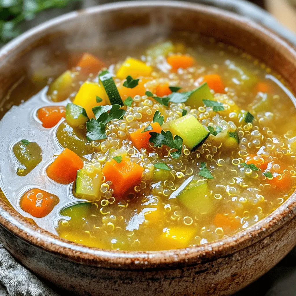 - 1 Tasse Quinoa, gut abgespült - 1 Esslöffel Olivenöl - 1 Zwiebel, gewürfelt Für eine gesunde Gemüsesuppe ist es wichtig, frische und einfache Zutaten zu wählen. Quinoa ist mein Liebling, weil es viel Protein hat. Ich spüle die Quinoa gut ab, um Bitterstoffe zu entfernen. Olivenöl sorgt für einen feinen Geschmack. Die Zwiebel bringe ich mit ihrem süßen Aroma in die Suppe. - 2 Karotten, gewürfelt - 2 Stangen Sellerie, gewürfelt - 1 Zucchini, gewürfelt Die Wahl des Gemüses macht die Suppe bunt und lecker. Karotten bringen Süße und Farbe. Sellerie gibt einen knackigen Biss und Zucchini macht die Suppe schön cremig. Du kannst auch anderes Gemüse verwenden, was du magst oder gerade im Kühlschrank hast. - 4 Tassen Gemüsebrühe - 1 Dose (14 oz) gewürfelte Tomaten, mit Saft - 1 Teelöffel getrockneter Thymian - 1 Teelöffel gemahlener Kreuzkümmel Gemüsebrühe ist die Basis für die Suppe. Sie sorgt für viel Geschmack. Die gewürfelten Tomaten bringen eine fruchtige Note. Thymian und Kreuzkümmel geben der Suppe eine besondere Würze. Diese Zutaten zusammen machen die Suppe zu einem echten Genuss. Für das vollständige Rezept, siehe die lebendige Quinoa & Gemüse Freude Suppe. Zuerst schneiden Sie das Gemüse. Beginnen Sie mit der Zwiebel und den Karotten. Würfeln Sie sie in kleine Stücke. Dann schneiden Sie den Sellerie, die Zucchini und die Paprika. Vergessen Sie nicht die grünen Bohnen. Diese können Sie grob hacken. Während Sie das Gemüse vorbereiten, spülen Sie die Quinoa gut ab. Quinoa ist klein, aber macht die Suppe nahrhaft. Erhitzen Sie in einem großen Topf das Olivenöl. Stellen Sie die Hitze auf mittel. Fügen Sie die gewürfelte Zwiebel hinzu und braten Sie sie an. Nach etwa drei bis vier Minuten wird die Zwiebel glasig. Dann geben Sie den gehackten Knoblauch hinzu. Lassen Sie ihn eine Minute mitbraten. Er wird bald gut duften. Jetzt kommt das geschnittene Gemüse in den Topf. Braten Sie es etwa fünf bis sieben Minuten an, bis es weich wird. Jetzt fügen Sie die abgespülte Quinoa hinzu. Gießen Sie die Gemüsebrühe in den Topf. Dann kommen die gewürfelten Tomaten dazu. Rühren Sie alles gut um, damit sich die Zutaten vermischen. Bringen Sie die Suppe zum Kochen. Reduzieren Sie dann die Hitze auf niedrig. Decken Sie den Topf ab und lassen Sie die Suppe 15 bis 20 Minuten köcheln. So wird die Quinoa gar und das Gemüse zart. Zum Schluss schmecken Sie die Suppe mit Salz und Pfeffer ab. Servieren Sie die Suppe heiß. Garnieren Sie sie mit frischer Petersilie oder Basilikum. Das gibt der Suppe einen frischen Geschmack. Für die vollständige Anleitung, schauen Sie sich das [Full Recipe] an. Um die perfekte Konsistenz der Suppe zu erzielen, ist die Zubereitung der Quinoa wichtig. Spülen Sie die Quinoa gründlich ab. Dadurch entfernen Sie Bitterstoffe, die den Geschmack beeinträchtigen können. Kochen Sie die Quinoa in der Gemüsebrühe. Sie sollte leicht und fluffig sein, was der Suppe eine wunderbare Textur verleiht. Das Schneiden des Gemüses beeinflusst ebenfalls die Konsistenz. Schneiden Sie das Gemüse gleichmäßig. So garen alle Stücke gleichmäßig und bieten eine schöne Bissfestigkeit. Achten Sie darauf, dass die Stücke nicht zu klein sind, damit sie beim Kochen nicht zerfallen. Um den Geschmack Ihrer Suppe zu verfeinern, können Sie mit Gewürzen spielen. Wenn Sie etwas anderes als die klassischen Gewürze verwenden möchten, probieren Sie geräuchertes Paprikapulver oder Kurkuma. Diese verleihen der Suppe eine besondere Note ohne viel Aufwand. Frische Kräuter sind ebenfalls eine tolle Wahl. Petersilie, Basilikum oder Thymian steigern den Geschmack und bringen Frische. Fügen Sie die Kräuter kurz vor dem Servieren hinzu. So bleiben ihre Aromen intensiv und lebendig. Vorbereitung ist der Schlüssel, um Zeit zu sparen. Schneiden Sie Ihr Gemüse im Voraus und lagern Sie es im Kühlschrank. So können Sie die Suppe schnell kochen, wenn Sie wenig Zeit haben. Ein weiterer Tipp ist, die Suppe in Portionen einzufrieren. Nutzen Sie dafür geeignete Behälter. So haben Sie immer eine köstliche Mahlzeit bereit, die schnell aufgewärmt werden kann. Diese Methode ist perfekt für geschäftige Tage und sorgt dafür, dass Sie gesund essen können. {{image_4}} Die Vielfalt der Zutaten macht diese Suppe besonders. Sie können Hülsenfrüchte wie Kichererbsen oder Linsen hinzufügen. Diese Optionen erhöhen den Proteingehalt. Auch Bohnen passen gut dazu. Mit diesen Zutaten wird die Suppe noch nahrhafter. Experimentieren Sie mit verschiedenen Gemüsesorten. Brokkoli, Spinat oder Kürbis bringen neue Aromen. Probieren Sie auch saisonales Gemüse aus. So bleibt die Suppe frisch und interessant. Diese Suppe ist von Natur aus vegan. Sie können sie genießen, ohne Fleisch oder Fisch zu verwenden. Fügen Sie einfach mehr Gemüse hinzu, um den Geschmack zu intensivieren. Vermeiden Sie Milchprodukte, wenn Sie vegan kochen. Statt Sahne können Sie pflanzliche Alternativen verwenden. Kokosmilch oder Mandelmilch sind tolle Optionen. Diese machen die Suppe cremig und reichhaltig. Für glutenfreie Varianten nutzen Sie Quinoa, da es von Natur aus glutenfrei ist. Diese Suppe ist also ideal für alle. Wenn Sie Low-Carb essen, reduzieren Sie die Menge an Kartoffeln oder Hülsenfrüchten. Stattdessen können Sie mehr Gemüse verwenden. Zu den nährstoffreichen Varianten zählen auch Blumenkohl oder Zucchini. Diese geben der Suppe eine tolle Textur. Für die genauen Zutaten und Zubereitung, schauen Sie sich das [Full Recipe] an. Um die Frische der Suppe zu bewahren, lagere sie in einem luftdichten Behälter. So bleibt der Geschmack bis zu fünf Tage erhalten. Vor dem Kühlen lasse die Suppe auf Raumtemperatur abkühlen. Wenn du die Suppe aufwärmen möchtest, benutze einen Topf oder die Mikrowelle. - Aufwärmen im Topf: Gieße die Suppe in einen Topf. Erhitze sie bei mittlerer Hitze und rühre oft um, bis sie heiß ist. - Aufwärmen in der Mikrowelle: Fülle die Suppe in eine mikrowellengeeignete Schüssel. Decke sie mit einem Deckel oder einem Teller ab. Erwärme sie in Intervallen von einer Minute. Um die Suppe einzufrieren, lasse sie vollständig abkühlen. Fülle sie dann in gefriergeeignete Behälter oder Beutel. Achte darauf, etwas Platz zu lassen, da die Suppe beim Gefrieren expandiert. - Richtiges Auftauen: Lasse die gefrorene Suppe über Nacht im Kühlschrank auftauen. Du kannst sie auch direkt in einem Topf bei niedriger Hitze auftauen. - Geeignete Behälter: Verwende Plastikbehälter oder wiederverschließbare Gefrierbeutel. Diese sind ideal, um Platz im Gefrierfach zu sparen. Hast du Reste übrig? Das ist großartig! Du kannst mit der Suppe viele kreative Dinge machen. Hier sind einige Ideen: - Quinoa-Salat: Mische die Suppe mit frischem Gemüse und etwas Zitronensaft. Das ergibt einen tollen Salat. - Wraps: Fülle Tortillas mit der Suppe und etwas Käse. Rolle sie auf und backe sie kurz im Ofen. - Eintopf: Kombiniere die Suppe mit Reis oder Linsen für einen herzhaften Eintopf. Mit diesen Tipps bleibt deine Gemüsesuppe mit Quinoa frisch und lecker! Probiere den Full Recipe für noch mehr Genuss. Die Gemüsesuppe mit Quinoa bleibt im Kühlschrank etwa 3 bis 5 Tage frisch. Stelle sicher, dass du sie in einem luftdichten Behälter aufbewahrst. Wenn du die Suppe länger aufbewahren möchtest, friere sie ein. Im Gefrierschrank hält sie bis zu 3 Monate. Das Einfrieren ist eine tolle Möglichkeit, Reste zu nutzen. Ja, du kannst das Gemüse ganz nach deinem Vorrat anpassen. Wenn du zum Beispiel keine Zucchini hast, nimm einfach Brokkoli oder Spinat. Auch gefrorenes Gemüse funktioniert gut. Misch die Sorten, die du magst. So bleibt die Suppe spannend und geschmackvoll. Ja, die Suppe ist kinderfreundlich! Um den Geschmack zu mildern, kannst du weniger Gewürze verwenden. Ein wenig mehr Gemüsebrühe hilft, die Suppe milder zu machen. Lass die Kinder beim Kochen mitmachen. Sie lieben es, ihre eigene Suppe zu kreieren. Diese Suppe bietet gesunde Zutaten wie Quinoa, Gemüse und Gewürze. Wir haben die Schritte zur Zubereitung klar beschrieben. Mit Tipps für die perfekte Konsistenz und Variationen hast du viele Optionen. Du kannst die Suppe frisch genießen oder aufbewahren. Nutze die Lagerungshinweise für Resteverwertung. Probiere die einzelnen Schritte aus und finde deinen eigenen Geschmack. So schaffst du eine nahrhafte und leckere Mahlzeit für jeden Tag.