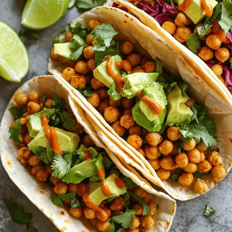 Die Basis für meine würzigen Kichererbsen-Tacos sind frische, gesunde Zutaten. Hier sind die Hauptzutaten: - 1 Dose (425 g) Kichererbsen, abgetropft und abgespült - 1 Esslöffel Olivenöl - 1 Teelöffel Kreuzkümmel - 1 Teelöffel geräuchertes Paprikapulver - 1/2 Teelöffel Cayennepfeffer (nach Geschmack anpassen) - 1 Knoblauchzehe, gehackt - Salz und Pfeffer nach Geschmack - 8 kleine Mais- oder Weizentortillas Diese Zutaten geben den Tacos ihren tollen Geschmack und die perfekte Textur. Kichererbsen sind nicht nur lecker, sondern auch gesund. Die Gewürze sind der Schlüssel. Mit ihnen bringe ich die Kichererbsen zum Leben. Der Kreuzkümmel hat einen warmen, erdigen Geschmack. Geräuchertes Paprikapulver fügt einen rauchigen Kick hinzu. Cayennepfeffer bringt die Schärfe. Ich empfehle, die Menge an Cayennepfeffer nach deinem Geschmack zu wählen. Knoblauch sorgt für einen tollen Duft und Geschmack. Frische Toppings machen die Tacos noch besser. Ich liebe es, Avocado, rote Kohlschnipsel und frischen Koriander hinzuzufügen. Diese bringen Farbe und Textur. Auch Limettensaft ist wichtig. Er gibt einen frischen, saftigen Geschmack. Du kannst auch scharfe Soße dazugeben, wenn du es extra würzig magst. Für das vollständige Rezept schau dir die Full Recipe an. Um die Kichererbsen zuzubereiten, benötigen Sie zuerst eine Pfanne. Erhitzen Sie das Olivenöl bei mittlerer Hitze. Fügen Sie den gehackten Knoblauch hinzu und braten Sie ihn etwa 30 Sekunden lang. Der Knoblauch sollte aromatisch sein. Jetzt geben Sie die abgetropften Kichererbsen in die Pfanne. Streuen Sie Kreuzkümmel, geräuchertes Paprikapulver und Cayennepfeffer über die Kichererbsen. Rühren Sie gut um. Lassen Sie die Mischung 5-7 Minuten kochen. Rühren Sie gelegentlich um, bis die Kichererbsen warm und leicht knusprig sind. Wärmen Sie die Tortillas in einer anderen Pfanne oder in der Mikrowelle auf. Sie sollen weich und biegsam sein. Wenn sie zu trocken sind, werden sie brüchig. Achten Sie darauf, sie nicht zu lange zu erhitzen, damit sie nicht zu hart werden. Dies dauert nur ein paar Minuten. Jetzt ist es Zeit, die Tacos zusammenzustellen! Nehmen Sie eine Tortilla und geben Sie einen großen Löffel der würzigen Kichererbsenmischung darauf. Fügen Sie gewürfelte Avocado, rote Kohlschnipsel und frischen Koriander hinzu. Pressen Sie frischen Limettensaft über die Tacos. Mögen Sie es scharf? Fügen Sie nach Belieben scharfe Soße hinzu. Servieren Sie die Tacos sofort. Genießen Sie die kräftigen Aromen! Für die vollständige Anleitung schauen Sie sich das Full Recipe an. Um Kichererbsen gut zu würzen, fange mit frischen Gewürzen an. Ich empfehle, Kreuzkümmel und geräuchertes Paprikapulver zu verwenden. Diese Gewürze bringen einen tollen Geschmack. Cayennepfeffer gibt den nötigen Kick. Taste die Mischung ab, um die Schärfe anzupassen. Mische die Kichererbsen gründlich mit den Gewürzen in der Pfanne. Lass sie einige Minuten braten, damit sie knusprig werden. Serviere die Tacos warm auf bunten Tellern. Eine schöne Präsentation macht viel aus. Füge frische Avocado und rote Kohlschnipsel hinzu. Diese Toppings sorgen für Farbe und Crunch. Frischer Koriander bringt eine tolle Frische. Vergiss nicht, Limettensaft darüber zu träufeln. Wenn du magst, füge scharfe Soße hinzu. So genießen deine Gäste die Tacos mit voller Wucht! Wenn du Reste hast, bewahre die Kichererbsen in einem luftdichten Behälter auf. So bleiben sie frisch. Du kannst die Tortillas separat halten, damit sie nicht weich werden. Wenn du die Kichererbsen erneut aufwärmst, brate sie kurz in einer Pfanne. Das macht sie wieder knusprig. Ich empfehle, die Tacos frisch zuzubereiten. So schmecken sie am besten. Für das vollständige Rezept, schau dir die [Full Recipe] an. {{image_4}} Für eine vegetarische oder vegane Version der Spicy Chickpea Tacos kann man viele Optionen nutzen. Anstelle von Kichererbsen kann man schwarze Bohnen oder Linsen verwenden. Diese Hülsenfrüchte sind reich an Eiweiß und Ballaststoffen. Für mehr Geschmack können Sie auch geräucherte Paprika und Limette hinzufügen. Es ist wichtig, frische Kräuter wie Koriander zu verwenden. Sie bringen Frische und Farbe in jedes Gericht. Wenn Sie glutenfrei essen möchten, gibt es tolle Alternativen für Tortillas. Suchen Sie nach Mais-Tortillas, die in vielen Geschäften erhältlich sind. Sie sind einfach zu finden und sehr lecker. Eine andere Option sind Reis-Tortillas. Diese sind leicht und haben einen milden Geschmack. Achten Sie beim Kauf auf die Zutatenliste, um sicherzustellen, dass sie wirklich glutenfrei sind. Um die Tacos noch spannender zu machen, können Sie verschiedene Zutaten hinzufügen. Zum Beispiel können Sie gebratene Zucchini oder Paprika probieren. Auch schwarze Oliven oder Jalapeños können einen tollen Geschmack hinzufügen. Für eine süßere Note sind Ananas oder Mango Würfel eine gute Wahl. Experimentieren Sie mit verschiedenen Kombinationen und finden Sie Ihre Lieblingsversion. Eine Portion dieser würzigen Kichererbsen-Tacos hat etwa 350 Kalorien. Die Tacos bieten eine gute Balance aus Proteinen, Kohlenhydraten und gesunden Fetten. Kichererbsen sind reich an Ballaststoffen, die wichtig für die Verdauung sind. Eine Portion hat ungefähr: - 15 g Eiweiß - 45 g Kohlenhydrate - 12 g Fett Diese Nährstoffe helfen dir, dich satt und zufrieden zu fühlen. Kichererbsen sind echte Powerpakete. Sie sind voll von Proteinen und Ballaststoffen. Das macht sie ideal für Vegetarier und Veganer. Die Ballaststoffe können helfen, den Blutzucker zu regulieren. Außerdem fördern sie die Herzgesundheit. Kichererbsen enthalten auch viele Vitamine und Mineralien, wie Eisen und Magnesium. Diese Nährstoffe können dein Immunsystem stärken und dir mehr Energie geben. Frische Toppings machen den Unterschied. Avocado liefert gesunde Fette und Vitamine. Rote Kohlschnipsel fügen eine knusprige Textur hinzu und sind reich an Antioxidantien. Koriander bringt frischen Geschmack und kann entzündungshemmend wirken. Limettensaft sorgt für einen spritzigen Kick und hilft, die Eisenaufnahme zu verbessern. Diese frischen Zutaten machen die Tacos nicht nur lecker, sondern auch nahrhaft. Sie ergänzen die Kichererbsen und machen die Mahlzeit ausgewogen. Du kannst die Tacos auch nach deinem Geschmack anpassen. Nutze die frischen Toppings, um deinen Nährstoffbedarf zu decken. Ja, Kichererbsen aus der Dose sind perfekt für dieses Rezept. Sie sind bereits gekocht, was Zeit spart. Spülen Sie die Kichererbsen gut ab, um den Salzwasser-Geschmack zu entfernen. So bleiben die Tacos frisch und lecker. Die Schärfe kann leicht angepasst werden. Fügen Sie mehr oder weniger Cayennepfeffer hinzu. Sie können auch milde oder scharfe Soße verwenden. Wenn Sie es wirklich scharf mögen, probieren Sie frische Jalapeños oder Chilis. Für eine mildere Version, lassen Sie den Cayennepfeffer einfach weg. Die besten Toppings sind einfach und frisch. Hier sind einige Vorschläge: - Avocado, gewürfelt - Rote Kohlschnipsel - Frischer Koriander - Limettensaft - Scharfe Soße nach Wahl Jedes Topping bringt eine neue Textur und Geschmack in die Tacos. Experimentieren Sie mit Ihren Favoriten! Für die vollständige Anleitung schauen Sie sich das [Full Recipe] an. Kichererbsen-Tacos sind einfach und lecker. Wir haben die Hauptzutaten, Gewürze und frische Toppings betrachtet. Die Schritt-für-Schritt-Anleitung zeigt, wie man sie perfekt zubereitet. Tipps helfen, die Kichererbsen zu würzen und Reste aufzubewahren. Variationen bieten viele Optionen, sei es vegan oder glutenfrei. Außerdem haben wir wichtige Nährwertinformationen geteilt. Diese Tacos sind nicht nur schmackhaft, sondern auch gesund. Probiere sie aus und genieße jeden Bissen!