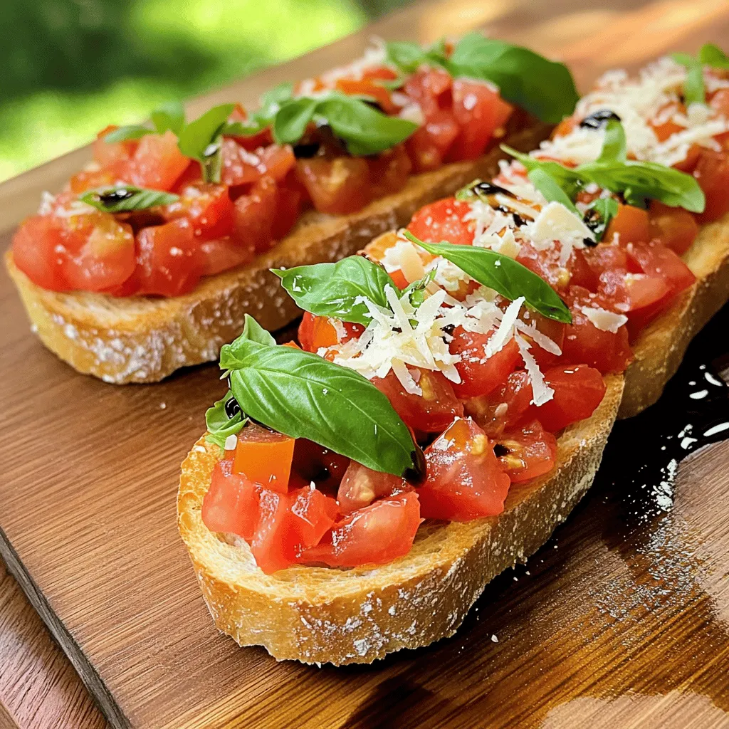 - Frisches Baguette - Reife Tomaten - Frische Basilikumblätter - Knoblauch - Natives Olivenöl Für die perfekte Bruschetta sind frische Zutaten der Schlüssel. Ein gutes Baguette gibt eine knusprige Basis. Wählen Sie reife Tomaten für den besten Geschmack. Basilikum bringt ein frisches Aroma. Knoblauch fügt einen scharfen Kick hinzu. Und natives Olivenöl sorgt für eine reiche Textur. Diese Zutaten machen die Bruschetta einfach köstlich. - Balsamico-Essig - Salz und Pfeffer - Optional: Honig und Parmesan Zusätzliche Zutaten erhöhen den Geschmack. Balsamico-Essig bringt eine süß-säuerliche Note. Salz und Pfeffer verstärken die Aromen. Wenn Sie es süßer mögen, fügen Sie Honig hinzu. Gehackter Parmesan als Topping gibt eine cremige Textur. Diese Zutaten sind nicht zwingend, aber sie machen die Bruschetta noch besser. Für das vollständige Rezept schauen Sie sich die [Full Recipe] an. Heize den Ofen auf 200°C (400°F) vor. Das Rösten bringt den besten Geschmack. Nimm ein frisches Baguette und schneide es in 1,5 cm dicke Scheiben. Lege die Scheiben auf ein Backblech. Pinsle jede Scheibe leicht mit Olivenöl ein. Röste das Baguette im heißen Ofen für etwa 5-7 Minuten. Die Scheiben sollten goldbraun und knusprig sein. Während das Baguette röstet, bereite die Tomaten-Basilikum-Mischung vor. Nimm eine mittelgroße Schüssel. Füge die gewürfelten Tomaten, den grob gehackten Basilikum und die fein gehackten Knoblauchzehen hinzu. Gieße den Balsamico-Essig und das Olivenöl darüber. Wenn du eine süßere Note magst, füge einen Teelöffel Honig hinzu. Mische alles gut. Würze die Mischung mit Salz und Pfeffer nach Geschmack. Lass die Mischung etwa 10 Minuten ruhen. So entfalten sich die Aromen perfekt. Wenn die Baguettescheiben fertig sind, nimm sie aus dem Ofen. Lass sie kurz abkühlen. Jetzt kommt der beste Teil! Löffle die Tomaten-Basilikum-Mischung großzügig auf jede geröstete Baguettescheibe. Du kannst die Bruschetta auch mit frisch gehobeltem Parmesan toppen, wenn du magst. Das gibt einen tollen Geschmack. Für die vollständige Anleitung, schau dir das [Full Recipe] an. Um die beste Bruschetta zu machen, brauchen Sie frische Zutaten. Wählen Sie reife Tomaten und frische Basilikumblätter. Diese Zutaten bringen den besten Geschmack. Ich empfehle, die Tomatenmischung im Voraus zuzubereiten. Lassen Sie sie etwa 10 Minuten ruhen. So entfalten sich die Aromen besser. Die Präsentation ist wichtig. Servieren Sie die Bruschetta auf einem rustikalen Holzbrett. Garnieren Sie sie mit frischen Basilikumzweigen. Dies sieht schön aus und macht Appetit. Sie können auch Parmesan darüber streuen. Für Beilagen empfehle ich einen frischen Salat. Ein leichter Weißwein passt gut dazu. So wird Ihr Gericht noch besser. Entdecken Sie auch meine [Full Recipe] für mehr Tipps und Ideen. {{image_4}} Für eine glutenfreie Bruschetta wählen Sie glutenfreies Brot. Viele Bäcker bieten dieses an. Es schmeckt gut und hat eine tolle Textur. Wenn Sie Honig verwenden möchten, können Sie Agavensirup oder Ahornsirup nehmen. Diese sind süß und passen gut. Für Parmesan verwenden Sie Hefeflocken. Diese geben einen würzigen Geschmack ohne Käse. Fügen Sie neue Kräuter hinzu, um Ihre Bruschetta zu verbessern. Oregano und Thymian passen hier gut. Diese Kräuter bringen einen anderen Geschmack. Sie können auch andere Gemüsesorten ausprobieren. Gegrillte Paprika oder Zucchini sind tolle Optionen. Diese bringen Farbe und neuen Geschmack in Ihr Gericht. Probieren Sie verschiedene Kombinationen aus, um Ihre perfekte Bruschetta zu finden. Besuchen Sie die [Full Recipe] für mehr Ideen. Um die Reste deiner Bruschetta richtig zu lagern, gibt es ein paar einfache Tipps. Du kannst die Tomaten-Basilikum-Mischung in einem luftdichten Behälter im Kühlschrank aufbewahren. So bleibt sie frisch. Für die Baguettescheiben ist es besser, sie separat zu lagern. Lege sie in ein Papiertuch, um die Knusprigkeit zu bewahren. Für die kurzfristige Aufbewahrung hält sich die Mischung etwa 2 bis 3 Tage. Wenn du die Bruschetta länger aufbewahren möchtest, kannst du die Mischung auch einfrieren. Teile die Mischung in Portionen und fülle sie in gefriergeeignete Behälter. So bleibt der Geschmack auch nach dem Einfrieren erhalten. Die Haltbarkeit der Zutaten ist wichtig für den Genuss. Reife Tomaten sind im Kühlschrank etwa 5 bis 7 Tage frisch. Frische Basilikumblätter sollten innerhalb von 3 bis 5 Tagen verwendet werden. Knoblauch kann bis zu 2 Monate haltbar sein, wenn du ihn kühl und trocken lagerst. Um matschige Baguettes zu vermeiden, lege die gerösteten Scheiben in einen Behälter mit etwas Luftzirkulation. So bleiben sie knusprig. Wenn du die Baguettes nicht sofort isst, röste sie erst kurz vor dem Servieren. Das sorgt für den besten Geschmack und die beste Textur. Um die beste Bruschetta zu machen, brauche ich frische Zutaten. Wähle ein knuspriges Baguette. Reife, saftige Tomaten bringen den besten Geschmack. Frische Basilikumblätter sorgen für ein tolles Aroma. Ich benutze auch gesunden, extra nativem Olivenöl. Der Knoblauch gibt einen starken Geschmack. Ich mag es, den Balsamico-Essig hinzuzufügen, um die Aromen zu heben. Achte darauf, die Mischung rechtzeitig ruhen zu lassen. So können sich die Aromen gut entfalten. Ja, du kannst Bruschetta im Voraus zubereiten. Bereite die Tomatenmischung einige Stunden vorher zu. Lagere sie im Kühlschrank, bis du bereit bist, zu servieren. Roste das Baguette jedoch erst kurz vor dem Servieren. So bleibt es knusprig. Wenn du die Mischung zu lange lagerst, wird das Brot matschig. Das will ich vermeiden, um den besten Genuss zu haben. Bruschetta kann viele leckere Variationen haben. Probiere zum Beispiel Feta-Käse oder Oliven. Diese geben der Bruschetta einen neuen Geschmack. Ich liebe auch die Kombination von Avocado mit Tomaten. Eine weitere Idee ist, geröstete Paprika hinzuzufügen. Diese Variationen bringen frische Aromen. Du kannst auch verschiedene Kräuter verwenden, wie Oregano oder Thymian, um den Geschmack zu verändern. Die Zutaten für die Bruschetta ergeben etwa 6 bis 8 Portionen. Das hängt von der Größe der Baguettescheiben ab. Wenn du mehr Gäste hast, kannst du die Menge leicht verdoppeln. Serviere die Bruschetta als Vorspeise oder Snack. Sie sind perfekt für Partys oder ein einfaches Abendessen. Wenn du mehr Portionen brauchst, folge einfach dem [Full Recipe]. Bruschetta ist einfach und lecker. Wir haben die besten Zutaten, eine Schritt-für-Schritt-Anleitung und kreative Variationen besprochen. Verwenden Sie frische Zutaten, um den besten Geschmack zu erzielen. Denken Sie daran, dass Aufbewahrung wichtig ist, um die Frische zu bewahren. Sie können Bruschetta im Voraus zubereiten und genießen. Experimentieren Sie mit verschiedenen Aromen. So machen Sie Ihre Bruschetta einmalig. Mit diesen Tipps wird jeder Biss köstlich. Viel Spaß beim Zubereiten!
