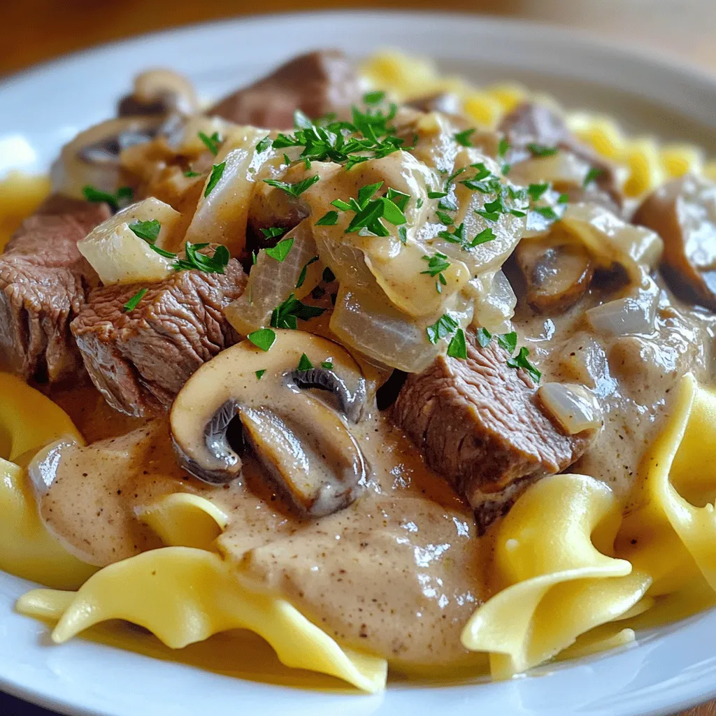 - 450 g Rinderfilet, dünn geschnitten - 2 Esslöffel Olivenöl - 1 mittelgroße Zwiebel, fein gehackt - 2 Knoblauchzehen, gepresst - 225 g Champignons, in Scheiben geschnitten - 240 ml Rinderbrühe - 1 Esslöffel Worcestershire-Sauce - 1 Teelöffel Dijon-Senf - 240 ml saure Sahne - 2 Esslöffel Weizenmehl - Salz und Pfeffer nach Geschmack - Frische Petersilie, gehackt - Nudeln oder Reis zum Servieren Für dieses Rezept benutze ich frische Zutaten. Sie machen das Gericht noch besser. Das Rinderfilet sorgt für zarte Stücke. Die Zwiebel und der Knoblauch bringen Geschmack. Die Champignons geben eine schöne Tiefe. Die Rinderbrühe und die Worcestershire-Sauce bringen Umami. Dijon-Senf fügt eine leichte Schärfe hinzu. Die saure Sahne macht die Sauce cremig. Das Mehl hilft der Sauce, dick zu werden. Frische Petersilie ist nicht nur schön, sondern auch lecker. Nudeln oder Reis sind tolle Beilagen. Du kannst die Beilagen nach deinem Wunsch wählen. Wenn du alles zusammenbringst, ergibt das ein tolles Gericht. Du findest die vollständige Zubereitung im Full Recipe. - Erhitze das Olivenöl in einer großen Pfanne. - Füge die dünn geschnittenen Rinderfiletstreifen hinzu. - Würze das Fleisch mit Salz und Pfeffer. - Brate das Rindfleisch, bis es schön gebräunt ist. - Nimm das Rindfleisch aus der Pfanne und lege es beiseite. - Gib die gehackte Zwiebel und den gepressten Knoblauch in die Pfanne. - Sauté die Mischung, bis die Zwiebel durchscheinend wird. - Füge die geschnittenen Champignons hinzu und koche sie, bis sie weich sind. - Streue das Mehl über die Pilzmischung und rühre gut um. - Gieße langsam die Rinderbrühe hinein und rühre, um Klumpen zu vermeiden. - Bringe die Mischung zum Köcheln und füge Worcestershire-Sauce und Dijon-Senf hinzu. - Lasse die Sauce leicht eindicken. - Reduziere die Hitze und mische die saure Sahne unter. - Gib das vorgegarte Rindfleisch zurück in die Pfanne. - Rühre für weitere 2-3 Minuten, bis alles gut durchgewärmt ist. - Schmecke das Gericht ab und passe die Würze an. - Serviere den Rindfleisch Stroganoff heiß auf Nudeln oder Reis. Für die vollständige Zubereitung, schau dir das Full Recipe an. - Die richtigen Temperaturen nutzen: Beginne bei mittelhoher Hitze, um das Fleisch anzubraten. Zu hohe Hitze kann es trocken machen. Zu niedrige Hitze lässt das Fleisch nicht bräunen. - Timing der Zutaten beachten: Gib das Rindfleisch erst in die Pfanne, wenn das Öl heiß ist. Wenn du die Zwiebeln und den Knoblauch hinzufügst, achte darauf, dass sie nur kurz gekocht werden. Das bewahrt ihren Geschmack. - Verwendung von frischen Zutaten: Frische Zwiebeln, Knoblauch und Champignons machen den Unterschied. Sie geben deinem Gericht mehr Geschmack. Achte darauf, die Zutaten gut zu waschen und vorzubereiten. - Anpassung der Würze: Probiere das Gericht während des Kochens. Füge mehr Salz oder Pfeffer hinzu, wenn nötig. Du kannst auch etwas mehr Worcestershire-Sauce für einen tieferen Geschmack verwenden. - Kombination mit Beilagen: Serviere den Rindfleisch Stroganoff mit Nudeln oder Reis. Beides passt gut zu der cremigen Sauce. Du kannst auch Kartoffelpüree verwenden, wenn du es magst. - Anrichten für ein ansprechendes Aussehen: Nutze tiefe Teller für die Präsentation. Streue frische Petersilie darüber, um Farbe hinzuzufügen. Das sieht nicht nur gut aus, sondern schmeckt auch frisch. Für das vollständige Rezept schau dir bitte den Abschnitt "Full Recipe" an. {{image_4}} Wenn du eine vegetarische Variante von Beef Stroganoff möchtest, ersetze das Rindfleisch. Pilze oder Tofu sind großartige Optionen. Pilze bieten einen tiefen, erdigen Geschmack. Sie passen perfekt in die cremige Sauce. Tofu nimmt die Aromen gut auf und sorgt für eine tolle Textur. Du kannst das Rindfleisch einfach durch 450 g Champignons oder 400 g Tofu ersetzen. Beide Varianten sind lecker und sättigend. Die Beilagen zu Beef Stroganoff sind wichtig. Du kannst Nudeln oder Reis verwenden. Beide passen gut zur cremigen Sauce. Wenn du etwas anderes probieren willst, sind Kartoffeln eine gute Wahl. Gekochte oder pürierte Kartoffeln ergänzen das Gericht toll. Du kannst auch Knödel dazu servieren. Die Auswahl hängt von deinem Geschmack ab. Probiere verschiedene Beilagen aus, um dein perfektes Gericht zu finden. Beef Stroganoff hat viele regionale Varianten. In Russland wird oft Rinderfilet verwendet, während in anderen Ländern Hähnchen oder Schweinefleisch beliebt sind. In Ungarn fügen die Köche Paprika hinzu, um dem Gericht mehr Farbe und Geschmack zu geben. In den USA findest du oft eine Version mit einer dickeren Sauce. Jede Region bringt ihre eigenen Aromen und Zutaten ein. So bleibt das Gericht spannend und vielfältig. Um deinen klassischen Rindfleisch Stroganoff frisch zu halten, lagere ihn im Kühlschrank. Verwende einen luftdichten Behälter, um die Feuchtigkeit zu bewahren. Lass das Gericht auf Raumtemperatur abkühlen, bevor du es in den Kühlschrank stellst. So bleibt der Geschmack erhalten und die Konsistenz bleibt gut. Zum Wiedererwärmen gibt es einige einfache Methoden. Die beste Methode ist, den Stroganoff in einer Pfanne bei mittlerer Hitze zu erwärmen. Füge etwas Rinderbrühe oder Wasser hinzu, um die Sauce cremig zu halten. Rühre gut um, bis alles gleichmäßig warm ist. Du kannst auch die Mikrowelle nutzen, aber achte darauf, den Stroganoff in kurzen Intervallen zu erhitzen und zwischendurch umzurühren. Klassischer Rindfleisch Stroganoff hält sich im Kühlschrank etwa 3 bis 4 Tage. Wenn du ihn länger aufbewahren möchtest, kannst du ihn einfrieren. In einem gut verschlossenen Behälter bleibt er bis zu 3 Monate frisch. Achte darauf, ihn gut zu beschriften, damit du weißt, wann du ihn eingefroren hast. So hast du immer eine leckere Mahlzeit bereit! Die Zubereitungszeit beträgt 15 Minuten. Die Gesamtzeit dauert etwa 30 Minuten. So kannst du schnell ein leckeres Gericht auf den Tisch bringen. Ja, du kannst Beef Stroganoff im Voraus machen. Koche das Gericht und lass es abkühlen. Danach fülle es in einen Behälter. Stelle es in den Kühlschrank. Es bleibt für bis zu drei Tage frisch. Erwärme es vor dem Servieren langsam. So bleibt der Geschmack erhalten. Nudeln oder Reis sind die besten Beilagen. Du kannst auch Kartoffelpüree oder frisches Brot servieren. Diese Optionen ergänzen den reichen Geschmack des Stroganoffs. Das Rezept ist nicht glutenfrei. Du kannst jedoch das Weizenmehl ersetzen. Verwende stattdessen Reis- oder Maismehl. So bleibt das Gericht glutenfrei und lecker. Beef Stroganoff hat seinen Ursprung in Russland. Es wurde nach einem russischen Adeligen benannt. Das Gericht ist bekannt für seinen cremigen Geschmack. Heute gibt es viele Variationen weltweit. Dieses Rezept für Beef Stroganoff ist einfach und lecker. Wir haben die besten Zutaten, eine einfache Zubereitung und viele Tipps besprochen. Denk daran, frische Zutaten zu nutzen und auf den richtigen Kochzeitpunkt zu achten. Du kannst das Gericht auch vegetarisch zubereiten oder mit verschiedenen Beilagen servieren. Achte auf die Lagerung, um die Frische zu erhalten. Experimentiere und finde deinen persönlichen Geschmack. Guten Appetit!