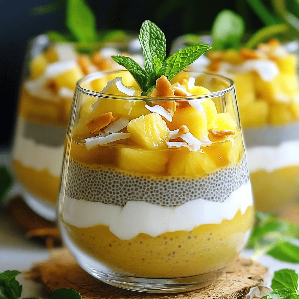 Für den perfekten Ananas-Kokos-Chia-Pudding brauchst du folgende Zutaten: - 1 Tasse Kokosmilch (aus der Dose oder aus Karton) - 1 Tasse frische Ananas, gewürfelt + etwas Extra für die Dekoration - 1/4 Tasse Chiasamen - 2 Esslöffel Ahornsirup oder Honig (nach Belieben für die Süße) - 1 Teelöffel Vanilleextrakt - Eine Prise Salz Diese Zutaten sind einfach zu finden. Kokosmilch sorgt für eine cremige Konsistenz. Ananas bringt eine fruchtige Süße. Chiasamen machen den Pudding dick und nahrhaft. Um deinen Pudding schön zu dekorieren, empfehle ich: - Geröstete Kokosflocken - Frische Minzblätter Die gerösteten Kokosflocken fügen einen tollen Crunch hinzu. Minzblätter geben einen frischen Geschmack und sehen hübsch aus. Achte beim Einkauf auf die Qualität der Zutaten: - Kokosmilch: Wähle eine Marke ohne Zusatzstoffe. Die Milch sollte dick und cremig sein. - Ananas: Frisch ist am besten. Sie sollte reif und süß sein. Vermeide Dosenananas mit Zucker. - Chiasamen: Diese sollten frisch und ohne Klumpen sein. Sie müssen gut quellen. - Ahornsirup oder Honig: Nimm reinen, natürlichen Sirup. Er sollte keine Zusatzstoffe haben. Diese Qualitätsmerkmale sorgen dafür, dass dein Pudding lecker und gesund wird. Wenn du mehr über die Zubereitung erfahren möchtest, schau dir das Full Recipe an. Zuerst mache ich die Puddingbasis. Ich gebe die Kokosmilch, die gewürfelte Ananas, Ahornsirup, Vanilleextrakt und eine Prise Salz in den Mixer. Danach mixe ich alles gut, bis es cremig und glatt ist. Dies sorgt für einen tollen Geschmack. Jetzt nehme ich eine Rührschüssel. Ich vermenge die pürierte Mischung mit den Chiasamen. Es ist wichtig, dass keine Klumpen entstehen. Ich rühre alles gut um, bis die Chiasamen gleichmäßig verteilt sind. Ich decke die Schüssel ab und stelle sie für mindestens 4 Stunden oder über Nacht in den Kühlschrank. So quellen die Chiasamen und der Pudding wird dick. Wenn der Pudding fertig ist, rühre ich ihn erneut um. Ist er zu dick, füge ich einfach mehr Kokosmilch hinzu. Dann kann ich ihn in Schalen füllen und dekorieren. Für die Garnierung verwende ich die restliche Ananas, Kokosflocken und frische Minze. Das macht das Gericht noch schöner. Für das vollständige Rezept, siehe [Full Recipe]. Ein häufiger Fehler ist die falsche Mischung der Zutaten. Wenn Sie die Chiasamen nicht gut einrühren, können Klumpen entstehen. Achten Sie darauf, dass alles gut vermischt ist. Ein weiterer Fehler ist die Kühlzeit. Lassen Sie den Pudding nicht weniger als vier Stunden im Kühlschrank. So quellen die Chiasamen richtig und die Konsistenz wird perfekt. Die Süße ist wichtig. Sie können die Menge von Ahornsirup oder Honig anpassen. Wenn Sie es süßer mögen, fügen Sie einfach mehr hinzu. Für mehr Geschmack können Sie Vanilleextrakt und etwas Zimt probieren. Zimt gibt dem Pudding eine warme Note, die gut zu Ananas passt. Experimentieren Sie mit verschiedenen Früchten, um neue Aromen zu entdecken. Die Präsentation macht viel aus. Verwenden Sie klare Gläser, damit die Schichten gut sichtbar sind. Fügen Sie obenauf gewürfelte Ananas, geröstete Kokosflocken und frische Minzblätter hinzu. Das sieht nicht nur gut aus, sondern schmeckt auch frisch. Servieren Sie den Pudding kalt, um das fruchtige Aroma zu betonen. Für den vollständigen Rezeptablauf schauen Sie sich die Full Recipe an. {{image_4}} Wenn Sie Allergien haben, gibt es gute Alternativen. Zum Beispiel können Sie Reis- oder Mandelnmilch nutzen, wenn Sie keine Kokosmilch mögen. Ananas lässt sich durch Mango oder Pfirsiche ersetzen. Diese Früchte bringen auch einen tollen Geschmack. Achten Sie darauf, dass alle Zutaten frei von Allergenen sind. Es gibt viele leckere Fruchtvariationen, die Spaß machen. Fügen Sie Beeren wie Erdbeeren oder Blaubeeren hinzu. Diese Früchte bringen Farbe und Frische. Auch Kiwi kann dem Pudding eine schöne Säure geben. Experimentieren Sie mit verschiedenen Kombinationen, um Ihren perfekten Pudding zu finden. Wenn Sie weniger Zucker wollen, probieren Sie andere Süßungsmittel. Stevia oder Kokosblütenzucker sind gute Optionen. Diese Süßstoffe passen gut zu den tropischen Aromen. Sie können auch frische Datteln pürieren, um eine natürliche Süße zu erhalten. So bleibt der Pudding gesund und lecker. Für das vollständige Rezept schauen Sie sich die [Full Recipe] an. Um deinen Ananas-Kokos-Chia-Pudding frisch zu halten, lege ihn in den Kühlschrank. Du kannst ihn in einem luftdichten Behälter aufbewahren. So bleibt er für bis zu fünf Tage lecker. Stelle sicher, dass der Behälter gut verschlossen ist. Das schützt den Pudding vor anderen Gerüchen im Kühlschrank. Um die Haltbarkeit zu verlängern, achte auf die Zutaten. Frische Ananas hält sich nicht lange. Wenn du Dosenananas verwendest, bleibt der Pudding länger gut. Achte auch darauf, keine zu großen Mengen zu machen, die du nicht sofort essen kannst. Bei Bedarf kannst du die Portionen anpassen. So bleibt der Pudding immer frisch und lecker. Du kannst den Pudding einfrieren, um ihn länger haltbar zu machen. Fülle ihn in gefrierfeste Behälter oder Eiswürfelformen. Achte darauf, etwas Platz zu lassen, da der Pudding beim Frieren expandiert. Zum Auftauen stelle den Pudding einfach in den Kühlschrank. Lass ihn langsam auftauen, um die beste Konsistenz zu erhalten. Du kannst Ananas-Kokos-Chia-Pudding bis zu fünf Tage im Kühlschrank lagern. Stelle sicher, dass du ihn in einem luftdichten Behälter aufbewahrst. Der Pudding bleibt frisch und lecker, solange du ihn gut abdeckst. Wenn du die Textur nach ein paar Tagen änderst, rühre einfach gut um, bevor du ihn isst. Ja, dieser Pudding ist bereits vegan! Die Hauptzutaten, wie Kokosmilch und Chiasamen, sind pflanzlich. Wenn du den Pudding süßen möchtest, kannst du Ahornsirup verwenden. Er ist eine großartige vegane Alternative zu Honig. Der Pudding bleibt auch ohne tierische Produkte cremig und köstlich. Die Konsistenz deines Puddings kannst du einfach anpassen. Wenn du einen dickeren Pudding magst, lasse ihn länger im Kühlschrank. Wenn du ihn flüssiger möchtest, füge etwas mehr Kokosmilch hinzu. Mische alles gut, damit die Zutaten sich gut verbinden. So kannst du die perfekte Textur für deinen Ananas-Kokos-Chia-Pudding finden. Ananas-Kokos-Chia-Pudding ist einfach und lecker. Wir haben die Hauptzutaten und deren Qualität besprochen. Die Schritt-für-Schritt-Anleitung macht die Zubereitung leicht. Mit Tipps und Tricks vermeidest du Fehler und kannst den Pudding kreativ anpassen. Auch Variationen und Aufbewahrungshinweise helfen dir, immer das Beste daraus zu machen. Genieße diesen gesunden Snack und experimentiere mit neuen Ideen. Dein persönlicher Pudding kann viele Formen annehmen.