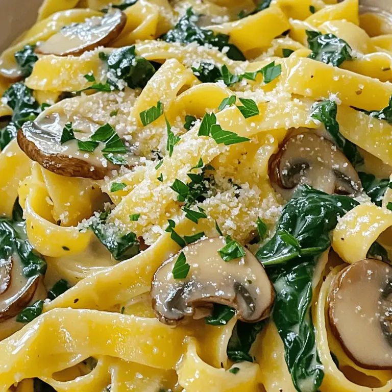 - 300g Pasta (Fettuccine oder Penne) - 300g gemischte Pilze (Cremini und Shiitake) - 200g frischer Spinat Die Hauptzutaten sind wichtig für den Geschmack. Die Pasta gibt einen guten Biss. Die Pilze bringen einen erdigen, herzhaften Geschmack. Frischer Spinat sorgt für Farbe und Nährstoffe. - 2 Esslöffel Olivenöl - Salz und Pfeffer nach Geschmack Olivenöl bringt gesunde Fette. Es hilft, die Aromen der anderen Zutaten zu verbinden. Salz und Pfeffer sind wichtig für die Würze. Sie heben den Geschmack der anderen Zutaten hervor. - 1 Tasse Sahne oder Kokoscreme - ½ Tasse geriebener Parmesan oder Hefeflocken - 1 mittlere Zwiebel, fein gehackt - 3 Knoblauchzehen, zerdrückt - Frische Petersilie zum Garnieren Die Sahne oder Kokoscreme gibt der Pasta eine cremige Textur. Parmesan oder Hefeflocken fügen zusätzlichen Geschmack hinzu. Zwiebel und Knoblauch bringen aromatische Noten. Frische Petersilie ist ein schöner Farb- und Geschmacksakzent. Für das vollständige Rezept, schau dir die herzhaften Pilz- und Spinatpasta an. Kochen Sie die Pasta zuerst. Nutzen Sie Fettuccine oder Penne. Kochen Sie die Pasta in einem großen Topf mit gesalzenem Wasser. Die Pasta sollte al dente sein. Bewahren Sie eine Tasse des Nudelwassers auf, bevor Sie abgießen. Das Wasser hilft später bei der Sauce. Erhitzen Sie Olivenöl in einer großen Pfanne. Fügen Sie die fein gehackte Zwiebel hinzu. Dünsten Sie sie, bis sie weich und durchsichtig ist. Das dauert etwa fünf Minuten. Dann geben Sie den zerdrückten Knoblauch dazu. Braten Sie ihn für ein bis zwei Minuten. Der Duft sollte jetzt Ihre Küche füllen. Jetzt kommen die Pilze. Geben Sie die in Scheiben geschnittenen Pilze in die Pfanne. Braten Sie sie, bis sie gut gebräunt sind. Das dauert etwa acht bis zehn Minuten. Die Pilze geben viel Geschmack ab. Nun fügen Sie den frischen Spinat hinzu. Kochen Sie ihn, bis er verwelkt ist, etwa zwei bis drei Minuten. Senken Sie dann die Hitze und gießen Sie die Sahne hinein. Rühren Sie vorsichtig, damit die Sauce gut vermischt ist. Lassen Sie die Sauce zwei bis drei Minuten köcheln. Jetzt fügen Sie den geriebenen Parmesan hinzu. Rühren Sie gut, bis er schmilzt. Wenn die Sauce zu dick ist, geben Sie etwas vom Nudelwasser hinzu. So erreichen Sie die gewünschte Cremigkeit. Vermengen Sie die gekochte Pasta mit der Sauce. Rühren Sie gut um, damit die Pasta gleichmäßig beschichtet ist. Schmecken Sie das Gericht mit Salz und Pfeffer ab. Für die Präsentation servieren Sie die Pasta in tiefen Schalen. Garnieren Sie mit frischer Petersilie und zusätzlichem Parmesan. Ein Spritzer Olivenöl gibt einen schönen Glanz. Genießen Sie Ihre cremige Bacon Mushroom Pasta! - Tipps zur Auswahl frischer Zutaten: Wählen Sie die besten Zutaten für Ihre Pasta. Suchen Sie nach festem Gemüse ohne Flecken. Frische Pilze sollten fest und trocken sein. Kaufen Sie Zwiebeln, die keine braunen Stellen haben. Achten Sie auf frischen Spinat, der knackig und grün ist. - Richtiges Timing beim Kochen der Pasta: Kochen Sie die Pasta, während Sie die Sauce zubereiten. So bleibt die Pasta heiß und frisch. Kochen Sie die Pasta nur bis sie al dente ist. Dies gibt der Pasta einen guten Biss und vermeidet ein matschiges Gericht. - Verwendung von verschiedenen Pilzsorten: Experimentieren Sie mit verschiedenen Pilzen. Shiitake, Pfifferlinge oder Portobello bringen neue Aromen. Mischen Sie Pilze für einen reichhaltigen Geschmack. - Möglichkeiten für vegetarische oder vegane Alternativen: Ersetzen Sie die Sahne durch Kokoscreme oder Cashewcreme. Verwenden Sie Hefeflocken anstelle von Parmesan. Fügen Sie Tofu oder Tempeh für zusätzliche Proteine hinzu. - Optionen für scharfe oder würzige Versionen: Fügen Sie eine Prise Chili oder Cayennepfeffer hinzu. Diese Gewürze verleihen der Sauce einen schönen Kick. Experimentieren Sie mit frischen Kräutern wie Basilikum oder Oregano. - Wie man die Sauce fettärmer gestaltet: Nutzen Sie fettarme Sahne oder griechischen Joghurt. Diese Optionen reduzieren die Kalorien, ohne den Geschmack zu verlieren. Für eine leichtere Konsistenz verwenden Sie mehr Gemüsebrühe. Folgen Sie diesen Tipps und Tricks, um Ihre cremige Bacon Mushroom Pasta zu perfektionieren. Sie können auch die [Full Recipe] ausprobieren, um ein köstliches Abendessen zu zaubern. {{image_4}} Du kannst Spinat durch anderes Blattgemüse ersetzen. Probier Grünkohl oder Mangold. Diese geben dem Gericht neue Aromen. Du kannst auch mehr Gemüsesorten hinzufügen. Zucchini oder Paprika passen gut. Sie bringen Farbe und Geschmack in die Pasta. Möchtest du mehr Protein? Füge Hähnchen oder Garnelen hinzu. Beides passt gut zu den Pilzen. Speck ist auch eine tolle Option. Für eine vegane Variante kannst du Tofu oder Kichererbsen verwenden. Diese sind reich an Eiweiß und machen die Pasta sättigender. Wenn du glutenfrei essen möchtest, gibt es viele Optionen. Reisnudeln oder Linsenpasta sind lecker. Du kannst auch andere Nudelformen ausprobieren. Fusilli oder Farfalle bringen einen neuen Twist. Experimentiere mit verschiedenen Sorten, um deinen Favoriten zu finden. Für das vollständige Rezept, schau dir die [Full Recipe] an. Wenn Sie Reste von cremiger Bacon Mushroom Pasta haben, lagern Sie sie in einem luftdichten Behälter. Stellen Sie sicher, dass die Pasta gut abgekühlt ist, bevor Sie sie wegstellen. Dies verhindert, dass sich Kondenswasser bildet. Sie können die Reste bis zu drei Tage im Kühlschrank aufbewahren. Wenn Sie die Pasta länger aufbewahren möchten, frieren Sie sie ein. Teilen Sie die Portionen in kleine Behälter auf. So können Sie nur so viel auftauen, wie Sie brauchen. Gefrorene Portionen halten sich bis zu drei Monate. Um die Pasta wieder aufzuwärmen, nutzen Sie am besten eine Pfanne. Geben Sie etwas Wasser oder Brühe hinzu, um die Sauce cremig zu halten. Erhitzen Sie die Pasta bei mittlerer Hitze und rühren Sie dabei. So vermeiden Sie, dass die Pasta klebrig wird. Eine andere Methode ist die Mikrowelle. Stellen Sie die Pasta in eine mikrowellengeeignete Schüssel. Fügen Sie einen Spritzer Wasser hinzu und decken Sie die Schüssel ab. Erhitzen Sie die Pasta in Intervallen von 30 Sekunden. Rühren Sie zwischendurch um. Achten Sie auf die Frische der Zutaten. Wenn die Pasta einen seltsamen Geruch hat oder die Sauce klumpig wird, ist es Zeit, sie wegzuwerfen. Frische Pilze sollten fest und nicht matschig sein. Im Kühlschrank hält sich die Pasta bis zu drei Tage. Im Gefrierschrank bleibt sie bis zu drei Monate frisch. Achten Sie darauf, das Datum auf den Behältern zu notieren, um die Haltbarkeit zu überprüfen. Die Zubereitung dauert insgesamt etwa 40 Minuten. Die Vorbereitungszeit beträgt 10 Minuten. Das Kochen der Pasta und das Zubereiten der Sauce dauert weitere 30 Minuten. Ein schnelles und einfaches Rezept für ein leckeres Gericht! Ja, Sie können die Sahne weglassen. Stattdessen nutzen Sie Kokoscreme. Diese macht das Gericht leichter. Alternativ können Sie auch eine Mischung aus Brühe und Joghurt verwenden. So bleibt der Geschmack gut, aber weniger fettig. Ja, dieses Gericht lässt sich anpassen. Verwenden Sie glutenfreie Pasta für eine glutenfreie Option. Für vegane Varianten ersetzen Sie die Sahne durch Kokoscreme und den Parmesan durch Hefeflocken. So genießen alle das Gericht. Um den Geschmack zu verbessern, fügen Sie frische Kräuter hinzu. Basilikum oder Thymian passen gut. Auch ein Spritzer Zitrone bringt Frische. Für einen würzigeren Geschmack können Sie etwas Chili oder Paprika verwenden. In diesem Blogbeitrag haben wir die wichtigsten Zutaten für eine cremige Pilz-Pasta besprochen. Du hast gelernt, wie man die Pasta kocht, die Sauce zubereitet und das Gericht perfekt anrichtet. Außerdem habe ich dir Tipps gegeben, um das Rezept nach deinem Geschmack anzupassen. Denke daran, Spaß beim Kochen zu haben und mit den Zutaten zu experimentieren. Eine leckere Mahlzeit wartet auf dich!