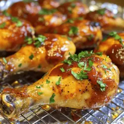 Für die Baked BBQ Chicken Drumsticks brauchst du einige einfache Zutaten. Sie sind leicht zu finden und machen das Gericht lecker. Hier ist die Liste der Hauptzutaten: - 10 Stück Hühnchen-Oberschenkel - 1 Tasse BBQ-Sauce (deine Lieblingsmarke oder selbstgemacht) - 2 Esslöffel Olivenöl - 1 Teelöffel Knoblauchpulver - 1 Teelöffel Zwiebelpulver - 1 Teelöffel geräuchertes Paprikapulver - ½ Teelöffel Cayennepfeffer (optional für mehr Schärfe) - Salz und Pfeffer nach Geschmack - Frische Petersilie, gehackt (zur Garnierung) Diese Zutaten sind wichtig. Sie sorgen für den tollen Geschmack der Hühnchen-Oberschenkel. Du kannst die Hühnchen auch mit Haut verwenden oder die Haut abziehen, je nach Vorliebe. Die Gewürze sind der Schlüssel zu einem köstlichen Gericht. Ich empfehle, die Oberschenkel mit einer Marinade zu würzen. Die Mischung aus Olivenöl, Knoblauchpulver und Zwiebelpulver gibt dem Fleisch einen tollen Geschmack. Du kannst auch kreativ sein. Probiere andere Gewürze aus. Zum Beispiel, füge etwas Honig hinzu für eine süßere Note. Oder nimm frische Kräuter wie Rosmarin oder Thymian. Das macht die Marinade noch besser. Die BBQ-Sauce ist sehr wichtig. Sie gibt den Drumsticks den letzten Schliff. Du kannst eine fertige Sauce verwenden oder deine eigene machen. Eine gute BBQ-Sauce sollte süß, sauer und rauchig sein. Wenn du deine Sauce selbst machen möchtest, mische Ketchup, Apfelessig und Honig. Füge einige Gewürze wie Paprika und Pfeffer hinzu. Das macht sie einzigartig und lecker. Die Sauce kannst du nach dem Backen auf die Hühnchen streichen. So bekommst du eine schöne, klebrige Schicht, die perfekt karamellisiert. Für das volle Rezept, schau dir die [Full Recipe] an. Zuerst heize deinen Ofen auf 220°C (425°F) vor. Nimm ein Backblech und lege es mit Aluminiumfolie aus. Das hilft dir später bei der Reinigung. Setze einen Grillrost auf das Blech. So läuft das Fett ab und das Hähnchen wird knusprig. In einer großen Schüssel mische 2 Esslöffel Olivenöl, 1 Teelöffel Knoblauchpulver, 1 Teelöffel Zwiebelpulver, 1 Teelöffel geräuchertes Paprikapulver, und Salz und Pfeffer. Wenn du es scharf magst, füge ½ Teelöffel Cayennepfeffer hinzu. Rühre die Mischung gut um. Jetzt kommen die Hühnchen-Oberschenkel hinzu. Achte darauf, dass alle Stücke die Marinade gut aufnehmen. Du kannst sie für 30 Minuten bei Raumtemperatur marinieren. Oder lege sie für bis zu 4 Stunden in den Kühlschrank. So wird der Geschmack intensiver. Lege die marinierten Oberschenkel auf den Grillrost. Achte darauf, dass sie genug Platz haben. Backe sie 25 Minuten lang im vorgeheizten Ofen. Nach 25 Minuten nimm die Oberschenkel heraus. Bestreiche sie großzügig mit BBQ-Sauce. Schiebe sie zurück in den Ofen und backe sie weitere 10-15 Minuten. Sie sind fertig, wenn sie eine Innentemperatur von 75°C (165°F) erreichen. Die Sauce sollte schön karamellisiert sein. Nimm die Oberschenkel aus dem Ofen. Lass sie 5 Minuten ruhen. Garniere sie dann mit frischer, gehackter Petersilie. Die Garzeit für BBQ-Hühnchen-Oberschenkel hängt von der Größe ab. Ich backe sie bei 220°C (425°F). Zuerst 25 Minuten backen, dann mit BBQ-Sauce bestreichen. Danach 10-15 Minuten weiter backen. Das Hühnchen ist fertig, wenn es eine Innentemperatur von 75°C (165°F) erreicht. Verwende ein Fleischthermometer für Genauigkeit. Du kannst die BBQ-Sauce ganz nach deinem Geschmack anpassen. Füge mehr Honig für Süße oder einen Spritzer Essig für Säure hinzu. Willst du es schärfer? Dann gib mehr Cayennepfeffer oder eine scharfe Sauce dazu. Experimentiere mit Gewürzen wie Kreuzkümmel oder Senfpulver für eine besondere Note. Ein häufiger Fehler ist, das Hühnchen nicht genug zu marinieren. Lass es mindestens 30 Minuten marinieren, besser länger. Achte darauf, die Oberschenkel nicht zu eng auf das Blech zu legen. So kann die Hitze gleichmäßig zirkulieren. Wenn du die BBQ-Sauce zu früh hinzufügst, wird sie nicht schön karamellisieren. Warte bis zur letzten Backzeit. Für das vollständige Rezept, schau dir den Abschnitt "Full Recipe" an. {{image_4}} Wenn du es gerne scharf magst, füge mehr Cayennepfeffer hinzu. Du kannst auch scharfe BBQ-Sauce verwenden. Diese Variationen bringen einen tollen Kick in dein Gericht. Probiere es aus, wenn du den feurigen Geschmack liebst! Für eine süßere Note mische Honig und Senf. Diese Mischung gibt den Hühnchen-Oberschenkeln einen tollen Glanz und Geschmack. Backe sie wie im Grundrezept. Die Kombination aus süß und herzhaft wird dich begeistern. Wenn du eine vegetarische Option suchst, probiere Tofu oder Seitan. Marinieren sie die gleiche Weise wie das Hähnchen. Für Beilagen bieten sich gegrilltes Gemüse und Kartoffelsalat an. Diese Gerichte ergänzen die BBQ-Aromen perfekt. Für die vollständige Anleitung schaue dir das [Full Recipe] an. Wenn du Reste von Baked BBQ Chicken Drumsticks hast, solltest du sie gut einlagern. Lass das Hühnchen zuerst auf Raumtemperatur abkühlen. Danach packe die Drumsticks in einen luftdichten Behälter. Alternativ kannst du sie in Frischhaltefolie wickeln. So bleiben sie frisch und saftig. Um die Reste wieder aufzuwärmen, heize deinen Ofen auf 180°C (350°F) vor. Lege die Drumsticks auf ein Blech und bedecke sie mit Aluminiumfolie. So trocknen sie nicht aus. Backe sie für etwa 15 bis 20 Minuten, bis sie heiß sind. Du kannst auch die Mikrowelle nutzen, aber der Ofen sorgt für eine bessere Textur. Im Kühlschrank bleiben die Baked BBQ Chicken Drumsticks bis zu vier Tage frisch. Stelle sicher, dass sie gut verpackt sind. Wenn du sie länger aufbewahren möchtest, friere sie ein. Im Gefrierschrank halten sie bis zu drei Monate. Achte darauf, sie in einem gefrierfesten Behälter zu lagern. So hast du immer eine leckere Mahlzeit zur Hand. Du kannst die Hühnchen-Oberschenkel für mindestens 30 Minuten marinieren. Das gibt dem Fleisch Zeit, die Aromen aufzunehmen. Für mehr Geschmack kannst du sie auch bis zu 4 Stunden im Kühlschrank lassen. Je länger sie marinieren, desto besser wird der Geschmack. Ja, du kannst die Hühnchen-Oberschenkel auch grillen. Das Grillen gibt ihnen einen tollen, rauchigen Geschmack. Halte die Hitze beim Grillen moderat, damit sie gleichmäßig garen. Achte darauf, dass du die BBQ-Sauce erst am Ende aufträgst, damit sie nicht verbrennt. Zu BBQ-Hühnchen-Oberschenkeln passen viele Beilagen. Hier sind einige meiner Favoriten: - Klassischer Kartoffelsalat - Gegrilltes Gemüse - Maiskolben - Coleslaw - Reis mit Kräutern Diese Beilagen ergänzen den Geschmack des Hühnchens perfekt. Du kannst auch etwas frisches Brot servieren, um die Sauce aufzusaugen. Zusammenfassend haben wir die besten Zutaten, die Vorbereitung und das Backen von BBQ-Hühnchen-Oberschenkeln besprochen. Wir haben die Marinaden, die richtigen Garzeiten und viele Tipps geteilt. Denke daran, dass du mit den Saucen und Gewürzen variieren kannst. Vermeide häufige Fehler, um perfekte Ergebnisse zu erzielen. Lagerungshinweise helfen dir, Reste gut aufzubewahren. Mit diesen Informationen bereitest du köstliche BBQ-Gerichte, die du und deine Familie lieben werden. Viel Spaß beim Kochen!