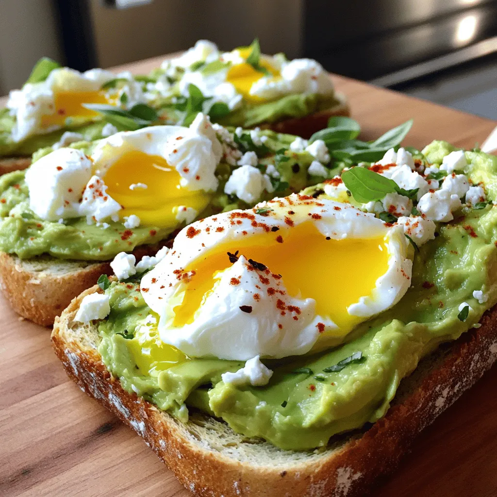- 2 Scheiben Sauerteigbrot - 1 reife Avocado - 2 große Eier - Salz und Pfeffer nach Geschmack - 1 Esslöffel Zitronensaft - 1/2 Teelöffel rote Pfefferflocken - Frische Kräuter (z.B. Basilikum oder Koriander) - Optional: Feta-Käse oder Kirschtomaten Die Zutaten für dein Avocado Toast sind einfach und frisch. Du brauchst zwei Scheiben Sauerteigbrot. Das Brot gibt dem Gericht einen tollen Geschmack. Die Avocado sollte reif sein, damit sie cremig ist. Die Eier sind das Herzstück. Sie geben einen guten Protein-Kick. Salz und Pfeffer bringen den Geschmack hervor. Zitronensaft hilft, die Avocado frisch zu halten. Rote Pfefferflocken geben etwas Schärfe. Für die Garnierung kannst du frische Kräuter verwenden. Diese machen das Gericht bunt und lecker. Du kannst auch Feta-Käse oder Kirschtomaten hinzufügen. Diese sind die perfekten Extras für dein Avocado Toast. Für die vollständige Anleitung kannst du die [Full Recipe] einsehen. - Toasten des Sauerteigbrotes: Beginne mit zwei Scheiben Sauerteigbrot. Lege sie in den Toaster. Röste sie, bis sie goldbraun sind. Das gibt dem Toast eine knusprige Textur. - Vorbereiten und Pürieren der Avocado: Halbiere eine reife Avocado. Entferne den Kern. Scoope das Fruchtfleisch in eine Schüssel. Füge einen Esslöffel Zitronensaft, Salz und Pfeffer hinzu. Püriere die Avocado grob mit einer Gabel. Lass einige Stückchen für die Textur. - Wasser sanft zum Simmern bringen: Fülle einen kleinen Kochtopf mit Wasser. Erhitze es auf mittlerer Stufe, bis es sanft simmert. Optional kannst du einen Schuss Essig hinzufügen. Das hilft den Eiern, ihre Form zu behalten. - Eier vorsichtig ins Wasser gleiten lassen: Schlage jedes Ei in eine kleine Schüssel. Gleite es vorsichtig in das simmernde Wasser. Koche die Eier etwa 3-4 Minuten für ein weiches Eigelb oder länger für ein festeres Eigelb. - Verteilen der Avocado auf dem Toast: Nimm die getoasteten Brotscheiben. Verteile die zerdrückte Avocado gleichmäßig darauf. Achte darauf, dass jeder Bissen gut belegt ist. - Platzieren der Eier auf dem Avocado-Toast: Nimm die pochierten Eier mit einem Schaumlöffel heraus. Platziere sie vorsichtig auf dem Avocado-Toast. Bestreue alles mit roten Pfefferflocken, Salz und Pfeffer nach Geschmack. Füge frische Kräuter oder optional Feta-Käse hinzu für mehr Geschmack. Für die vollständige Anleitung schaue dir das [Full Recipe] an. Um die Avocado perfekt zuzubereiten, beginne mit einer reifen Frucht. Diese sollte leicht auf Druck nachgeben. Schneide die Avocado auf und entferne den Kern. Mit einer Gabel püriere das Fruchtfleisch grob in einer Schüssel. Lass einige Stücke für die Textur. Um die Bräunung der Avocado zu vermeiden, füge sofort nach dem Pürieren einen Esslöffel Zitronensaft hinzu. Der Saft bewahrt die frische grüne Farbe. So bleibt dein Avocado-Toast schön anzusehen. Beim Pochieren der Eier ist Timing wichtig. Koche das Wasser sanft, nicht sprudelnd. Schlage die Eier vorsichtig in kleine Schalen. Lass sie dann nacheinander in das Wasser gleiten. Für ein weiches Eigelb koche die Eier etwa 3-4 Minuten. Für ein festeres Eigelb solltest du sie 5-6 Minuten garen. So findest du den perfekten Geschmack für dein Avocado Toast. Die Präsentation macht einen Unterschied. Verteile die Avocado gleichmäßig auf dem Toast. Lege dann das pochierte Ei darauf. Um das Gericht stilvoll zu garnieren, streue rote Pfefferflocken darüber. Frische Kräuter wie Basilikum oder Koriander sind ebenfalls eine tolle Ergänzung. Optional kannst du auch Feta-Käse oder halbierte Kirschtomaten hinzufügen. So wird dein Avocado Toast zum Hingucker auf jedem Tisch. {{image_4}} Avocado Toast ist sehr vielseitig. Du kannst viele Toppings nutzen, um neue Geschmäcker zu entdecken. - Feta-Käse und Kirschtomaten: Zerbröckelter Feta bringt eine salzige Note. Kirschtomaten fügen Frische hinzu. Diese Kombination macht deinen Toast noch leckerer. - Radieschen und Sprossen: Radieschen geben einen knackigen Biss. Sprossen bringen zusätzlichen Geschmack und Textur. Diese Toppings sind gesund und machen dein Gericht bunt. Wenn du ein veganes Rezept möchtest, gibt es tolle Alternativen. - Ersetzen des Eis durch pflanzliche Alternativen: Nutze Avocado oder einen veganen Aufstrich. Diese Optionen bieten eine cremige Basis ohne Ei. - Zutaten für einen veganen Aufstrich: Mische pürierte Kichererbsen, Zitronensaft und Gewürze. Das ergibt einen schmackhaften Aufstrich für deinen Toast. Gewürze machen dein Gericht besonders. Du kannst mit verschiedenen Kräutern und Gewürzmischungen experimentieren. - Verwendung von verschiedenen Kräutern: Frische Kräuter wie Basilikum oder Koriander passen gut zu Avocado. Sie bringen tolle Aromen. - Experimentieren mit Gewürzmischungen: Probiere Chili oder Knoblauchpulver. Diese Gewürze bringen einen neuen Kick auf deinen Toast. Für mehr Details und eine vollständige Anleitung schaue dir das [Full Recipe] an. Um dein Avocado Toast frisch zu halten, beachte diese Tipps: - Geröstetes Brot: Bewahre geröstetes Brot in einem luftdichten Behälter für bis zu zwei Tage auf. So bleibt es knusprig. - Avocado: Bereite die Avocado im Voraus vor. Halbiere sie und entferne den Kern. Bestreiche die Schnittfläche mit Zitronensaft. So bleibt sie grün. Wie lange sind die Zutaten frisch? Hier einige Hinweise: - Sauerteigbrot: Halte es bis zu einer Woche frisch. Lagere es in einer Papiertüte. - Avocado: Eine reife Avocado hält sich im Kühlschrank für etwa zwei Tage. - Eier: Frische Eier sind bis zu drei Wochen haltbar, wenn sie kühl gelagert werden. Vermeide Lebensmittelverschwendung mit diesen Tipps: - Kauf nur die Menge, die du wirklich brauchst. - Verwende überreife Avocados in Smoothies oder Dips. Wie man Reste aufwärmt, ist einfach: - Toast: Du kannst den Toast im Toaster oder im Ofen kurz aufwärmen. So wird er wieder knusprig. - Avocado: Übrige Avocado kannst du in Salaten oder auf anderen Broten verwenden. Hier sind kreative Wege zur Verwendung: - Eier: Verwende die Reste z. B. in einem Omelett oder Salat. - Zutaten: Füge die Reste in Sandwiches hinzu oder mache einen Aufstrich. Schau dir das [Full Recipe] an, um mehr Ideen zu entdecken! Das Pochieren von Eiern kann schnell gehen. Du brauchst etwa 3 bis 4 Minuten für ein weiches Eigelb. Wenn du ein festeres Eigelb möchtest, koche sie 5 bis 7 Minuten. Die Kochzeit hängt vom Herd und der Wassertemperatur ab. Achte darauf, dass das Wasser nur leicht simmert. So bleibt das Ei in Form und wird perfekt. Ja, du kannst Avocado Toast teilweise im Voraus machen. Toast das Brot und bereite die Avocado vor. Bewahre die Avocado in einem luftdichten Behälter im Kühlschrank auf. Füge etwas Zitronensaft hinzu, um Bräunung zu vermeiden. Mache die Eier frisch, wenn du bereit bist zu essen. So bleibt alles lecker und frisch. Sauerteigbrot ist ideal für Avocado Toast. Es hat einen tollen Geschmack und hält die Avocado gut. Vollkornbrot ist eine gesunde Alternative. Es gibt auch glutenfreies Brot, wenn du glutenfrei essen möchtest. Wähle das Brot, das dir am besten schmeckt. Achte darauf, dass es frisch ist, um das beste Ergebnis zu erzielen. In diesem Blogbeitrag haben wir alles über leckeren Avocado Toast behandelt. Wir haben die Zutaten betrachtet, den Schritt-für-Schritt-Prozess erklärt und Tipps gegeben, um das Gericht perfekt zuzubereiten. Variationen und Aufbewahrungsinformationen helfen dir, kreativ zu sein und Lebensmittelverschwendung zu vermeiden. Genieße das Zubereiten und Anrichten deines Avocado Toast! Erlaube dir, zu experimentieren und neue Geschmackskombinationen zu entdecken.