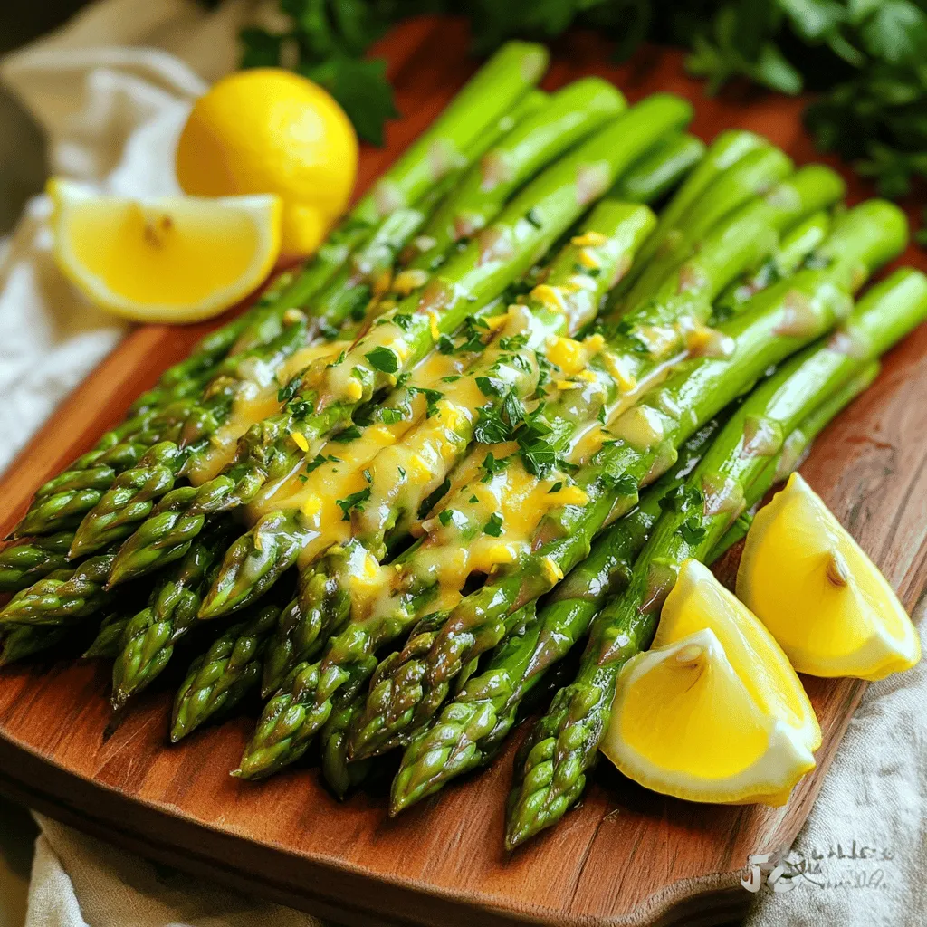 - 450 g frischer Spargel - 55 g ungesalzene Butter - Abgeriebene Schale von 1 Zitrone - 30 ml frisch gepresster Zitronensaft - 2 Knoblauchzehen, fein gehackt - Salz und Pfeffer nach Geschmack - 1/4 Teelöffel rote Pfefferflocken (optional) - Frische Petersilie, gehackt zur Garnitur Lemon Butter Asparagus schmeckt frisch und leicht. Der Spargel ist die Hauptzutat. Ich benutze immer frischen Spargel für den besten Geschmack. Die Butter bringt reichhaltigen Geschmack in das Gericht. Zitronenschale und -saft fügen eine spritzige Frische hinzu. Knoblauch gibt dem Rezept Tiefe und Aroma. Verwende ihn frisch für das beste Ergebnis. Salz und Pfeffer betonen die Aromen. Rote Pfefferflocken bringen eine leichte Schärfe, wenn du das magst. Petersilie ist die perfekte Garnitur. Sie gibt Farbe und einen frischen Geschmack. Für die genaue Zubereitung schaue dir das Full Recipe an. Es führt dich Schritt für Schritt durch den Prozess. Zuerst putzen wir den Spargel. Entfernen Sie die holzigen Enden. Spülen Sie ihn dann gut ab. Jetzt bringen Sie einen großen Topf mit gesalzenem Wasser zum Kochen. Das Wasser sollte sprudelnd kochen, wenn wir den Spargel hinzufügen. Legen Sie den Spargel vorsichtig in das kochende Wasser. Blanchieren Sie ihn für 2-3 Minuten. Der Spargel sollte leuchtend grün und zart, aber noch bissfest sein. Danach nehmen Sie ihn heraus und legen ihn sofort in eine Schüssel mit Eiswasser. Dies stoppt den Garprozess und hält die Farbe. Lassen Sie den Spargel einige Minuten im Eiswasser, dann nehmen Sie ihn heraus und lassen ihn abtropfen. Erhitzen Sie eine große Pfanne bei mittlerer Hitze. Geben Sie die ungesalzene Butter in die Pfanne und lassen Sie sie schmelzen. Wenn die Butter geschmolzen ist, fügen Sie den fein gehackten Knoblauch hinzu. Sautieren Sie ihn für etwa eine Minute. Achten Sie darauf, dass der Knoblauch nicht anbrennt, da er sonst bitter wird. Jetzt kommt der aufregende Teil! Fügen Sie die abgeriebene Zitronenschale und den frisch gepressten Zitronensaft hinzu. Rühren Sie alles gut um, damit sich die Aromen verbinden. Geben Sie dann den blanchierten Spargel in die Pfanne. Wenden Sie ihn in der Zitronen-Butter-Mischung und sautieren Sie ihn für weitere 3-4 Minuten. Schmecken Sie das Gericht mit Salz und Pfeffer ab. Wenn Sie möchten, fügen Sie rote Pfefferflocken hinzu. Das gibt einen kleinen Kick! Nehmen Sie die Pfanne vom Herd und garnieren Sie den Spargel mit frisch gehackter Petersilie. Für das vollständige Rezept schauen Sie sich die [Full Recipe] an. - Tipps für die richtige Kochzeit: Blanchieren Sie den Spargel 2-3 Minuten. Er soll zart, aber bissfest bleiben. Achten Sie darauf, die Zeit genau zu messen. Überkochen macht den Spargel matschig. - Vorgehensweise beim Abschrecken: Nach dem Blanchieren den Spargel sofort in Eiswasser geben. Das stoppt den Kochprozess. Lassen Sie ihn für ein paar Minuten dort, um die schöne grüne Farbe zu bewahren. - Vermeiden von verbranntem Knoblauch: Wenn Sie den Knoblauch in die Pfanne geben, rühren Sie ihn schnell um. Lassen Sie ihn nicht zu lange in der Pfanne. Er kann leicht verbrennen und bitter schmecken. - Die richtige Gewürzmischung verwenden: Verwenden Sie frische Kräuter wie Petersilie. Sie bringen mehr Geschmack. Die rote Pfefferflocken sind optional, aber sie fügen eine angenehme Schärfe hinzu. - Fokussierung auf eine ansprechende Präsentation: Servieren Sie den Spargel auf einer schönen, weißen Platte. Das hebt die Farben hervor. Träufeln Sie die restliche Zitronenbutter darüber. - Essensgarnitur und Beilagenideen: Fügen Sie Zitronenspalten an die Seite. Sie sehen toll aus und bieten zusätzlichen Geschmack. Kombinieren Sie den Spargel mit Reis oder Quinoa für eine vollwertige Mahlzeit. {{image_4}} Um das Gericht noch leckerer zu machen, füge Parmesan oder Feta hinzu. Der salzige Käse passt gut zu den frischen Aromen des Spargels. Du kannst auch verschiedene Kräuter wie Basilikum oder Thymian verwenden. Diese geben dem Gericht eine neue Tiefe und Frische. Wenn du keinen Spargel magst, probiere Brokkoli oder grüne Bohnen. Beide Gemüse haben einen ähnlichen knackigen Biss und nehmen die Aromen gut auf. Zucchini ist auch eine tolle Wahl. Sie gibt dem Gericht eine süße Note und hat eine zarte Textur. Für eine vegane Version kannst du pflanzliche Butter und Zitronensauce verwenden. Es gibt viele gute Alternativen, die den gleichen Geschmack bieten. Du kannst auch weitere Zutaten anpassen, wie Nüsse oder Samen, um mehr Biss zu geben. Diese Optionen machen das Gericht für alle zugänglich und lecker. Für mehr Details und eine vollständige Anleitung, schau dir das Full Recipe an. Gekochten Spargel kannst du einfach aufbewahren. Lass ihn zuerst auf Raumtemperatur abkühlen. Danach lege ihn in einen luftdichten Behälter. Glasbehälter sind eine gute Wahl. Sie halten den Spargel frisch und sind umweltfreundlich. Du kannst auch Kunststoffbehälter verwenden, aber achte darauf, dass sie BPA-frei sind. Im Kühlschrank bleibt dein Spargel etwa 3 bis 5 Tage frisch. Stelle sicher, dass der Behälter gut verschlossen ist. Wenn du das Gericht wiedererwärmen möchtest, benutze eine Pfanne oder die Mikrowelle. In der Pfanne erwärmst du es sanft, damit die Aromen bleiben. In der Mikrowelle kannst du den Spargel in kurzen Intervallen erwärmen. So wird er nicht matschig. Für weitere Ideen und Anleitungen, schau dir [Full Recipe] an. Spargel bleibt bis zu drei Tage im Kühlschrank frisch. Lagern Sie ihn in einem feuchten Tuch oder in Wasser. So bleibt der Spargel knackig. Wenn Sie ihn länger aufbewahren wollen, blanchieren Sie ihn zuerst. Dann können Sie ihn in einem luftdichten Behälter lagern. Ja, gefrorener Spargel ist eine gute Option. Er ist oft frisch gefroren, direkt nach der Ernte. Verwenden Sie ihn in der gleichen Art wie frischen Spargel. Blanchieren ist nicht nötig, da er bereits vorgekocht ist. Kochen Sie ihn einfach in der Zitronen-Butter-Sauce. Das spart Zeit und gibt Ihnen trotzdem einen tollen Geschmack. Zitronen-Butter-Spargel passt gut zu vielen Gerichten. Hier sind einige Ideen: - Gegrilltes Hähnchen - Lachsfilet - Reis oder Quinoa - Kartoffeln in verschiedenen Formen - Ein frischer grüner Salat Diese Kombinationen machen Ihr Essen bunt und lecker. Ja, Zitronen-Butter-Spargel ist gesund. Spargel ist reich an Vitaminen und Ballaststoffen. Er hilft bei der Verdauung und ist kalorienarm. Zitronen bringen Vitamin C und Antioxidantien. Die Butter gibt Geschmack, aber verwenden Sie sie in Maßen. So bleibt das Gericht leicht und nahrhaft. Dieses Rezept für Zitronen-Butter-Spargel vereinfacht die Zubereitung köstlicher Speisen. Du hast frischen Spargel perfekt blanchiert und mit einer aromatischen Sauce vereint. Mit einfachen Gewürzen und Garnituren bringst du Farbe auf den Tisch. Denke an Variationen, um neue Geschmäcker zu entdecken. Lagere Reste richtig, damit sie lange frisch bleiben. Insgesamt ist dieses Gericht gesund und schnell zubereitet. Es ist ideal für Feste oder ein schnelles Mittagessen. Halte den Spargel durch frische Zutaten lebendig und lecker!